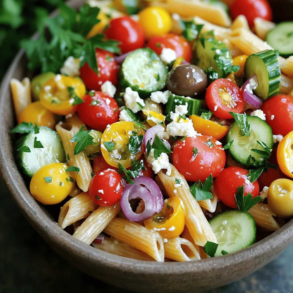 Für den gesunden Greek Pasta Salad brauchst du: - 250 g Vollkornnudeln (Penne oder Fusilli) - 240 ml Kirschtomaten, halbiert - 1 Gurke, gewürfelt - 1 Paprika (rot oder gelb), gewürfelt - 1/2 rote Zwiebel, fein gehackt - 120 g Kalamata-Oliven, entsteint und in Scheiben geschnitten - 120 g Feta-Käse, zerbröselt - 60 g frische Petersilie, gehackt - 60 ml Olivenöl - 30 ml Zitronensaft - 1 Teelöffel getrockneter Oregano - Salz und Pfeffer nach Geschmack Ich wähle immer frische und gesunde Zutaten. Vollkornnudeln sind eine tolle Wahl. Sie sind reich an Ballaststoffen. Das hilft deiner Verdauung und gibt dir Energie. Kirschtomaten bringen Süße und Saftigkeit. Gurken und Paprika fügen Frische und Knackigkeit hinzu. Rote Zwiebeln geben einen tollen Geschmack. Kalamata-Oliven sind nicht nur lecker, sie sind auch gut für dein Herz. Der Feta-Käse liefert Protein und einen salzigen Geschmack. Petersilie macht den Salat bunt und gesund. Olivenöl und Zitronensaft sorgen für ein leckeres Dressing. Oregano bringt das mediterrane Flair. Die besten Zutaten kommen oft aus der Region. Im Sommer findest du viele frische Tomaten und Gurken. Im Frühling sind die ersten Paprika verfügbar. Nutze saisonale Produkte für mehr Geschmack und Nährstoffe. Wenn du im Winter kochst, wähle gut gelagerte Zutaten. Frische Kräuter wie Petersilie sind das ganze Jahr über erhältlich. Für das beste Ergebnis, wähle die frischesten Zutaten. Es macht den Salat nicht nur gesund, sondern auch farbenfroh und einladend. Du wirst es lieben, diesen gesunden Greek Pasta Salad zuzubereiten. Probiere das Rezept für mehr Freude beim Kochen! Um die beste Pasta für deinen Salat zu machen, bringe gesalzenes Wasser in einem großen Topf zum Kochen. Füge 250 g Vollkornnudeln hinzu. Koche sie gemäß den Anweisungen auf der Verpackung bis sie „al dente“ sind. Nach dem Abgießen spüle die Nudeln unter kaltem Wasser ab. So bleibt die Pasta frisch und kühl für deinen Salat. Während die Pasta kocht, bereite das Gemüse vor. In einer großen Schüssel mische 240 ml halbierte Kirschtomaten, eine gewürfelte Gurke, eine gewürfelte Paprika und 1/2 fein gehackte rote Zwiebel. Füge auch 120 g geschnittene Kalamata-Oliven hinzu. Diese frischen Zutaten bringen Farbe und Geschmack in den Salat. Jetzt kommt der spannende Teil – das Dressing! In einer kleinen Schüssel vermische 60 ml Olivenöl, 30 ml Zitronensaft, einen Teelöffel getrockneten Oregano sowie Salz und Pfeffer nach Geschmack. Rühre alles gut um, bis es gut kombiniert ist. Das Dressing ist das Geheimnis für einen schmackhaften Salat. Wenn die Pasta abgekühlt ist, füge sie zu deinem Gemüse in die große Schüssel hinzu. Gieße das Dressing gleichmäßig darüber. Mische alles vorsichtig, damit die Pasta und das Gemüse gut vermengt sind. Achte darauf, dass das Dressing nicht zu schnell abläuft. Der letzte Schritt ist der Feta-Käse und die Petersilie. Brösele 120 g Feta-Käse über den Salat. Füge auch 60 g gehackte frische Petersilie hinzu. Mische alles behutsam, so dass der Feta nicht zerdrückt wird. Diese Zutaten geben deinem Salat einen tollen Geschmack und eine schöne Textur. Lass den Salat mindestens 30 Minuten im Kühlschrank. So können sich die Aromen entfalten. Vor dem Servieren rühre den Salat nochmals gut um. Du kannst ihn in einer großen Schüssel oder in einzelnen Portionen servieren. Garniere ihn mit zusätzlicher Petersilie und ein paar ganzen Oliven für das perfekte Finish. Für das volle Rezept schau dir bitte den Abschnitt "Full Recipe" an. Um den perfekten Biss zu erhalten, koche die Vollkornnudeln „al dente“. Das bedeutet, sie sind weich, aber innen noch fest. Achte darauf, die Nudeln nach dem Kochen sofort abzuspülen. So stoppt die Garzeit und sie kleben nicht. Verwende viel Wasser und füge Salz hinzu. Das gibt mehr Geschmack. Du kannst dem Salat viele leckere Zutaten hinzufügen. Füge Avocado für Cremigkeit hinzu. Auch getrocknete Tomaten geben einen tollen Geschmack. Ein Spritzer Balsamico kann den Geschmack verstärken. Experimentiere mit frischen Kräutern wie Basilikum oder Dill. So wird der Salat noch frischer und bunter. Präsentiere den Salat in einer großen Schüssel. Das sieht einladend aus und jeder kann sich bedienen. Du kannst den Salat auch in Gläsern anrichten. Das ist eine schöne Einzelportion. Garniere mit extra Petersilie und ganzen Oliven. Das macht den Salat dekorativ und appetitlich. Wenn du mehr Ideen brauchst, schau dir das Full Recipe an. {{image_4}} Um den gesunden Greek Pasta Salad noch nahrhafter zu machen, füge proteinreiche Zutaten hinzu. Hähnchenbrust ist eine großartige Wahl. Gegrilltes Hähnchen passt gut zu den Aromen. Du kannst auch Thunfisch verwenden, der viel Omega-3 bietet. Für Vegetarier sind Kichererbsen eine gute Option. Sie sind nahrhaft und fügen eine schöne Textur hinzu. Auch Quinoa ist eine tolle Ergänzung. Sie bringt nicht nur Protein, sondern auch Ballaststoffe. Wenn du eine vegane Variante möchtest, ersetze den Feta durch veganen Käse. Es gibt viele tolle Produkte im Handel. Du kannst auch Avocado verwenden, um Cremigkeit zu erreichen. Statt Olivenöl kannst du ein gutes pflanzliches Öl wählen. Um den Salat würziger zu machen, füge mehr Zitronensaft hinzu. So bleibt der frische Geschmack erhalten, und er wird noch leckerer. Um den Salat glutenfrei zu machen, wähle glutenfreie Pasta. Viele Marken bieten gute Alternativen an. Achte darauf, dass die Zutaten auch glutenfrei sind. Verwende frisches Gemüse, das immer sicher ist. So bleibt der Salat gesund und schmackhaft. Du kannst auch Buchweizennudeln verwenden. Diese sind nahrhaft und bieten einen einzigartigen Geschmack. Für die vollständigen Anweisungen und Details, schau dir das Full Recipe an. Um den gesunden Greek Pasta Salad frisch zu halten, bewahre ihn in einem luftdichten Behälter auf. So bleibt der Salat knackig und die Aromen erhalten. Du kannst auch Frischhaltefolie verwenden, um den Salat abzudecken. Stelle den Salat immer in den Kühlschrank, um ihn kühl zu halten. Der Pasta-Salat hält sich im Kühlschrank etwa drei bis fünf Tage. Achte darauf, ihn vor dem Servieren gut durchzumischen. Falls du den Salat länger aufbewahren möchtest, schau auf die frischen Zutaten. Wenn sie nicht mehr frisch sind, solltest du den Salat besser entsorgen. Ich empfehle nicht, den Pasta-Salat einzufrieren. Die Konsistenz von Gemüse und Feta verändert sich beim Einfrieren. Wenn du Reste hast, genieße sie lieber frisch. Für eine andere Verwendung kannst du die Pasta separat einfrieren und später mit frischem Gemüse und Dressing kombinieren. So bleibt der Salat lecker und frisch. Du kannst den Healthy Greek Pasta Salad bis zu drei Tage im Kühlschrank aufbewahren. Achte darauf, ihn in einem luftdichten Behälter zu lagern. So bleibt er frisch. Nach ein paar Tagen kann der Salat jedoch weicher werden. Der Geschmack bleibt aber in der Regel gut. Ja, du kannst andere Gemüsesorten verwenden. Zucchini, Karotten oder sogar Brokkoli passen gut dazu. Sei kreativ mit dem Gemüse. Das Rezept ist flexibel und erlaubt viele Variationen. Du kannst auch saisonales Gemüse hinzufügen, das du magst. Ja, das Rezept lässt sich einfach anpassen. Wenn du eine Allergie gegen Feta hast, kannst du ihn durch einen veganen Käse ersetzen. Für Glutenempfindlichkeit nimm glutenfreie Pasta. Achte darauf, die Zutaten zu prüfen, um sicherzustellen, dass sie zu deinen Bedürfnissen passen. Du kannst den Salat bis zu einen Tag im Voraus zubereiten. Koche die Pasta und bereite das Gemüse vor. Mische alles, aber füge das Dressing erst kurz vor dem Servieren hinzu. So bleibt der Salat frisch und knackig. Vor dem Servieren einfach gut umrühren. Wenn du mehr Details brauchst, schau dir das [Full Recipe] an. In diesem Artikel haben wir die besten Zutaten für den Healthy Greek Pasta Salad betrachtet. Wir haben auch eine klare Schritt-für-Schritt-Anleitung gegeben, um ihn zuzubereiten. Tipps für die perfekte Pasta und leckere Varianten runden das Ganze ab. Es war wichtig, einige Lagerungshinweise zu teilen, damit Ihr Salat frisch bleibt. Denkt daran, dass dieser Salat nicht nur lecker ist, sondern auch gesund. Probiert die Variationen aus und passt das Rezept an eure Vorlieben an. Guten Appetit!