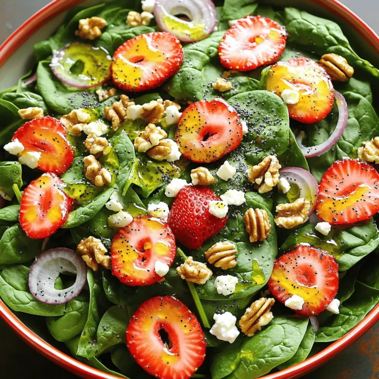 Für diesen frischen Erdbeer-Spinat-Poppysalat benötigst du einige einfache, aber leckere Zutaten. Hier sind die Hauptzutaten: - 6 Tassen frische Spinatblätter, gewaschen und getrocknet - 2 Tassen Erdbeeren, entstielt und in Scheiben geschnitten - 1/2 Tasse Feta-Käse, zerbröckelt - 1/2 Tasse Walnüsse, geröstet und grob gehackt - 1/4 Tasse rote Zwiebel, dünn geschnitten - 1 Esslöffel Mohnsamen Diese Zutaten geben dem Salat eine perfekte Mischung aus Frische und Geschmack. Der Spinat ist die Basis, während die Erdbeeren süß und saftig sind. Die Walnüsse fügen Crunch hinzu, und der Feta bringt eine salzige Note. Das Dressing ist der Schlüssel zu diesem Salat. Du brauchst: - 1/4 Tasse Olivenöl - 3 Esslöffel Apfelessig - 2 Esslöffel Honig - Salz und Pfeffer nach Geschmack Dieses Dressing ist einfach und lecker. Es verbindet die Aromen gut. Der Apfelessig sorgt für eine angenehme Säure, die die Süße der Erdbeeren ausgleicht. Zusätzlich kannst du einige Werkzeuge verwenden, um die Zubereitung einfacher zu machen. Hier sind einige nützliche Dinge: - Eine große Salatschüssel zum Mischen - Ein scharfes Messer zum Schneiden der Erdbeeren und Zwiebeln - Eine kleine Schüssel für das Dressing Mit diesen Zutaten und dem Zubehör kannst du einen tollen Erdbeer-Spinat-Poppysalat zubereiten. Wenn du mehr über die Zubereitung erfahren möchtest, schau dir die [Full Recipe] an! Zuerst wasche die frischen Spinatblätter gut. Achte darauf, dass sie trocken sind. Matschige Blätter machen den Salat unangenehm. Schneide die Erdbeeren in schöne Scheiben. Du brauchst etwa zwei Tassen. Das gibt dem Salat eine süße Note. Krümel den Feta-Käse in einer Schüssel. Die Walnüsse kannst du grob hacken und rösten. Das schafft einen tollen Crunch. Schließlich schneide die rote Zwiebel dünn. Sie gibt dem Salat eine scharfe Note. Für das Dressing nimm eine kleine Schüssel. Mische das Olivenöl mit Apfelessig und Honig. Füge dann Salz und Pfeffer hinzu. Rühre alles gut um. Du willst eine glatte Mischung. Das Dressing sollte frisch und lebendig schmecken. Es wird den Salat wunderbar abrunden. Jetzt ist es Zeit, alles zusammenzubringen. Gib die Spinatblätter in eine große Schüssel. Lege die Erdbeeren gleichmäßig darüber. Streue den Feta-Käse und die Walnüsse hinein. Füge die rote Zwiebel hinzu. Gieße das Dressing gleichmäßig über den Salat. Streue die Mohnsamen oben drauf. Mische alles vorsichtig. So bleiben die Blätter ganz. Serviere deinen Erdbeer-Spinat-Poppysalat frisch und lecker. Du kannst die [Full Recipe] für detaillierte Anweisungen nutzen. Um den Erdbeer-Spinat-Poppysalat perfekt zuzubereiten, achte auf die Frische der Zutaten. Frische Spinatblätter sind wichtig. Sie sollten knackig und grün sein. Wasche die Blätter gut, um Schmutz zu entfernen. Trockne sie anschließend gründlich. So bleibt der Salat frisch und knackig. Die Erdbeeren müssen reif und süß sein. Schneide sie in gleichmäßige Scheiben. Das macht den Salat ansprechend. Du kannst den Salat nach deinem Geschmack anpassen. Wenn du keinen Feta magst, probiere Ziegenkäse oder gar keinen Käse. Walnüsse kannst du durch Mandeln oder Pecannüsse ersetzen. Für einen fruchtigeren Geschmack füge weitere Beeren wie Himbeeren oder Blaubeeren hinzu. Wenn du es schärfer magst, kannst du mehr rote Zwiebel verwenden. Sei kreativ und finde deine perfekte Mischung. Serviere den Salat kalt, um die Aromen hervorzuheben. Eine große Schüssel ist ideal für das Teilen. Du kannst auch individuelle Teller verwenden. Garniere den Salat mit ganzen Erdbeeren und einer Prise Mohnsamen. Das sieht nicht nur gut aus, sondern macht den Salat auch besonders. Er kann als Beilage oder Hauptgericht serviert werden. Wenn du Gäste hast, wird dieser Salat sicher Eindruck machen. Für das gesamte Rezept schau dir die [Full Recipe] an. {{image_4}} Du kannst viele Früchte in diesen Salat einfügen. Heidelbeeren und Himbeeren passen gut. Sie fügen eine süße Note hinzu. Auch Kiwi oder Mango bringen frische Farben und Aromen. Verwende, was du magst oder was in der Saison ist. Das macht den Salat immer neu und spannend. Wenn du eine vegane Option möchtest, lasse den Feta-Käse weg. Ersetze den Honig durch Ahornsirup oder Agavendicksaft. Diese Alternativen geben die nötige Süße, ohne tierische Produkte zu verwenden. Du kannst auch geröstete Kichererbsen für mehr Proteine hinzufügen. So bleibt der Salat nahrhaft und lecker. Manche Menschen haben Nussallergien. In diesem Fall kannst du die Walnüsse weglassen. Ersetze sie durch Sonnenblumenkerne oder Kürbiskerne. Diese sind knusprig und gesund. Sie geben dem Salat eine schöne Textur. Du kannst auch geröstete Reiscrispies verwenden, um das Crunch-Gefühl zu erhalten. Für das vollständige Rezept schau dir die detaillierte Anleitung an. Um den Erdbeer-Spinat-Poppysalat frisch zu halten, lagere ihn in einem luftdichten Behälter. So bleibt die Frische der Zutaten erhalten. Lege den Salat nicht mit dem Dressing zusammen. Dressing kann den Salat schnell matschig machen. Bewahre das Dressing in einem separaten Behälter auf. Achte darauf, die Zutaten frisch zu wählen. Wähle knackige Spinatblätter und saftige Erdbeeren. Vermeide welke Blätter oder überreife Früchte. Die Zwiebeln sollten fest und ohne Flecken sein. Feta-Käse muss kühl und trocken gelagert werden. Walnüsse bleiben am besten in einem dunklen, kühlen Ort. Die ideale Temperatur für die Lagerung liegt bei 4 Grad Celsius. Lagere den Salat im Kühlschrank. So bleibt er frisch und lecker. Achte darauf, den Behälter gut zu verschließen. Halte den Salat nicht länger als drei Tage. So schmeckt er am besten. Für mehr Details, sieh dir das [Full Recipe] an. Um den Erdbeer-Spinat-Poppysalat zu machen, beginne mit frischen Spinatblättern. Wasche sie gut und trockne sie ab. Lege die Spinatblätter in eine große Schüssel. Schneide die Erdbeeren in Scheiben und verteile sie gleichmäßig über den Spinat. Füge dann zerbröckelten Feta-Käse und grob gehackte Walnüsse hinzu. Dünn geschnittene rote Zwiebel bringt einen feinen Geschmack. Das Dressing ist einfach: Mische Olivenöl, Apfelessig, Honig, Salz und Pfeffer. Gieße das Dressing über den Salat und streue Mohnsamen darüber. Mische alles vorsichtig, damit die Blätter ganz bleiben. Du findest das vollständige Rezept im [Full Recipe]. Ja, du kannst das Dressing im Voraus machen. Bereite es einfach in einer kleinen Schüssel vor. Lagere es in einem verschlossenen Behälter im Kühlschrank. So bleibt es frisch und gut. Vor dem Servieren solltest du das Dressing gut schütteln. Das sorgt dafür, dass es schön cremig ist. Der Erdbeer-Spinat-Poppysalat hält sich im Kühlschrank etwa 1 bis 2 Tage. Die Zutaten bleiben frisch, wenn du das Dressing getrennt lagerst. Mische das Dressing erst kurz vor dem Servieren in den Salat. So bleibt der Spinat knackig und die Erdbeeren saftig. Erdbeer-Spinat-Poppysalat ist leicht und frisch. Wir haben die Zutaten, das Dressing und die Zubereitung besprochen. Tipps helfen beim perfekten Salat. Variationen zeigen, wie du ihn anpassen kannst. Auch die Lagerung ist wichtig, damit der Salat frisch bleibt. Denke daran, dein Dressing vorher zu machen und die Zutaten frisch zu halten. Probiere die Tipps aus und genieße deinen Salat optimal!