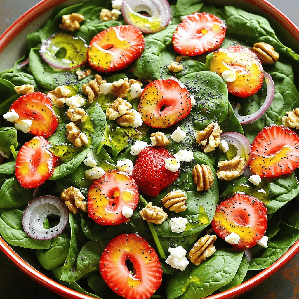 Für diesen frischen Erdbeer-Spinat-Poppysalat benötigst du einige einfache, aber leckere Zutaten. Hier sind die Hauptzutaten: - 6 Tassen frische Spinatblätter, gewaschen und getrocknet - 2 Tassen Erdbeeren, entstielt und in Scheiben geschnitten - 1/2 Tasse Feta-Käse, zerbröckelt - 1/2 Tasse Walnüsse, geröstet und grob gehackt - 1/4 Tasse rote Zwiebel, dünn geschnitten - 1 Esslöffel Mohnsamen Diese Zutaten geben dem Salat eine perfekte Mischung aus Frische und Geschmack. Der Spinat ist die Basis, während die Erdbeeren süß und saftig sind. Die Walnüsse fügen Crunch hinzu, und der Feta bringt eine salzige Note. Das Dressing ist der Schlüssel zu diesem Salat. Du brauchst: - 1/4 Tasse Olivenöl - 3 Esslöffel Apfelessig - 2 Esslöffel Honig - Salz und Pfeffer nach Geschmack Dieses Dressing ist einfach und lecker. Es verbindet die Aromen gut. Der Apfelessig sorgt für eine angenehme Säure, die die Süße der Erdbeeren ausgleicht. Zusätzlich kannst du einige Werkzeuge verwenden, um die Zubereitung einfacher zu machen. Hier sind einige nützliche Dinge: - Eine große Salatschüssel zum Mischen - Ein scharfes Messer zum Schneiden der Erdbeeren und Zwiebeln - Eine kleine Schüssel für das Dressing Mit diesen Zutaten und dem Zubehör kannst du einen tollen Erdbeer-Spinat-Poppysalat zubereiten. Wenn du mehr über die Zubereitung erfahren möchtest, schau dir die [Full Recipe] an! Zuerst wasche die frischen Spinatblätter gut. Achte darauf, dass sie trocken sind. Matschige Blätter machen den Salat unangenehm. Schneide die Erdbeeren in schöne Scheiben. Du brauchst etwa zwei Tassen. Das gibt dem Salat eine süße Note. Krümel den Feta-Käse in einer Schüssel. Die Walnüsse kannst du grob hacken und rösten. Das schafft einen tollen Crunch. Schließlich schneide die rote Zwiebel dünn. Sie gibt dem Salat eine scharfe Note. Für das Dressing nimm eine kleine Schüssel. Mische das Olivenöl mit Apfelessig und Honig. Füge dann Salz und Pfeffer hinzu. Rühre alles gut um. Du willst eine glatte Mischung. Das Dressing sollte frisch und lebendig schmecken. Es wird den Salat wunderbar abrunden. Jetzt ist es Zeit, alles zusammenzubringen. Gib die Spinatblätter in eine große Schüssel. Lege die Erdbeeren gleichmäßig darüber. Streue den Feta-Käse und die Walnüsse hinein. Füge die rote Zwiebel hinzu. Gieße das Dressing gleichmäßig über den Salat. Streue die Mohnsamen oben drauf. Mische alles vorsichtig. So bleiben die Blätter ganz. Serviere deinen Erdbeer-Spinat-Poppysalat frisch und lecker. Du kannst die [Full Recipe] für detaillierte Anweisungen nutzen. Um den Erdbeer-Spinat-Poppysalat perfekt zuzubereiten, achte auf die Frische der Zutaten. Frische Spinatblätter sind wichtig. Sie sollten knackig und grün sein. Wasche die Blätter gut, um Schmutz zu entfernen. Trockne sie anschließend gründlich. So bleibt der Salat frisch und knackig. Die Erdbeeren müssen reif und süß sein. Schneide sie in gleichmäßige Scheiben. Das macht den Salat ansprechend. Du kannst den Salat nach deinem Geschmack anpassen. Wenn du keinen Feta magst, probiere Ziegenkäse oder gar keinen Käse. Walnüsse kannst du durch Mandeln oder Pecannüsse ersetzen. Für einen fruchtigeren Geschmack füge weitere Beeren wie Himbeeren oder Blaubeeren hinzu. Wenn du es schärfer magst, kannst du mehr rote Zwiebel verwenden. Sei kreativ und finde deine perfekte Mischung. Serviere den Salat kalt, um die Aromen hervorzuheben. Eine große Schüssel ist ideal für das Teilen. Du kannst auch individuelle Teller verwenden. Garniere den Salat mit ganzen Erdbeeren und einer Prise Mohnsamen. Das sieht nicht nur gut aus, sondern macht den Salat auch besonders. Er kann als Beilage oder Hauptgericht serviert werden. Wenn du Gäste hast, wird dieser Salat sicher Eindruck machen. Für das gesamte Rezept schau dir die [Full Recipe] an. {{image_4}} Du kannst viele Früchte in diesen Salat einfügen. Heidelbeeren und Himbeeren passen gut. Sie fügen eine süße Note hinzu. Auch Kiwi oder Mango bringen frische Farben und Aromen. Verwende, was du magst oder was in der Saison ist. Das macht den Salat immer neu und spannend. Wenn du eine vegane Option möchtest, lasse den Feta-Käse weg. Ersetze den Honig durch Ahornsirup oder Agavendicksaft. Diese Alternativen geben die nötige Süße, ohne tierische Produkte zu verwenden. Du kannst auch geröstete Kichererbsen für mehr Proteine hinzufügen. So bleibt der Salat nahrhaft und lecker. Manche Menschen haben Nussallergien. In diesem Fall kannst du die Walnüsse weglassen. Ersetze sie durch Sonnenblumenkerne oder Kürbiskerne. Diese sind knusprig und gesund. Sie geben dem Salat eine schöne Textur. Du kannst auch geröstete Reiscrispies verwenden, um das Crunch-Gefühl zu erhalten. Für das vollständige Rezept schau dir die detaillierte Anleitung an. Um den Erdbeer-Spinat-Poppysalat frisch zu halten, lagere ihn in einem luftdichten Behälter. So bleibt die Frische der Zutaten erhalten. Lege den Salat nicht mit dem Dressing zusammen. Dressing kann den Salat schnell matschig machen. Bewahre das Dressing in einem separaten Behälter auf. Achte darauf, die Zutaten frisch zu wählen. Wähle knackige Spinatblätter und saftige Erdbeeren. Vermeide welke Blätter oder überreife Früchte. Die Zwiebeln sollten fest und ohne Flecken sein. Feta-Käse muss kühl und trocken gelagert werden. Walnüsse bleiben am besten in einem dunklen, kühlen Ort. Die ideale Temperatur für die Lagerung liegt bei 4 Grad Celsius. Lagere den Salat im Kühlschrank. So bleibt er frisch und lecker. Achte darauf, den Behälter gut zu verschließen. Halte den Salat nicht länger als drei Tage. So schmeckt er am besten. Für mehr Details, sieh dir das [Full Recipe] an. Um den Erdbeer-Spinat-Poppysalat zu machen, beginne mit frischen Spinatblättern. Wasche sie gut und trockne sie ab. Lege die Spinatblätter in eine große Schüssel. Schneide die Erdbeeren in Scheiben und verteile sie gleichmäßig über den Spinat. Füge dann zerbröckelten Feta-Käse und grob gehackte Walnüsse hinzu. Dünn geschnittene rote Zwiebel bringt einen feinen Geschmack. Das Dressing ist einfach: Mische Olivenöl, Apfelessig, Honig, Salz und Pfeffer. Gieße das Dressing über den Salat und streue Mohnsamen darüber. Mische alles vorsichtig, damit die Blätter ganz bleiben. Du findest das vollständige Rezept im [Full Recipe]. Ja, du kannst das Dressing im Voraus machen. Bereite es einfach in einer kleinen Schüssel vor. Lagere es in einem verschlossenen Behälter im Kühlschrank. So bleibt es frisch und gut. Vor dem Servieren solltest du das Dressing gut schütteln. Das sorgt dafür, dass es schön cremig ist. Der Erdbeer-Spinat-Poppysalat hält sich im Kühlschrank etwa 1 bis 2 Tage. Die Zutaten bleiben frisch, wenn du das Dressing getrennt lagerst. Mische das Dressing erst kurz vor dem Servieren in den Salat. So bleibt der Spinat knackig und die Erdbeeren saftig. Erdbeer-Spinat-Poppysalat ist leicht und frisch. Wir haben die Zutaten, das Dressing und die Zubereitung besprochen. Tipps helfen beim perfekten Salat. Variationen zeigen, wie du ihn anpassen kannst. Auch die Lagerung ist wichtig, damit der Salat frisch bleibt. Denke daran, dein Dressing vorher zu machen und die Zutaten frisch zu halten. Probiere die Tipps aus und genieße deinen Salat optimal!