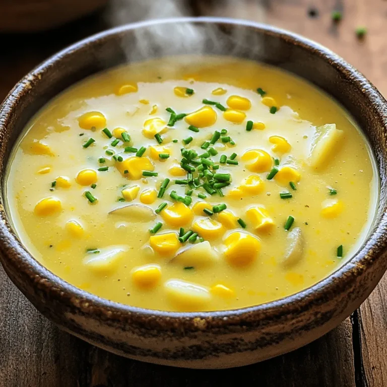 - Maiskörner und deren Alternativen: Frische Maiskörner bringen einen süßen Geschmack. Du kannst auch Dosenmais verwenden, wenn frischer nicht verfügbar ist. Der Unterschied liegt im Geschmack, aber beide sind lecker. - Zwiebel und Knoblauch für das Aroma: Zwiebeln geben der Suppe Tiefe. Knoblauch sorgt für einen tollen Geschmack. Beides zusammen macht die Basis der Suppe aromatisch und einladend. - Kartoffeln für die Konsistenz: Kartoffeln machen die Suppe cremig und sämig. Sie geben auch eine schöne Fülle. Du kannst normale oder mehlige Kartoffeln verwenden. - Gemüsebrühe für den Geschmack: Gemüsebrühe ist wichtig für die Aromen. Sie bringt den Geschmack wirklich zur Geltung. Du kannst auch Hühnerbrühe nutzen, wenn du das möchtest. - Sahne oder Kokosmilch als cremige Basis: Sahne macht die Suppe sehr reichhaltig. Wenn du es vegan magst, nimm Kokosmilch. Sie gibt einen tollen Geschmack und ist eine gute Option für alle. - Gewürze und Frischkräuter zur Verfeinerung: Gerauchtes Paprikapulver bringt ein rauchiges Aroma. Frische Kräuter wie Schnittlauch machen die Suppe frisch. Sie bringen Farbe und Geschmack auf den Tisch. Mit diesen Zutaten bereitest du eine köstliche cremige Maissuppe zu. Du findest die genauen Mengen und Zubereitung im Full Recipe. 1. Beginne mit der Zwiebel. Schneide sie in kleine Würfel. 2. Nimm zwei Knoblauchzehen. Hacke sie fein. 3. Schäle zwei mittelgroße Kartoffeln und schneide sie in Würfel. 4. Stelle vier Tassen frische Maiskörner bereit oder nutze zwei Dosen. 1. Erhitze zwei Esslöffel Olivenöl in einem großen Topf bei mittlerer Hitze. 2. Füge die gewürfelte Zwiebel hinzu und brate sie für fünf Minuten an. 3. Gib den gehackten Knoblauch und einen Teelöffel geräuchertes Paprikapulver dazu. Rühre alles gut um. 4. Nach einer Minute kannst du die gewürfelten Kartoffeln und die Maiskörner in den Topf geben. 5. Gieße vier Tassen Gemüsebrühe hinein und bringe die Mischung zum Kochen. 6. Reduziere die Hitze und lasse die Suppe 15 Minuten köcheln, bis die Kartoffeln weich sind. 1. Nimm einen Stabmixer und püriere die Suppe bis zur gewünschten Konsistenz. 2. Lass einige Stücke für die Textur übrig. 3. Rühre eine Tasse Sahne oder Kokosmilch unter. 4. Schmecke die Suppe mit Salz und Pfeffer ab. 5. Erhitze alles für fünf Minuten, ohne die Suppe zum Kochen zu bringen. Jetzt ist die cremige Maissuppe bereit! Für das vollständige Rezept, schau dir die Zutatenliste und die Zubereitung an. Um die ideale Cremigkeit zu erhalten, benutze einen Stabmixer. Dieser sorgt dafür, dass die Suppe schön glatt wird. Wenn du keinen Stabmixer hast, püriere die Suppe in einem Standmixer. Achte darauf, die Kartoffeln nicht zu lange zu kochen. Sie sollten weich, aber nicht matschig sein. Um das Aroma zu verbessern, füge etwas Kreuzkümmel oder frischen Thymian hinzu. Diese Gewürze bringen einen tollen Geschmack. Du kannst auch die Brühe variieren. Gemüsebrühe gibt eine milde Note, während Hühnerbrühe mehr Tiefe bringt. Experimentiere und finde heraus, was dir am besten gefällt. Garnieren macht viel aus! Frischer Schnittlauch bringt Farbe und Geschmack. Einfach ein paar gehackte Stängel oben drauf streuen. Für Beilagen eignen sich knuspriges Brot oder frischer Salat. Du kannst die Suppe auch mit geröstetem Brot servieren. Diese Kombination ist einfach köstlich. Für das vollständige Rezept schau dir die [Full Recipe] an. {{image_4}} Wenn du eine vegetarische oder vegane Version der cremigen Maissuppe machen möchtest, gibt es einfache Wege. - Nutze pflanzliche Sahne anstelle von normaler Sahne. - Tausche die Gemüsebrühe gegen frische Gemüsesäfte aus. Das gibt der Suppe einen tollen Geschmack. Diese Anpassungen machen die Suppe leicht und gut für alle. Um die Suppe noch bunter und nahrhafter zu machen, füge weitere Zutaten hinzu. - Einfügen von Gemüse wie Paprika oder Karotten bringt Farbe und Vitamine. - Du kannst auch Proteinquellen wie Bohnen oder Hühnchen hinzufügen. Das macht die Suppe sättigender und lecker. Diese Extras machen die Suppe zu einem vollständigen Gericht. Die Frische der Zutaten ändert sich mit den Jahreszeiten. - Im Sommer ist frischer Mais die beste Wahl. Er schmeckt süß und saftig. - Im Winter kannst du tiefgefrorenen Mais nutzen. Er bleibt lange frisch und ist leicht verfügbar. So passt sich die Suppe dem Saisonangebot an. Wenn du die kreativen Variationen ausprobierst, wirst du sicher deine perfekte Version finden. Für das vollständige Rezept, schau dir die Details an. Um die cremige Maissuppe frisch zu halten, kühlst du sie zuerst ab. Fülle die Suppe in einen luftdichten Behälter. So bleibt der Geschmack gut erhalten. Im Kühlschrank hält sie etwa 3 bis 4 Tage. Prüfe vor dem Essen, ob die Suppe frisch riecht und gut aussieht. Du kannst die Suppe auch einfrieren. Fülle sie in gefriergeeignete Behälter oder Beutel. Achte darauf, etwas Platz zu lassen, damit sich die Suppe ausdehnen kann. Sie bleibt bis zu 3 Monate frisch. Wenn du sie verwenden möchtest, lasse die Suppe über Nacht im Kühlschrank auftauen. Dies ist die beste Methode, um die Konsistenz zu bewahren. Um die Suppe wieder zu erwärmen, nutze einen Topf bei mittlerer Hitze. Rühre oft um, damit sie gleichmäßig warm wird. Du kannst auch etwas Wasser oder Brühe hinzufügen, um die Konsistenz zu verbessern. Wenn die Suppe zu dick ist, hilft das, sie cremig zu halten. Achte darauf, die Suppe nicht zu stark zu erhitzen, damit sie nicht anbrennt. Cremige Maissuppe bleibt im Kühlschrank fünf bis sieben Tage frisch. Lagere sie in einem luftdichten Behälter. Stelle sicher, dass die Suppe vollständig abgekühlt ist, bevor du sie in den Kühlschrank stellst. So vermeidest du, dass sich Bakterien bilden. Wenn du die Suppe länger aufbewahren möchtest, kannst du sie auch einfrieren. Ja, du kannst die Suppe im Voraus zubereiten. Das hat viele Vorteile. Du sparst Zeit, besonders an hektischen Tagen. Der Geschmack wird durch das Kühlen sogar besser, da die Aromen Zeit haben, sich zu vermischen. Wenn du die Suppe im Voraus machst, koche sie bis Schritt 5. Dann kühle sie ab und bewahre sie im Kühlschrank. Erhitze sie vor dem Servieren und füge die Sahne hinzu. Ja, die Suppe kann glutenfrei sein. Überprüfe einfach die Zutaten. Benutze glutenfreie Gemüsebrühe und achte darauf, dass alle Gewürze glutenfrei sind. Die meisten frischen Zutaten wie Mais, Zwiebeln und Kartoffeln sind von Natur aus glutenfrei. So kannst du die Suppe genießen, ohne dir Gedanken über Gluten machen zu müssen. Diese Maissuppe ist einfach und köstlich. Wir haben die Hauptzutaten wie Mais, Zwiebel und Kartoffeln durchgegangen. Die richtige Flüssigkeit sorgt für den perfekten Geschmack. Mit frischen Kräutern und Gewürzen verfeinert, besticht sie durch ihr Aroma. Die Anleitung zeigt, wie du sie schnell zubereiten kannst. Mit Tipps und Tricks erreichst du die perfekte Konsistenz. Du kannst die Suppe nach Belieben abwandeln und sogar lagern. Jetzt weißt du, wie du eine tolle Maissuppe machst. Lass dir diese leckere Speise nicht entgehen!