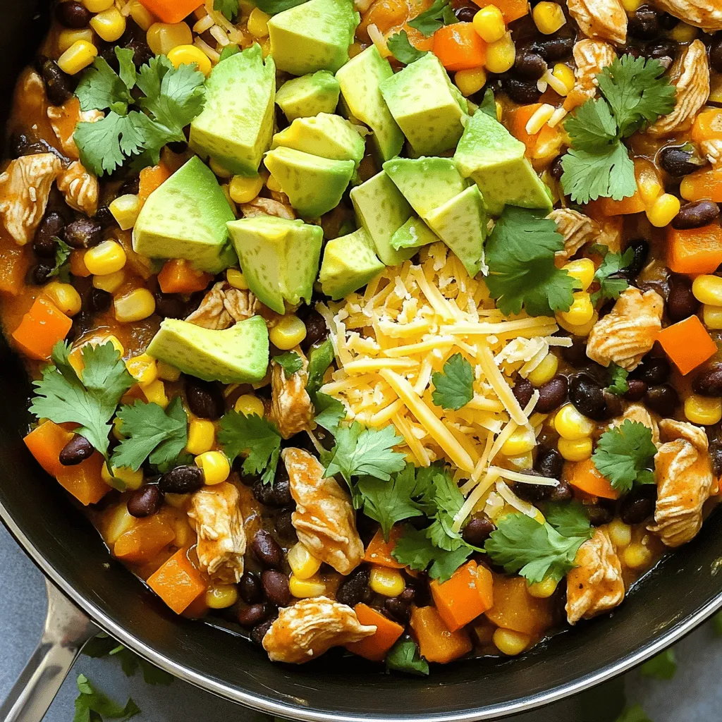 - 450 g Hähnchenbrustfilets, entbeint und ohne Haut, in mundgerechte Stücke geschnitten - 1 Esslöffel Olivenöl - 1 kleine Zwiebel, gewürfelt - 2 Knoblauchzehen, fein gehackt - 1 rote Paprika, gewürfelt - 1 grüne Paprika, gewürfelt - 1 Dose (425 g) schwarze Bohnen, abgetropft und abgespült - 240 ml Mais (frisch, gefroren oder aus der Dose) - 1 Teelöffel Chili-Pulver - 1 Teelöffel Kreuzkümmel - 1 Teelöffel geräucherter Paprika - Salz und Pfeffer nach Geschmack - Saft von 1 Limette - 1/2 Tasse frischer Koriander, gehackt Die Hauptzutaten machen das Gericht besonders. Hähnchenbrust ist zart und leicht. Die Paprika bringt Farbe und Süße. Zwiebeln und Knoblauch geben viel Geschmack. Gewürze wie Chili und Kreuzkümmel verleihen eine würzige Note. Die Bohnen und der Mais fügen eine gute Textur hinzu. - 1 Avocado, gewürfelt (für das Topping) - 1/2 Tasse geriebener Käse (Cheddar oder mexikanische Mischung, optional) Optionale Zutaten können das Gericht noch besser machen. Avocado bringt Cremigkeit und frischen Geschmack. Käse ist eine tolle Ergänzung, die schmelzen kann. Diese Zutaten sind nicht nötig, aber sie machen das Gericht noch leckerer. Ich lade dich ein, das [Full Recipe] auszuprobieren! - Hähnchen vorbereiten: Schneide 450 g Hähnchenbrust in kleine Stücke. Stelle sicher, dass sie gleichmäßig sind. - Gemüse schneiden: Würfle eine kleine Zwiebel und schneide eine rote und eine grüne Paprika in Stücke. Diese Farben bringen Freude auf den Teller. - Gewürze bereitstellen: Halte Chili-Pulver, Kreuzkümmel und geräucherte Paprika bereit. Diese Gewürze geben dem Gericht seinen besonderen Geschmack. - Erhitzen des Olivenöls: Nimm eine große Pfanne und erhitze 1 Esslöffel Olivenöl über mittlerer bis hoher Hitze. - Anbraten der Zwiebel und des Knoblauchs: Gib die gewürfelte Zwiebel in die Pfanne. Brate sie für 2-3 Minuten, bis sie glasig ist. Füge dann 2 fein gehackte Knoblauchzehen hinzu und koche sie eine weitere Minute. - Hähnchen kochen und würzen: Gib die Hähnchenstücke in die Pfanne. Würze sie mit Salz, Pfeffer, Chili-Pulver, Kreuzkümmel und geräucherter Paprika. Brate das Hähnchen 5-7 Minuten, bis es goldbraun ist. - Gemüse hinzufügen: Füge die gewürfelten Paprika hinzu und koche sie für 3-4 Minuten. Sie sollten weich, aber knackig sein. - Bohnen und Mais unterrühren: Rühre 425 g schwarze Bohnen und 240 ml Mais unter. Lass alles für 2-3 Minuten köcheln. - Limettensaft und Koriander hinzufügen: Presse den Saft von 1 Limette über das Gericht. Mische 1/2 Tasse gehackten Koriander unter. Das macht das Gericht frisch und aromatisch. Für das vollständige Rezept, schau dir die vollständige Anleitung an. - Die richtige Hitze einstellen: Beginne mit mittlerer bis hoher Hitze. So brät das Hähnchen gleichmäßig. Zu hohe Hitze kann das Fleisch austrocknen. - Wie man zartes Hähnchen erhält: Verwende frische Hähnchenbrustfilets. Dies sorgt für zarte Stücke. Achte darauf, das Hähnchen nicht zu lange zu braten. Es sollte nur leicht goldbraun sein. - Zeitmanagement während des Kochens: Bereite alle Zutaten im Voraus vor. So sparst du Zeit beim Kochen. Halte die Pfanne immer im Blick. So verhinderst du, dass etwas anbrennt. - Anrichtungsmöglichkeiten: Serviere die Zesty Southwest Chicken Skillet direkt in der Pfanne. Das sieht rustikal aus und macht es einfach. Du kannst auch individuelle Portionen anrichten. - Verwendung von frischen Kräutern: Frischer Koriander bringt Farbe und Geschmack. Streue ihn kurz vor dem Servieren über das Gericht. - Garnierungen für das Auge: Toppe das Gericht mit gewürfelter Avocado. Das sorgt für schöne Farben und leckeren Geschmack. Limettenspalten auf dem Teller sind auch eine tolle Idee. Entdecke das gesamte Rezept in der [Full Recipe]. {{image_4}} Für die Zesty Southwest Chicken Skillet kann man viele Zutaten verwenden. Du kannst verschiedene Gemüsesorten nehmen. Zum Beispiel, füge Zucchini oder Mais hinzu. Diese Optionen bringen frische Aromen ins Gericht. Du kannst auch andere Proteine verwenden. Rindfleisch oder Tofu sind gute Alternativen. Wenn du Tofu nimmst, achte darauf, ihn gut zu würzen. So bleibt der Geschmack stark und lecker. Bei speziellen diätetischen Anforderungen kannst du Anpassungen vornehmen. Für glutenfreie Optionen, stelle sicher, dass alle Zutaten glutenfrei sind. Bei veganen Wünschen, nutze pflanzliche Alternativen für das Hähnchen. Möchtest du mehr Schärfe? Füge Jalapeños hinzu! Diese geben dem Gericht einen extra Kick. Du kannst auch scharfe Soßen verwenden, um den Geschmack zu steigern. Wenn du milde Alternativen für Kinder brauchst, lasse die scharfen Zutaten weg. Stattdessen kannst du süße Paprika verwenden. Diese sind mild und schmecken gut. Regionale Gewürzmischungen sind eine tolle Idee! Probiere italienische oder mediterrane Kräuter aus. Diese bringen neue Geschmäcker in die Pfanne. Für das vollständige Rezept, schau dir die [Full Recipe] an! Du kannst Reste der Zesty Southwest Chicken Skillet leicht aufbewahren. Lass das Gericht zuerst abkühlen. Fülle es dann in einen luftdichten Behälter. So bleiben die Aromen frisch. Im Kühlschrank hält es sich bis zu drei Tage. Achte darauf, das Gericht gut abzudecken, um Feuchtigkeit zu vermeiden. Wenn du mehr Reste hast, kannst du die Pfanne auch einfrieren. Nutze dafür geeignete Behälter, die gefrierfest sind. Du kannst auch Gefrierbeutel verwenden. Achte darauf, die Luft herauszudrücken, bevor du sie verschließt. So bleibt das Gericht bis zu drei Monate frisch. Um die Zesty Southwest Chicken Skillet aufzutauen, nimm sie aus dem Gefrierfach und lege sie in den Kühlschrank. Lass sie dort über Nacht auftauen. Zum Wiedererwärmen kannst du die Pfanne auf dem Herd oder in der Mikrowelle erhitzen. Achte darauf, die Temperatur gut zu prüfen, damit alles gleichmäßig warm wird. Die Zubereitung der Zesty Southwest Chicken Skillet dauert insgesamt 25 Minuten. Die Vorbereitungszeit beträgt etwa 15 Minuten. In dieser Zeit bereitest du das Hähnchen, schneidest das Gemüse und misst die Gewürze ab. Das Kochen selbst dauert dann etwa 10 Minuten. Ja, du kannst das Rezept vegan machen. Ersetze das Hähnchen durch gewürfelten Tofu oder Tempeh. Für den Käse kannst du eine pflanzliche Käsealternative verwenden. Diese Optionen bieten einen ähnlichen Geschmack und eine tolle Textur. Die Zesty Southwest Chicken Skillet passt gut zu Reis oder Quinoa. Auch ein frischer Salat wäre perfekt. Du kannst auch Tortillas oder Nachos servieren. Diese Beilagen ergänzen die Aromen und machen dein Essen noch besser. Dieses Rezept für die Zesty Southwest Chicken Skillet ist einfach und lecker. Wir haben die Hauptzutaten wie Hähnchen, Paprika und Gewürze besprochen. Ich habe dir auch Schritt-für-Schritt-Anleitungen gegeben, damit du nichts verpasst. Tipps zur perfekten Zubereitung und Teilvariationen machen das Gericht vielseitig. Denke daran, Reste richtig zu lagern, um ihre Frische zu bewahren. Probier es aus und passe es nach deinem Geschmack an! Kochen macht Spaß und ist einfach.