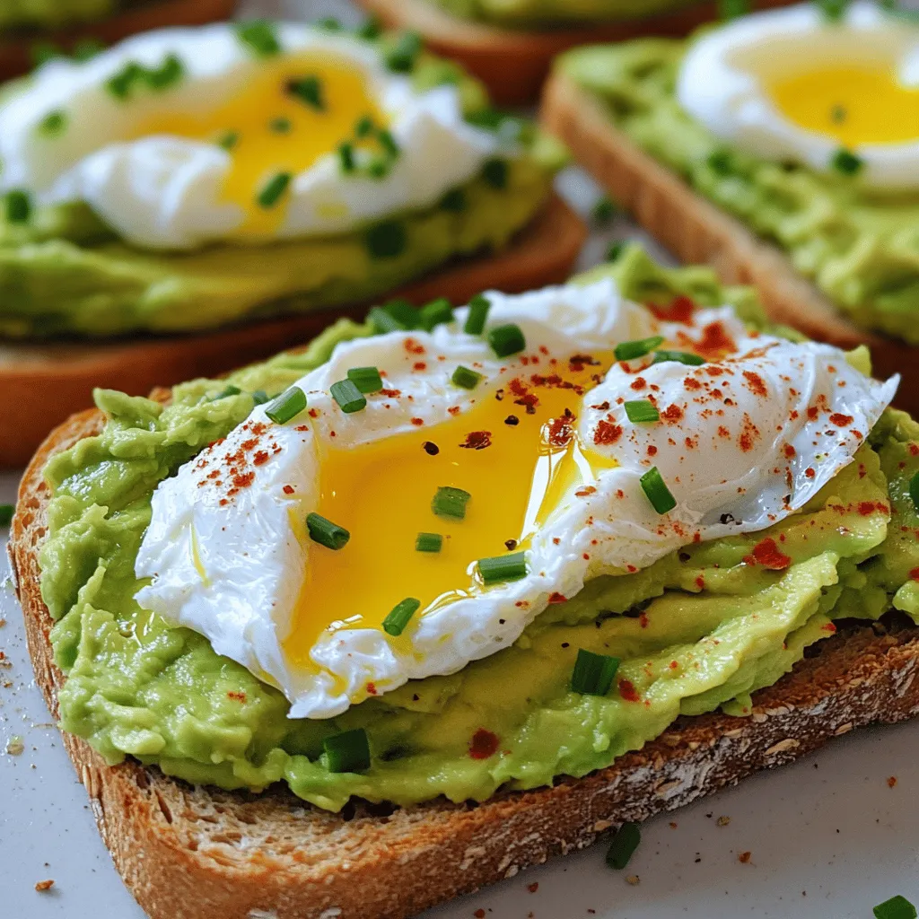 Für Avocado-Toast mit pochiertem Ei brauchen Sie folgende Zutaten: - 2 Scheiben Vollkorn- oder Sauerteigbrot - 1 reife Avocado - 2 große Eier - 1 Esslöffel Zitronensaft - Salz und Pfeffer nach Geschmack - 1/4 Teelöffel rote Pfefferflocken (nach Belieben) - Frische Schnittlauch- oder Korianderblätter, gehackt (zum Garnieren) - Olivenöl (zum Beträufeln) Diese Zutaten machen das Gericht nahrhaft und lecker. Vollkornbrot bietet Ballaststoffe, die gut für die Verdauung sind. Avocados sind reich an gesunden Fetten und Nährstoffen. Um das Gericht zu verfeinern, können Sie einige zusätzliche Garnierungen hinzufügen: - Ein Spritzer Limettensaft für mehr Frische - Feta-Käse für einen salzigen Kick - Chiasamen oder Sesam für einen knusprigen Biss Diese Optionen bieten eine schöne Vielfalt an Aromen und Texturen. Experimentieren Sie mit Ihren Lieblingszutaten! Avocado-Toast mit pochiertem Ei ist nicht nur köstlich, sondern auch gesund. Hier sind einige Nährwerte: - Eine Portion (1 Toast mit Ei) hat etwa 300-400 Kalorien. - Es enthält gesunde Fette, die das Herz unterstützen. - Hoher Gehalt an Vitamin E, das die Haut schützt. - Ballaststoffe fördern eine gesunde Verdauung. Dieses Gericht ist eine großartige Wahl für ein nahrhaftes Frühstück oder einen Snack. Es gibt viele Möglichkeiten, es anzupassen, um Ihren Bedürfnissen gerecht zu werden. Bei der Zubereitung können Sie auch die [Full Recipe] verwenden, um das beste Ergebnis zu erzielen. Beginne mit zwei Scheiben Vollkorn- oder Sauerteigbrot. Lege die Scheiben in den Toaster. Du kannst auch eine Pfanne nutzen, um das Brot zu toasten. Toaste es, bis es schön knusprig ist. Das gibt dem Gericht Textur und Geschmack. Nimm eine reife Avocado. Schneide sie in der Mitte durch und entferne den Kern. Löffle das grüne Fruchtfleisch in eine Schüssel. Zerdrücke die Avocado mit einer Gabel. Füge einen Esslöffel Zitronensaft hinzu. Das hilft, die Farbe zu bewahren. Würze mit Salz und Pfeffer. Vermische alles gut, bis es cremig ist. Fülle einen Kochtopf mit Wasser. Erhitze das Wasser, bis es leicht köchelt. Du kannst einen Spritzer Essig hinzufügen, damit die Eier schön geformt bleiben. Schlage ein Ei in eine kleine Schüssel. Erzeuge mit einem Löffel einen sanften Strudel im Wasser. Gleite das Ei vorsichtig in die Mitte. Poachiere es für 3-4 Minuten. Das Eigelb sollte noch flüssig sein. Nimm das Ei mit einem Schöpflöffel heraus. Lege es auf ein Papiertuch, um das Wasser abzutropfen. Wiederhole dies für das zweite Ei. Jetzt hast du alles bereit für dein Avocado-Toast mit pochiertem Ei. Du kannst die Schritte in der [Full Recipe] nachlesen. Um ein perfektes pochiertes Ei zu machen, ist die Wassertemperatur wichtig. Das Wasser sollte leicht köcheln, nicht sprudeln. Fügen Sie einen Spritzer Essig hinzu, um die Eiweiße zusammenzuhalten. Schlagen Sie das Ei in eine Schüssel, bevor Sie es ins Wasser gleiten lassen. Ein sanfter Strudel hilft dabei, dass das Ei seine Form behält. Pochieren Sie das Ei für etwa 3-4 Minuten, wenn Sie ein weiches Eigelb wollen. Wenn Sie ein härteres Eigelb mögen, lassen Sie es länger im Wasser. Eine reife Avocado ist der Schlüssel zu einem leckeren Avocado-Toast. Wählen Sie eine Avocado, die leicht auf Druck nachgibt. Schneiden Sie sie in der Mitte durch und entfernen Sie den Kern. Löffeln Sie das Fruchtfleisch in eine Schüssel und zerdrücken Sie es mit einer Gabel. Fügen Sie einen Esslöffel Zitronensaft hinzu, um die Farbe zu erhalten. Mit Salz und Pfeffer abschmecken. Für einen zusätzlichen Kick können Sie auch etwas Knoblauch oder Chili hinzufügen. Das Anrichten ist bei diesem Gericht wichtig. Beginnen Sie mit dem gerösteten Brot als Basis. Verteilen Sie die zerdrückte Avocado gleichmäßig auf jeder Scheibe. Legen Sie das pochierte Ei vorsichtig darauf. Streuen Sie rote Pfefferflocken für etwas Schärfe darüber. Ein Spritzer Olivenöl verleiht ein schönes Finish. Garnieren Sie das Gericht mit frischen Kräutern wie Schnittlauch oder Koriander. Servieren Sie das Gericht sofort, damit es frisch und warm ist. Für das volle Rezept, schauen Sie sich die [Full Recipe] an. {{image_4}} Du kannst Avocado-Toast auch ganz ohne Ei genießen. Ersetze das Ei mit Tofu. Nimm festen Tofu und schneide ihn in Scheiben. Brate die Scheiben in einer Pfanne mit etwas Öl. Würze sie mit Salz, Pfeffer und Kurkuma für eine schöne Farbe. Das gibt dir einen herzhaften und gesunden Snack. Eine andere Option ist, Kichererbsen zu verwenden. Zerdrücke sie und mische sie mit Olivenöl und Gewürzen. Das ergibt einen tollen Aufstrich. Avocado-Toast ist vielseitig. Du kannst ihn mit vielen verschiedenen Belägen toppen. Füge dünne Scheiben von Tomaten oder Gurken hinzu. Das bringt Frische. Ein wenig Feta-Käse oder Hummus gibt einen würzigen Geschmack. Auch ein paar Scheiben von geräuchertem Lachs machen dein Gericht besonders. Für etwas Süßes kannst du Honig oder frische Beeren verwenden. Das sorgt für eine spannende Kombination. Wenn du Gäste hast, mach dein Avocado-Toast besonders. Verwende hochwertiges Brot wie Ciabatta oder Brioche. Bereite ein Avocado-Püree mit Limettensaft und frischen Kräutern zu. Für eine besondere Note kannst du Trüffelöl darüber träufeln. Das gibt deinem Gericht einen luxuriösen Geschmack. Richte es auf einem großen Teller an. Dekoriere mit frischen Kräutern und essbaren Blüten. So wird dein Avocado-Toast zu einem echten Highlight. Wenn du mehr Ideen möchtest, schau dir das [Full Recipe] an. Wenn Sie Reste von Ihrem Avocado-Toast haben, lagern Sie diese in einem luftdichten Behälter. Stellen Sie sicher, dass das Toast getrennt von der Avocado aufbewahrt wird. Das verhindert, dass das Brot weich wird. Legen Sie ein Stück Küchenpapier in den Behälter. Das Papier saugt überschüssige Feuchtigkeit auf und hält das Brot knusprig. Um den Toast wieder warm zu machen, verwenden Sie einen Toaster oder den Ofen. Legen Sie das Toast auf ein Backblech und erwärmen Sie es bei 180 Grad Celsius für etwa 5 bis 7 Minuten. Vermeiden Sie die Mikrowelle, da sie das Toast weich macht. Pochierte Eier können Sie nicht wirklich aufwärmen, aber Sie können sie frisch zubereiten. Avocados reifen schnell. Lagern Sie sie bei Raumtemperatur. Wenn sie reif sind, können Sie sie im Kühlschrank aufbewahren. Eier sollten im Kühlschrank bleiben und sind bis zu drei Wochen frisch. Vollkornbrot hält sich etwa eine Woche, wenn es richtig verpackt ist. Verwenden Sie frische Kräuter innerhalb von zwei bis drei Tagen für den besten Geschmack. Für das vollständige Rezept schauen Sie sich die [Full Recipe] an. Um ein perfektes pochiertes Ei zu machen, verwende frische Eier. Frische Eier halten die Form besser. Koche Wasser in einem kleinen Topf. Füge einen Spritzer Essig hinzu, um das Ei zu stabilisieren. Schlage ein Ei in eine kleine Schüssel. Erzeuge mit einem Löffel einen sanften Strudel im Wasser. Gleite das Ei vorsichtig in die Mitte. Poachiere es für 3 bis 4 Minuten. So bekommst du ein schönes, laufendes Eigelb. Probiere es aus und du wirst sehen, wie einfach es ist! Für Avocado-Toast sind Vollkornbrot und Sauerteigbrot die besten Optionen. Vollkornbrot gibt dir mehr Ballaststoffe. Sauerteig hat einen tollen Geschmack und ist leicht knusprig. Du kannst auch glutenfreies Brot verwenden, wenn du das bevorzugst. Experimentiere mit verschiedenen Brotsorten. So findest du deinen Favoriten für das perfekte Avocado-Toast. Du kannst Avocado-Toast ganz nach deinem Geschmack anpassen. Füge Tomatenscheiben für Frische hinzu. Feta-Käse bringt einen salzigen Geschmack. Probiere gebratene Champignons oder Spinat für mehr Gemüse. Auch geräucherter Lachs ist eine leckere Option. Du kannst auch verschiedene Gewürze nutzen. Paprika oder Knoblauchpulver geben dem Toast mehr Tiefe. Lass deiner Kreativität freien Lauf! Hier ist eine kurze Zusammenfassung des Artikels über Avocado-Toast. Wir haben die wichtigsten Zutaten, die Zubereitung und das Anrichten besprochen. Du hast gelernt, wie man Eier perfekt pochiert und die Avocado optimal vorbereitet. Tipps helfen dir, die besten Ergebnisse zu erzielen und Variationen geben dir kreative Ideen. Achte darauf, Reste richtig zu lagern, damit du länger Freude daran hast. Mit diesen Informationen kannst du Avocado-Toast leicht selbst zubereiten und variieren. Viel Spaß beim Ausprobieren!