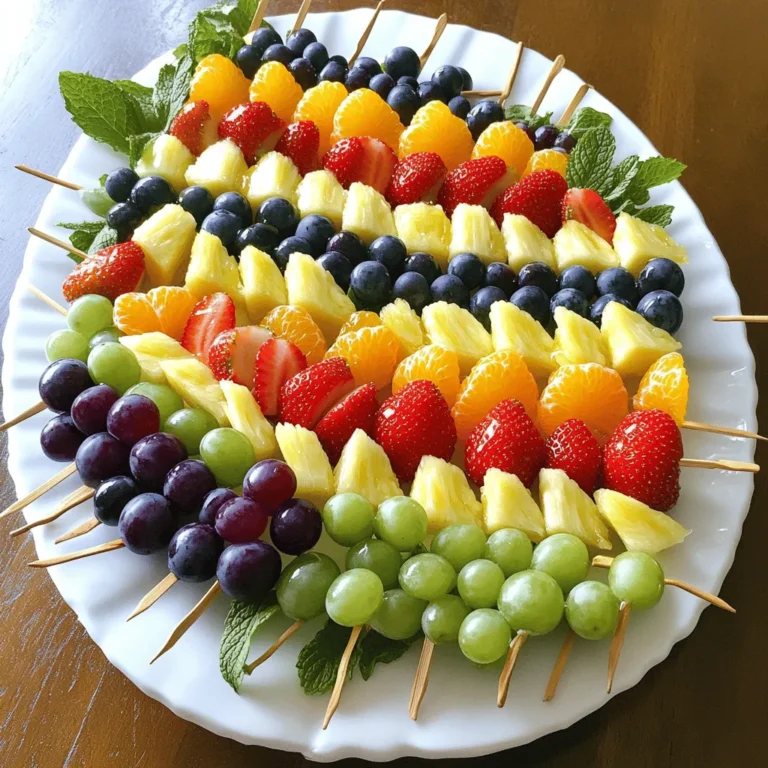 Für die Regenbogen Obstspieße wähle ich frische und bunte Früchte. Diese sind nicht nur schön, sondern auch lecker. Hier sind die besten Früchte, die du verwenden kannst: - 1 Tasse Erdbeeren, entkelcht - 1 Tasse Orangenstücke (Navelorangen) - 1 Tasse Ananasstücke - 1 Tasse grüne Trauben - 1 Tasse blaue Heidelbeeren - 1 Tasse lila oder schwarze Trauben Diese Farben bringen Freude auf jeden Tisch. Jede Frucht hat ihren eigenen Geschmack und Nährstoffe. Erdbeeren sind süß und saftig. Orangen geben einen frischen Spritzer. Ananas bringt Tropenfeeling. Grüne Trauben sind knackig und süß. Heidelbeeren sind klein, aber voller Geschmack. Lila Trauben runden das Ganze ab. Um den Spießen mehr Geschmack zu verleihen, kann ich Honig verwenden. Ein Esslöffel Honig gibt eine süße Note. Du kannst den Honig über die Spieße träufeln oder separat servieren. Auch frische Minzblätter sind eine tolle Ergänzung. Sie geben eine frische Note und sehen schön aus. Frische Früchte sind der Schlüssel zu tollen Obstspießen. Achte beim Kauf auf folgende Punkte: - Wähle reife, aber feste Früchte. - Achte auf eine leuchtende Farbe. - Vermeide Früchte mit Druckstellen oder Flecken. - Kaufe saisonale Früchte für den besten Geschmack. Wenn du die frischen Zutaten behältst, werden die Regenbogen Obstspieße ein Hit! Du kannst das gesamte Rezept für mehr Details und Zubereitung finden: [Full Recipe]. Zuerst bereiten wir das Obst vor. Dies ist einfach und macht Spaß. Ich nehme die Erdbeeren und entferne die Kelche. Dann schneide ich die Orangen in Stücke. Ananas schneide ich auch in kleine Stücke. Trauben und Heidelbeeren wasche ich gründlich. Halbiere die lila Trauben, falls du das magst. So sind sie leichter zu essen. Bei der Vorbereitung ist es wichtig, frisches Obst zu wählen. Frisches Obst schmeckt besser und sieht schöner aus. Jetzt kommt der kreative Teil! Ich nehme einen Spieß, meist aus Holz oder Metall. Ich beginne mit einer Erdbeere und stecke sie auf den Spieß. Danach folgt ein Stück Orange. Dann kommt ein Stück Ananas. Ich füge grüne Trauben hinzu, gefolgt von Heidelbeeren. Am Ende stecke ich die lila Trauben auf den Spieß. Ich wiederhole diesen Vorgang, bis ich alle Früchte verwendet habe. Du kannst die Längen der Spieße anpassen, wie du möchtest. Wenn du mehr Süße magst, träufle etwas Honig darüber. Die Präsentation macht alles spannend. Ich arrange die Spieße auf einem großen Servierteller. Es sieht toll aus, wenn sie bunt nebeneinander liegen. Um es noch schöner zu machen, garniere ich die Spieße mit frischen Minzblättern. Das bringt frische Farben und einen tollen Geschmack. Wenn du die Spieße für eine Feier machst, kannst du kleine Schalen mit Honig oder Joghurt dazu stellen. Das macht das Essen noch lustiger. Schau dir auch das Full Recipe an, um alle Schritte zu sehen. Wenn du Obstspieße machst, gibt es einige Fehler, die leicht passieren können. Ein häufiger Fehler ist die Wahl von unreifem Obst. Achte darauf, dass dein Obst frisch und reif ist. Unreifes Obst schmeckt nicht gut und hat oft keinen guten Biss. Ein weiterer Fehler ist die falsche Reihenfolge beim Aufspießen. Halte dich an die Reihenfolge der Farben. Beginne mit Rot und arbeite dich durch den Regenbogen. So sieht dein Spieß toll aus und macht mehr Spaß. Du kannst die Süße deiner Obstspieße anpassen. Honig ist eine wunderbare Wahl. Ein Esslöffel Honig auf die Spieße gibt einen süßen Kick. Wenn du keinen Honig magst, probiere Agavendicksaft oder Ahornsirup. Beide sind tolle Alternativen. Du kannst auch einen Dip aus Joghurt machen. Mische Naturjoghurt mit etwas Honig oder Vanille. Das sorgt für einen frischen und süßen Geschmack. Um deine Obstspieße frisch zu halten, lagere sie im Kühlschrank. Lege sie in einen luftdichten Behälter. So bleiben sie knackig und saftig. Wenn du die Spieße länger aufbewahren willst, decke sie mit Frischhaltefolie ab. Achte darauf, die Spieße nicht zu lange draußen zu lassen. Bei Zimmertemperatur verlieren sie schnell ihre Frische. Am besten genießt du sie innerhalb von zwei Tagen nach der Zubereitung. {{image_4}} Um Regenbogen Obstspieße noch bunter zu machen, füge mehr Obst hinzu. Du kannst Kiwi für grün, Himbeeren für rot oder Pfirsiche für orange verwenden. Diese Ergänzungen bringen frische Aromen und neue Farben. Wenn du Beeren liebst, probiere auch Erdbeeren, Himbeeren und Brombeeren. So hast du eine Vielfalt, die das Auge erfreut und den Gaumen verwöhnt. Die Welt hat viele Früchte zu bieten. Du kannst Obstskewers aus verschiedenen Ländern kreieren. Verwende tropische Früchte wie Mango oder Papaya für einen karibischen Touch. Im Sommer sind Beeren perfekt, während im Herbst Äpfel und Birnen gut passen. Diese saisonalen Variationen bringen neue Geschmäcker auf den Tisch. Bei einer Feier kannst du deine Spieße kreativ präsentieren. Stelle sie in eine Melone oder Ananas, um ein echtes Highlight zu setzen. Du kannst auch kleine Fähnchen mit dem Namen der Früchte oder witzige Sprüche hinzufügen. Das macht die Präsentation lebendig und lustig. Für einen süßen Dip kannst du Joghurt oder Schokolade anbieten. So wird die Party zu einem echten Geschmackserlebnis! Für das komplette Rezept, schau dir den [Full Recipe] an. Um die Obstspieße frisch zu halten, lagern Sie sie im Kühlschrank. Wickeln Sie sie in Frischhaltefolie oder legen Sie sie in einen luftdichten Behälter. So bleiben die Farben lebendig und der Geschmack bleibt erhalten. Stellen Sie sicher, dass keine überreifen Früchte in der Nähe sind. Sie können die Spieße auch mit einer Schicht Zitronensaft besprühen, um Oxidation zu verhindern. Gekühlte Obstspieße halten sich etwa drei bis vier Tage. Nach dieser Zeit könnten sie an Frische verlieren. Achten Sie darauf, die Spieße vor dem Servieren zu überprüfen. Wenn die Früchte matschig oder braun werden, ist es besser, sie nicht mehr zu essen. Sie können Obst einfrieren, um es später zu verwenden. Waschen Sie die Früchte gut und schneiden Sie sie in kleine Stücke. Legen Sie die Früchte auf ein Backblech und frieren Sie sie für ein paar Stunden ein. Danach können Sie die gefrorenen Stücke in einen Beutel geben. So haben Sie immer frisches Obst zur Hand. Verwenden Sie gefrorene Früchte in Smoothies oder zum Dekorieren von Desserts. Regenbogen Obstspieße bleiben frisch für etwa drei Tage im Kühlschrank. Lagern Sie sie in einem luftdichten Behälter. So bleiben sie knackig und lecker. Vermeiden Sie es, sie länger zu lagern, da die Früchte weich werden können. Ja, Sie können die Früchte im Voraus schneiden. Schneiden Sie sie jedoch nicht mehr als einen Tag vorher. Lagern Sie die geschnittenen Früchte in einem luftdichten Behälter im Kühlschrank. So bleiben sie frisch und appetitlich. Für Allergiker gibt es viele tolle Alternativen. Verwenden Sie stattdessen exotische Früchte wie Mango oder Kiwi. Auch Melonen bieten eine süße und sichere Option. Wenn jemand allergisch gegen Honig ist, nutzen Sie Agavendicksaft oder Dattelsirup. So kann jeder die bunten Spieße genießen! Für die vollständige Zubereitung schauen Sie sich das [Full Recipe] an. Regenbogen Obstspieße sind einfach und machen Spaß. Wir haben die besten Früchte, Schritte zur Zubereitung und nützliche Tipps besprochen. Mit wenig Aufwand kannst du leckere Spieße präsentieren. Denke daran, die Süße anzupassen und Fehler zu vermeiden. Variiere die Zutaten für spannende neue Ideen. Lagere die Spieße richtig, damit sie frisch bleiben. Nutze die Antworten auf häufige Fragen, um noch besser zu werden. Jetzt bist du bereit, unvergessliche Obstspieße zu kreieren. Viel Spaß beim Ausprobieren!