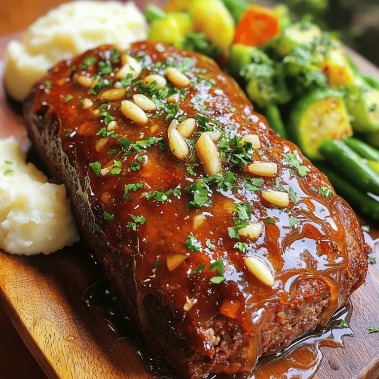 - 680 g Rinderhackfleisch oder eine Mischung aus Rind- und Schweinefleisch - 1 Tasse Semmelbrösel und 2 große Eier - 1 kleine Zwiebel, fein gehackt und 2 Knoblauchzehen, zerdrückt Die Hauptzutaten sind einfach zu finden. Rinderhackfleisch bringt tollen Geschmack. Eine Mischung aus Rind- und Schweinefleisch macht den Hackbraten saftiger. Semmelbrösel binden alles gut zusammen. Eier sorgen dafür, dass der Hackbraten fest bleibt. Zwiebel und Knoblauch geben ein tolles Aroma. - ⅓ Tasse Honig und 2 Esslöffel Sojasauce - 1 Teelöffel Apfelessig und ½ Teelöffel schwarzer Pfeffer Die Glasur ist der Star des Gerichtes. Honig sorgt für Süße, und Sojasauce bringt Umami. Apfelessig gibt etwas Säure. Schwarzer Pfeffer bringt einen leichten Kick. Diese Mischung macht den Hackbraten besonders lecker. - Salz und Pfeffer nach Geschmack - ½ Tasse geriebener Parmesan-Käse Die Gewürze sind einfach, aber wichtig. Salz und Pfeffer heben den Geschmack hervor. Parmesan-Käse gibt dem Hackbraten eine cremige Note. Achten Sie darauf, die Gewürze gut zu mischen, um einen gleichmäßigen Geschmack zu erzielen. Für das vollständige Rezept schauen Sie sich das Honig-Knoblauch-Glasierter Hackbraten Rezept an. Hier finden Sie alle Schritte, um dieses Gericht perfekt zuzubereiten! Heize deinen Ofen auf 175°C vor. Das sorgt für eine gleichmäßige Garung. Fette eine Kastenform leicht ein, damit der Hackbraten später nicht kleben bleibt. Nimm eine große Rührschüssel. Gib das Rinderhackfleisch, Semmelbrösel, die gehackte Zwiebel, den zerdrückten Knoblauch, die Eier, die Milch, den Parmesan-Käse, die Petersilie, Salz und Pfeffer hinein. Mische alles vorsichtig. Sei vorsichtig, nicht zu lange zu mischen. So bleibt der Hackbraten schön zart. Übertrage die Mischung in die Kastenform. Drücke die Mischung sanft nach unten. Das gibt dem Hackbraten eine gleichmäßige Form. Bereite die Glasur in einer separaten Schüssel vor. Mische Honig, Sojasauce, zerdrückten Knoblauch, Apfelessig und schwarzen Pfeffer gut. Gieße die Hälfte der Glasur auf den Hackbraten und verteile sie gleichmäßig mit einem Spatel. Stelle die Kastenform in den vorgeheizten Ofen. Backe den Hackbraten für eine Stunde. Nach 30 Minuten nimm den Hackbraten heraus. Bestreiche die Oberseite mit der restlichen Glasur. Stelle ihn zurück in den Ofen. Der Hackbraten ist fertig, wenn die Innentemperatur 70°C erreicht. Um die perfekte Konsistenz für deinen Hackbraten zu erreichen, ist es wichtig, nicht zu mischen. Wenn du die Mischung zu lange rührst, wird der Hackbraten fest und trocken. Achte darauf, alle Zutaten nur so lange zu vermengen, bis sie gut kombiniert sind. Du möchtest, dass dein Hackbraten saftig und zart bleibt. Die Honig-Knoblauch-Glasur ist sehr vielseitig. Du kannst sie nach deinem Geschmack anpassen. Füge zum Beispiel etwas scharfen Senf hinzu, um einen Kick zu bekommen. Wenn du es lieber süßer magst, erhöhe die Honigmenge. Du kannst auch frische Kräuter wie Thymian oder Rosmarin einmischen. Experimentiere ruhig, bis du deine perfekte Mischung findest. Das Anrichten deines Hackbratens ist einfach und macht Spaß. Schneide den Hackbraten in gleichmäßige Scheiben und lege sie auf einen großen Teller. Garniere ihn mit frischer Petersilie für Farbe. Serviere ihn mit Kartoffelpüree und gedünstetem Gemüse. Diese Beilagen passen perfekt zu dem süßen und herzhaften Geschmack des Hackbratens. Du kannst auch die restliche Glasur darüber träufeln, um das Gericht noch schmackhafter zu machen. {{image_4}} Wenn du eine vegetarische Option möchtest, probiere Fleischalternativen. Du kannst Soja-Hack oder Linsen verwenden. Diese sind herzhaft und nehmen die Aromen gut auf. Mische sie mit den anderen Zutaten wie Zwiebel und Knoblauch. Achte darauf, die Konsistenz passend zu halten. Die Glasur aus Honig und Sojasauce passt wunderbar zu diesen Alternativen. Für eine glutenfreie Variante ersetzt du die Semmelbrösel. Verwende stattdessen gemahlene Mandeln oder glutenfreie Haferflocken. Diese Zutaten geben dem Hackbraten eine gute Textur. Achte darauf, dass alle anderen Zutaten ebenfalls glutenfrei sind. So bleibt der Geschmack gleich, und du kannst den Hackbraten genießen. Du kannst den Hackbraten mit zusätzlichen Kräutern und Gewürzen aufpeppen. Füge zum Beispiel Thymian oder Oregano hinzu. Auch ein Hauch von Paprika kann für einen besonderen Kick sorgen. Experimentiere mit verschiedenen Kombinationen, um deinen Lieblingsgeschmack zu finden. Das macht das Gericht noch spannender. Für das vollständige Rezept, siehe [Full Recipe]. Um Ihren Hackbraten frisch zu halten, lagern Sie ihn im Kühlschrank. Wickeln Sie ihn gut ein oder legen Sie ihn in einen luftdichten Behälter. So bleibt er für etwa drei bis vier Tage haltbar. Wenn der Hackbraten noch warm ist, lassen Sie ihn zuerst abkühlen. Das verhindert, dass sich Feuchtigkeit bildet. Wenn Sie mehr Hackbraten haben, können Sie ihn einfrieren. Schneiden Sie ihn in Portionen, damit Sie nur das auftauen, was Sie brauchen. Wickeln Sie jede Portion fest in Frischhaltefolie und dann in Alufolie. So bleibt der Geschmack besser erhalten. Im Gefrierfach hält er bis zu drei Monate. Um den Hackbraten wieder aufzuwärmen, heizen Sie den Ofen auf 175°C vor. Legen Sie den Hackbraten in eine Auflaufform und decken Sie ihn mit Folie ab. So bleibt er saftig. Erwärmen Sie ihn für etwa 20 bis 30 Minuten. Verwenden Sie ein Fleischthermometer, um sicherzustellen, dass er mindestens 70°C erreicht hat. Servieren Sie ihn warm, um den besten Geschmack zu genießen. Für das vollständige Rezept schauen Sie sich das vollständige Rezept an. Der Hackbraten bleibt im Kühlschrank etwa 3 bis 4 Tage frisch. Achte darauf, ihn gut abzudecken. Im Gefrierschrank hält er bis zu 3 Monate. Wenn du ihn einfrierst, schneide ihn in Portionen. So taust du nur die Menge auf, die du brauchst. Ja, du kannst die Glasur ohne Honig zubereiten. Verwende stattdessen braunen Zucker oder Ahornsirup. Diese Alternativen geben eine süße Note. Du kannst auch einen Esslöffel Marmelade hinzufügen. Das sorgt für einen fruchtigen Geschmack. Um den Hackbraten saftig zu halten, mische die Zutaten gründlich, aber nicht zu lange. Füge etwas mehr Milch hinzu, falls nötig. Außerdem ist es wichtig, den Hackbraten nach dem Backen ruhen zu lassen. So verteilt sich der Saft gleichmäßig. Zusammenfassend haben wir wichtige Zutaten für den Hackbraten betrachtet. Von Rinderhackfleisch bis zu Zwiebeln ist alles entscheidend. Wir haben den perfekten Backprozess Schritt für Schritt durchlaufen. Tipps zur Konsistenz und Variationen bieten kreative Möglichkeiten. Denken Sie daran, Ihre Reste richtig zu lagern. Die vielen Fragen, die häufig auftauchen, sind jetzt beantwortet. Experimentieren Sie mit den Variationen und genießen Sie Ihr Gericht. Kochen soll Spaß machen, also legen Sie los!