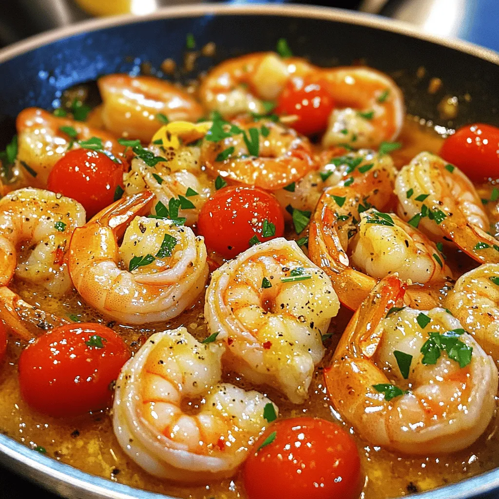 Für dieses leckere Gericht brauchst du einige Hauptzutaten. Hier ist die Liste: - 450 g große Garnelen, geschält und entdarmt - 55 g ungesalzene Butter - 4 Knoblauchzehen, fein gehackt - 1 Teelöffel rote Pfefferflocken (optional für Schärfe) - 1 Zitrone (Saft und abgeriebene Schale) - 60 ml Hühner- oder Gemüsebrühe - 1/4 Tasse frische Petersilie, gehackt - Salz und Pfeffer nach Geschmack - 1 Tasse Kirschtomaten, halbiert - 1 Esslöffel Olivenöl Diese Zutaten machen das Gericht einfach köstlich. Die Garnelen geben den Hauptgeschmack und die Butter rundet alles ab. Neben den Hauptzutaten kannst du einige ergänzende Zutaten hinzufügen. Diese verstärken den Geschmack und machen das Gericht noch besser: - Frischer Basilikum oder Thymian für Kräutergeschmack - Parmesan für eine cremige Note - Weißwein für zusätzliche Tiefe Diese Zutaten sind nicht notwendig, aber sie bringen Abwechslung. Du kannst sie nach deinem Geschmack hinzufügen. Die Wahl der Garnelen ist wichtig. Hier sind einige Tipps, um frische Garnelen auszuwählen: - Achte auf die Farbe: Sie sollten rosig oder grau sein, niemals braun. - Rieche daran: Sie sollten frisch riechen, nicht nach Fisch. - Schau auf die Textur: Sie sollten fest und nicht matschig sein. Frische Garnelen sind der Schlüssel zu einem tollen Gericht. Wenn du die richtigen wählst, wird deine Knoblauch-Butter-Garnelen-Pfanne ein Hit! Für die vollständige Zubereitung, schau dir das [Full Recipe] an. Zuerst musst du die Garnelen vorbereiten. Nimm 450 g große Garnelen und schäle sie. Vergiss nicht, die Därme zu entfernen. Das ist wichtig, damit die Garnelen sauber und lecker sind. Spüle sie dann kurz unter kaltem Wasser ab und tupfe sie mit einem Küchentuch trocken. So bleibt dein Gericht frisch und saftig. Jetzt kommt der beste Teil: die Knoblauch-Butter-Sauce! Erhitze 1 Esslöffel Olivenöl in einer großen Pfanne bei mittlerer Hitze. Gib die Garnelen in die Pfanne. Würze sie mit Salz und Pfeffer. Brate sie 2-3 Minuten auf einer Seite, bis sie rosa sind. Wende sie dann und brate sie 1-2 Minuten weiter. Nimm die Garnelen aus der Pfanne und stelle sie beiseite. In derselben Pfanne füge 55 g ungesalzene Butter hinzu und lass sie schmelzen. Dann kommen 4 fein gehackte Knoblauchzehen und 1 Teelöffel rote Pfefferflocken (optional) dazu. Sauté das Ganze etwa 1 Minute lang, bis der Knoblauch duftet. Pass auf, dass du ihn nicht verbrennst. Gieße 60 ml Hühner- oder Gemüsebrühe und den Saft einer Zitrone in die Pfanne. Lass die Mischung aufkochen und koche sie 2-3 Minuten. Jetzt bist du fast fertig! Gib 1 Tasse halbierte Kirschtomaten in die Pfanne. Lasse sie 2-3 Minuten kochen, bis sie leicht weich sind. Füge dann die Garnelen wieder hinzu. Streue die abgeriebene Zitronenschale und 1/4 Tasse gehackte Petersilie darüber. Vermenge alles gut und koche es eine weitere Minute. Schmecke das Gericht mit Salz und Pfeffer ab. Du kannst die Knoblauch-Butter-Garnelen warm servieren, entweder über Reis, Pasta oder mit knusprigem Brot. So kannst du die köstliche Sauce auftunken. Für die vollständige Anleitung schaue dir das Full Recipe an. Die perfekte Garzeit für Garnelen liegt bei etwa 3 bis 5 Minuten. Sie sind fertig, wenn sie rosa und undurchsichtig sind. Wenn du sie zu lange kochst, werden sie zäh. Achte darauf, sie gleichmäßig in der Pfanne zu verteilen. So garen sie besser. Du kannst die Schärfe deiner Garnelenpfanne leicht anpassen. Verwende weniger oder mehr rote Pfefferflocken. Für eine milde Version lasse sie ganz weg. Wenn du es schärfer magst, füge frische Chilischoten oder etwas Cayennepfeffer hinzu. Probiere verschiedene Varianten, um deinen perfekten Geschmack zu finden. Reste von Knoblauch Butter Garnelen sind vielseitig. Du kannst sie in einem Salat verwenden oder auf einem Sandwich genießen. Sie passen auch gut zu Reis oder Pasta. Eine leckere Idee ist, die Reste in einer Omelette zu verarbeiten. Sie geben deinem Frühstück einen tollen Geschmack. {{image_4}} Wenn du Knoblauch-Butter-Garnelen servierst, gibt es viele Optionen für die Beilage. Reis ist eine einfache und beliebte Wahl. Du kannst weißen Reis oder braunen Reis verwenden. Pasta ist ebenfalls eine tolle Wahl. Spaghetti oder Tagliatelle passen gut zu dieser Sauce. Wenn du Brot liebst, probiere knuspriges Baguette. Es ist perfekt, um die leckere Sauce aufzutunken. Wenn du eine vegetarische Version willst, ersetze die Garnelen durch Zucchini oder Pilze. Diese Zutaten nehmen die Aromen gut auf. Du kannst auch Kichererbsen verwenden. Sie sind nahrhaft und fügen eine schöne Textur hinzu. Verwende die gleiche Knoblauch-Butter-Sauce für diesen Twist. Dadurch bleibt der Geschmack intensiv und köstlich. Die Knoblauch-Butter-Sauce passt gut zu vielen Meeresfrüchten. Versuche stattdessen Jakobsmuscheln oder Muscheln. Sie sind zart und nehmen den Geschmack wunderbar auf. Du kannst auch eine Mischung aus verschiedenen Meeresfrüchten verwenden. Das macht das Gericht spannend und abwechslungsreich. Die Zubereitung bleibt die gleiche, nur die Garzeit kann leicht variieren. Für das komplette Rezept, schau dir die [Full Recipe] an. Um die Knoblauch-Butter-Garnelen frisch zu halten, lege sie in einen luftdichten Behälter. Du kannst auch Frischhaltefolie verwenden. Achte darauf, dass die Garnelen nicht mit Luft in Kontakt kommen. So bleiben sie länger lecker und saftig. Im Kühlschrank bleiben die Garnelen etwa 2 bis 3 Tage frisch. Stelle sicher, dass der Behälter gut verschlossen ist. Wenn du die Garnelen länger aufbewahren möchtest, friere sie ein. Im Gefrierschrank halten sie bis zu 3 Monate. Achte darauf, die Garnelen vorher in Portionen zu verpacken. So kannst du sie leicht entnehmen. Zum Aufwärmen empfehle ich die Pfanne. Erhitze die Garnelen bei mittlerer Hitze. Füge etwas Butter oder Öl hinzu, um die Feuchtigkeit zu erhalten. Du kannst auch die Mikrowelle nutzen, aber das kann die Textur verändern. Erhitze sie in kurzen Abständen, um ein Überkochen zu vermeiden. So bleiben die Garnelen zart und lecker. Wenn du mehr Tipps benötigst, schaue dir das Full Recipe an. Du kannst die Garnelen bis zu drei Tage im Kühlschrank aufbewahren. Lagere sie in einem luftdichten Behälter. So bleiben sie frisch. Wenn du sie länger aufbewahren möchtest, friere sie ein. Das ist eine gute Methode, um ihre Frische zu halten. Ja, du kannst gefrorene Garnelen verwenden. Achte darauf, sie vor dem Kochen aufzutauen. Du kannst sie über Nacht im Kühlschrank auftauen. Wenn du es eilig hast, lege sie in kaltes Wasser. Das geht schnell und sorgt dafür, dass sie gleichmäßig auftauen. Es gibt viele leckere Beilagen. Hier sind einige Ideen: - Reis: Ein einfacher, neutraler Begleiter. - Pasta: Sie nimmt die köstliche Sauce gut auf. - Knuspriges Brot: Ideal, um die Sauce aufzutunken. - Salat: Frisch und leicht als Kontrast. Für das perfekte Gericht kannst du die Beilagen nach deinem Geschmack wählen. Die Knoblauch-Butter-Garnelen-Pfanne ist einfach und lecker. Wir haben die besten Zutaten, Zubereitungsschritte und Tipps durchgenommen. Frische Garnelen und die richtige Sauce machen den Unterschied. Denke daran, die Garzeit genau zu beachten. Du kannst das Gericht auch anpassen oder Reste nutzen. Probiere verschiedene Beilagen oder vegetarische Optionen. So wird jeder Biss zum Genuss. Wenn du diese einfachen Tipps befolgst, wird dir dieses Gericht viel Freude bringen. Guten Appetit bei deiner nächsten Knoblauch-Butter-Garnelen-Mahlzeit!