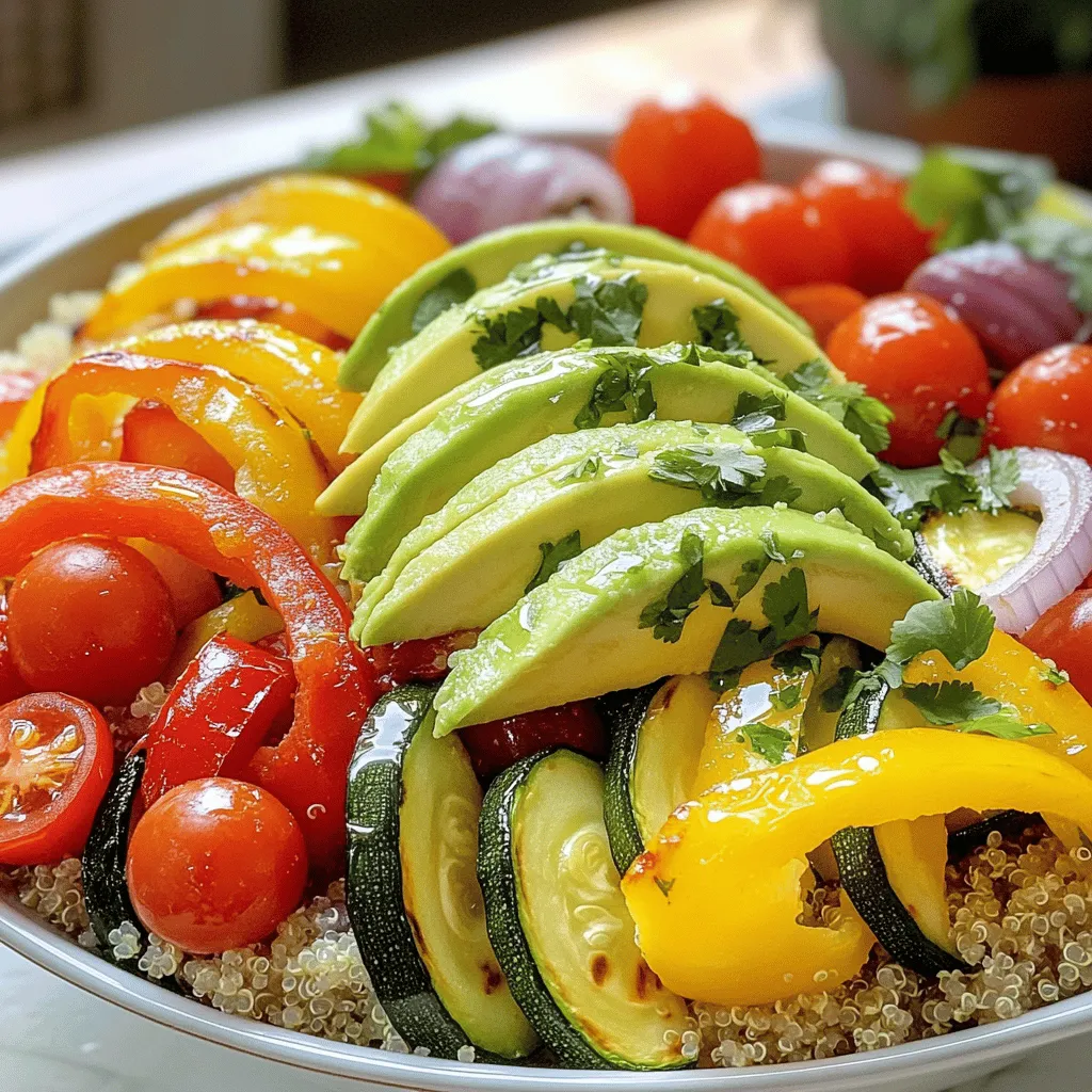 - Quinoa und Gemüsebrühe Quinoa ist der Hauptbestandteil. Sie ist gesund und voll von Protein. Verwenden Sie Gemüsebrühe, um den Geschmack zu verbessern. Sie können auch Wasser nutzen, aber Brühe macht es leckerer. - Auswahl an Gemüse Für dieses Gericht wähle ich bunte Paprika, Zucchini, rote Zwiebel und Kirschtomaten. Diese Gemüse sind frisch und bringen Farben auf den Teller. Sie können auch Brokkoli, Karotten oder Kürbis verwenden. Sei kreativ und nutze, was du magst! - Gewürze und frische Zutaten Gewürze wie Knoblauchpulver und geräuchertes Paprika machen die Quinoa Bowl würzig. Frische Zutaten wie Avocado und Koriander bringen Geschmack und Frische. Der Limettensaft gibt dem Ganzen eine spritzige Note. Du wirst den Unterschied schnell merken! Wenn du mehr über die Zubereitung erfahren möchtest, schau dir das Full Recipe an. Heize deinen Ofen auf 220°C (425°F) vor. Das sorgt für gleichmäßiges Rösten. Zuerst musst du dein Gemüse schneiden. Nimm die rote und gelbe Paprika, die Zucchini und die rote Zwiebel. Würfle sie in kleine Stücke. Halbiere die Kirschtomaten. In einer großen Schüssel mische das Gemüse. Träufle 2 Esslöffel Olivenöl darüber. Füge 1 Teelöffel Knoblauchpulver, 1 Teelöffel geräuchertes Paprika-Pulver, Salz und Pfeffer nach Geschmack hinzu. Mische alles gut, damit die Gewürze gleichmäßig verteilt sind. Verteile das gewürzte Gemüse auf einem großen Backblech in einer einzigen Schicht. Achte darauf, dass es nicht übereinander liegt. Röste das Gemüse für 20-25 Minuten im Ofen. Rühre das Gemüse nach der Hälfte der Zeit um. So garen sie gleichmäßig. Es sollte zart und leicht karamellisiert sein. Bringe in einem mittelgroßen Topf 2 Tassen Gemüsebrühe oder Wasser zum Kochen. Füge 1 Tasse gespülte Quinoa hinzu. Reduziere die Hitze auf niedrig und decke den Topf ab. Lass die Quinoa 15 Minuten köcheln. So nimmt sie die gesamte Flüssigkeit auf. Nehme den Topf vom Herd und lockere die Quinoa mit einer Gabel auf. Die Quinoa sollte locker und leicht sein. Jetzt kannst du die gekochte Quinoa mit dem gerösteten Gemüse in einer großen Schüssel kombinieren. Füge die geschnittene Avocado und gehackten Koriander oder Petersilie hinzu. Träufle den Saft von 1 Limette darüber. So erhält dein Gericht den perfekten Frischekick. Für das vollständige Rezept, schau dir das [Full Recipe] an. - Zeitersparnis beim Vorbereiten: Schneiden Sie das Gemüse im Voraus. Lagern Sie es in einem luftdichten Behälter. So sparen Sie Zeit, wenn Sie das Gericht zubereiten. Die Quinoa lässt sich auch im Voraus kochen. Lagern Sie sie im Kühlschrank. - Werkzeuge, die die Zubereitung erleichtern: Ein scharfes Messer macht das Schneiden schnell. Ein großes Backblech hilft beim Rösten. Ein guter Kochtopf sorgt dafür, dass die Quinoa gleichmäßig gart. Verwenden Sie eine Gabel, um die Quinoa fluffig zu machen. - Kräuter und Gewürze für zusätzlichen Geschmack: Experimentieren Sie mit frischen Kräutern wie Basilikum oder Dill. Fügen Sie Gewürze wie Kreuzkümmel oder Kurkuma hinzu. Diese bringen neue Aromen in Ihre Schüssel. - Dressing-Optionen für Abwechslung: Ein einfaches Olivenöl-Zitronen-Dressing passt gut. Probieren Sie auch Tahini oder Joghurtsaucen. Diese Dressings verleihen dem Gericht einen frischen Kick. {{image_4}} Für eine vegetarische oder vegane Röster Veggie Quinoa Bowl, können Sie tierische Produkte leicht ersetzen. Statt Butter verwenden Sie einfach Olivenöl oder Kokosöl. Käse können Sie mit Nüssen oder Hefeflocken ersetzen. Diese geben einen ähnlichen Geschmack. Hinzufügen von mehr Gemüse macht die Bowl bunter und nahrhafter. Sie können Brokkoli, Süßkartoffeln oder Karotten nehmen. Diese Gemüse bringen verschiedene Texturen und Farben in Ihr Gericht. Experimentieren Sie mit Ihren Lieblingsgemüsesorten. Um Ihre Röster Veggie Quinoa Bowl proteinreich zu machen, fügen Sie Hülsenfrüchte hinzu. Kichererbsen oder schwarze Bohnen sind perfekt. Diese sind lecker und machen die Bowl sättigender. Wenn Sie Fleisch lieben, können Sie auch Hähnchen oder Garnelen hinzufügen. Braten Sie das Fleisch einfach mit dem Gemüse im Ofen. Dies gibt zusätzlichen Geschmack und macht das Gericht noch herzlicher. Für das vollständige Rezept besuchen Sie den Abschnitt "Full Recipe". - Lagern Sie die Reste in einem luftdichten Behälter im Kühlschrank. - Diese Schüssel bleibt frisch für bis zu 4 Tage. - Zum Wiedererwärmen nutzen Sie die Mikrowelle oder einen Topf. - Fügen Sie einen Esslöffel Wasser hinzu, um die Quinoa feucht zu halten. - Der Röster Veggie Quinoa Bowl ist frisch für 3 bis 4 Tage. - Achten Sie auf veränderte Farben oder Gerüche. - Wenn das Gemüse matschig aussieht, sollten Sie es nicht mehr essen. Die Zubereitung eines Roasted Veggie Quinoa Bowls dauert insgesamt etwa 40 Minuten. Davon sind 15 Minuten für die Vorbereitung und 25 Minuten für das Kochen. Während die Quinoa kocht, kannst du das Gemüse rösten. So nutzt du die Zeit effektiv. Ja, du kannst andere Gemüsesorten verwenden. Du kannst Karotten, Brokkoli oder Kürbis hinzufügen. Diese Anpassungen machen das Gericht bunter und interessanter. Probiere auch saisonales Gemüse für frische Aromen. So passt du das Rezept leicht an deinen Geschmack an. Sei kreativ und nutze, was du magst. Ja, Quinoa ist glutenfrei. Das macht es zu einer tollen Wahl für Menschen mit Glutenunverträglichkeit. Quinoa enthält auch viele Nährstoffe. Es hat Proteine, Ballaststoffe und wichtige Mineralien. Diese Nährstoffe fördern die Gesundheit. Damit ist Quinoa eine nahrhafte Basis für deinen Bowl. Wenn du mehr über die gesundheitlichen Vorteile wissen möchtest, schau dir das [Full Recipe](#) an. In diesem Artikel haben wir gelernt, wie man ein köstliches Roasted Veggie Quinoa Bowl zubereitet. Wir haben über die Hauptzutaten, das Rösten von Gemüse und die Zubereitung der Quinoa gesprochen. Auch nützliche Tipps für Zeitersparnis und Kombinationen haben wir behandelt. Zum Schluss zeigten wir die Lagerung und Haltbarkeit. Diese Rezepte sind einfach und anpassbar. Experimentiere mit deiner Lieblingsgemüse und genieße gesunde Mahlzeiten. Jetzt bist du bereit, leckere Quinoa Bowls zu kreieren!