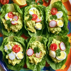 - 4 große Eier, hartgekocht und grob gehackt - 1 reife Avocado, cremig püriert - 2 Esslöffel griechischer Joghurt - 1 Teelöffel Dijon-Senf - 1 Esslöffel frischer Zitronensaft - 2 Esslöffel frischer Koriander, gehackt - Salz und Pfeffer nach Geschmack - 8 große Blätter Salat (Römersalat oder Buttersalat eignen sich hervorragend) Die Hauptzutaten bilden die Basis für den Avocado-Ei-Salat. Die Eier liefern viel Protein, während die Avocado gesunde Fette bietet. Griechischer Joghurt macht die Mischung cremig und leicht. Dijon-Senf bringt einen pikanten Geschmack. Zitronensaft sorgt für Frische, und Koriander fügt eine schöne Kräuternote hinzu. - Cherry-Tomaten, halbiert (zur Dekoration) - In Scheiben geschnittene Radieschen (zur Dekoration) Die Dekoration macht das Gericht noch appetitlicher. Die bunten Cherry-Tomaten bringen Farbe und Süße. Radieschen bieten einen knackigen Kontrast. Römersalat oder Buttersalat sind perfekt, um die Füllung zu halten und geben einen knackigen Biss. Für das vollständige Rezept, schauen Sie sich die [Full Recipe] an. Zuerst kochen Sie die Eier hart. Lassen Sie sie abkühlen, dann hacken Sie sie grob. Nehmen Sie die reife Avocado und pürieren Sie sie, bis sie cremig ist. Bereiten Sie die Gewürze vor, indem Sie den griechischen Joghurt, Dijon-Senf und Zitronensaft bereithalten. Geben Sie die gehackten Eier und das pürierte Avocadofleisch in eine große Schüssel. Vermengen Sie die Zutaten gut miteinander. Fügen Sie dann den Joghurt, Senf und Zitronensaft hinzu. Rühren Sie sanft, bis alles gut vermischt ist. Jetzt kommt der gehackte Koriander dazu. Schmecken Sie den Salat mit Salz und Pfeffer ab. Nehmen Sie die großen Salatblätter und legen Sie sie flach hin. Geben Sie eine großzügige Menge der Salatfüllung in die Mitte jedes Blattes. Falten Sie die Seiten des Blattes über die Füllung und rollen Sie es auf. Wiederholen Sie das mit den restlichen Blättern und der Eiersalat-Mischung. Arrangieren Sie die Wraps auf einer Servierplatte. Garnieren Sie sie mit halbierten Cherry-Tomaten und Radieschenscheiben für einen bunten Akzent. Für das vollständige Rezept werfen Sie einen Blick auf den Abschnitt „Vollständiges Rezept“. Um die Avocado-Ei-Salat-Wraps schön zu präsentieren, gibt es viele kreative Ideen. Serviere die Wraps auf einem bunten Tablett. Du kannst die Wraps noch frischer machen, indem du etwas zusätzlichen Zitronensaft darüber träufelst. Für einen eleganten Touch füge essbare Blüten hinzu. Diese Blüten verleihen den Wraps nicht nur Farbe, sondern sind auch essbar und gesund. Du kannst viele Zutaten zu den Wraps hinzufügen. Füge etwas gewürfelte Paprika oder frische Gurken für zusätzlichen Crunch hinzu. Wenn du es scharf magst, probiere ein wenig Chili oder Jalapeños. Für vegane Optionen kannst du die Eier durch Kichererbsen ersetzen. Auch der griechische Joghurt kann durch pflanzliche Alternativen ersetzt werden. So bleibt der Salat lecker und passt zu verschiedenen Ernährungsweisen. Für die vollständige Rezeptanleitung, schaue dir das [Full Recipe] an. {{image_4}} Um die Avocado-Ei-Salat-Wraps frisch zu halten, wähle den richtigen Behälter. Verwende luftdichte Behälter aus Glas oder Kunststoff. Diese halten die Wraps länger frisch. Lege die Wraps am besten mit Frischhaltefolie ein, um Luftkontakt zu vermeiden. Das hilft, die Avocado vor dem Braunwerden zu schützen. Ein zusätzlicher Tipp: Lege ein Stück Küchenpapier in den Behälter. Dieses absorbiert Feuchtigkeit und sorgt für eine bessere Frische. Die Wraps halten im Kühlschrank etwa zwei bis drei Tage. Achte darauf, sie gut verpackt zu lagern. Wenn du Reste hast, verwende sie schnell. Du kannst die Füllung auch als Brotaufstrich nutzen. So bleibt nichts übrig und du genießt die leckeren Aromen erneut. Vermeide es, die Wraps einzufrieren. Die Textur verändert sich und wird nicht mehr so gut. Die Avocado-Ei-Salat-Wraps halten sich gut im Kühlschrank. Sie bleiben frisch für etwa 2 bis 3 Tage. Um die Wraps optimal zu lagern, lege sie in einen luftdichten Behälter. Das schützt sie vor Luft und Feuchtigkeit. Du kannst auch ein Blatt Küchenpapier zwischen die Wraps legen. Das hilft, die Wraps trocken zu halten und sie frisch zu halten. Ja, du kannst die Wraps nach deinem Geschmack anpassen! Hier sind einige Ideen: - Zwiebeln: Füge fein gehackte rote Zwiebeln für einen scharfen Geschmack hinzu. - Paprika: Bunte Paprika sorgt für mehr Farbe und Crunch. - Gewürze: Experimentiere mit Paprikapulver oder Kreuzkümmel für zusätzlichen Geschmack. - Nüsse: Gehackte Walnüsse oder Mandeln geben einen knusprigen Biss. Diese Variationen machen die Wraps noch interessanter und leckerer. Ja, die Wraps sind glutenfrei! Du verwendest frische Salatblätter anstelle von Brot. Alle anderen Zutaten, wie Eier und Avocado, sind auch glutenfrei. Achte jedoch darauf, dass der Joghurt und der Senf keine Glutenbestandteile enthalten. So kannst du sicher sein, dass deine Wraps für eine glutenfreie Ernährung geeignet sind. - Vorbereitungszeit: 10 Minuten - Kochzeit: 0 Minuten - Portionen: 4 1. Beginne mit dem Hartkochen der Eier. Lass sie abkühlen und hacke sie grob. 2. Nimm eine reife Avocado und püriere sie, bis sie cremig ist. 3. Gib die gehackten Eier in eine große Schüssel. Füge die pürierte Avocado hinzu. 4. Jetzt kommt der griechische Joghurt dazu. Füge auch den Dijon-Senf und den Zitronensaft hinzu. 5. Rühre alles sanft, bis die Zutaten gut vermischt sind. 6. Mische dann den frisch gehackten Koriander unter. Schmecke die Mischung mit Salz und Pfeffer ab. 7. Nimm ein großes Salatblatt. Platziere eine großzügige Menge der Avocado-Ei-Salat-Mischung in die Mitte. 8. Klappe die Seiten des Blattes über die Füllung. Rolle es dann vorsichtig zu einem Wrap auf. 9. Wiederhole diesen Vorgang mit den restlichen Wraps. 10. Arrangiere die Wraps auf einem bunten Tablett. Garniere sie mit halbierten Cherry-Tomaten und Radieschenscheiben. Für die vollständige Anleitung, besuche das [Full Recipe]. Eier und Avocado im Wrap sind einfach lecker. Du hast gelernt, wie man sie zubereitet und präsentiert. Die Tipps und Tricks helfen dir, kreativ zu sein. Denke daran, dass Lagerung wichtig ist, um Frische zu erhalten. Du kannst die Wraps leicht anpassen und mit verschiedenen Zutaten experimentieren. Sei mutig und probiere neue Kombinationen aus. So wird jeder Biss zu einem Genuss. Viel Spaß beim Kochen und Ausprobieren!