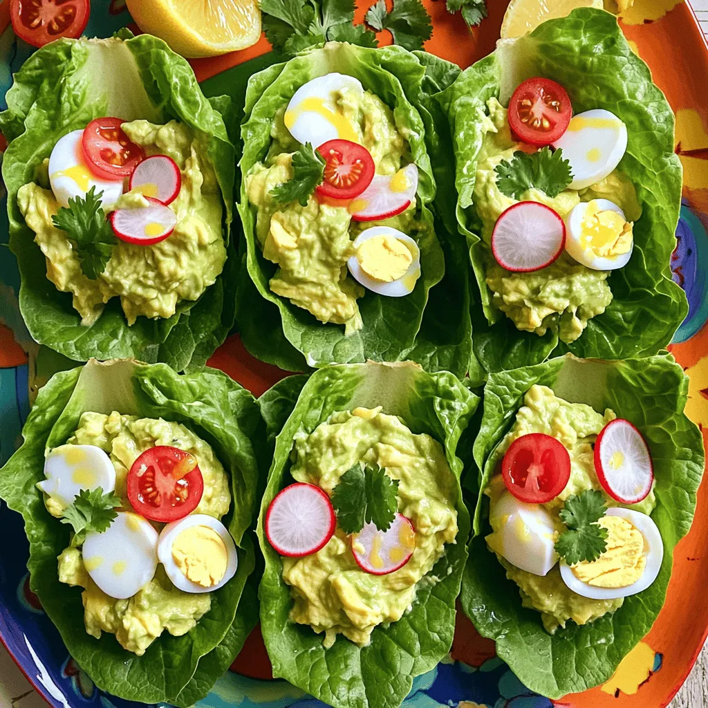 - 4 große Eier, hartgekocht und grob gehackt - 1 reife Avocado, cremig püriert - 2 Esslöffel griechischer Joghurt - 1 Teelöffel Dijon-Senf - 1 Esslöffel frischer Zitronensaft - 2 Esslöffel frischer Koriander, gehackt - Salz und Pfeffer nach Geschmack - 8 große Blätter Salat (Römersalat oder Buttersalat eignen sich hervorragend) Die Hauptzutaten bilden die Basis für den Avocado-Ei-Salat. Die Eier liefern viel Protein, während die Avocado gesunde Fette bietet. Griechischer Joghurt macht die Mischung cremig und leicht. Dijon-Senf bringt einen pikanten Geschmack. Zitronensaft sorgt für Frische, und Koriander fügt eine schöne Kräuternote hinzu. - Cherry-Tomaten, halbiert (zur Dekoration) - In Scheiben geschnittene Radieschen (zur Dekoration) Die Dekoration macht das Gericht noch appetitlicher. Die bunten Cherry-Tomaten bringen Farbe und Süße. Radieschen bieten einen knackigen Kontrast. Römersalat oder Buttersalat sind perfekt, um die Füllung zu halten und geben einen knackigen Biss. Für das vollständige Rezept, schauen Sie sich die [Full Recipe] an. Zuerst kochen Sie die Eier hart. Lassen Sie sie abkühlen, dann hacken Sie sie grob. Nehmen Sie die reife Avocado und pürieren Sie sie, bis sie cremig ist. Bereiten Sie die Gewürze vor, indem Sie den griechischen Joghurt, Dijon-Senf und Zitronensaft bereithalten. Geben Sie die gehackten Eier und das pürierte Avocadofleisch in eine große Schüssel. Vermengen Sie die Zutaten gut miteinander. Fügen Sie dann den Joghurt, Senf und Zitronensaft hinzu. Rühren Sie sanft, bis alles gut vermischt ist. Jetzt kommt der gehackte Koriander dazu. Schmecken Sie den Salat mit Salz und Pfeffer ab. Nehmen Sie die großen Salatblätter und legen Sie sie flach hin. Geben Sie eine großzügige Menge der Salatfüllung in die Mitte jedes Blattes. Falten Sie die Seiten des Blattes über die Füllung und rollen Sie es auf. Wiederholen Sie das mit den restlichen Blättern und der Eiersalat-Mischung. Arrangieren Sie die Wraps auf einer Servierplatte. Garnieren Sie sie mit halbierten Cherry-Tomaten und Radieschenscheiben für einen bunten Akzent. Für das vollständige Rezept werfen Sie einen Blick auf den Abschnitt „Vollständiges Rezept“. Um die Avocado-Ei-Salat-Wraps schön zu präsentieren, gibt es viele kreative Ideen. Serviere die Wraps auf einem bunten Tablett. Du kannst die Wraps noch frischer machen, indem du etwas zusätzlichen Zitronensaft darüber träufelst. Für einen eleganten Touch füge essbare Blüten hinzu. Diese Blüten verleihen den Wraps nicht nur Farbe, sondern sind auch essbar und gesund. Du kannst viele Zutaten zu den Wraps hinzufügen. Füge etwas gewürfelte Paprika oder frische Gurken für zusätzlichen Crunch hinzu. Wenn du es scharf magst, probiere ein wenig Chili oder Jalapeños. Für vegane Optionen kannst du die Eier durch Kichererbsen ersetzen. Auch der griechische Joghurt kann durch pflanzliche Alternativen ersetzt werden. So bleibt der Salat lecker und passt zu verschiedenen Ernährungsweisen. Für die vollständige Rezeptanleitung, schaue dir das [Full Recipe] an. {{image_4}} Um die Avocado-Ei-Salat-Wraps frisch zu halten, wähle den richtigen Behälter. Verwende luftdichte Behälter aus Glas oder Kunststoff. Diese halten die Wraps länger frisch. Lege die Wraps am besten mit Frischhaltefolie ein, um Luftkontakt zu vermeiden. Das hilft, die Avocado vor dem Braunwerden zu schützen. Ein zusätzlicher Tipp: Lege ein Stück Küchenpapier in den Behälter. Dieses absorbiert Feuchtigkeit und sorgt für eine bessere Frische. Die Wraps halten im Kühlschrank etwa zwei bis drei Tage. Achte darauf, sie gut verpackt zu lagern. Wenn du Reste hast, verwende sie schnell. Du kannst die Füllung auch als Brotaufstrich nutzen. So bleibt nichts übrig und du genießt die leckeren Aromen erneut. Vermeide es, die Wraps einzufrieren. Die Textur verändert sich und wird nicht mehr so gut. Die Avocado-Ei-Salat-Wraps halten sich gut im Kühlschrank. Sie bleiben frisch für etwa 2 bis 3 Tage. Um die Wraps optimal zu lagern, lege sie in einen luftdichten Behälter. Das schützt sie vor Luft und Feuchtigkeit. Du kannst auch ein Blatt Küchenpapier zwischen die Wraps legen. Das hilft, die Wraps trocken zu halten und sie frisch zu halten. Ja, du kannst die Wraps nach deinem Geschmack anpassen! Hier sind einige Ideen: - Zwiebeln: Füge fein gehackte rote Zwiebeln für einen scharfen Geschmack hinzu. - Paprika: Bunte Paprika sorgt für mehr Farbe und Crunch. - Gewürze: Experimentiere mit Paprikapulver oder Kreuzkümmel für zusätzlichen Geschmack. - Nüsse: Gehackte Walnüsse oder Mandeln geben einen knusprigen Biss. Diese Variationen machen die Wraps noch interessanter und leckerer. Ja, die Wraps sind glutenfrei! Du verwendest frische Salatblätter anstelle von Brot. Alle anderen Zutaten, wie Eier und Avocado, sind auch glutenfrei. Achte jedoch darauf, dass der Joghurt und der Senf keine Glutenbestandteile enthalten. So kannst du sicher sein, dass deine Wraps für eine glutenfreie Ernährung geeignet sind. - Vorbereitungszeit: 10 Minuten - Kochzeit: 0 Minuten - Portionen: 4 1. Beginne mit dem Hartkochen der Eier. Lass sie abkühlen und hacke sie grob. 2. Nimm eine reife Avocado und püriere sie, bis sie cremig ist. 3. Gib die gehackten Eier in eine große Schüssel. Füge die pürierte Avocado hinzu. 4. Jetzt kommt der griechische Joghurt dazu. Füge auch den Dijon-Senf und den Zitronensaft hinzu. 5. Rühre alles sanft, bis die Zutaten gut vermischt sind. 6. Mische dann den frisch gehackten Koriander unter. Schmecke die Mischung mit Salz und Pfeffer ab. 7. Nimm ein großes Salatblatt. Platziere eine großzügige Menge der Avocado-Ei-Salat-Mischung in die Mitte. 8. Klappe die Seiten des Blattes über die Füllung. Rolle es dann vorsichtig zu einem Wrap auf. 9. Wiederhole diesen Vorgang mit den restlichen Wraps. 10. Arrangiere die Wraps auf einem bunten Tablett. Garniere sie mit halbierten Cherry-Tomaten und Radieschenscheiben. Für die vollständige Anleitung, besuche das [Full Recipe]. Eier und Avocado im Wrap sind einfach lecker. Du hast gelernt, wie man sie zubereitet und präsentiert. Die Tipps und Tricks helfen dir, kreativ zu sein. Denke daran, dass Lagerung wichtig ist, um Frische zu erhalten. Du kannst die Wraps leicht anpassen und mit verschiedenen Zutaten experimentieren. Sei mutig und probiere neue Kombinationen aus. So wird jeder Biss zu einem Genuss. Viel Spaß beim Kochen und Ausprobieren!