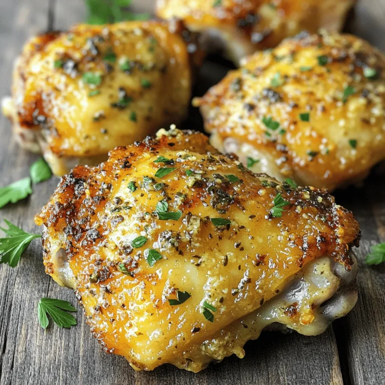 - 4 Hähnchenschenkel mit Knochen und Haut - 4 Knoblauchzehen, fein gehackt - 1/2 Tasse geriebener Parmesan - 1 Teelöffel italienische Kräuter - 1 Teelöffel Paprika - 2 Esslöffel Olivenöl - Salz und Pfeffer nach Geschmack - Frische Petersilie, fein gehackt (zum Garnieren) Die Hauptzutaten sind einfach zu finden. Die Hähnchenschenkel geben dem Gericht Geschmack und Saftigkeit. Knoblauch bringt ein tolles Aroma. Parmesan macht die Haut knusprig und lecker. Kombiniere diese Zutaten in einer Schüssel. Mische den Knoblauch, Parmesan, Kräuter, Paprika, Olivenöl, Salz und Pfeffer gut. Für das beste Ergebnis, benutze frischen Knoblauch. Er hat mehr Geschmack als getrockneter. Du kannst auch den Parmesan frisch reiben, um die beste Textur zu bekommen. Denke daran, die Hähnchenschenkel vorher gut abzutrocknen. So wird die Haut knusprig. Ein wenig frische Petersilie als Garnierung bringt Farbe auf den Teller. Es sieht schön aus und schmeckt frisch. - Knoblauch-Parmesan-Mischung zubereiten: Nimm eine Rührschüssel und füge die fein gehackten Knoblauchzehen, den geriebenen Parmesan, die italienischen Kräuter, das Paprikapulver, das Olivenöl, Salz und Pfeffer hinzu. Mische alles gut, bis eine gleichmäßige Paste entsteht. Diese Mischung gibt dem Hähnchen viel Geschmack. - Hähnchenschenkel vorbereiten: Tupfe die Hähnchenschenkel mit Küchenpapier trocken. Das hilft, die Haut knusprig zu machen. Trage dann die Knoblauch-Parmesan-Mischung großzügig auf die Hähnchenschenkel auf. Reibe die Mischung auch unter die Haut, damit das Fleisch den vollen Geschmack aufnimmt. - Air Fryer vorheizen auf 190°C: Heize deinen Air Fryer auf 190°C vor. Das dauert etwa fünf Minuten. Ein vorgeheizter Air Fryer sorgt dafür, dass die Hähnchenschenkel gleichmäßig garen. - Hähnchenschenkel anordnen und garen: Lege die Hähnchenschenkel in einer einzigen Schicht in den Korb des Air Fryers. Achte darauf, dass sie sich nicht berühren. Gare die Hähnchenschenkel 25 bis 30 Minuten lang. Sie sind fertig, wenn sie eine Innentemperatur von 74°C erreicht haben und die Haut schön knusprig ist. - Hähnchenschenkel ruhen lassen: Nimm die Hähnchenschenkel aus dem Air Fryer und lasse sie für etwa fünf Minuten ruhen. Dies hilft, die Säfte im Hähnchen zu halten. - Serviervorschlag: Richte die Hähnchenschenkel auf einem großen Teller an. Du kannst sie mit frisch gehackter Petersilie garnieren. Ein paar Zitronenscheiben dazu bringen Farbe auf den Teller. Um die Haut der Hähnchenschenkel knusprig zu machen, tupfe sie zuerst trocken. Dies entfernt die Feuchtigkeit. Feuchte Haut wird nicht knusprig. Du kannst auch ein wenig Olivenöl auf die Haut geben. So wird sie noch knuspriger. Stelle den Air Fryer auf 190°C ein. Ein heißer Luftstrom hilft, die Haut schön braun zu machen. Mariniere die Hähnchenschenkel mindestens 30 Minuten lang. So zieht der Geschmack gut ein. Du kannst auch über Nacht marinieren, wenn du Zeit hast. Das macht das Fleisch zart und saftig. Für zusätzliche Aromen kannst du verschiedene Kräuter nutzen. Versuche Rosmarin oder Thymian für einen anderen Geschmack. Für die Beilagen empfehle ich einen frischen Salat oder geröstetes Gemüse. Diese passen gut zu den würzigen Hähnchenschenkeln. Dekoriere den Teller mit frischer Petersilie oder Zitronenscheiben. Das sieht nicht nur schön aus, sondern bringt auch Frische auf den Teller. {{image_4}} Um deinem Knoblauch Parmesan Air Fryer Hähnchenschenkel eine neue Note zu geben, kannst du andere Gewürze verwenden. Probiere Cajun-Gewürz oder scharfe Paprika für einen würzigen Kick. Diese Gewürze bringen mehr Tiefe und einen tollen Geschmack. Ein Spritzer Zitronen- oder Limettensaft kann ebenfalls viel bewirken. Er verleiht dem Fleisch eine frische Note. Füge einfach etwas Zitronensaft zur Marinade hinzu. Das wird dein Gericht auf das nächste Level heben. Falls du eine vegetarische Option suchst, probiere Pilze oder Blumenkohl-Wings im Air Fryer. Diese Zutaten nehmen Aromen gut auf und werden schön knusprig. Du kannst die gleiche Marinade verwenden, um den vollen Geschmack zu erreichen. Wenn du die Marinade anpassen möchtest, kannst du auch pflanzliche Käsealternativen nutzen. Diese bringen einen ähnlichen Geschmack wie Parmesan, ohne tierische Produkte. So kannst du ein köstliches vegetarisches Gericht kreieren. Dips sind eine tolle Ergänzung zu deinen Hähnchenschenkeln. Du kannst sie mit verschiedenen Soßen servieren. Eine einfache Knoblauchsoße oder eine würzige BBQ-Sauce passen gut dazu. Wenn du selbstgemachte Saucen machen möchtest, probiere eine Joghurt-Dip mit Kräutern. Einfach Joghurt mit frischen Kräutern, Zitronensaft und etwas Salz vermischen. Das bringt Frische und macht das Essen noch leckerer. Bewahre die Hähnchenschenkel nach dem Kochen in einem luftdichten Behälter auf. Sie bleiben im Kühlschrank bis zu drei Tage frisch. Wenn du die Hähnchenschenkel portionierst, kannst du sie einfach aufwärmen. Das hilft, die Reste besser zu nutzen und die Frische zu bewahren. Um die Hähnchenschenkel wieder aufzuwärmen, lege sie in den Air Fryer. Stelle die Temperatur auf 350°F (175°C) ein. Garen sie für etwa 10 bis 15 Minuten. Dadurch bleibt die Haut knusprig. Achte darauf, sie nicht zu lange zu erhitzen, sonst werden sie trocken. Mariniere die Hähnchenschenkel bis zu 24 Stunden vor dem Kochen. Lass sie im Kühlschrank ruhen. So nehmen sie den vollen Geschmack auf. Halte die Zutaten frisch, indem du sie in gut verschlossenen Behältern lagerst. So hast du alles bereit, wenn du die Hähnchenschenkel zubereiten möchtest. Die Garzeit für Hähnchenschenkel im Air Fryer beträgt etwa 25 bis 30 Minuten. Stelle die Temperatur auf 190°C ein. Überprüfe die Innentemperatur mit einem Thermometer. Diese sollte 74°C erreichen. So bist du sicher, dass das Hähnchen gut durch ist. Gekochte Haut wird knusprig bei dieser Temperatur. Ja, du kannst gefrorenes Hähnchen im Air Fryer verwenden. Achte jedoch darauf, die Garzeit zu erhöhen. Gefrorenes Hähnchen braucht etwa 5 bis 10 Minuten länger als frisches. Stelle sicher, dass das Hähnchen gleichmäßig gar wird. Es ist wichtig, die Innentemperatur zu prüfen. Sie muss auch hier 74°C erreichen. Wenn die Haut nicht knusprig wird, tupfe die Hähnchenschenkel vor dem Kochen trocken. Feuchtigkeit auf der Haut kann die Knusprigkeit beeinträchtigen. Stelle auch sicher, dass du genug Olivenöl verwendest. Dies hilft, eine goldene, knusprige Haut zu bekommen. Ein weiterer Tipp ist, den Air Fryer nicht zu überladen. Lasse genug Platz für die Luftzirkulation. Das vollständige Rezept für Knoblauch-Parmesan Air Fryer Hähnchenschenkel findest du in der Rezeptsektion. Dort sind alle Zutaten und Schritte genau beschrieben. Du kannst auch die Tipps für die Zubereitung dort nachlesen. Zusammenfassend haben wir die Hauptzutaten und die Schritt-für-Schritt-Anleitung für knusprige Hähnchenschenkel im Air Fryer besprochen. Die richtigen Gewürze und die Marinade sind entscheidend für den Geschmack. Mit den Tipps für knusprige Haut können Sie tolle Ergebnisse erzielen. Variieren Sie das Rezept mit verschiedenen Gewürzen oder vegetarischen Optionen. Vergessen Sie nicht die Aufbewahrungshinweise für Reste. Diese Methode macht leckeres Essen einfach und schnell. Experimentieren Sie und genießen Sie die Mahlzeiten, die Sie zubereiten!