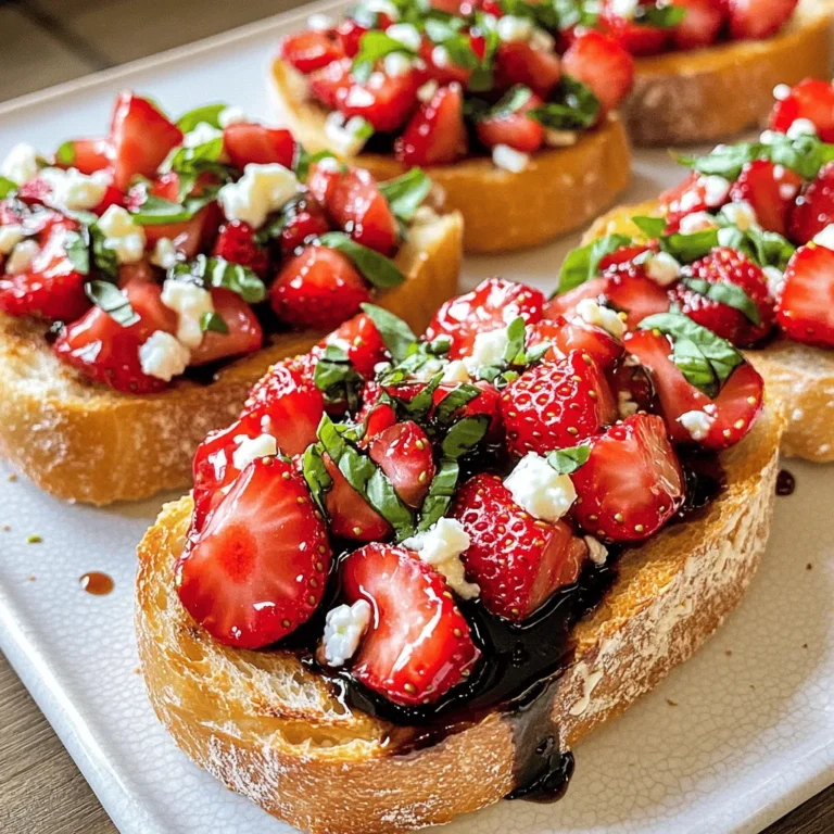 Für die perfekte Erdbeer-Basilikum-Bruschetta brauchen Sie: - 1 französisches Baguette, in 1,25 cm dicke Scheiben geschnitten - 500 g frische Erdbeeren, entkelcht und gewürfelt - 60 ml frische Basilikumblätter, fein gehackt - 45 ml Balsamico-Glasur - 30 ml Olivenöl - 1 Knoblauchzehe, halbiert - Salz und Pfeffer nach Geschmack Diese Zutaten sind einfach zu finden und machen das Gericht frisch und lecker. Um den Geschmack zu verbessern, können Sie folgende Zutaten hinzufügen: - Zerbröckelter Fetakäse - Frische Mozzarella in kleinen Stücken Diese Optionen geben der Bruschetta eine cremige Note und passen gut zu den Erdbeeren. Frische Zutaten sind der Schlüssel zu einem großartigen Gericht. Achten Sie darauf: - Wählen Sie reife Erdbeeren, die süß und saftig sind. - Verwenden Sie frische Basilikumblätter, die einen starken Duft haben. - Das Baguette sollte knusprig und frisch sein. Kaufen Sie die Zutaten am besten am Tag, an dem Sie die Bruschetta zubereiten. So bleibt alles frisch und geschmackvoll. Heize deinen Ofen auf 200°C vor. Das ist wichtig für die perfekte Knusprigkeit. Nimm ein französisches Baguette und schneide es in 1,25 cm dicke Scheiben. Lege die Scheiben in einer einzigen Schicht auf ein Backblech. Bestreiche jede Scheibe leicht mit Olivenöl auf beiden Seiten. So wird das Brot schön goldbraun. Röste die Baguettescheiben im Ofen für etwa 5 bis 7 Minuten. Achte darauf, dass sie knusprig und goldbraun sind. Während das Brot röstet, kannst du die Erdbeermischung machen. Nimm 500 g frische Erdbeeren und entkelche sie. Würfle die Erdbeeren in kleine Stücke. In einer Schüssel vermenge die gewürfelten Erdbeeren mit 60 ml fein gehackten Basilikumblättern. Das bringt einen tollen Geschmack. Jetzt träufle 45 ml Balsamico-Glasur über die Mischung. Rühre alles vorsichtig um, bis die Erdbeeren gut bedeckt sind. Füge Salz und Pfeffer nach Geschmack hinzu. Sobald das Brot fertig ist, nimm das Backblech aus dem Ofen. Reibe die Schnittseite einer halbierten Knoblauchzehe über jede geröstete Scheibe. Das gibt einen tollen Aroma-Kick. Jetzt kommt der beste Teil: Gib auf jede Baguettescheibe einen großzügigen Löffel von der Erdbeer-Basilikum-Mischung. Wenn du magst, streue zerbröckelten Fetakäse oder kleine Stücke frischer Mozzarella darüber. Das macht die Bruschetta noch cremiger. Serviere sie sofort als Vorspeise oder Snack. Garniere sie nach Wunsch mit frischem Basilikum. Um das Brot perfekt zu rösten, heize deinen Ofen auf 200°C vor. Schneide das Baguette in 1,25 cm dicke Scheiben. Lege die Scheiben auf ein Backblech. Bestreiche jede Seite leicht mit Olivenöl. Röste sie für 5-7 Minuten. Achte darauf, dass sie goldbraun und knusprig sind. Das gibt der Bruschetta eine tolle Textur. Wenn du das Brot gleichmäßig röstest, bekommst du die beste Basis für dein Gericht. Die Präsentation macht viel aus. Lege die gerösteten Baguettescheiben auf ein großes Tablett. Fülle jede Scheibe mit der Erdbeer-Basilikum-Mischung. Achte darauf, dass du genug von der Mischung verwendest. Das macht die Bruschetta einladend und schön. Du kannst frische Basilikumblätter als Garnitur verwenden. Das gibt einen frischen Farbklecks und sieht toll aus. Wenn du gerne experimentierst, gibt es viele Anpassungen. Du kannst andere Früchte hinzufügen, wie Pfirsiche oder Tomaten. Diese Früchte passen gut zu Basilikum. Probiere auch verschiedene Käsesorten aus. Feta gibt einen tollen, salzigen Geschmack. Mozzarella sorgt für Cremigkeit. Du kannst auch Nüsse oder Samen für zusätzlichen Crunch hinzufügen. Sei kreativ und finde deinen eigenen Stil! {{image_4}} Erdbeer-Basilikum-Bruschetta ist von Natur aus vegetarisch. Wenn Sie eine vegane Version machen möchten, lassen Sie den Käse einfach weg. Das bringt frischen Geschmack. Sie können auch Avocado hinzufügen. Sie ist cremig und gesund. Die Zutaten können je nach Saison variieren. Im Sommer sind Erdbeeren am besten. Im Herbst können Sie Äpfel oder Birnen nutzen. Diese Früchte passen gut zu Basilikum. Im Winter probieren Sie vielleicht getrocknete Früchte mit einer Prise Zimt. Das gibt einen warmen, süßen Geschmack. Experimentieren Sie mit anderen Früchten. Pfirsiche und Himbeeren sind tolle Optionen. Sie bringen frische Aromen mit. Auch Kräuter können variieren. Minze oder Oregano geben einen neuen Twist. Diese Kombinationen machen das Gericht spannend und lecker. Wenn du Bruschetta übrig hast, lagere sie in einem luftdichten Behälter. Das hilft, die Frische zu bewahren. Lege ein Stück Küchenpapier in den Behälter. Es nimmt die Feuchtigkeit auf und hält das Brot knusprig. Bewahre die Bruschetta im Kühlschrank auf, aber esse sie innerhalb von zwei Tagen. Wenn du noch Erdbeeren oder Basilikum hast, nutze sie für andere Gerichte. Du kannst die Erdbeeren in Joghurt oder Müsli geben. Sie passen auch gut zu Salaten. Basilikum lässt sich gut in Pesto oder als Gewürz für Pasta verwenden. Diese Ideen helfen, Lebensmittel zu retten und Abfall zu vermeiden. Die Haltbarkeit der Bruschetta hängt von den Zutaten ab. Das Brot bleibt bis zu zwei Tage frisch im Kühlschrank. Die Erdbeermischung sollte innerhalb von drei Tagen gegessen werden. Achte darauf, die Mischung immer gut zu verschließen. Wenn du einen seltsamen Geruch oder eine Veränderung der Farbe bemerkst, wirf sie weg. Sicherheit ist wichtig, auch bei köstlichen Speisen! Ja, du kannst andere Brotsorten verwenden. Baguette ist knusprig und lecker. Aber auch Ciabatta oder Vollkornbrot funktionieren gut. Der Geschmack kann sich leicht ändern, aber das ist okay. Probiere verschiedene Brote aus und finde deinen Favoriten! Du kannst die Erdbeermischung bis zu zwei Stunden im Voraus zubereiten. Lagere sie im Kühlschrank, damit sie frisch bleibt. Das Balsamico hilft, die Aromen gut zu verbinden. Rühre kurz vor dem Servieren um, um alles gut zu vermischen. Zu Erdbeer-Basilikum-Bruschetta passen leichte Getränke gut. Ein trockener Weißwein, wie Sauvignon Blanc, harmoniert klasse. Auch Prosecco oder ein frischer Spritz passt gut dazu. Für eine alkoholfreie Option kannst du Mineralwasser mit Zitrone wählen. Diese Getränke heben die Aromen der Bruschetta hervor. Diese Anleitung zeigt, wie Sie leckere Erdbeer-Basilikum-Bruschetta zubereiten. Sie lernten die besten Zutaten kennen und wie Sie sie frisch halten. Ich gab Tipps zur perfekten Röstung und kreativen Varianten. Denken Sie daran, dass Reste gut gelagert werden können. Variieren Sie die Rezepte nach Ihrem Geschmack. Lassen Sie Ihrer Kreativität freien Lauf, um neue Kombinationen zu entdecken. Genießen Sie Ihre Bruschetta mit Freunden oder Familie. Es wird sicher ein Hit!