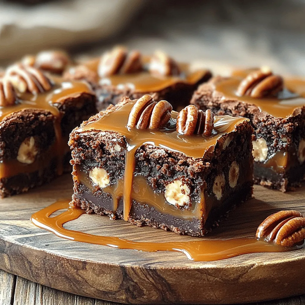 Um die besten Caramel Pecan Turtle Brownie Bars zu machen, brauchen wir einige wichtige Zutaten: - 240 g ungesalzene Butter, geschmolzen - 300 g Haushaltszucker - 220 g brauner Zucker, fest gepackt - 4 große Eier - 2 Teelöffel Vanilleextrakt - 130 g Weizenmehl - 100 g ungesüßtes Kakaopulver - ½ Teelöffel Salz - 170 g halbbitte Schokoladenstückchen - 120 g Pekannüsse, grob gehackt - 240 ml Karamellsauce (gekauft oder selbstgemacht) Diese Zutaten sind die Basis für einen leckeren Brownie. Ich finde, die Kombination aus Schokolade, Karamell und Pekannüssen macht sie besonders. Eine Portion besteht aus einem Riegel. Die Nährwerte können variieren, aber hier ist eine grobe Schätzung: - Kalorien: ca. 250 pro Riegel - Fett: 12 g - Kohlenhydrate: 35 g - Zucker: 20 g - Eiweiß: 3 g Diese Riegel sind ein süßer Genuss. Genießen Sie sie in Maßen! Die Wahl der richtigen Zutaten macht einen großen Unterschied. Hier sind meine Tipps: - Butter: Verwenden Sie ungesalzene Butter. So können Sie den Salzgeschmack besser kontrollieren. - Zucker: Brauner Zucker bringt Feuchtigkeit und Geschmack. Er sorgt für eine weiche Textur. - Eier: Frische Eier sind wichtig für die Struktur der Brownies. - Kakaopulver: Wählen Sie ungesüßtes Kakaopulver für den besten Schokoladengeschmack. - Pekannüsse: Achten Sie auf frische Nüsse. Sie sollten knackig und aromatisch sein. - Karamellsauce: Selbstgemachte Karamellsauce schmeckt oft am besten. Sie können sie aber auch kaufen. Mit diesen Zutaten und Tipps sind Sie auf dem besten Weg zu köstlichen Brownie-Riegeln! Zuerst heize deinen Ofen auf 175 °C vor. Wähle eine Backform von 23x33 cm. Fette die Form gut ein oder lege sie mit Backpapier aus. So wird das Herausnehmen später einfacher. Das ist ein wichtiger Schritt, um die Riegel nicht zu beschädigen. Nimm eine große Schüssel. Vermenge darin die geschmolzene Butter mit dem Haushaltszucker und dem braunen Zucker. Rühre, bis alles gut vermischt ist. Füge jetzt die Eier einzeln hinzu. Rühre nach jedem Ei gut um. Danach kommt der Vanilleextrakt dazu. In einer weiteren Schüssel mische das Mehl, Kakaopulver und das Salz. Gib diese Mischung nach und nach in die feuchten Zutaten. Rühre nur, bis alles gerade so kombiniert ist. Zu langes Rühren macht die Brownies hart. Füge die Schokoladenstückchen und die gehackten Pekannüsse hinzu. Mische sie vorsichtig unter. Gieße die Hälfte des Teigs in die vorbereitete Form. Verteile ihn gleichmäßig. Träufle die Hälfte der Karamellsauce über den Teig. Nimm ein Messer und ziehe vorsichtig Muster hinein. Gieße dann den restlichen Teig über die Karamellschicht. Glätte die Oberfläche. Träufle die restliche Karamellsauce obenauf und mache erneut Muster mit dem Messer. Jetzt backe die Riegel für 25 bis 30 Minuten. Achte darauf, dass die Ränder fest sind. Wenn du einen Zahnstocher in die Mitte steckst, sollten ein paar feuchte Krümel daran haften. Das ist das Zeichen, dass sie fertig sind. Lass die Brownie-Riegel in der Form auf einem Kuchengitter komplett abkühlen. Schneide sie erst, wenn sie ganz abgekühlt sind. So bleiben sie in Form. Wenn du sie servierst, kannst du sie mit zusätzlicher Karamellsauce und ganzen Pekannüssen garnieren. Um die perfekte Textur für deine Caramel Pecan Turtle Brownie Bars zu erreichen, achte darauf, die trockenen und feuchten Zutaten nur kurz zu mischen. Wenn du zu lange rührst, werden die Brownies zäh. Halte auch die Backzeit im Auge. Die Riegel sollten am Rand fest, aber in der Mitte leicht feucht sein. Ein Zahnstocher sollte mit ein paar feuchten Krümeln herauskommen. Dies sorgt für eine fudgy Konsistenz. Ein häufiger Fehler ist, die Eier zu schnell hinzuzufügen. Füge sie einzeln hinzu und rühre gut nach jedem Ei. Ein weiterer Fehler ist, die Karamellsauce direkt in den Teig zu mischen. Träufle sie immer zwischen die Schichten, um schöne Muster zu erzeugen. Auch das Überbacken ist ein Problem. Achte darauf, die Riegel rechtzeitig aus dem Ofen zu nehmen. Du kannst die Pekannüsse durch Walnüsse oder Mandeln ersetzen, wenn du magst. Für einen zusätzlichen Schokoladengeschmack, füge Schokoladenstückchen in die Karamellsauce ein. Du kannst auch eine Prise Meersalz oben auf die Riegel streuen. Das gibt einen tollen Kontrast zu der Süße des Karamells. {{image_4}} Wenn du gesündere Optionen suchst, kannst du einige Zutaten ersetzen. Nutze Mandelmehl statt Weizenmehl. Es ist nussig und glutenfrei. Verwende Kokosblütenzucker anstelle von Haushaltszucker. Er hat einen niedrigeren glykämischen Index. Du kannst auch Zartbitterschokolade wählen, um den Zuckergehalt zu senken. Für eine cremigere Textur kannst du ungesüßten Apfelmus anstelle von Butter verwenden. So bleibt der Geschmack reichhaltig, aber weniger fettig. Um die Brownie-Riegel glutenfrei zu machen, ersetze das Weizenmehl durch ein glutenfreies Mehl. Es gibt viele Mischungen, die gut funktionieren. Achte darauf, dass alle anderen Zutaten auch glutenfrei sind. Das bedeutet, du musst sicherstellen, dass die Karamellsauce und die Schokolade keine Glutenbestandteile enthalten. Mit diesen Anpassungen kannst du leckere Riegel für alle anbieten. Experimentiere mit verschiedenen Nüssen und Schokoladen. Cashewkerne oder Mandeln passen gut zu diesem Rezept. Du kannst auch weiße Schokolade verwenden, um einen süßeren Geschmack zu erzielen. Oder versuche Milchschokolade für eine andere Note. Diese Variationen geben den Brownie-Riegeln einen neuen Twist. So bleibt das Rezept spannend und frisch. Um die Frische der Brownie-Riegel zu bewahren, lege sie in einen luftdichten Behälter. Du kannst sie auch mit Frischhaltefolie umwickeln. So bleiben sie weich und lecker. Lagere sie bei Raumtemperatur, wenn du sie bald isst. Für längere Zeit kannst du sie im Kühlschrank aufbewahren. Die Brownie-Riegel halten sich in einem luftdichten Behälter bis zu einer Woche. Möchtest du sie länger aufbewahren? Dann friere sie ein! Schneide die Riegel in Portionen und lege sie in einen Gefrierbeutel. So bleiben sie bis zu drei Monate frisch. Achte darauf, die Luft gut herauszudrücken. Wenn du Reste hast, sei kreativ! Du kannst die Brownie-Riegel in Eiscreme oder Joghurt mischen. Sie eignen sich auch gut als Topping für Kuchen. Zerbrich sie einfach in Stücke und streue sie darüber. So machst du jedes Dessert noch besser! Die Zubereitung dieser Brownie-Riegel dauert etwa 15 Minuten. Danach backen sie für 25 bis 30 Minuten. Ingesamt sind Sie in etwa 50 Minuten fertig. Das ist schnell für so einen leckeren Snack! Ja, Sie können die Karamellsauce selbst machen! Für eine einfache Karamellsauce brauchen Sie Zucker, Wasser und Sahne. Kochen Sie den Zucker mit Wasser, bis er schmilzt. Fügen Sie dann die Sahne hinzu und rühren Sie gut um. Lassen Sie die Mischung abkühlen, bevor Sie sie verwenden. Es gibt viele kreative Wege, die Brownie-Riegel zu verbessern! Fügen Sie zum Beispiel mehr Nüsse hinzu oder geben Sie etwas Meersalz oben drauf. Sie können auch verschiedene Schokoladen verwenden, wie weiße oder Milchschokolade. Experimentieren Sie mit verschiedenen Toppings, um Ihre Riegel einzigartig zu machen! Caramel Pecan Turtle Brownie Bars sind lecker und einfach zu machen. Wir haben die Zutaten und die Schritt-für-Schritt-Anleitung besprochen. Auch Tipps zur Textur und häufige Fehler sind wichtig, um tolle Riegel zu erhalten. Variationen bieten viele Möglichkeiten für jeden Geschmack. Die richtige Lagerung hilft, die Frische zu bewahren. Mit diesen Infos und Tricks gelingt dir das Rezept sicher. Jetzt kannst du deine eigenen Brownie-Riegel backen und genießen!