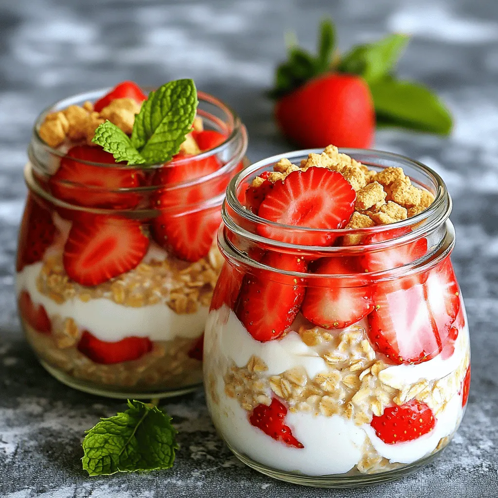 - 1 Tasse Haferflocken (gerollt) - 1 Tasse Milch (Milch oder pflanzlich) - 1/2 Tasse griechischer Joghurt - 1/2 Tasse Frischkäse, weich - 1/2 Tasse frische Erdbeeren, gehackt Die Hauptzutaten machen den Geschmack aus. Haferflocken sind gesund und füllen. Sie bieten eine gute Basis für die Übernacht-Haferflocken. Die Milch sorgt dafür, dass die Mischung schön cremig wird. Griechischer Joghurt und Frischkäse geben der Mischung die Käsekuchen-Note. Und die Erdbeeren bringen die süße Frische. - 2 Esslöffel Ahornsirup oder Honig - 1 Teelöffel Vanilleextrakt - Eine Prise Salz Die Süßungsmittel geben den Haferflocken den richtigen Kick. Ahornsirup oder Honig sind tolle Optionen. Sie machen das Frühstück süß, aber nicht zu süß. Vanilleextrakt fügt ein warmes Aroma hinzu. Ein wenig Salz hilft, die Geschmäcker zu verstärken. - 2 Esslöffel zerbröselte Graham-Cracker - Frische Erdbeeren - Minze (zur Garnitur) Toppings machen das Gericht besonders. Zerbröselte Graham-Cracker sind wie der Boden eines Käsekuchens. Sie bieten einen tollen Crunch. Frische Erdbeeren als Topping bringen Farbe und Frische. Ein Zweig Minze sieht schön aus und gibt einen frischen Geschmack. Beginne mit einer großen Schüssel. Vermenge die Haferflocken, Milch und Joghurt. Füge den Frischkäse hinzu. Rühre die Mischung gut um, bis sie glatt ist. Achte darauf, dass keine Klumpen vom Frischkäse übrig bleiben. Füge dann zwei Esslöffel Ahornsirup oder Honig und einen Teelöffel Vanilleextrakt hinzu. Eine Prise Salz rundet den Geschmack ab. Jetzt kommen die Erdbeeren ins Spiel. Hacke die frischen Erdbeeren und rühre sie vorsichtig unter die Mischung. Bewahre einige Erdbeeren für die Garnitur auf. Teile die Mischung gleichmäßig auf zwei Gläser oder Schalen auf. Decke sie mit Deckeln oder Frischhaltefolie ab, damit sie frisch bleiben. Lass die Mischung mindestens vier Stunden im Kühlschrank stehen. So werden die Haferflocken weich und die Aromen ziehen gut durch. Vor dem Servieren rühre die Mischung gut um. Garniere sie mit den restlichen Erdbeeren und streue die zerbröselten Graham-Cracker darüber. So erhältst du den perfekten Käsekuchen-Crunch. Für eine glatte Konsistenz benutze ich einen Schneebesen. Der Schneebesen hilft, alle Zutaten gut zu vermischen. So wird die Mischung schön cremig. Um Klumpen im Frischkäse zu vermeiden, stelle sicher, dass er weich ist. Lass ihn vor der Nutzung etwas stehen. Rühre ihn gut mit den anderen Zutaten ein. So erhältst du eine perfekte Basis. Ich liebe es, die Übernacht-Haferflocken in klaren Gläsern zu servieren. Die bunten Schichten sehen toll aus. Du kannst frische Erdbeeren als Garnitur verwenden. Ein kleiner Zweig frischer Minze macht das Bild noch schöner. So wird das Gericht nicht nur lecker, sondern auch ansprechend. Du kannst die Früchte nach deinem Geschmack variieren. Himbeeren oder Blaubeeren funktionieren auch gut. Wenn du den Joghurt oder Frischkäse ersetzen möchtest, probiere pflanzliche Alternativen aus. Kokosjoghurt oder veganer Frischkäse sind lecker. So passt das Rezept zu verschiedenen Ernährungsweisen. {{image_4}} Ich liebe es, mit verschiedenen Geschmäckern zu experimentieren. Hier sind zwei tolle Ideen: - Schokoladen-Käsekuchen Übernacht-Haferflocken: Fügen Sie 2 Esslöffel Kakaopulver zur Mischung hinzu. Ersetzen Sie die Erdbeeren durch Schokoladenstückchen. Dies gibt Ihnen einen reichen, schokoladigen Geschmack. - Tropical Obst Übernacht-Haferflocken: Ersetzen Sie die Erdbeeren durch Ananas und Mango. Fügen Sie etwas Kokosnusscreme hinzu. Diese Kombination bringt einen sonnigen, tropischen Flair in Ihr Frühstück. Für alle, die auf spezielle Diäten achten, habe ich auch einige Vorschläge: - Vegane Version: Verwenden Sie pflanzliche Milch und veganen Frischkäse. Ersetzen Sie den Joghurt durch einen pflanzlichen Joghurt. Dies macht das Rezept komplett vegan. - Glutenfreie Alternativen: Nutzen Sie glutenfreie Haferflocken. Achten Sie auch darauf, glutenfreie Graham-Cracker zu verwenden. So bleibt das Rezept für jeden zugänglich. Es ist einfach, die Portionen anzupassen: - Anpassung der Zutaten für mehr oder weniger Portionen: Verdoppeln oder halbieren Sie einfach die Zutaten. Sie können leicht die Menge an Haferflocken, Milch und anderen Bestandteilen ändern. - Aufbewahrung von Resten: Bewahren Sie die Übernacht-Haferflocken in einem luftdichten Behälter im Kühlschrank auf. So bleiben sie frisch für bis zu drei Tage. Genießen Sie die Reste als Snack oder schnelles Frühstück! Die Erdbeer-Käsekuchen Übernacht-Haferflocken sind bis zu 3 Tage im Kühlschrank haltbar. Achte darauf, sie in einem luftdichten Behälter zu lagern. So bleiben die Aromen frisch und die Haferflocken weich. Für die besten Lagerbedingungen stelle sicher, dass die Mischung gut abgedeckt ist. Das verhindert, dass sie andere Gerüche im Kühlschrank aufnimmt. Wenn du die Mischung länger aufbewahren möchtest, kannst du sie einfrieren. Teile die Mischung in Portionen auf und fülle sie in gefriergeeignete Behälter. Achte darauf, etwas Platz für die Ausdehnung während des Einfrierens zu lassen. Um sie aufzutauen, stelle die Behälter über Nacht in den Kühlschrank. Du kannst die Mischung auch in der Mikrowelle auf niedriger Stufe auftauen. Rühre die Mischung gut um, bevor du sie servierst, um die Textur zu glätten. Hast du Reste? Lass dich kreativ inspirieren! Du kannst die Übernacht-Haferflocken in Smoothies geben oder sie als Füllung für Pfannkuchen nutzen. Eine andere Idee ist, sie zu einem Dessert zu verarbeiten. Schichte die Mischung mit anderen Früchten oder Joghurt in Gläser. So erhältst du ein schnelles und leckeres Dessert. Die Übernacht-Haferflocken sind im Kühlschrank bis zu fünf Tage haltbar. Bewahre sie in einem luftdichten Behälter auf. So bleiben sie frisch und lecker. Achte darauf, dass du den Behälter gut verschließt, um Gerüche zu vermeiden. Vor dem Essen rühre die Mischung gut um. So verteilen sich die Aromen besser. Ja, du kannst Erdbeeren durch viele andere Früchte ersetzen. Himbeeren, Blaubeeren oder Pfirsiche passen gut. Diese Früchte geben einen tollen Geschmack. Du kannst auch gefrorene Früchte verwenden, wenn frische nicht verfügbar sind. Achte darauf, sie vorher leicht aufzutauen. So werden sie weich und süß. Die Verwendung von pflanzlicher Milch ist ganz einfach. Mandelmilch, Hafermilch oder Sojamilch sind gute Optionen. Diese Milchsorten machen das Rezept auch vegan. Pflanzliche Milch hat oft weniger Kalorien. Außerdem ist sie laktosefrei und gut für Allergiker. Experimentiere mit verschiedenen Sorten, um deinen Favoriten zu finden. Übernacht-Haferflocken sind einfach und gesund. Sie bieten viele Variationen, die jeden Geschmack treffen. Du hast gelernt, wie man sie zubereitet und lagert. Die Tipps helfen dir, die perfekte Konsistenz zu erreichen und ansprechend zu servieren. Denk daran, mit den Zutaten zu spielen und deine eigenen Kombinationen zu finden. Probier verschiedene Früchte oder Variationen aus. So bleibst du immer gespannt auf dein Frühstück. Viel Spaß beim Kreieren deiner eigenen köstlichen Übernacht-Haferflocken!