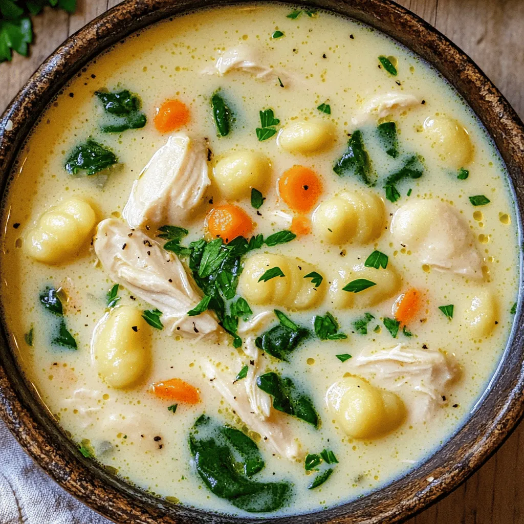 Für diese leckere Suppe brauchen Sie: - 1 Esslöffel Olivenöl - 1 mittelgroße Zwiebel, gewürfelt - 2 Knoblauchzehen, fein gehackt - 2 Karotten, gewürfelt - 2 Selleriestangen, gewürfelt - 450 g Hähnchenbrustfilet, ohne Haut und Knochen, gewürfelt - 1 Liter Hühnerbrühe - 240 ml Schlagsahne - 1 Packung (450 g) Kartoffelgnocchi - 2 Tassen frischer Spinat - 1 Teelöffel getrockneter Thymian - Salz und Pfeffer nach Geschmack - Frische Petersilie, gehackt (zum Garnieren) Diese Zutaten bieten viele Nährstoffe. Hähnchenbrust ist eine gute Proteinquelle. Es hilft, Muskeln aufzubauen und zu reparieren. Gemüse wie Karotten und Sellerie enthält Ballaststoffe, die gut für die Verdauung sind. Spinat ist reich an Eisen und Vitaminen. Die Schlagsahne gibt der Suppe Cremigkeit und Geschmack. Frische Zutaten machen einen großen Unterschied. Wählen Sie saisonale Gemüse für den besten Geschmack. Karotten und Sellerie sind oft im Frühling und Herbst frisch. Nutzen Sie frischen Spinat, wenn er verfügbar ist. Dies verbessert den Nährwert und die Aromen der Suppe. Besuchen Sie lokale Märkte für die besten Zutaten. So unterstützen Sie auch die lokale Landwirtschaft. Um die cremige Hähnchen-Gnocchi-Suppe zuzubereiten, folge diesen einfachen Schritten: 1. Erhitze das Olivenöl in einem großen Topf bei mittlerer Hitze. 2. Füge die gewürfelte Zwiebel hinzu und brate sie 3-4 Minuten lang, bis sie glasig ist. 3. Rühre den fein gehackten Knoblauch ein und brate ihn eine weitere Minute. 4. Gib die gewürfelten Karotten und Selleriestangen in den Topf. Koche sie für 5 Minuten, bis sie weich sind. 5. Füge das gewürfelte Hähnchenbrustfilet hinzu. Brate es 5-6 Minuten, bis es goldbraun ist. 6. Gieße die Hühnerbrühe in den Topf und bringe alles zum Kochen. 7. Reduziere die Hitze und lasse es 10 Minuten köcheln. 8. Gib die Schlagsahne dazu und bringe es wieder zum Köcheln. 9. Füge die Kartoffelgnocchi hinzu und koche sie laut Verpackung, etwa 3-4 Minuten. 10. Mische den frischen Spinat und den getrockneten Thymian unter. Koche 2 Minuten, bis der Spinat zusammenfällt. 11. Schmecke mit Salz und Pfeffer ab und passe nach Bedarf an. 12. Schöpfe die Suppe in Schalen und garniere sie mit gehackter Petersilie. - Schneide die Zutaten gleichmäßig, damit sie gleichmäßig garen. - Halte die Brühe heiß, bevor du sie hinzufügst. Das spart Zeit. - Verwende frische Kräuter für mehr Geschmack und Aroma. - Lass die Suppe nicht zu lange kochen, um die Gnocchi nicht matschig zu machen. Wenn du keine Zeit zum Kochen hast, kannst du einen Schnellkochtopf verwenden. Das verkürzt die Kochzeit erheblich. Eine weitere Möglichkeit ist, die Suppe im Slow Cooker zuzubereiten. Gib alle Zutaten hinein und lass es über mehrere Stunden garen. So erhältst du ebenfalls einen reichen Geschmack. Ein häufiger Fehler beim Kochen dieser Suppe ist, das Hähnchen zu lange zu braten. Dadurch wird es trocken. Achte darauf, das Hähnchen nur goldbraun zu braten. Ein weiterer Fehler ist, die Gnocchi zu lange kochen. Sie sind fertig, wenn sie an die Oberfläche steigen. Das Hinzufügen von zu viel Salz kann die Suppe ebenfalls versalzen. Probiere zuerst und füge dann nach Bedarf mehr hinzu. Für diese Suppe brauchst du nur einige einfache Werkzeuge. Ein großer Topf ist wichtig, um die Zutaten gut zu vermischen. Ein scharfes Messer hilft dir, das Gemüse schnell zu schneiden. Ein Holzlöffel ist ideal, um alles gut zu rühren. Bereite alle Zutaten vor, bevor du beginnst. Das macht den Kochprozess viel einfacher. Halte auch eine Schüssel bereit, um die Suppe zu servieren. Diese cremige Hähnchen-Gnocchi-Suppe passt gut zu frischem Brot oder Baguette. Ein einfacher grüner Salat ist auch eine gute Wahl. Du kannst auch knusprige Croutons hinzufügen, um etwas Textur zu bieten. Wenn du etwas mehr Geschmack möchtest, serviere die Suppe mit geriebenem Parmesan oder frisch gehacktem Basilikum. Diese Beilagen machen die Mahlzeit noch besser und sättigender. {{image_4}} Wenn du eine vegetarische oder vegane Version der cremigen Hähnchen-Gnocchi-Suppe möchtest, ersetze das Hähnchen durch Tofu oder Kichererbsen. Diese Optionen bringen Protein und machen die Suppe nahrhaft. Für die Brühe kannst du Gemüsebrühe verwenden, um den Geschmack zu intensivieren. Statt Schlagsahne nutze Kokosnussmilch oder Cashewcreme. So bleibt die Suppe cremig und lecker. Diese Suppe lässt sich leicht an regionale Geschmäcker anpassen. In Italien füge etwas Parmesan hinzu oder verwende italienische Kräuter wie Oregano. In Mexiko kannst du die Suppe mit Chilis und Limette aufpeppen. Diese kleinen Änderungen bringen neue Aromen und machen die Suppe spannend und frisch. Die Zutaten für die cremige Hähnchen-Gnocchi-Suppe können saisonal variieren. Im Frühling probiere frische Erbsen oder Spargel. Im Sommer passen Zucchini und Paprika gut dazu. Im Herbst kannst du Kürbis oder Süßkartoffeln einfügen. Im Winter sind Wurzelgemüse wie Pastinaken oder Rüben eine tolle Ergänzung. Diese saisonalen Zutaten machen die Suppe nicht nur lecker, sondern auch bunt und nahrhaft. Um die cremige Hähnchen-Gnocchi-Suppe frisch zu halten, lade ich dich ein, sie in einem luftdichten Behälter aufzubewahren. Achte darauf, dass die Suppe vollständig abgekühlt ist, bevor du sie in den Kühlschrank stellst. So vermeidest du Kondenswasser, das die Suppe verwässern könnte. Wenn du die Suppe portionierst, erleichtert das das spätere Aufwärmen. Zum Wiedererwärmen nimm einfach die gewünschte Portion aus dem Kühlschrank. Du kannst die Suppe in einem Topf auf dem Herd bei mittlerer Hitze erwärmen. Rühre oft um, damit sie gleichmäßig warm wird. Alternativ kannst du die Suppe auch in der Mikrowelle aufwärmen. Stelle sicher, dass du sie in einem mikrowellengeeigneten Behälter erhitzt und zwischendurch umrührst. Im Kühlschrank bleibt die Suppe bis zu drei Tage frisch. Wenn du sie länger aufbewahren möchtest, friere sie ein. In einem geeigneten Behälter hält sie sich bis zu drei Monate im Gefrierschrank. Denke daran, die Suppe vor dem Einfrieren in Portionen zu teilen. So kannst du sie nach Bedarf auftauen und genießen. Du kannst die cremige Hähnchen-Gnocchi-Suppe bis zu 3 Tage im Kühlschrank aufbewahren. Stelle sicher, dass du sie in einem luftdichten Behälter aufbewahrst. So bleibt sie frisch. Vor dem Essen solltest du die Suppe gut erhitzen. Ja, du kannst die Gnocchi im Voraus zubereiten. Koche sie nach den Anweisungen auf der Packung. Lass sie dann abkühlen und lagere sie in einem separaten Behälter. Füge sie zur Suppe hinzu, wenn du bereit bist, sie zu servieren. Du kannst viele Zutaten zur Suppe hinzufügen. Hier sind einige Ideen: - Pilze für mehr Geschmack - Brokkoli für zusätzliche Nährstoffe - Erbsen für eine süße Note - Mais für einen knusprigen Biss Experimentiere mit verschiedenen Gemüsesorten. So machst du die Suppe noch leckerer! Diese Anleitung zeigt dir, wie du eine cremige Hähnchen-Gnocchi-Suppe zubereitest. Die Zutaten sind frisch, nahrhaft und einfach zu ersetzen. Ich gebe dir praktische Tipps, um Fehler zu vermeiden und die Suppe richtig zu lagern. Variationen wie vegetarische Optionen erweitern das Rezept. Denke daran, Lagerung und Wiedererwärmung gut zu planen. Diese Suppe ist vielseitig und einfach zubereitet, perfekt für jede Gelegenheit. Viel Spaß beim Kochen und genießen!