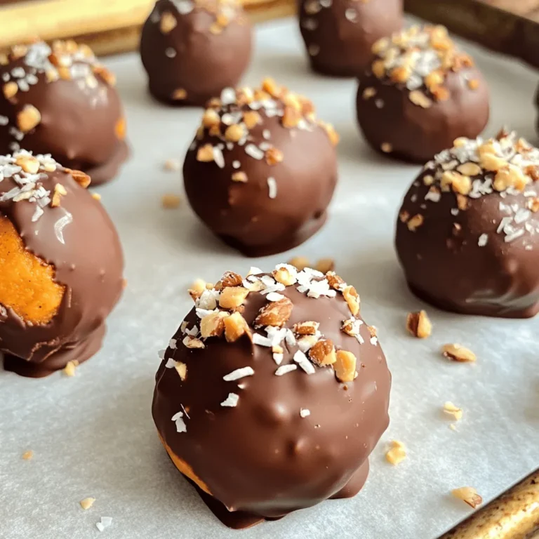 Um die No-Bake Schokoladen-Erdnussbutter-Kürbisbällchen zuzubereiten, benötigst du: - 1 Tasse Kürbispüree - 1/2 Tasse natürliche Erdnussbutter - 1/4 Tasse Honig oder Ahornsirup - 1 Teelöffel Vanilleextrakt - 1 1/2 Tassen große Haferflocken - 1 Teelöffel Kürbiskrümel-Gewürz (oder eine Mischung aus Zimt, Muskatnuss und Ingwer) - 1/4 Teelöffel Salz - 1 Tasse Zartbitterschokoladenstückchen - 1 Esslöffel Kokosöl (zum Schmelzen der Schokolade) - Optional: gehackte Nüsse oder geraspelte Kokosnuss für die Dekoration Für dieses Rezept brauchst du: - Eine große Schüssel - Einen Holzlöffel oder einen Teigschaber - Ein Backblech - Backpapier - Eine mikrowellengeeignete Schüssel - Eine Gabel zum Eintauchen der Bällchen in Schokolade Die Qualität der Zutaten macht einen großen Unterschied. Nutze frisches Kürbispüree, um den besten Geschmack zu erzielen. Wähle eine natürliche Erdnussbutter ohne Zuckerzusatz. Der Honig oder Ahornsirup sollte rein sein, um die Süße gut auszubalancieren. Verwende große Haferflocken für eine bessere Textur, und greife zu hochwertigen Zartbitterschokoladenstückchen für ein reichhaltiges Aroma. Wenn du Nüsse oder Kokosnuss hinzufügst, achte darauf, dass sie frisch sind, um den Bällchen einen tollen Crunch zu geben. Beginne mit einer großen Schüssel. Füge das Kürbispüree, die Erdnussbutter, den Honig und den Vanilleextrakt hinzu. Rühre alles gut um, bis die Mischung ganz glatt ist. Das ist wichtig, damit die Aromen gut vermischt sind. Dann gib die Haferflocken, das Kürbiskrümel-Gewürz und das Salz dazu. Mische alles, bis die Zutaten gleichmäßig verteilt sind. Die Masse sollte klebrig sein, das ist ein gutes Zeichen. Jetzt kommt der spaßige Teil! Nimm etwas von der Mischung in die Hände. Rolle kleine Bällchen, etwa 2,5 cm groß. Lege sie auf ein Backblech, das du mit Backpapier ausgelegt hast. Achte darauf, dass die Bällchen gleichmäßig geformt sind. So sehen sie später schöner aus. Nimm eine mikrowellengeeignete Schüssel. Gib die Zartbitterschokoladenstückchen und das Kokosöl hinein. Erhitze die Mischung in der Mikrowelle in 30-Sekunden-Intervallen. Rühre nach jeder Runde um, bis die Schokolade ganz geschmolzen und glatt ist. Tauche jedes Kürbis-Bällchen mit einer Gabel in die geschmolzene Schokolade. Achte darauf, dass sie gut bedeckt sind. Klopfe überschüssige Schokolade ab und lege sie zurück auf das Backblech. Wenn du magst, wälze die Bällchen in gehackten Nüssen oder Kokosnuss. So erhalten sie mehr Textur und Geschmack. Stelle das Backblech für etwa 30 Minuten in den Kühlschrank. So wird die Schokolade fest. Ein häufiger Fehler ist, die Zutaten nicht gut zu vermischen. Achte darauf, dass das Kürbispüree und die Erdnussbutter glatt sind, bevor du die Haferflocken hinzufügst. Wenn die Mischung zu trocken ist, füge etwas mehr Honig hinzu. Achte darauf, die Schokolade nicht zu überhitzen. Schmelze sie in kurzen Intervallen und rühre gut um. So bleibt sie schön glatt. Die richtige Konsistenz ist wichtig. Die Mischung sollte klebrig sein, aber nicht zu nass. Wenn sie zu feucht ist, füge mehr Haferflocken hinzu. Du kannst die Bällchen leicht formen, wenn du deine Hände leicht anfeuchtest. Das hilft, dass die Mischung nicht an deinen Händen kleben bleibt. Kühle die Bällchen im Kühlschrank, damit sie fest und stabil sind. Präsentiere die Bällchen auf einem schönen Teller. Du kannst frische Kürbiskerne oder Puderzucker darüber streuen. Das sieht nicht nur gut aus, sondern gibt auch einen tollen Geschmack. Wenn du Gäste hast, serviere sie in kleinen Papierförmchen. Das macht die Portionierung einfach und sieht hübsch aus. {{image_4}} Wenn du Allergien hast, gibt es tolle Alternativen. Statt Erdnussbutter kannst du Mandelbutter oder Sonnenblumenbutter verwenden. Beide geben einen leckeren Geschmack. Wenn du Honig nicht verwenden kannst, nimm einfach Agavendicksaft. Er ist süß und passt gut. Für glutenfreie Optionen nutze glutenfreie Haferflocken. So kannst du die Bällchen auch genießen! Sei kreativ mit den Geschmäckern! Du kannst das Kürbiskrümel-Gewürz durch Kakao ersetzen, um schokoladige Bällchen zu machen. Oder füge Zimt und Kakaopulver hinzu, um einen Schokoladen-Zimt-Geschmack zu erhalten. Auch eine Prise Chili kann für mehr Würze sorgen. Probiere, die Füllung mit getrockneten Früchten wie Cranberries oder Aprikosen zu ergänzen. Die Möglichkeiten sind endlos! Mach deine Bällchen besonders für Feiern! Du kannst sie in buntem Streuseln wälzen oder mit geschmolzener Schokolade verzieren. Eine weitere Idee: Verwende essbare Gold- oder Silberstaub für einen festlichen Look. Platziere die Bällchen auf einem schönen Teller und dekoriere mit frischen Kürbiskernen oder Minzblättern. So machst du sie zu einem echten Hingucker! Du kannst die Bällchen sicher im Kühlschrank aufbewahren. Lege sie in einen luftdichten Behälter. So bleiben sie frisch. Die Kälte hilft, die Schokolade fest zu halten. Sie bleiben so für bis zu einer Woche genießbar. Wenn du die Bällchen länger aufbewahren willst, friere sie ein. Lege sie auf ein Backblech und friere sie zuerst an. Danach kannst du sie in einen gefriergeeigneten Beutel umpacken. So bleiben sie bis zu drei Monate gut. Zum Auftauen lege die Bällchen einfach für ein paar Stunden in den Kühlschrank. Die Haltbarkeit der Bällchen ist wichtig, um ihre Qualität zu sichern. Im Kühlschrank halten sie bis zu einer Woche. Im Gefrierschrank bleiben sie bis zu drei Monate frisch. Achte darauf, sie gut zu verpacken, um Gefrierbrand zu vermeiden. Die No-Bake Bällchen bleiben im Kühlschrank etwa eine Woche frisch. Achte darauf, sie in einem luftdichten Behälter zu lagern. So bleibt der Geschmack und die Textur erhalten. Ja, du kannst die Zutaten leicht ändern. Verwende Mandelbutter anstelle von Erdnussbutter. Du kannst auch Honig durch Agavendicksaft ersetzen. Für einen anderen Geschmack probiere andere Gewürze wie Zimt oder Kardamom. Die Bällchen sind nicht vegan, wenn du Honig nutzt. Wenn du jedoch Ahornsirup verwendest, werden sie vegan. Die Haferflocken können glutenfrei sein, wenn du glutenfreie Marken wählst. So hast du eine leckere Option für alle! Die Zutaten sind entscheidend für den Erfolg Ihres Rezepts. Ich habe gelernt, dass hochwertige Zutaten die besten Ergebnisse liefern. In der Schritt-für-Schritt-Anleitung sehen Sie, wie einfach es ist, köstliche Kürbis-Erdnussbutter-Bällchen herzustellen. Vermeiden Sie häufige Fehler und erreichen Sie die perfekte Konsistenz. Es gibt viele Variationen, die Sie ausprobieren können. Lagern Sie die Bällchen richtig, um ihre Frische zu bewahren. Mit diesen Tipps und Tricks bereiten Sie eine echte Geschmacksexplosion zu. Viel Spaß beim Ausprobieren und Teilen dieser leckeren Bällchen!