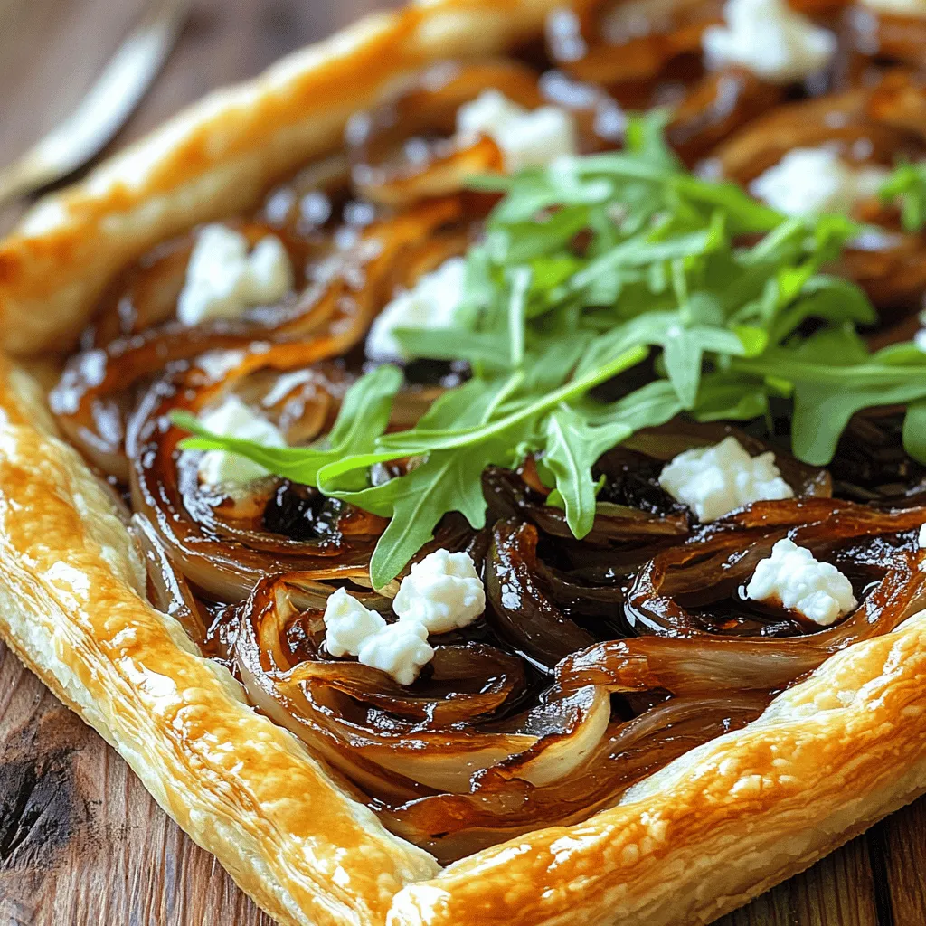Für die karamellisierte Zwiebel und Ziegenkäse Tarte benötigst du folgende Hauptzutaten: - 1 Blatt gefrorener Blätterteig, aufgetaut - 2 große Zwiebeln, dünn geschnitten - 2 Esslöffel Olivenöl - 1 Esslöffel Balsamico-Essig - 1 Teelöffel frische Thymianblätter (oder ½ Teelöffel getrockneter Thymian) - Salz und Pfeffer nach Geschmack - 113 g Ziegenkäse, zerkrümelt - 1 Ei, verquirlt (für die Eiwäsche) - Frischer Rucola (zum Garnieren, optional) Diese Zutaten geben der Tarte ihren reichen und herzhaften Geschmack. Ich liebe es, frische Kräuter zu verwenden. Thymian ist eine tolle Wahl. Du kannst auch Rosmarin oder Oregano probieren. Diese Kräuter fügen viel Geschmack hinzu. Achte darauf, sie frisch zu verwenden. Frische Kräuter bringen Leben in dein Gericht. Wenn du keine frischen Kräuter hast, sind getrocknete eine gute Option. Blätterteig ist der Schlüssel zu einer knusprigen Tarte. Wähle einen hochwertigen gefrorenen Teig. Achte darauf, dass er keine künstlichen Zusätze hat. Ein guter Blätterteig ist leicht und luftig. Du kannst ihn auch selbst machen, wenn du Zeit hast. Achte darauf, ihn gut auszurollen. Ein gleichmäßiger Teig sorgt für eine perfekte Basis. Heize deinen Ofen auf 200 °C vor. Dies ist wichtig, um die Tarte gleichmäßig zu backen. Erhitze 2 Esslöffel Olivenöl in einer großen Pfanne bei mittlerer Hitze. Füge 2 große, dünn geschnittene Zwiebeln hinzu. Brate sie 10 Minuten lang, bis sie weich sind. Rühre oft um, damit sie nicht anbrennen. Sobald die Zwiebeln weich sind, gib 1 Esslöffel Balsamico-Essig, 1 Teelöffel frische Thymianblätter, Salz und Pfeffer dazu. Reduziere die Hitze und koche sie 15-20 Minuten weiter. Rühre gelegentlich um, bis sie tief karamellisiert sind und goldbraun aussehen. Rolle 1 Blatt gefrorenen Blätterteig auf einer leicht bemehlten Fläche aus. Der Teig sollte gut in deine Tarteform oder auf ein Backblech passen. Schneide die Ränder passend und steche mit einer Gabel in den Boden. Dies verhindert, dass der Teig zu stark aufgeht. Verteile die karamellisierten Zwiebeln gleichmäßig auf dem Blätterteigboden. Streue 113 g zerkrümelten Ziegenkäse gleichmäßig darüber. Der Ziegenkäse bringt einen tollen Geschmack. Stelle die Tarte in den vorgeheizten Ofen. Backe sie etwa 20-25 Minuten lang. Der Teig sollte goldbraun und aufgegangen sein, wenn du fertig bist. Nimm die Tarte aus dem Ofen und lasse sie etwas abkühlen. Garniere die Tarte vor dem Servieren mit frischem Rucola. Der Rucola gibt einen schönen Farbkontrast und frische. Ein häufiger Fehler ist, die Zwiebeln zu schnell zu braten. Bei zu hoher Hitze brennen sie an. Sie sollten bei mittlerer Hitze sanft garen. Achten Sie darauf, die Zwiebeln regelmäßig zu rühren. So verhindern Sie, dass sie kleben oder verbrennen. Ein weiterer Fehler ist, zu wenig Gewürze zu verwenden. Salz und Pfeffer bringen den Geschmack hervor. Fügen Sie auch mehr Balsamico-Essig hinzu, wenn es nötig ist. Ein wenig mehr kann einen großen Unterschied machen! Wenn Sie einen intensiveren Geschmack wollen, probieren Sie, etwas Honig hinzuzufügen. Er verstärkt die Süße der Zwiebeln. Auch ein paar Spritzer Zitronensaft können helfen. Er bringt Frische und ausgeglichene Aromen. Wenn Sie es würziger mögen, fügen Sie etwas Cayennepfeffer hinzu. Das gibt der Tarte einen kleinen Kick. Experimentieren Sie mit frischen Kräutern wie Rosmarin oder Oregano. Diese ergänzen den Thymian wunderbar. Die perfekte Textur der Zwiebeln erreichen Sie durch langsames Garen. Beginnen Sie bei mittlerer Hitze und reduzieren Sie sie später. So werden die Zwiebeln weich und süß. Das langsame Karamellisieren gibt ihnen eine goldene Farbe. Wenn die Zwiebeln fast fertig sind, erhöhen Sie die Hitze kurz. Das hilft, die letzten Feuchtigkeit zu verdampfen. So wird die Textur noch besser. Vermeiden Sie es, die Zwiebeln zu trocken zu kochen. Sie sollten saftig und gut gewürzt sein. {{image_4}} Um mehr Geschmack in deine Tarte zu bringen, kannst du verschiedene Zutaten hinzufügen. Hier sind einige Ideen: - Speck oder Schinken: Füge knusprig gebratenen Speck oder gewürfelten Schinken hinzu. Der salzige Geschmack ergänzt die süßen Zwiebeln. - Pilze: Gebratene Champignons sorgen für eine erdige Note. Sie passen gut zu Ziegenkäse. - Nüsse: Gehackte Walnüsse oder Pinienkerne geben einen schönen Crunch. - Frische Kräuter: Neben Thymian kannst du Basilikum oder Oregano verwenden. Sie bringen frische Aromen. Diese Zutaten machen deine Tarte noch interessanter und leckerer. Für eine vegane Version der Tarte, ersetze die tierischen Zutaten. Hier sind einige Vorschläge: - Blätterteig: Achte darauf, dass der Blätterteig vegan ist. Viele Marken bieten vegane Optionen an. - Käse: Verwende veganen Ziegenkäse oder eine andere pflanzliche Käsealternative. Diese Produkte haben oft einen ähnlichen Geschmack. - Ei: Statt des Eis kannst du eine Mischung aus Leinsamen und Wasser verwenden. Das hilft, die Ränder zu bestreichen. Diese Änderungen machen die Tarte für alle genießbar. Die Tarte lässt sich wunderbar mit verschiedenen Beilagen kombinieren. Hier sind einige Ideen: - Frischer Salat: Ein einfacher grüner Salat mit einem leichten Dressing passt gut dazu. - Gemüse: Geröstetes Gemüse wie Zucchini oder Paprika erweitert das Gericht. - Brot: Serviere dazu etwas knuspriges Baguette oder Ciabatta. Es ist perfekt, um die Aromen aufzusaugen. Diese Beilagen machen dein Essen noch runder und schmackhafter. Um die Reste der karamellisierten Zwiebel und Ziegenkäse Tarte richtig zu lagern, lassen Sie sie zuerst abkühlen. Wickeln Sie die Tarte dann in Frischhaltefolie oder legen Sie sie in einen luftdichten Behälter. Sie können die Reste bis zu drei Tage im Kühlschrank aufbewahren. So bleiben die Aromen frisch, und die Tarte bleibt lecker. Wenn Sie die Tarte länger aufbewahren wollen, können Sie sie einfrieren. Lassen Sie die Tarte vollständig abkühlen, bevor Sie sie in Portionen schneiden. Wickeln Sie jede Portion gut in Frischhaltefolie und legen Sie sie in einen Gefrierbeutel. So bleibt die Tarte bis zu drei Monate haltbar. Achten Sie darauf, das Datum darauf zu schreiben, damit Sie wissen, wann Sie sie eingefroren haben. Um die Tarte aufzuwärmen, heizen Sie den Ofen auf 180 °C vor. Legen Sie die Tarte auf ein Backblech und decken Sie sie lose mit Aluminiumfolie ab. So bleibt die Tarte saftig. Wärmen Sie sie für etwa 15-20 Minuten auf, bis sie heiß ist. Alternativ können Sie die Tarte auch in der Mikrowelle aufwärmen. Dies geht schneller, kann jedoch die Kruste weniger knusprig machen. Die Tarte hält sich bis zu drei Tage im Kühlschrank. Lagern Sie sie in einem luftdichten Behälter. So bleibt der Geschmack frisch. Achten Sie darauf, die Tarte vor dem Servieren leicht aufzuwärmen. Ja, Sie können die Tarte im Voraus zubereiten. Bereiten Sie die Tarte bis zum Backen vor. Wickeln Sie sie in Frischhaltefolie und kühlen Sie sie. Backen Sie die Tarte kurz vor dem Servieren. Die besten Beilagen sind frische Salate und etwas Baguette. Ein einfacher grüner Salat ergänzt die Aromen. Auch ein leichter Vinaigrette-Dressing passt gut dazu. Ja, Sie können anderen Käse verwenden. Feta oder Ricotta sind gute Alternativen. Diese Käsesorten bieten einen anderen Geschmack, aber die Tarte bleibt lecker. Experimentieren Sie mit verschiedenen Käsen! Zusammenfassend haben wir alle wichtigen Punkte zur Tarte besprochen. Wir haben die Hauptzutaten und Optionen für Kräuter erwähnt. Zudem gab es Tipps zur Auswahl des Blätterteigs. Die Schritt-für-Schritt-Anleitung macht die Zubereitung einfach. Sie hilft, häufige Fehler zu vermeiden und Geschmack zu verbessern. Variationen erweitern die Möglichkeiten, und die Aufbewahrung ist ebenfalls wichtig. Nutze diese Tipps, um deine Tarte perfekt hinzubekommen. Viel Spaß beim Kochen und Genießen!