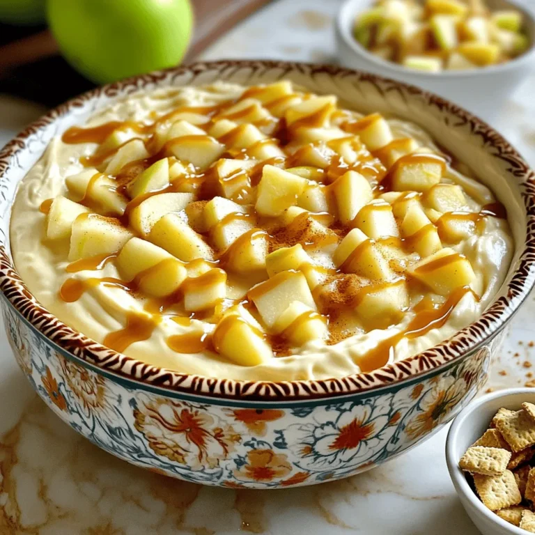 Die Zutaten für diesen Dip sind einfach und köstlich. Hier sind die Hauptzutaten: - 450 g Frischkäse, weich gemacht - 125 g Puderzucker - 1 Teelöffel Vanilleextrakt - 240 g saure Sahne - 2 Äpfel, gewürfelt (Granny Smith oder Honeycrisp) - 120 ml Karamellsauce (plus zusätzlich zum Drizzeln) - 1/4 Teelöffel Zimt - 30 g gehackte Nüsse (optional, wie Pekannüsse oder Walnüsse) - 150 g zerdrückte Graham-Cracker (zum Servieren) Diese Zutaten machen den Dip cremig und süß. Der Frischkäse gibt die Basis, während die Äpfel und die Karamellsauce einen tollen Geschmack hinzufügen. Wenn Sie experimentieren möchten, können Sie einige Zutaten ersetzen. Zum Beispiel: - Verwenden Sie Mascarpone statt Frischkäse für einen noch reichhaltigeren Geschmack. - Ersetzen Sie die saure Sahne durch griechischen Joghurt für eine leichtere Option. - Fügen Sie Trockenfrüchte wie Rosinen oder Cranberries hinzu, um mehr Textur zu schaffen. Diese Alternativen können den Geschmack und die Nährstoffe verändern. Sehen Sie, was Ihnen am besten gefällt! Die Wahl der Äpfel ist wichtig für den Geschmack. Hier sind einige Tipps: - Wählen Sie Granny Smith für einen sauren, knackigen Biss. - Honeycrisp Äpfel sind süß und sehr saftig. - Achten Sie darauf, dass die Äpfel fest sind. Vermeiden Sie weiche oder braune Stellen. Frische Äpfel sind der Schlüssel zu einem großartigen Dip. Ihre Auswahl macht den Unterschied! Beginne mit 450 g weichem Frischkäse. Gib ihn in den Slow Cooker. Nutze einen Mixer, um den Frischkäse glatt und cremig zu schlagen. Füge dann 125 g Puderzucker und 1 Teelöffel Vanilleextrakt hinzu. Mixe weiter, bis die Mischung gut vermischt ist. Danach rühre 240 g saure Sahne ein. Das sorgt für eine tolle Cremigkeit. Achte darauf, dass alles gleichmäßig vermischt ist. Schneide 2 Äpfel in kleine Würfel. Granny Smith oder Honeycrisp sind ideal dafür. Hebe die gewürfelten Äpfel vorsichtig unter die Frischkäsemischung. Jetzt kommt der Spaß: Füge 120 ml Karamellsauce und 1/4 Teelöffel Zimt hinzu. Das bringt einen tollen Geschmack! Wenn du magst, kannst du auch 30 g gehackte Nüsse hinzufügen. Diese geben dem Dip einen leckeren Crunch. Schließe den Deckel des Slow Cookers. Stelle ihn auf niedrige Stufe und gare den Dip für 1,5 bis 2 Stunden. Rühre den Dip gelegentlich um. Du wirst sehen, wie er warm und leicht sprudelnd wird. Nach der Garzeit schalte den Slow Cooker aus. Lass den Dip ein paar Minuten abkühlen. Fülle den Dip dann in eine Servierschüssel um. Drizzle nach Belieben mehr Karamellsauce darüber. Serviere den Dip mit zerdrückten Graham-Crackern. So kann jeder dippen und genießen! Ein häufiger Fehler ist, den Frischkäse nicht weich genug zu machen. Er muss Raumtemperatur haben. So lässt er sich besser vermischen. Wenn Ihr Frischkäse zu kalt ist, wird der Dip klumpig. Rühren Sie alles gut durch. Vermeiden Sie es, zu viel Karamellsauce hinzuzufügen. Zu viel kann den Dip zu flüssig machen. Halten Sie sich an die Mengenangaben im Rezept. Sie können verschiedene Äpfel verwenden. Granny Smith und Honeycrisp sind klasse, aber auch andere Sorten wie Fuji oder Gala passen gut. Fügen Sie für einen extra Crunch einige gehackte Nüsse hinzu. Pekannüsse oder Walnüsse sind ideal. Mögen Sie es süßer? Dann erhöhen Sie den Puderzucker leicht. Für eine leichtere Variante können Sie griechischen Joghurt anstelle von saurer Sahne verwenden. Servieren Sie den Dip in einer schönen Schüssel. Garnieren Sie ihn mit einer Prise Zimt und ein paar Apfelscheiben. Stellen Sie eine Schüssel mit zerdrückten Graham-Crackern in die Nähe. So können alle dippen. Auch frisches Obst wie Birnen oder Bananen passen gut dazu. Für einen besonderen Touch können Sie Schokolade oder Karamellsauce darüber drizzeln. {{image_4}} Wenn du nach gesünderen Alternativen suchst, kannst du den Frischkäse durch griechischen Joghurt ersetzen. Dieser hat weniger Fett und mehr Protein. Du kannst auch den Puderzucker durch Honig oder Ahornsirup ersetzen. Diese Süßstoffe sind natürlicher und bieten einen tollen Geschmack. Verwende auch weniger Karamellsauce, um den Zuckergehalt zu senken. Zu Weihnachten oder Thanksgiving kannst du Zimt und Muskatnuss hinzufügen. Diese Gewürze bringen einen warmen, festlichen Geschmack. Für Halloween verwende Kürbispüree anstelle von Äpfeln. Das sorgt für einen tollen, herbstlichen Dip. Im Sommer probiere frische Beeren statt Äpfeln. Die Beeren geben dem Dip einen fruchtigen Kick. Du kannst diesen Dip auch mit anderen Dips kombinieren. Mische ihn mit einem Schokoladendip für eine süße Überraschung. Ein cremiger Joghurt-Dip passt auch gut. Probiere verschiedene Kombinationen aus, um deinen perfekten Snack zu finden. Diese Variationen bringen frische Ideen und machen den Dip noch spannender. Um den Karamell-Apfel-Cheesecake-Dip richtig zu lagern, nutze einen luftdichten Behälter. Dadurch bleibt der Dip frisch und lecker. Achte darauf, den Dip vollständig abkühlen zu lassen, bevor du ihn in den Kühlschrank stellst. Dies verhindert Kondensation, die die Textur beeinträchtigen kann. Lass den Dip im Kühlschrank kühl werden. Du kannst ihn bis zu einer Woche aufbewahren. Zum Aufwärmen, nimm den Dip aus dem Kühlschrank. Erhitze ihn langsam in der Mikrowelle oder im Slow Cooker. Rühre gelegentlich um, damit er gleichmäßig warm wird. Füge bei Bedarf etwas Karamellsauce hinzu, um die Cremigkeit zu verbessern. Der Dip bleibt bis zu sieben Tage im Kühlschrank haltbar. Achte darauf, ihn in einem gut verschlossenen Behälter zu lagern. Wenn du einen seltsamen Geruch oder Veränderungen in der Farbe bemerkst, entsorge den Dip. Sicherheit geht vor! Die Zubereitung des Dips dauert etwa 10 Minuten. Danach lassen Sie ihn im Slow Cooker für 1,5 bis 2 Stunden garen. Achten Sie darauf, gelegentlich umzurühren, damit alles gleichmäßig warm wird. Die gesamte Zeit für den Dip beträgt also rund 2 Stunden. Ja, Sie können den Dip im Voraus zubereiten. Machen Sie ihn einfach und lassen Sie ihn abkühlen. Dann lagern Sie ihn im Kühlschrank. Wenn Sie bereit sind, ihn zu servieren, erwärmen Sie ihn einfach im Slow Cooker oder in der Mikrowelle. Dies spart Zeit und macht das Servieren einfach. Wenn Sie keine Graham-Cracker haben, probieren Sie Kekse wie Butterkekse oder Biskuitkekse. Auch Äpfel oder frisches Obst sind eine gute Wahl. Sie geben dem Dip einen tollen Crunch. Seien Sie kreativ! Dieser Karamell-Apfel-Cheesecake-Dip ist ein echter Genuss. Wir haben die besten Zutaten und Tipps besprochen. Die Anleitung ist einfach und die Variationen machen Spaß. Achte auf die Lagerung, damit du den Dip länger genießen kannst. Du kannst ihn auch vorab zubereiten und mit anderen Snacks kombinieren. Mach diesen Dip beim nächsten Treffen und beobachte, wie alle ihn lieben. Viel Spaß beim Ausprobieren!