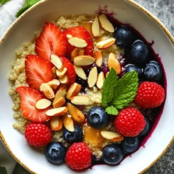 - 1 Tasse Quinoa, gründlich abgespült - 2 Tassen Mandelmilch (oder jede andere Milch nach Wahl) - 1 Tasse gemischte Beeren (Erdbeeren, Heidelbeeren, Himbeeren) - 1/4 Tasse Mandelblättchen - 2 Esslöffel Ahornsirup (oder Honig) - 1 Teelöffel Vanilleextrakt - 1/2 Teelöffel Zimt - Eine Prise Salz - Frische Minzblätter zur Garnitur (optional) Wenn du keine Quinoa magst, probiere Haferflocken. Das gibt dir eine ähnliche Textur. Du kannst auch Kokosmilch verwenden für einen anderen Geschmack. Wenn Beeren nicht verfügbar sind, nimm gefrorene oder andere Früchte wie Äpfel oder Bananen. Für eine nussfreie Version, lasse die Mandelblättchen weg oder ersetze sie durch Sonnenblumenkerne. Quinoa ist reich an Proteinen und Ballaststoffen. Eine Tasse hat etwa 222 Kalorien. Mandelmilch hat weniger Kalorien als Kuhmilch und enthält gesunde Fette. Beeren sind reich an Antioxidantien. Eine Tasse gemischte Beeren hat nur etwa 70 Kalorien. Die Kombination aus Ahornsirup und Zimt bringt natürliche Süße und Geschmack ohne viel Zucker. Insgesamt ist dieses Frühstück nahrhaft und gibt dir Energie für den Tag. Zuerst nehme ich einen mittelgroßen Topf. Ich gebe die Quinoa, die Mandelmilch und eine Prise Salz hinein. Dann stelle ich den Topf auf mittlere Hitze. Ich bringe die Mischung zum Kochen. Wenn es kocht, reduziere ich die Hitze auf niedrig. Ich setze den Deckel auf den Topf und lasse die Quinoa 15 Minuten köcheln. Sie sollte fluffig sein und die Milch komplett aufnehmen. Nach der Kochzeit nehme ich den Topf vom Herd. Jetzt rühre ich den Ahornsirup, den Vanilleextrakt und den Zimt in die Quinoa. Ich mache das gut, damit sich die Aromen verbinden. Dann decke ich den Topf wieder ab und lasse die Quinoa für 5 Minuten ruhen. In dieser Zeit entfalten sich die Aromen noch besser. Während die Quinoa ruht, wasche ich die gemischten Beeren gründlich. Größere Beeren schneide ich in Scheiben. Sobald die Quinoa bereit ist, lockere ich sie mit einer Gabel auf. Ich verteile die Quinoa gleichmäßig in Servierschalen. Dann richte ich die Beeren großzügig auf der Quinoa an. Schließlich streue ich die Mandelblättchen darüber. Für das gewisse Extra garnieren ich das Gericht mit frischen Minzblättern. Ein häufiger Fehler ist, Quinoa nicht gründlich abzuspülen. Das kann bitter schmecken. Spüle die Quinoa immer unter kaltem Wasser, um die Bitterstoffe zu entfernen. Ein weiterer Fehler ist, die Quinoa zu lange zu kochen. Achte darauf, sie nur 15 Minuten köcheln zu lassen. So bleibt sie fluffig und lecker. Um die Quinoa fluffig zu halten, lass sie nach dem Kochen ruhen. Decke den Topf ab und warte fünf Minuten. Lass die Quinoa danach mit einer Gabel auflockern. Das bringt die Luft zurück in die Körner. Außerdem ist es wichtig, die richtige Menge Flüssigkeit zu verwenden. Zwei Teile Milch auf einen Teil Quinoa sind ideal. Du kannst die Quinoa mit verschiedenen Beeren anrichten. Erdbeeren, Heidelbeeren und Himbeeren passen perfekt zusammen. Probiere auch andere Toppings wie Joghurt oder Nüsse. Du kannst die Quinoa auch in Gläser schichten. Das sieht toll aus und macht das Frühstück spannend. Frische Minze ist eine gute Garnitur. Sie bringt Farbe und einen frischen Geschmack. {{image_4}} Beeren bringen Farbe und Geschmack in dein Quinoa-Frühstück. Du kannst viele Beeren verwenden. Erdbeeren sind süß und saftig. Himbeeren bieten einen tollen Mix aus Süße und Säure. Heidelbeeren sind super gesund und schmackhaft. Du kannst auch Brombeeren oder Johannisbeeren hinzufügen. Experimentiere mit verschiedenen Mischungen, um deinen Favoriten zu finden. Nüsse und Samen geben deinem Frühstück mehr Knusprigkeit und Nährstoffe. Mandeln sind eine gute Wahl. Sie passen perfekt zu Quinoa und Beeren. Walnüsse bringen einen erdigen Geschmack. Kürbiskerne sind reich an Zink und geben einen schönen Crunch. Probiere auch Chiasamen oder Leinsamen aus. Sie fügen gesunde Fette hinzu und machen dein Gericht noch besser. Du kannst dieses Rezept leicht anpassen. Für eine vegane Version benutze nur pflanzliche Milch und Ahornsirup. Achte darauf, dass alle Zutaten glutenfrei sind. Quinoa ist von Natur aus glutenfrei. So kannst du sicher sein, dass dein Frühstück für alle geeignet ist. Wenn du magst, füge etwas Kakaopulver für einen Schokoladengeschmack hinzu. Die Beeren-Almond-Quinoa bleibt im Kühlschrank frisch. Fülle die Quinoa in einen luftdichten Behälter. So hält sie sich 3 bis 5 Tage. Vor dem Servieren kannst du sie einfach aufwärmen. Füge bei Bedarf etwas Mandelmilch hinzu, damit sie nicht trocken wird. Das Einfrieren ist eine gute Option für übrig gebliebene Quinoa. Lasse die Quinoa zuerst komplett abkühlen. Fülle sie dann in einen gefriergeeigneten Behälter oder in einen Beutel. Du kannst die Quinoa bis zu 3 Monate im Gefrierfach lagern. Zum Auftauen lege sie einfach in den Kühlschrank über Nacht. Die Reste sind vielseitig einsetzbar. Du kannst die Quinoa in Smoothies geben oder als Basis für Salate nutzen. Sie passt auch gut zu Joghurt oder als Füllung für Pfannkuchen. So schaffst du neue, leckere Gerichte aus den Resten. Die besten Beeren sind frische Erdbeeren, Heidelbeeren und Himbeeren. Diese Beeren sind süß und saftig. Du kannst auch Brombeeren oder preiselbeeren verwenden. Misch die Beeren für mehr Geschmack. Achte darauf, die Beeren gut zu waschen. Frische Beeren geben einen tollen Kick. Sie machen das Frühstück bunt und einladend. Ja, du kannst die Quinoa auch mit Wasser kochen. Verwende einfach die gleiche Menge Wasser wie Mandelmilch. Das Rezept bleibt einfach und lecker. Mandelmilch gibt Geschmack, aber Wasser funktioniert auch. Wenn du es neutral magst, ist Wasser perfekt. Es ist eine gute Option für Allergiker oder Veganer. Du kannst die Portionen leicht anpassen. Verdopple die Zutaten für mehr Portionen. Halbiere sie für weniger. Zum Beispiel, wenn du nur für zwei kochst, benutze 1/2 Tasse Quinoa. Achte darauf, die Flüssigkeit entsprechend anzupassen. So bleibt die Quinoa perfekt. Es ist einfach, das Rezept nach deinem Bedarf zu ändern. Die Zutaten sind der Schlüssel zu einem tollen Quinoa-Gericht. In diesem Beitrag habe ich die wichtigen Zutaten, ihre Alternativen und Nährwerte erklärt. Du hast gelernt, wie du Quinoa zubereitest und welche Aromen du hinzufügen kannst. Tipps halfen, häufige Fehler zu vermeiden und die Quinoa fluffig zu halten. Wir haben verschiedene Varianten und Lagerungshinweise betrachtet. Denke daran, deine Reste kreativ zu nutzen. Experimentiere mit Beeren und Nüssen. Quinoa ist vielseitig und gesund. Viel Spaß beim Kochen und Genießen deiner Quinoa-Gerichte!