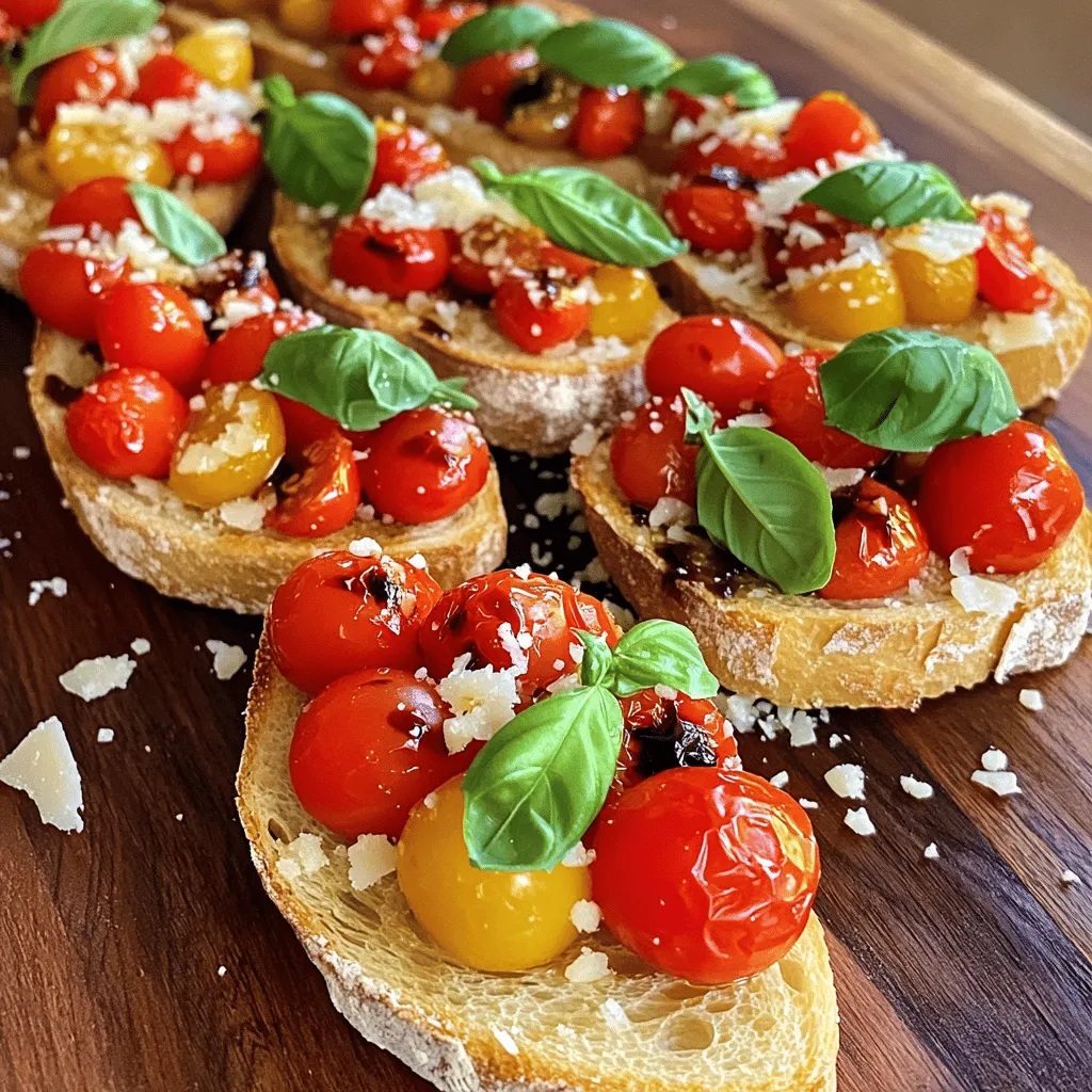 Für diese köstliche Bruschetta brauchen Sie: - 1 Baguette, schräg in 1,5 cm dicke Scheiben geschnitten - 250 g Kirschtomaten, halbiert - 1 Kopf Knoblauch - 1 Esslöffel Olivenöl und zusätzlich zum Beträufeln - 1 Teelöffel Balsamico-Essig - Salz und Pfeffer nach Geschmack - Frische Basilikumblätter, gehackt (zum Garnieren) - 60 g geriebener Parmesan (optional) Diese Zutaten bringen den echten Geschmack Italiens auf Ihren Tisch. Um die Bruschetta noch interessanter zu machen, können Sie folgende Zutaten hinzufügen: - Gehackte Oliven oder Kapern für eine salzige Note - Feta-Käse für eine cremige Textur - Chili-Flocken für etwas Schärfe - Frische Kräuter wie Oregano oder Thymian für mehr Geschmack Diese Extras bringen Vielfalt in Ihr Gericht und machen es besonders. Die Wahl der richtigen Kirschtomaten ist wichtig. Hier sind einige Tipps: - Wählen Sie Tomaten, die fest und prall sind. - Achten Sie auf eine tiefe, leuchtende Farbe. - Riechen Sie an den Tomaten. Sie sollten frisch und aromatisch duften. - Kaufen Sie lokale Tomaten, wenn möglich. Sie schmecken oft besser. Frische und reife Tomaten machen Ihre Bruschetta zu einem echten Genuss. Heizen Sie zuerst den Ofen auf 200°C vor. Nehmen Sie dann einen Kopf Knoblauch und schneiden Sie die Oberseite ab. So sehen die Zehen gut aus. Beträufeln Sie den Knoblauch mit etwas Olivenöl. Wickeln Sie ihn in Aluminiumfolie ein. Legen Sie den Knoblauch in den Ofen und rösten Sie ihn für etwa 30-35 Minuten. Die Zehen werden weich und goldbraun. Nehmen Sie ihn aus dem Ofen und lassen Sie ihn abkühlen. Das Rösten bringt den süßen, reichen Geschmack des Knoblauchs hervor. Während der Knoblauch röstet, können Sie die Tomaten vorbereiten. Nehmen Sie 250 g Kirschtomaten und halbieren Sie sie. Geben Sie die Tomaten in eine Schüssel. Fügen Sie 1 Esslöffel Olivenöl, 1 Teelöffel Balsamico-Essig, Salz und Pfeffer hinzu. Mischen Sie alles gut durch. Lassen Sie die Mischung für etwa 15 Minuten marinieren. So nehmen die Tomaten die Aromen auf und werden lecker. Legen Sie nun die Baguettescheiben auf ein Backblech. Beträufeln Sie sie leicht mit Olivenöl. Rösten Sie die Baguettescheiben im Ofen für 5-7 Minuten. Sie sollten goldbraun und knusprig sein. Sobald der Knoblauch abgekühlt ist, drücken Sie die Zehen in eine Schüssel. Zerdrücken Sie sie zu einer Paste. Verteilen Sie die Paste auf jede Baguettescheibe. Belegen Sie jede Scheibe mit der Tomatenmischung. Achten Sie darauf, auch die Säfte zu verwenden. Wenn gewünscht, streuen Sie etwas geriebenen Parmesan darüber. Garnieren Sie die Bruschetta mit frischen Basilikumblättern. Jetzt sind sie bereit zum Servieren! Um die beste Knoblauchpaste zu machen, röste den Knoblauch gut. Nach dem Rösten wird der Knoblauch weich und süß. Drücke die Zehen in eine Schüssel und zerdrücke sie gründlich. Wenn die Paste zu dick ist, füge etwas Olivenöl hinzu. Dies hilft, die Konsistenz zu verbessern. Eine glatte Paste haftet gut auf dem Baguette. Für perfekt geröstete Baguettescheiben achte auf die Dicke. Die Scheiben sollten etwa 1,5 cm dick sein. Beträufle sie mit Olivenöl für zusätzlichen Geschmack. Röste die Scheiben bei 200°C für 5-7 Minuten. Überwache sie gut, damit sie nicht verbrennen. Die richtige Röstdauer macht sie knusprig und goldbraun. Um die Aromen zu verstärken, mariniere die Kirschtomaten gut. Lass sie mindestens 15 Minuten in der Mischung aus Olivenöl, Balsamico-Essig, Salz und Pfeffer ziehen. Frische Kräuter wie Basilikum sind ebenfalls wichtig. Sie bringen Frische und Farbe. Wenn du Parmesan magst, streue ihn über die Bruschetta für einen herzhaften Kick. {{image_4}} Wenn Sie eine vegane Bruschetta machen möchten, sind die Optionen einfach. Lassen Sie den Parmesan weg. Nutzen Sie stattdessen Nüsse oder Hefe, um einen herzhaften Geschmack zu erzielen. Cashewkerne, die vorher eingeweicht sind, können eine tolle Basis für die Paste sein. Sie können sie pürieren und mit etwas Zitronensaft und Knoblauch vermischen. Die Bruschetta lässt sich auch wunderbar variieren. Fügen Sie einige Zutaten hinzu, um neue Aromen zu entdecken. Hier sind einige Ideen: - Gebratenes Gemüse wie Zucchini oder Paprika. - Oliven oder Kapern für einen salzigen Kick. - Gewürze wie Oregano oder Thymian für mehr Geschmack. - Frischkäse oder Hummus als cremige Basis. Experimentieren Sie, um Ihre perfekte Kombi zu finden. Bruschetta gibt es in vielen Regionen mit eigenen Zutaten. In Rom finden Sie oft eine Version mit Bohnen und Rosmarin. In Süditalien kann man sie mit Oliven und Artischocken genießen. In der Toskana wird oft frisches Gemüse verwendet. Jede Region hat ihre eigene Note, die die Bruschetta besonders macht. Probieren Sie es aus und entdecken Sie neue Traditionen! Die übrig gebliebene Bruschetta sollte schnell gekühlt werden. Legen Sie die Bruschetta in einen luftdichten Behälter. So bleibt sie frisch. Lagern Sie sie im Kühlschrank. Ideal ist eine Lagerzeit von 1 bis 2 Tagen. Die Tomaten können durch die Feuchtigkeit weich werden. Es ist am besten, die Bruschetta nicht länger als nötig aufzubewahren. Wenn Ihre Bruschetta nicht mehr frisch wirkt, gibt es einfache Lösungen. Rösten Sie die Baguettescheiben erneut kurz im Ofen. So werden sie knuspriger. Sie können auch frische Tomaten und Knoblauchpaste hinzufügen. Das bringt neuen Geschmack. Ein Spritzer Olivenöl hilft, den Geschmack aufzufrischen. Diese Tricks machen alte Bruschetta wieder schmackhaft. Frische Kirschtomaten sind der Schlüssel zum Erfolg. Lagern Sie sie bei Raumtemperatur. Kälte kann den Geschmack mindern. Knoblauch sollte an einem kühlen, dunklen Ort stehen. Vermeiden Sie die Lagerung im Kühlschrank. Basilikum bleibt am besten frisch in einem Glas Wasser. Schneiden Sie die Stiele schräg an, um die Haltbarkeit zu verlängern. Diese Tipps helfen, Ihre Zutaten länger frisch zu halten. Die besten Tomatensorten für Bruschetta sind Kirschtomaten. Sie sind süß und saftig. San Marzano-Tomaten sind auch gut geeignet. Diese haben einen reichen Geschmack. Beide Sorten bieten eine tolle Textur, die perfekt für Bruschetta ist. Ich empfehle, reife und frische Tomaten zu wählen. Achten Sie auf die Farbe und die Festigkeit. Bruschetta schmeckt am besten frisch zubereitet. Sie können die Tomatenmischung jedoch im Voraus machen. Lagern Sie sie abgedeckt im Kühlschrank. Machen Sie das mindestens zwei Stunden vor dem Servieren. Die Baguettescheiben sollten kurz vor dem Servieren geröstet werden. So bleiben sie knusprig und lecker. Ja, Sie können die Bruschetta leicht für mehr Personen anpassen. Verdoppeln oder verdreifachen Sie einfach die Mengen der Zutaten. Achten Sie darauf, genug Baguette zu haben. Außerdem sollten Sie genügend Platz im Ofen haben. So gelingt die Bruschetta immer gut, egal wie viele Gäste Sie haben. Du hast jetzt alle wichtigen Schritte, um köstliche Roasted Garlic Tomato Bruschetta zuzubereiten. Wir haben die besten Zutaten und Variationen besprochen. Außerdem gab es Tipps für die Lagerung und häufige Fragen. Damit bist du gut vorbereitet, um diese leckere Vorspeise zu genießen. Probiere verschiedene Aromen aus und finde deine Lieblingsversion. Mit diesen einfachen Anleitungen kannst du deine Freunde beeindrucken. Viel Spaß beim Kochen und Genießen deiner Bruschetta!