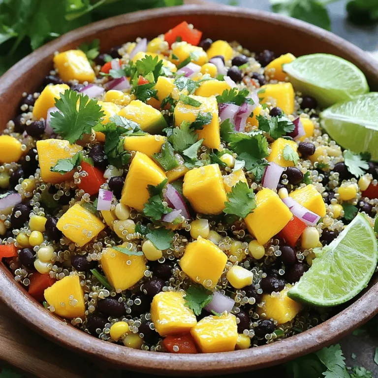 Um einen köstlichen Mango-Black Bean Quinoa-Salat zu machen, brauchst du: - 1 Tasse Quinoa, gut abgespült - 2 Tassen Gemüsebrühe - 1 reife Mango, gewürfelt - 1 Dose (425 g) schwarze Bohnen, abgespült und abgetropft - 1 rote Paprika, gewürfelt - 1 Tasse Mais (frisch, gefroren oder aus der Dose) - 1/4 Tasse rote Zwiebel, fein gehackt - 1/4 Tasse frischer Koriander, gehackt - 1/4 Tasse Limettensaft - 3 Esslöffel Olivenöl - 1 Teelöffel Kreuzkümmel - 1/2 Teelöffel Chilipulver - Salz und Pfeffer nach Geschmack Diese Zutaten sind einfach zu finden und machen den Salat bunt und lecker. Wenn du keine frischen Zutaten hast, gibt es gute Alternativen. Verwende gefrorene Mango statt frischer Mango. Das gibt einen ähnlichen Geschmack. Du kannst auch rote Paprika durch gelbe oder grüne Paprika ersetzen. Diese Varianten schmecken auch gut. Wenn frischer Koriander nicht da ist, probiere Petersilie. Sie hat einen anderen Geschmack, passt aber gut. Dieser Salat ist nicht nur lecker, sondern auch gesund. Quinoa ist ein großartiger Proteinlieferant. Es enthält alle neun wichtigen Aminosäuren. Die schwarze Bohne ist reich an Ballaststoffen. Sie hilft, die Verdauung zu unterstützen. Mangos sind voller Vitamine und Antioxidantien. Diese stärken das Immunsystem. Rote Paprika enthält viel Vitamin C, das gut für die Haut ist. Der Salat ist also nahrhaft und unterstützt deine Gesundheit. 1. Kochen Sie die Gemüsebrühe in einem mittelgroßen Topf. 2. Fügen Sie den abgespülten Quinoa hinzu. 3. Reduzieren Sie die Hitze und legen Sie den Deckel auf. 4. Lassen Sie den Quinoa 15 Minuten köcheln. 5. Nehmen Sie den Topf vom Herd und lassen Sie den Quinoa abkühlen. 6. In einer großen Schüssel vermengen Sie den abgekühlten Quinoa mit der gewürfelten Mango. 7. Fügen Sie die schwarzen Bohnen, die rote Paprika, den Mais und die rote Zwiebel hinzu. 8. Hacken Sie den frischen Koriander und geben Sie ihn in die Schüssel. 9. In einer kleinen Schüssel verrühren Sie den Limettensaft, das Olivenöl, den Kreuzkümmel und das Chilipulver. 10. Schmecken Sie mit Salz und Pfeffer ab. 11. Gießen Sie das Dressing über die Quinoa-Mischung. 12. Mischen Sie alles vorsichtig, bis es gut kombiniert ist. 13. Passen Sie den Geschmack an, falls nötig. 14. Lassen Sie den Salat mindestens 30 Minuten im Kühlschrank ruhen. - Mittelgroßer Topf zum Kochen der Brühe. - Große Schüssel für die Salatzutaten. - Kleine Schüssel für das Dressing. - Kochlöffel oder Gabel zum Mischen. - Messer und Schneidebrett für das Gemüse. - Spülen Sie den Quinoa gut ab. - Achten Sie darauf, die Brühe richtig zu kochen. - Lassen Sie den Quinoa nach dem Kochen abkühlen. - Rühren Sie den Quinoa vorsichtig, um Klumpen zu vermeiden. - Lassen Sie den Salat im Kühlschrank ruhen, damit die Aromen sich verbinden. Du kannst den Mango Black Bean Quinoa Salat leicht anpassen. Magst du es schärfer? Füge mehr Chilipulver hinzu oder einige frische Jalapeños. Wenn du einen fruchtigeren Geschmack willst, probiere Ananas oder Papaya. Für einen nussigen Crunch sind gehackte Nüsse oder Samen eine gute Wahl. Du kannst auch die Bohnen ersetzen. Kidneybohnen oder weiße Bohnen sind leckere Alternativen. Ein häufiger Fehler ist, den Quinoa nicht gut abzuspülen. Das kann zu einem bitteren Geschmack führen. Achte darauf, den Quinoa unter kaltem Wasser abzuspülen. Ein weiterer Fehler ist, den Salat nicht lange genug ziehen zu lassen. Lass ihn mindestens 30 Minuten im Kühlschrank ruhen. So verbinden sich die Aromen besser. Überprüfe auch den Geschmack vor dem Servieren. So kannst du nachwürzen, wenn nötig. Präsentation macht den Unterschied! Serviere den Salat in einer großen, flachen Schüssel. Das sieht schön aus. Für eine unterhaltsame Option kannst du den Salat in Gläsern anrichten. Garnieren ist wichtig. Verwende frischen Koriander und Limettenscheiben. Das sieht nicht nur gut aus, sondern bringt auch zusätzlichen Geschmack. Ein paar Avocadoscheiben oben drauf geben dem Salat eine cremige Note. {{image_4}} Mango Black Bean Quinoa Salad ist von Natur aus vegetarisch und vegan. Du kannst die Zutaten nach deinem Geschmack anpassen. Statt Olivenöl kannst du Avocadoöl verwenden. Das gibt dem Salat einen anderen, frischen Geschmack. Du kannst auch den Koriander durch Petersilie ersetzen, wenn du das magst. Dieser Salat bietet viel Raum für kreative Ideen. Im Frühling kannst du frische Erbsen oder Spargel hinzufügen. Im Sommer sind Kirschtomaten oder Gurken toll. Im Herbst passen geröstete Kürbiswürfel. Im Winter kannst du Granatapfelkerne für einen tollen Crunch verwenden. Wenn du Reste hast, verwende sie in einer Bowl oder Wrap. Füge zusätzliches Gemüse oder Avocado hinzu. Du kannst auch den Salat mit Quinoa in einer Omelette verwenden. So wird dein Frühstück bunt und lecker. Ein weiteres Rezept ist eine Quinoa-Pizza-Basis, die gut mit diesem Salat schmeckt. Mit diesen Variationen bleibt der Salat frisch und spannend. Experimentiere und finde deine Lieblingskombination! Bewahren Sie den Mango-Black-Bean-Quinoa-Salat in einem luftdichten Behälter auf. So bleibt die Frische erhalten. Lagern Sie den Salat im Kühlschrank, um die Zutaten frisch zu halten. Vermeiden Sie direkte Sonneneinstrahlung oder Wärmequellen. Dieser Salat hält sich gut im Kühlschrank. Er bleibt frisch für etwa 3 bis 5 Tage. Die Aromen entwickeln sich mit der Zeit, was den Geschmack sogar verbessert. Achten Sie darauf, den Salat vor dem Verzehr gut umzurühren. Wenn Sie Reste haben, können Sie den Salat einfrieren. Teilen Sie ihn in Portionen auf und verwenden Sie gefrierfeste Behälter. Lassen Sie Platz für die Ausdehnung der Zutaten. Denken Sie daran, den Salat vor dem Essen im Kühlschrank aufzutauen. Frische Zutaten wie Mango und Koriander sollten nicht eingefroren werden, da sie ihre Textur verlieren. Sie können den Mango Black Bean Quinoa Salat bis zu drei Tage im Kühlschrank lagern. Achten Sie darauf, ihn in einem luftdichten Behälter aufzubewahren. Nach ein bis zwei Tagen kann der Salat weicher werden. Der Geschmack bleibt jedoch frisch und lecker. Ja, Sie können andere Bohnen verwenden. Kidneybohnen oder Pintobohnen sind gute Alternativen. Diese Bohnen haben ähnliche Texturen und Geschmäcker. Achten Sie darauf, sie gut abzuspülen und abzutropfen. So bleibt der Salat frisch und knackig. Zu diesem Salat passen viele Beilagen. Gegrilltes Hähnchen oder Garnelen bieten eine gute Proteinquelle. Sie können auch Tortilla-Chips als knusprige Beilage hinzufügen. Ein einfaches Stück Brot oder ein frischer Joghurt sind ebenfalls gute Optionen. Genießen Sie die Vielfalt! Zusammenfassend haben wir die besten Zutaten und Zubereitungsschritte für einen leckeren Salat besprochen. Ich habe dir Tipps gegeben, um verschiedene Geschmäcker zu berücksichtigen und häufige Fehler zu vermeiden. Denk daran, frische Zutaten sind wichtig, aber es gibt viele Alternativen. Probiere auch die Variationen aus, um immer neue Überraschungen zu erleben. Gute Lagerung verlängert die Haltbarkeit und sorgt für frische Genussmomente. Das macht deinen Salat nicht nur lecker, sondern auch gesund und spannend!