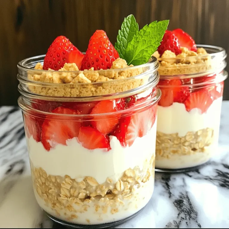 Für die Erdbeer-Käsekuchen Overnight Oats brauchst du: - 1 Tasse Haferflocken (gerollt) - 1 Tasse Mandelmilch (oder eine Milch nach Wahl) - 1/2 Tasse griechischer Joghurt (natur oder Vanille) - 1/4 Tasse Frischkäse, weich gerührt - 2 Esslöffel Honig oder Ahornsirup - 1/2 Teelöffel Vanilleextrakt - 1/2 Tasse frische Erdbeeren, entkelcht und in Scheiben geschnitten - 2 Esslöffel zerbröselte Graham-Cracker zum Bestreuen - Eine Prise Salz Diese Zutaten bringen den Geschmack eines Käsekuchens direkt ins Frühstück. Die Haferflocken sind die Basis und geben dir Energie für den Tag. Der griechische Joghurt und der Frischkäse sorgen für die cremige Textur, die du liebst. Die Qualität deiner Zutaten macht einen großen Unterschied. Wähle frische Erdbeeren. Sie geben den besten Geschmack. Achte beim Joghurt auf die Marke. Ein guter griechischer Joghurt hat weniger Zucker und mehr Proteine. Für die Milch empfehle ich ungesüßte Mandelmilch. Sie hat einen milden Geschmack und ist leicht. Verwende echten Honig oder Ahornsirup. Diese Süßungsmittel sind natürlicher und gesünder als Zucker. Du kannst die Zutaten leicht anpassen. Wenn du eine vegane Option möchtest, verwende pflanzlichen Frischkäse. Er ist in vielen Läden erhältlich. Für glutenfreie Overnight Oats nimm glutenfreie Haferflocken. Wenn du keine Erdbeeren magst, probiere andere Früchte. Himbeeren oder Heidelbeeren passen gut. Du kannst auch Nüsse oder Samen für mehr Crunch hinzufügen. Diese Anpassungen machen das Rezept vielseitig und spannend. Um deine Erdbeer-Käsekuchen Overnight Oats zuzubereiten, beginne mit einer großen Schüssel. Gib die Haferflocken hinein. Füge dann die Mandelmilch hinzu. Du kannst auch andere Milchsorten verwenden, wenn du magst. Nächster Schritt: griechischer Joghurt. Das macht die Mischung cremig. Danach kommt der weiche Frischkäse. Das verleiht den Oats den Käsekuchen-Geschmack. Jetzt füge Honig oder Ahornsirup hinzu, um etwas Süße zu bringen. Ein halber Teelöffel Vanilleextrakt sorgt für ein tolles Aroma. Eine Prise Salz rundet den Geschmack ab. Rühre alles gut um, bis die Mischung glatt ist. Jetzt kommen die Erdbeeren. Schneide sie in Scheiben und hebe sie vorsichtig unter. So bleiben die Stücke ganz. Sobald die Mischung fertig ist, verteile sie gleichmäßig in Gläser oder Behälter. Lass dabei etwas Platz oben, damit die Haferflocken ausdehnen können. Verschließe die Behälter gut. Stelle sie dann in den Kühlschrank. Lass die Oats mindestens 4-6 Stunden ziehen. Am besten über Nacht. So nehmen die Haferflocken die Flüssigkeit auf und werden weich. Wenn du bereit bist, deine Oats zu servieren, rühre sie gut um. Das sorgt für eine gleichmäßige Textur. Jetzt kommt der spaßige Teil: die Garnierung! Streue zerbröselte Graham-Cracker oben drauf. Das gibt einen tollen Crunch. Du kannst auch einige frische Erdbeerscheiben für die Dekoration hinzufügen. Ein frisches Minzblatt macht das Bild perfekt. Serviere die Overnight Oats in durchsichtigen Gläsern, damit die schönen Schichten sichtbar sind. Um die besten Erdbeer-Käsekuchen Overnight Oats zu machen, achte auf die Mischung. Rühre die Haferflocken gut mit der Mandelmilch und dem Joghurt. So wird die Konsistenz schön cremig. Verwende weichen Frischkäse. Das macht die Mischung leicht und luftig. Wenn du die Erdbeeren hinzufügst, sei sanft. Du willst die Früchte nicht zerdrücken. Lasse etwas Platz im Glas, damit die Oats aufquellen können. Du kannst die Grundrezepte leicht anpassen. Probiere verschiedene Früchte wie Himbeeren oder Blaubeeren. Für einen schokoladigen Twist, füge Kakaopulver hinzu. Nutze einen anderen Süßstoff, wie Agavendicksaft, wenn du magst. Du kannst auch Nüsse oder Samen für mehr Crunch hinzugeben. Variiere die Art der Milch. So findest du deinen perfekten Geschmack. Ein häufiger Fehler ist, die Oats zu lange im Kühlschrank zu lassen. Sie können zu weich werden. Die perfekte Zeit ist 4 bis 6 Stunden. Achte darauf, die Oats nicht zu wenig zu süßen. Wenn du es süß magst, füge mehr Honig oder Sirup hinzu. Stelle sicher, dass du frische Erdbeeren verwendest. Alte oder matschige Erdbeeren verändern den Geschmack. Wenn du diese Tipps befolgst, wirst du perfekt leckere Overnight Oats genießen! {{image_4}} Du kannst viele Früchte für deine Overnight Oats verwenden. Erdbeeren sind lecker, aber versuche auch andere Beeren. Himbeeren oder Heidelbeeren passen gut. Du kannst auch Bananen oder Pfirsiche nehmen. Schneide die Früchte klein, damit sie gut vermischt werden. Das gibt Geschmack und Farbe. Wenn du vegan bist, ersetze den griechischen Joghurt durch eine pflanzliche Option. Kokosjoghurt hat einen tollen Geschmack. Nutze auch vegane Frischkäse-Alternativen. Für glutenfreie Overnight Oats verwende glutenfreie Haferflocken. Achte darauf, dass alle anderen Zutaten auch glutenfrei sind. So kannst du die Oats ohne Sorge genießen. Garnierungen machen deine Overnight Oats besonders. Probiere Nüsse oder Samen als Topping. Walnüsse oder Chiasamen fügen einen Crunch hinzu. Auch Kokosraspeln sind eine tolle Wahl. Frische Minze kann einen frischen Kick geben. Überlege auch, etwas Zimt oder Kakaopulver hinzuzufügen. So wird dein Frühstück noch köstlicher! Um die Erdbeer-Käsekuchen Overnight Oats frisch zu halten, stelle sie in den Kühlschrank. Die kalte Umgebung schützt die Zutaten. Verwende luftdichte Gläser oder Behälter. So bleiben die Aromen und die Textur optimal. Die Overnight Oats sind im Kühlschrank bis zu drei Tage haltbar. Achte darauf, sie in gut verschlossenen Behältern aufzubewahren. Nach drei Tagen könnten die Aromen verblassen. Die Textur könnte sich ebenfalls verändern, sodass sie weniger angenehm zu essen sind. Du kannst die Overnight Oats auch einfrieren. Fülle sie in geeignete Behälter und lass etwas Platz für die Ausdehnung. Zum Wiederaufwärmen tau das Glas im Kühlschrank auf. Erhitze es dann in der Mikrowelle. Rühre gut um und füge frische Erdbeeren hinzu, um den Geschmack aufzufrischen. Erdbeer-Käsekuchen Overnight Oats können im Kühlschrank bis zu fünf Tage aufbewahrt werden. Die Haferflocken bleiben frisch, solange Sie sie in einem luftdichten Behälter lagern. Achten Sie darauf, die Oats nicht zu lange stehen zu lassen. Die Erdbeeren sind am besten, wenn sie frisch sind. Nach ein paar Tagen können sie matschig werden. Ja, Sie können verschiedene Milchsorten verwenden. Mandelmilch ist eine beliebte Wahl, aber auch Hafermilch, Sojamilch oder Kuhmilch sind gut. Jede Milch hat ihren eigenen Geschmack. Probieren Sie verschiedene Varianten aus, um die für Sie beste Option zu finden. Ja, Overnight Oats sind sehr gesund. Sie sind reich an Ballaststoffen, Proteinen und wichtigen Nährstoffen. Haferflocken fördern die Verdauung und halten lange satt. Mit frischen Früchten wie Erdbeeren erhöhen Sie die Vitamine und Antioxidantien. Diese Kombination macht sie zu einem tollen Frühstück. Erdbeer-Käsekuchen Overnight Oats sind einfach und lecker. Wir haben die besten Zutaten und Tipps betrachtet. Die Schritt-für-Schritt-Anleitung hilft dir, sie perfekt zuzubereiten. Variationen zeigen, wie vielseitig du sein kannst. Informiere dich auch über die richtige Lagerung, damit alles frisch bleibt. Denke daran, mit Toppings zu experimentieren, um den Geschmack zu steigern. Diese süße Mahlzeit ist schnell und macht viel Freude! Du kannst sie nach deinen Wünschen anpassen. Viel Spaß beim Ausprobieren!