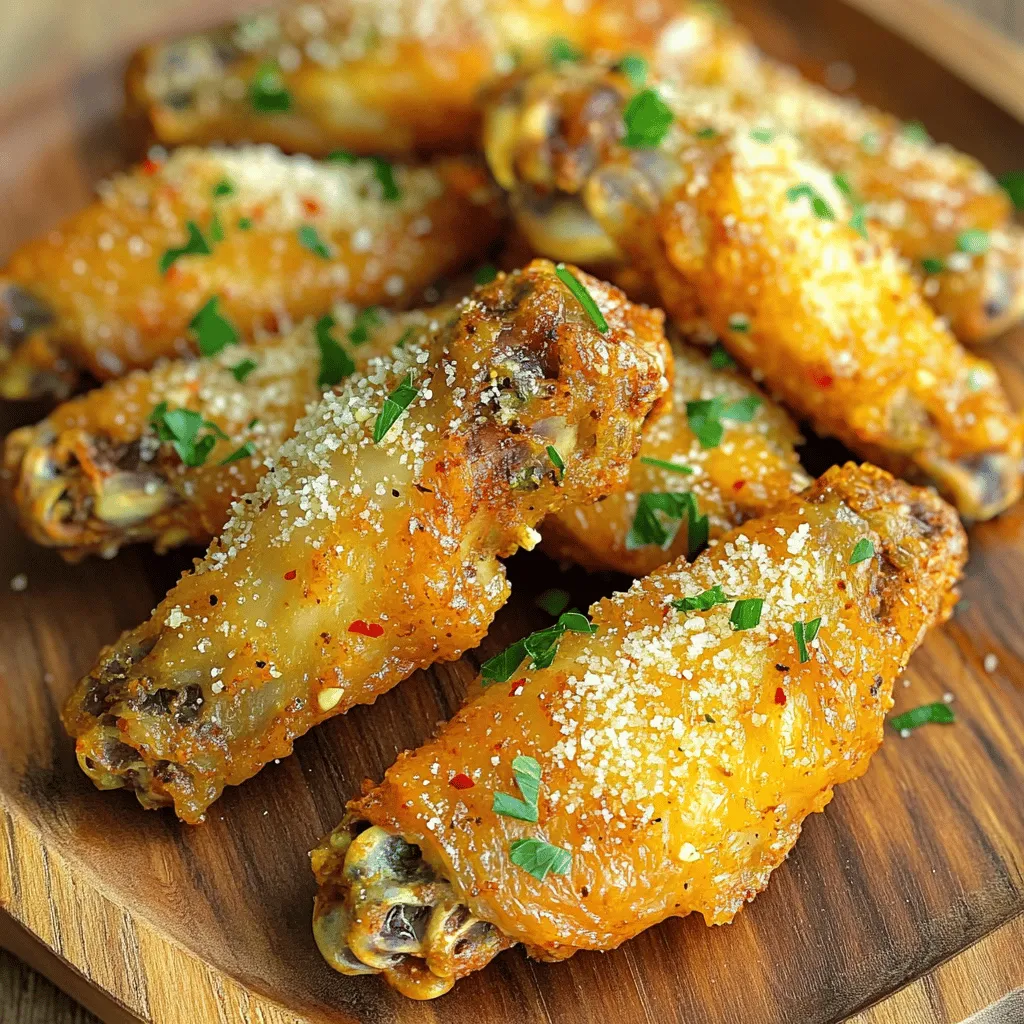 - 2 Pfund Hähnchenflügel - 4 Esslöffel Olivenöl - 4 Knoblauchzehen, fein gehackt - 1 Teelöffel Salz - 1/2 Teelöffel schwarzer Pfeffer - 1 Teelöffel geräuchertes Paprikapulver - 1 Teelöffel Zwiebelpulver - 1/2 Tasse geriebener Parmesan - 2 Esslöffel frische Petersilie, gehackt - Optional: Rote Pfefferflocken Ich liebe es, meine Zutaten frisch und einfach zu halten. Für diese Knoblauch Parmesan Luftfritteuse Flügel brauchst du nur einige Hauptzutaten. Du startest mit 2 Pfund Hähnchenflügel, die saftig und zart sind. Olivenöl gibt den Flügeln einen tollen Geschmack und sorgt für eine schöne Bräunung. Der Knoblauch ist das Herzstück des Rezepts. Vier frische Zehen, fein gehackt, bringen viel Aroma. Die Gewürze sind einfach, aber stark. Ein Teelöffel Salz und ein halber Teelöffel schwarzer Pfeffer helfen, die Flügel zu würzen. Geräuchertes Paprikapulver fügt eine rauchige Note hinzu. Das Zwiebelpulver rundet den Geschmack ab. Der geriebene Parmesan ist der Star am Ende. Er bringt eine salzige und cremige Schicht, die einfach unwiderstehlich ist. Frische Petersilie sorgt für einen schönen Farbkontrast. Wenn du es scharf magst, füge rote Pfefferflocken hinzu. Diese Zutaten sind der Schlüssel zu leckeren, knusprigen Flügeln. - Hähnchenflügel trocknen: Tupfe die Hähnchenflügel mit Papierhandtüchern trocken. Das hilft, die Haut knusprig zu machen. - Marinade zubereiten: In einer großen Schüssel mische 4 Esslöffel Olivenöl, 4 fein gehackte Knoblauchzehen, 1 Teelöffel Salz, 1/2 Teelöffel schwarzen Pfeffer, 1 Teelöffel geräuchertes Paprikapulver und 1 Teelöffel Zwiebelpulver gut zusammen. Diese Marinade gibt den Flügeln viel Geschmack. - Flügel in die Marinade einlegen: Gib die trockenen Hähnchenflügel in die Schüssel. Wende sie in der Marinade, bis sie gut bedeckt sind. - Luftfritteuse vorheizen: Heize die Luftfritteuse auf 200°C (400°F) vor, etwa 5 Minuten. Dies sorgt dafür, dass die Flügel gleichmäßig garen. - Hähnchenflügel in der Luftfritteuse kochen: Lege die Flügel in einer einzelnen Schicht in den Korb. Gare sie 25-30 Minuten lang. Schüttle den Korb einmal, um ein gleichmäßiges Garen zu erreichen. Die Flügel sollten goldbraun und knusprig sein. - Parmesan hinzufügen und garnieren: Gib die heißen Flügel in eine große Schüssel. Streue den 1/2 Tasse geriebenen Parmesan gleichmäßig darüber. Mische vorsichtig, damit der Käse schmilzt und haftet. Dekoriere die Flügel mit 2 Esslöffeln frisch gehackter Petersilie. Füge nach Wunsch rote Pfefferflocken für extra Schärfe hinzu. Serviere die Flügel sofort heiß. Um knusprige Flügel zu erzielen, trockne sie gut mit Papierhandtüchern. Feuchtigkeit macht die Flügel weich. Achte darauf, dass du sie von allen Seiten gut abtrocknest. Für die richtige Temperatur stelle die Luftfritteuse auf 200 °C ein. Garen dauert etwa 25 bis 30 Minuten. Schüttle den Korb einmal während des Garens. So werden die Flügel gleichmäßig knusprig. Du kannst die Marinade leicht anpassen. Probiere zum Beispiel eine Honig-Senf-Marinade für eine süßere Note. Auch Sojasauce oder Limettensaft passen gut zu den Flügeln. Wenn du die Gewürze ändern möchtest, denke an Paprika oder Knoblauchpulver. Diese bringen einen neuen Geschmack in die Flügel. Füge auch etwas Cayennepfeffer hinzu, wenn du es schärfer magst. {{image_4}} Wenn du Abwechslung magst, probiere diese anderen Geschmäcker für deine Flügel: - BBQ-Style Wings: Mische deine Lieblings-BBQ-Sauce in die Marinade. Dadurch bekommst du eine süße, rauchige Note. Du kannst auch etwas Honig hinzufügen, um die Süße zu verstärken. - Asiatische Glasur: Für einen asiatischen Twist, füge Sojasauce, Honig und Ingwer zur Marinade hinzu. Diese Mischung gibt den Flügeln eine würzige und süße Note, die lecker ist. Wenn du eine vegetarische Option suchst, sind hier zwei großartige Ideen: - Tempeh oder Blumenkohl-Flügel: Du kannst Tempeh in Flügelgröße schneiden und die gleiche Marinade verwenden. Blumenkohl funktioniert auch gut. Teile den Blumenkohl in kleine Röschen und marinieren sie. Beide Varianten sind knusprig und lecker! - Kühlung und Lagerung: Wenn du die Flügel nicht sofort isst, lagere sie im Kühlschrank. Lege sie in einen luftdichten Behälter oder wickele sie gut in Frischhaltefolie ein. So bleiben sie frisch. Die Flügel halten sich im Kühlschrank etwa 3 bis 4 Tage. - Aufwärmen der Flügel: Um die Flügel wieder heiß zu machen, benutze die Luftfritteuse oder den Ofen. Stelle die Luftfritteuse auf 180°C (350°F). Erhitze die Flügel für 5 bis 7 Minuten. Im Ofen kannst du sie bei 180°C (350°F) für etwa 10 bis 15 Minuten aufwärmen. So bleiben sie knusprig. - Einfrieren und Auftauen: Wenn du mehr Flügel hast, friere sie ein. Lege die Flügel in einen Gefrierbeutel. Drücke die Luft heraus und schließe den Beutel gut. So bleiben sie bis zu 3 Monate frisch. - Auftauen: Um die gefrorenen Flügel aufzutauen, lege sie über Nacht in den Kühlschrank. So tauen sie gleichmäßig auf. Du kannst sie auch in kaltem Wasser auftauen, aber verwende sie sofort danach. Achte darauf, sie gut zu kochen, um die Sicherheit zu gewährleisten. Die Zubereitungszeit für diese Flügel beträgt etwa 10 Minuten. Die Garzeit in der Luftfritteuse liegt bei 25 bis 30 Minuten. Bei 200°C (400°F) werden die Flügel knusprig und goldbraun. Ich empfehle, den Korb einmal zu schütteln, damit sie gleichmäßig garen. So werden die Flügel perfekt. Ja, du kannst gefrorene Hähnchenflügel verwenden. Achte jedoch darauf, die Garzeit zu verlängern. Gefrorene Flügel brauchen etwa 10 bis 15 Minuten mehr. Stelle sicher, dass sie vollständig durchgegart sind, bevor du sie servierst. Überprüfe die Innentemperatur mit einem Fleischthermometer. Sie sollte bei 75°C (165°F) liegen. Um das Ankleben zu vermeiden, tupfe die Flügel vorher gut trocken. Verwende auch genug Olivenöl in der Marinade. Eine gleichmäßige Schicht der Marinade hilft, ein Ankleben zu verhindern. Lege die Flügel nicht zu dicht in den Korb. Ein wenig Platz sorgt für eine bessere Luftzirkulation. Diese Anleitung zeigt, wie du köstliche Hähnchenflügel zubereitest. Wir haben über die Hauptzutaten, Gewürze und die Zubereitung gesprochen. Ich teile auch Tipps für perfekte Flügel und kreative Variationen. Denke daran, die Flügel gut zu marinieren und die richtige Temperatur einzuhalten. Mit etwas Übung wirst du die perfekten Flügel zaubern. Genieße die verschiedenen Geschmäcker und finde deine Lieblingskombination. So wird jedes Gericht zum Hit. Viel Spaß beim Kochen!