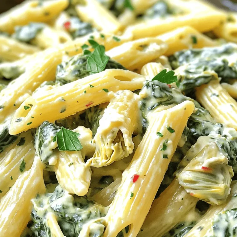 Für diese leckere Pasta brauchen wir einige Hauptzutaten: - 225 g Pasta (Penne oder Rotini) - 240 g frischer Spinat, grob gehackt - 240 g Dosen-Artischockenherzen, abgetropft und gehackt - 240 g Frischkäse, weich - 120 g griechischer Joghurt - 50 g geriebener Parmesan - 50 g geriebener Mozzarella - 2 Knoblauchzehen, fein gehackt - 1 Esslöffel Olivenöl - 1/2 Teelöffel rote Pfefferflocken (optional) - Salz und Pfeffer nach Geschmack - Frische Petersilie zur Garnitur (optional) Jede Zutat bringt ihren eigenen Geschmack und Nährstoffe mit. Die Pasta sorgt für Füllung, während Spinat und Artischocken einen frischen Kick geben. Diese Zutaten bieten viele Nährstoffe, die gut für deinen Körper sind: - Pasta: Liefert Kohlenhydrate für Energie. - Spinat: Reich an Vitaminen A und K. - Artischocken: Gut für die Verdauung und reich an Antioxidantien. - Frischkäse und Joghurt: Bieten Protein und Kalzium. - Parmesan und Mozzarella: Fügen Geschmack und Fette hinzu. Diese Nährstoffe helfen dir, dich stark und gesund zu fühlen. Wenn du keine frischen Zutaten hast, gibt es gute Alternativen: - Statt frischem Spinat: Verwende tiefgefrorenen Spinat. Achte darauf, ihn gut abzutropfen. - Anstelle von Dosen-Artischocken: Frische Artischocken sind auch eine gute Wahl, aber mehr Arbeit. - Für den Frischkäse: Nutze Ricotta oder einen veganen Frischkäse. - Griechischer Joghurt kann durch normalen Joghurt ersetzt werden. Mit diesen Alternativen bleibt der Geschmack toll und du kannst die Pasta trotzdem genießen. Bringe einen großen Topf mit gesalzenem Wasser zum Kochen. Füge die Pasta hinzu. Koche sie gemäß der Packungsanleitung bis sie al dente ist. Gieße die Pasta ab, aber hebe 120 ml des Nudelwassers auf. Dieses Wasser hilft später. Erhitze in einer großen Pfanne das Olivenöl bei mittlerer Hitze. Füge den gehackten Knoblauch hinzu. Brate ihn für 1-2 Minuten, bis er duftet. Gib die gehackten Spinatblätter und die Artischockenherzen in die Pfanne. Koche alles 3-4 Minuten, bis der Spinat verwelkt ist. So entsteht eine tolle Basis für den Dip. Reduziere die Hitze. Rühre den Frischkäse, den griechischen Joghurt und den Parmesan in die Pfanne. Mische alles gut, bis es cremig ist. Falls es zu fest ist, füge etwas Nudelwasser hinzu. Gib die gekochte Pasta zur cremigen Mischung in die Pfanne. Vermenge alles gut. Die Pasta sollte gleichmäßig mit der Sauce bedeckt sein. Füge mehr Nudelwasser hinzu, falls nötig. Rühre den geriebenen Mozzarella und die roten Pfefferflocken ein. Würze mit Salz und Pfeffer. Lass alles 2-3 Minuten köcheln, bis der Käse schmilzt. Richte die Pasta in Schalen oder auf einer großen Platte an. Garniere nach Belieben mit frisch gehackter Petersilie. So sieht das Gericht noch schöner aus! Um Pasta perfekt zu kochen, starte mit einem großen Topf. Fülle ihn mit Wasser und füge viel Salz hinzu. Das Wasser sollte sprudelnd kochen, bevor du die Pasta hinzugibst. Achte darauf, die Pasta al dente zu kochen. Das bedeutet, sie sollte fest und bissfest sein. Probiere sie ein paar Minuten vor dem Ende der Kochzeit. So bleibt sie nicht matschig. Du kannst mit diesem Rezept kreativ sein. Für eine schärfere Note füge mehr rote Pfefferflocken hinzu. Wenn du mehr Gemüse magst, probiere Brokkoli oder Zucchini. Du kannst auch Hähnchen oder Garnelen dazugeben, um es proteinreicher zu machen. Experimentiere mit verschiedenen Käsesorten wie Feta oder Cheddar für einen anderen Geschmack. Ein häufiges Problem ist die Überkochen der Pasta. Achte darauf, dass du sie nicht zu lange lässt. Wenn die Sauce zu dick wird, füge etwas von dem Nudelwasser hinzu. Das hilft, die Konsistenz zu verbessern. Und vergiss nicht, die Sauce gut zu würzen. Zu wenig Salz kann das ganze Gericht fade machen. {{image_4}} Um diese Pasta vegan zu machen, ersetzen Sie den Frischkäse und den Joghurt. Nutzen Sie stattdessen vegane Alternativen wie Cashew-Creme oder pflanzlichen Joghurt. Sie können auch Hefeflocken hinzufügen, um einen käsigen Geschmack zu erzielen. Der Parmesan kann durch ein veganen Käseersatz ersetzt werden. So bleibt der Geschmack toll, ohne tierische Produkte. Um den Geschmack zu verstärken, können Sie noch mehr Zutaten hinzufügen. Zum Beispiel: - Röstpaprika: Diese geben einen süßen und rauchigen Geschmack. - Zwiebeln: Fein gehackt, bringen sie eine süße Note. - Sonnengetrocknete Tomaten: Sie fügen eine fruchtige Tiefe hinzu. - Frische Kräuter: Basilikum oder Thymian machen das Gericht frisch. Experimentieren Sie mit diesen Zutaten, um Ihre perfekte Mischung zu finden! Wenn Sie glutenfrei essen, gibt es viele gute Pasta-Alternativen. Probieren Sie: - Linsenpasta: Sie hat einen hohen Proteingehalt und ist nahrhaft. - Kichererbsenpasta: Diese ist reich an Ballaststoffen und hat einen tollen Geschmack. - Reisnudeln: Sie sind leicht und sehr einfach zuzubereiten. Diese Optionen sorgen dafür, dass jeder die cremige Spinat-Artischocken-Dip-Pasta genießen kann! Nach dem Kochen kann die cremige Spinat-Artischocken-Dip-Pasta einfach im Kühlschrank aufbewahrt werden. Fülle die Reste in einen luftdichten Behälter. So bleibt der Geschmack frisch. Du kannst die Pasta bis zu drei Tage im Kühlschrank lagern. Achte darauf, sie gut abzudecken, damit sie nicht austrocknet. Wenn du eine größere Menge gemacht hast, kannst du die Pasta auch einfrieren. Teile die Pasta in Portionen und lagere sie in gefrierfesten Behältern. So bleibt die Pasta bis zu drei Monate genießbar. Zum Wiederaufwärmen, tau die Pasta im Kühlschrank auf. Erhitze sie dann in einer Pfanne bei schwacher Hitze. Füge etwas Wasser oder Brühe hinzu, um die Cremigkeit zurückzubringen. Die Hauptzutaten haben unterschiedliche Haltbarkeiten. Frischer Spinat hält sich im Kühlschrank etwa fünf bis sieben Tage. Dosen-Artischocken sind viel länger haltbar, oft bis zu einem Jahr. Frischkäse sollte innerhalb von zwei Wochen nach dem Öffnen verbraucht werden. Joghurt und Käse haben ebenfalls eine ähnliche Haltbarkeit. Achte auf die Haltbarkeitsdaten, um die besten Ergebnisse zu erzielen. Um die Pasta cremiger zu machen, füge mehr Frischkäse hinzu. Du kannst auch mehr griechischen Joghurt verwenden. Wenn die Sauce zu dick ist, nutze das aufbewahrte Nudelwasser. Ein Schuss hilft, die Konsistenz zu verbessern. Das macht die Mischung schön glatt und reichhaltig. Ja, du kannst anderes Gemüse hinzufügen. Zucchini oder Paprika passen gut dazu. Auch Brokkoli oder Erbsen sind tolle Optionen. Achte darauf, das Gemüse klein zu schneiden. So garen sie gleichmäßig und verbinden sich gut mit der Sauce. Die Reste kannst du im Kühlschrank aufbewahren. Sie halten sich dort etwa 3 bis 4 Tage. Stelle sicher, dass du sie in einem luftdichten Behälter lagerst. Zum Wiedererwärmen kannst du die Reste in der Mikrowelle oder auf dem Herd aufwärmen. Diese Pasta hat einige gesunde Zutaten. Der Spinat liefert viele Vitamine und Mineralstoffe. Artischocken sind reich an Ballaststoffen. Der griechische Joghurt bietet Protein. Achte jedoch auf die Menge an Käse. Mäßigung ist wichtig, um die Gesundheit zu fördern. Diese Anleitung zeigt, wie man eine leckere Spinat-Artischocken-Dip-Pasta zubereitet. Wir haben die besten Zutaten aufgelistet und ihre Nährstoffe betrachtet. Auch Alternativen sind hilfreich, falls du frische Zutaten nicht hast. Die Schritt-für-Schritt-Anleitung führt dich sicher durch den Kochprozess. Tipps helfen, häufige Fehler zu vermeiden und Variationen bringen neuen Geschmack. Achte auf die Lagerung, um die Reste frisch zu halten. Mit diesen Informationen machst du dein Pasta-Gericht perfekt und kreativ. Viel Spaß beim Kochen!