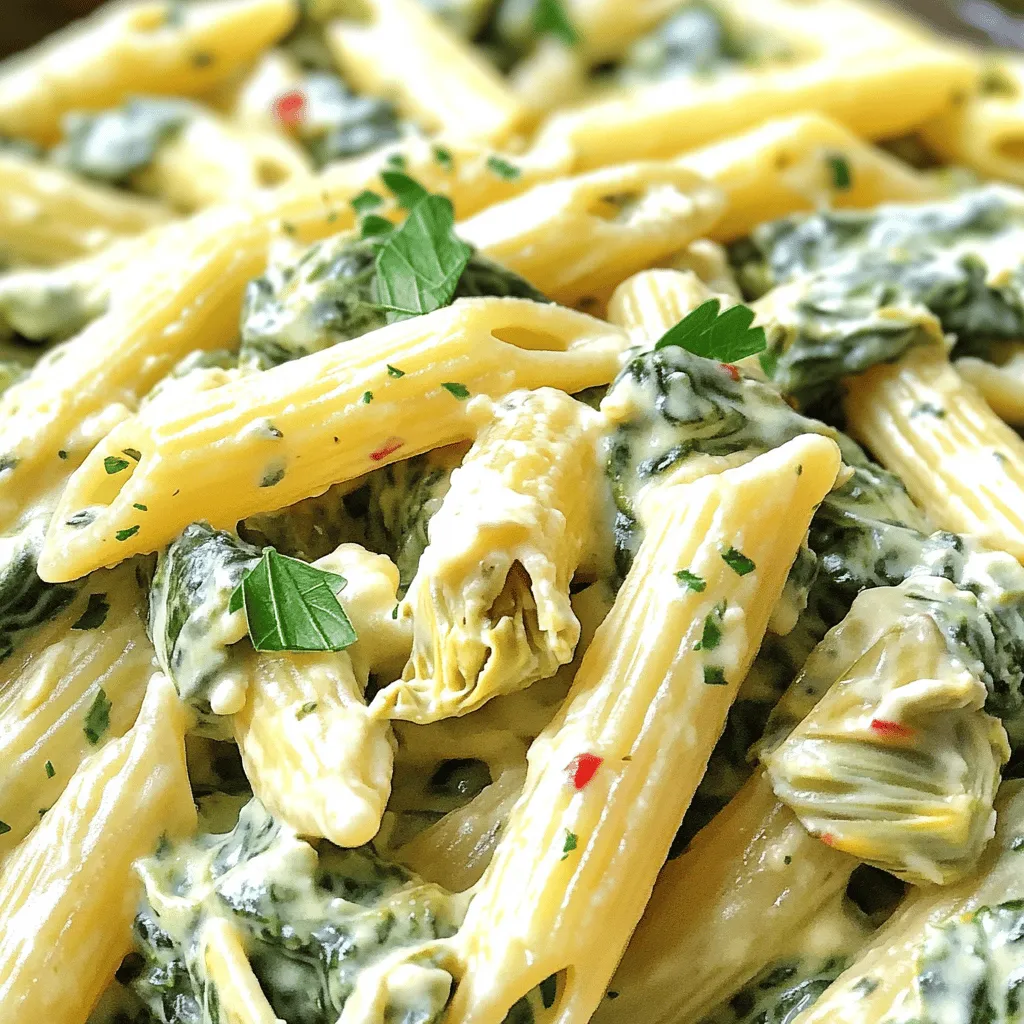 Für diese leckere Pasta brauchen wir einige Hauptzutaten: - 225 g Pasta (Penne oder Rotini) - 240 g frischer Spinat, grob gehackt - 240 g Dosen-Artischockenherzen, abgetropft und gehackt - 240 g Frischkäse, weich - 120 g griechischer Joghurt - 50 g geriebener Parmesan - 50 g geriebener Mozzarella - 2 Knoblauchzehen, fein gehackt - 1 Esslöffel Olivenöl - 1/2 Teelöffel rote Pfefferflocken (optional) - Salz und Pfeffer nach Geschmack - Frische Petersilie zur Garnitur (optional) Jede Zutat bringt ihren eigenen Geschmack und Nährstoffe mit. Die Pasta sorgt für Füllung, während Spinat und Artischocken einen frischen Kick geben. Diese Zutaten bieten viele Nährstoffe, die gut für deinen Körper sind: - Pasta: Liefert Kohlenhydrate für Energie. - Spinat: Reich an Vitaminen A und K. - Artischocken: Gut für die Verdauung und reich an Antioxidantien. - Frischkäse und Joghurt: Bieten Protein und Kalzium. - Parmesan und Mozzarella: Fügen Geschmack und Fette hinzu. Diese Nährstoffe helfen dir, dich stark und gesund zu fühlen. Wenn du keine frischen Zutaten hast, gibt es gute Alternativen: - Statt frischem Spinat: Verwende tiefgefrorenen Spinat. Achte darauf, ihn gut abzutropfen. - Anstelle von Dosen-Artischocken: Frische Artischocken sind auch eine gute Wahl, aber mehr Arbeit. - Für den Frischkäse: Nutze Ricotta oder einen veganen Frischkäse. - Griechischer Joghurt kann durch normalen Joghurt ersetzt werden. Mit diesen Alternativen bleibt der Geschmack toll und du kannst die Pasta trotzdem genießen. Bringe einen großen Topf mit gesalzenem Wasser zum Kochen. Füge die Pasta hinzu. Koche sie gemäß der Packungsanleitung bis sie al dente ist. Gieße die Pasta ab, aber hebe 120 ml des Nudelwassers auf. Dieses Wasser hilft später. Erhitze in einer großen Pfanne das Olivenöl bei mittlerer Hitze. Füge den gehackten Knoblauch hinzu. Brate ihn für 1-2 Minuten, bis er duftet. Gib die gehackten Spinatblätter und die Artischockenherzen in die Pfanne. Koche alles 3-4 Minuten, bis der Spinat verwelkt ist. So entsteht eine tolle Basis für den Dip. Reduziere die Hitze. Rühre den Frischkäse, den griechischen Joghurt und den Parmesan in die Pfanne. Mische alles gut, bis es cremig ist. Falls es zu fest ist, füge etwas Nudelwasser hinzu. Gib die gekochte Pasta zur cremigen Mischung in die Pfanne. Vermenge alles gut. Die Pasta sollte gleichmäßig mit der Sauce bedeckt sein. Füge mehr Nudelwasser hinzu, falls nötig. Rühre den geriebenen Mozzarella und die roten Pfefferflocken ein. Würze mit Salz und Pfeffer. Lass alles 2-3 Minuten köcheln, bis der Käse schmilzt. Richte die Pasta in Schalen oder auf einer großen Platte an. Garniere nach Belieben mit frisch gehackter Petersilie. So sieht das Gericht noch schöner aus! Um Pasta perfekt zu kochen, starte mit einem großen Topf. Fülle ihn mit Wasser und füge viel Salz hinzu. Das Wasser sollte sprudelnd kochen, bevor du die Pasta hinzugibst. Achte darauf, die Pasta al dente zu kochen. Das bedeutet, sie sollte fest und bissfest sein. Probiere sie ein paar Minuten vor dem Ende der Kochzeit. So bleibt sie nicht matschig. Du kannst mit diesem Rezept kreativ sein. Für eine schärfere Note füge mehr rote Pfefferflocken hinzu. Wenn du mehr Gemüse magst, probiere Brokkoli oder Zucchini. Du kannst auch Hähnchen oder Garnelen dazugeben, um es proteinreicher zu machen. Experimentiere mit verschiedenen Käsesorten wie Feta oder Cheddar für einen anderen Geschmack. Ein häufiges Problem ist die Überkochen der Pasta. Achte darauf, dass du sie nicht zu lange lässt. Wenn die Sauce zu dick wird, füge etwas von dem Nudelwasser hinzu. Das hilft, die Konsistenz zu verbessern. Und vergiss nicht, die Sauce gut zu würzen. Zu wenig Salz kann das ganze Gericht fade machen. {{image_4}} Um diese Pasta vegan zu machen, ersetzen Sie den Frischkäse und den Joghurt. Nutzen Sie stattdessen vegane Alternativen wie Cashew-Creme oder pflanzlichen Joghurt. Sie können auch Hefeflocken hinzufügen, um einen käsigen Geschmack zu erzielen. Der Parmesan kann durch ein veganen Käseersatz ersetzt werden. So bleibt der Geschmack toll, ohne tierische Produkte. Um den Geschmack zu verstärken, können Sie noch mehr Zutaten hinzufügen. Zum Beispiel: - Röstpaprika: Diese geben einen süßen und rauchigen Geschmack. - Zwiebeln: Fein gehackt, bringen sie eine süße Note. - Sonnengetrocknete Tomaten: Sie fügen eine fruchtige Tiefe hinzu. - Frische Kräuter: Basilikum oder Thymian machen das Gericht frisch. Experimentieren Sie mit diesen Zutaten, um Ihre perfekte Mischung zu finden! Wenn Sie glutenfrei essen, gibt es viele gute Pasta-Alternativen. Probieren Sie: - Linsenpasta: Sie hat einen hohen Proteingehalt und ist nahrhaft. - Kichererbsenpasta: Diese ist reich an Ballaststoffen und hat einen tollen Geschmack. - Reisnudeln: Sie sind leicht und sehr einfach zuzubereiten. Diese Optionen sorgen dafür, dass jeder die cremige Spinat-Artischocken-Dip-Pasta genießen kann! Nach dem Kochen kann die cremige Spinat-Artischocken-Dip-Pasta einfach im Kühlschrank aufbewahrt werden. Fülle die Reste in einen luftdichten Behälter. So bleibt der Geschmack frisch. Du kannst die Pasta bis zu drei Tage im Kühlschrank lagern. Achte darauf, sie gut abzudecken, damit sie nicht austrocknet. Wenn du eine größere Menge gemacht hast, kannst du die Pasta auch einfrieren. Teile die Pasta in Portionen und lagere sie in gefrierfesten Behältern. So bleibt die Pasta bis zu drei Monate genießbar. Zum Wiederaufwärmen, tau die Pasta im Kühlschrank auf. Erhitze sie dann in einer Pfanne bei schwacher Hitze. Füge etwas Wasser oder Brühe hinzu, um die Cremigkeit zurückzubringen. Die Hauptzutaten haben unterschiedliche Haltbarkeiten. Frischer Spinat hält sich im Kühlschrank etwa fünf bis sieben Tage. Dosen-Artischocken sind viel länger haltbar, oft bis zu einem Jahr. Frischkäse sollte innerhalb von zwei Wochen nach dem Öffnen verbraucht werden. Joghurt und Käse haben ebenfalls eine ähnliche Haltbarkeit. Achte auf die Haltbarkeitsdaten, um die besten Ergebnisse zu erzielen. Um die Pasta cremiger zu machen, füge mehr Frischkäse hinzu. Du kannst auch mehr griechischen Joghurt verwenden. Wenn die Sauce zu dick ist, nutze das aufbewahrte Nudelwasser. Ein Schuss hilft, die Konsistenz zu verbessern. Das macht die Mischung schön glatt und reichhaltig. Ja, du kannst anderes Gemüse hinzufügen. Zucchini oder Paprika passen gut dazu. Auch Brokkoli oder Erbsen sind tolle Optionen. Achte darauf, das Gemüse klein zu schneiden. So garen sie gleichmäßig und verbinden sich gut mit der Sauce. Die Reste kannst du im Kühlschrank aufbewahren. Sie halten sich dort etwa 3 bis 4 Tage. Stelle sicher, dass du sie in einem luftdichten Behälter lagerst. Zum Wiedererwärmen kannst du die Reste in der Mikrowelle oder auf dem Herd aufwärmen. Diese Pasta hat einige gesunde Zutaten. Der Spinat liefert viele Vitamine und Mineralstoffe. Artischocken sind reich an Ballaststoffen. Der griechische Joghurt bietet Protein. Achte jedoch auf die Menge an Käse. Mäßigung ist wichtig, um die Gesundheit zu fördern. Diese Anleitung zeigt, wie man eine leckere Spinat-Artischocken-Dip-Pasta zubereitet. Wir haben die besten Zutaten aufgelistet und ihre Nährstoffe betrachtet. Auch Alternativen sind hilfreich, falls du frische Zutaten nicht hast. Die Schritt-für-Schritt-Anleitung führt dich sicher durch den Kochprozess. Tipps helfen, häufige Fehler zu vermeiden und Variationen bringen neuen Geschmack. Achte auf die Lagerung, um die Reste frisch zu halten. Mit diesen Informationen machst du dein Pasta-Gericht perfekt und kreativ. Viel Spaß beim Kochen!