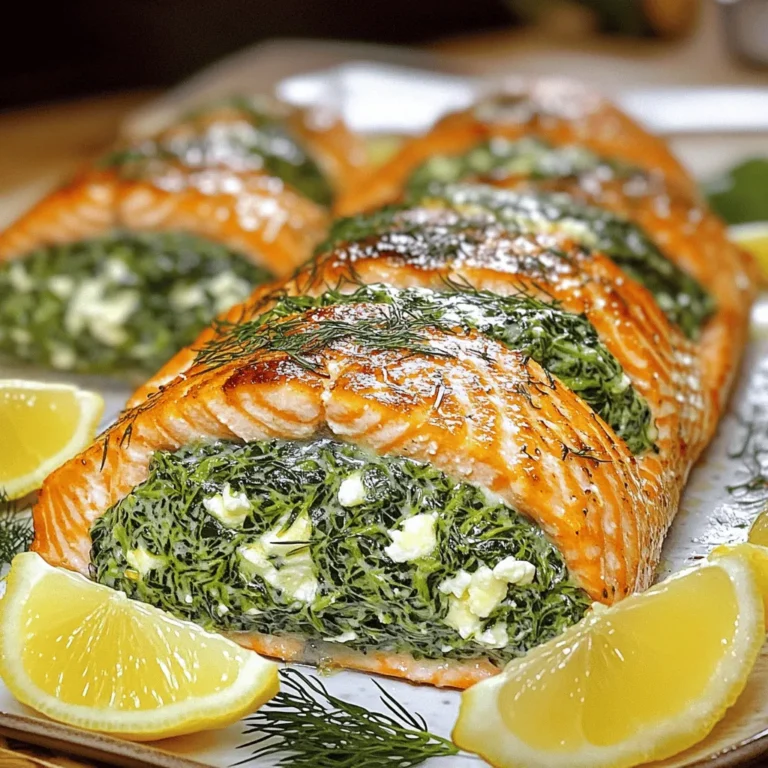 Für dieses leckere Gericht brauchen Sie: - 4 Lachsfilets (je 170 g) - 1 Tasse frischer Spinat, grob gehackt - 125 g Feta-Käse, zerbröckelt - 60 g Frischkäse, weich - 2 Knoblauchzehen, fein gehackt - 1 Esslöffel Zitronensaft - 1 Teelöffel getrockneter Dill - Salz und Pfeffer nach Geschmack - 2 Esslöffel Olivenöl - Zitronenschnitze, zum Servieren Diese Zutaten bringen frische Aromen auf den Teller und machen das Gericht besonders. Zusätzlich zu den Hauptzutaten können Sie noch andere Gewürze nutzen. Ich empfehle, etwas Paprika oder frische Kräuter hinzuzufügen. Diese geben dem Lachs eine besondere Note. Sie können auch ein wenig Chili für einen scharfen Kick verwenden. Frische Zutaten sind der Schlüssel zu einem tollen Gericht. Achten Sie beim Kauf von Lachsfilets darauf, dass sie frisch riechen und eine leuchtende Farbe haben. Der Spinat sollte knackig und grün sein, ohne braune Stellen. Bei Feta-Käse wählen Sie am besten die Sorte in Salzlake, sie bleibt frisch und hat einen tollen Geschmack. Kaufen Sie auch frischen Knoblauch, der mehr Aroma hat als getrockneter. So stellen Sie sicher, dass Ihr Spinat-Feta-Gefüllter Lachs einfach köstlich wird! Um Spinat-Feta-Gefüllten Lachs zuzubereiten, starten Sie mit der Vorbereitung. Sie benötigen: - 4 Lachsfilets (je 170 g) - 1 Tasse frischer Spinat, grob gehackt - 125 g Feta-Käse, zerbröckelt - 60 g Frischkäse, weich - 2 Knoblauchzehen, fein gehackt - 1 Esslöffel Zitronensaft - 1 Teelöffel getrockneter Dill - Salz und Pfeffer nach Geschmack - 2 Esslöffel Olivenöl - Zitronenschnitze, zum Servieren Waschen Sie den Spinat gründlich und hacken Sie ihn grob. Zerbröckeln Sie den Feta-Käse und lassen Sie den Frischkäse weich werden. Diese Schritte sind wichtig für die Füllung. Jetzt machen wir die Füllung. Nehmen Sie eine große Rührschüssel. Geben Sie den gehackten Spinat, den zerbröckelten Feta-Käse und den weichen Frischkäse hinein. Fügen Sie den gehackten Knoblauch, den Zitronensaft, den Dill, Salz und Pfeffer hinzu. Mischen Sie alles gut, bis es eine gleichmäßige Füllung gibt. Diese Mischung bringt die Aromen zusammen. Nehmen Sie ein scharfes Messer und schneiden Sie jedes Lachsfilet horizontal auf. Achten Sie darauf, dass Sie eine Tasche schaffen, aber nicht das Filet durchtrennen. Jetzt füllen Sie die Lachsfilets mit der Spinat-Feta-Mischung. Falls nötig, sichern Sie die Öffnung mit Zahnstochern. Erhitzen Sie das Olivenöl in einer ofenfesten Pfanne bei mittlerer Hitze. Wenn das Öl heiß ist, legen Sie die gefüllten Lachsfilets mit der Hautseite nach unten in die Pfanne. Braten Sie die Filets etwa 3-4 Minuten, bis die Haut knusprig ist. Drehen Sie die Filets vorsichtig um, um die andere Seite zu braten. Stellen Sie die Pfanne in den vorgeheizten Ofen bei 190°C (375°F). Backen Sie die Lachsfilets für 12-15 Minuten. Der Lachs sollte durchgegart sein und sich leicht mit einer Gabel zerteilen lassen. Lassen Sie den Lachs 2-3 Minuten ruhen, bevor Sie ihn servieren. So bleibt er saftig und lecker. Ein häufiger Fehler ist, die Füllung zu überfüllen. Dies kann dazu führen, dass der Lachs beim Kochen aufbricht. Achten Sie darauf, die Füllung gleichmäßig in die Tasche des Lachses zu geben. Ein weiterer Fehler ist, die Hautseite nicht richtig zu braten. Sie möchten eine knusprige Haut, also braten Sie die Filets ausreichend, bevor Sie sie in den Ofen geben. Um den perfekten Gargrad zu erreichen, nutzen Sie eine Gabel. Testen Sie, ob sich der Lachs leicht zerteilen lässt. Wenn der Lachs noch nicht fertig ist, backen Sie ihn ein paar Minuten länger. Der ideale Innentemperaturbereich für Lachs liegt bei 54 bis 60 Grad Celsius. Achten Sie darauf, den Lachs nach dem Backen 2-3 Minuten ruhen zu lassen. So bleibt er saftig. Für eine ansprechende Präsentation legen Sie den gefüllten Lachs auf einen weißen Teller. Fügen Sie gedämpftes Gemüse oder einen frischen Salat hinzu. Garnieren Sie das Gericht mit Zitronenschnitzen und frischem Dill. Dies bringt Farbe und zusätzlichen Geschmack. Ein schöner Teller macht das Essen noch besonderer. {{image_4}} Wenn Sie eine vegetarische Option wünschen, können Sie die Füllung anpassen. Ersetzen Sie den Lachs durch eine große Zucchini oder Paprika. Füllen Sie diese mit einer Mischung aus Spinat, Feta und Quinoa. Diese Füllung ist gesund und lecker. Der Geschmack bleibt frisch und würzig. Seien Sie kreativ mit der Füllung! Versuchen Sie, andere Zutaten hinzuzufügen. Zum Beispiel können Sie getrocknete Tomaten oder Oliven verwenden. Diese geben einen tollen Geschmack. Auch andere Käsesorten wie Mozzarella oder Ricotta passen gut. Denken Sie daran, die Gewürze anzupassen, um neue Aromen zu entdecken. Die richtigen Beilagen machen Ihr Gericht noch besser. Servieren Sie den gefüllten Lachs mit gedämpftem Gemüse. Brokkoli oder grüne Bohnen sind eine gute Wahl. Ein frischer Salat mit Rucola und Zitronendressing passt ebenfalls gut. Sie können auch Reis oder Quinoa hinzufügen, um das Gericht zu vervollständigen. Diese Beilagen sind einfach und lecker. Wenn du Lachsreste hast, bewahre sie in einem luftdichten Behälter auf. Stelle sicher, dass die Reste gut abgekühlt sind, bevor du sie in den Kühlschrank legst. So bleibt der Lachs frisch. Du kannst die Reste auch in Portionen aufteilen. So hast du schnell eine gesunde Mahlzeit zur Hand. Um gefüllten Lachs aufzuwärmen, benutze den Ofen. Heize ihn auf 175°C vor. Lege die Reste in eine ofenfeste Form und decke sie mit Aluminiumfolie ab. Erwärme den Lachs etwa 10 bis 15 Minuten lang. Das hilft, die Feuchtigkeit zu bewahren. Du kannst auch die Mikrowelle nutzen. Stelle die Mikrowelle auf niedrige Hitze und erwärme den Lachs für 1 bis 2 Minuten. Im Kühlschrank hält sich der gefüllte Lachs etwa 2 bis 3 Tage. Achte darauf, ihn gut zu verpacken. Wenn du den Lachs länger aufbewahren möchtest, kannst du ihn einfrieren. Im Gefrierschrank bleibt er bis zu 3 Monate frisch. Verpacke ihn gut in Plastikfolie und dann in einen Gefrierbeutel. So bleibt der Geschmack erhalten. Die Zubereitung dauert insgesamt etwa 30 Minuten. Du benötigst 15 Minuten für die Vorbereitung und 15 Minuten für das Kochen. Diese Zeit ist perfekt für ein schnelles Abendessen. Du wirst schnell den Genuss von frisch gefüllt Lachs erleben. Ja, du kannst den Lachs vor dem Füllen marinieren. Eine einfache Marinade aus Olivenöl, Zitronensaft, Salz und Pfeffer funktioniert gut. Lass den Lachs etwa 15 bis 30 Minuten darin ruhen. Das gibt dem Fisch einen zusätzlichen Geschmack. Achte darauf, die Marinade nicht zu lange einwirken zu lassen, damit der Lachs nicht zu salzig wird. Zu Spinat-Feta-Gefülltem Lachs passen viele Beilagen. Ich empfehle gedämpftes Gemüse wie Brokkoli oder grüne Bohnen. Ein frischer Salat mit Zitronen-Vinaigrette sorgt für einen tollen Kontrast. Auch Quinoa oder Reis sind gute Optionen. Diese Beilagen sind einfach und ergänzen den Lachs perfekt. Im Blogbeitrag haben wir die Hauptzutaten und deren Auswahl für den Spinat-Feta-Gefüllten Lachs besprochen. Ich habe eine einfache Schritt-für-Schritt-Anleitung zur Zubereitung gegeben. Zudem teilte ich Tipps, um häufige Fehler zu vermeiden und den perfekten Gargrad zu erreichen. Die Variationen zeigen, wie man kreativ sein kann. Schließlich habe ich Informationen zur Lagerung und Beantwortung häufig gestellter Fragen gegeben. Probiere dieses Gericht aus, und du wirst erstaunt sein, wie lecker es ist!