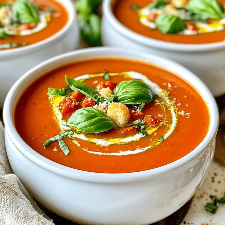 Um eine köstliche cremige Tomaten-Basilikum-Suppe zu machen, brauchst du folgende Zutaten: - 2 Esslöffel Olivenöl - 1 mittelgroße Zwiebel, fein gehackt - 3 Zehen Knoblauch, gehackt - 2 Dosen (je 400g) gewürfelte Tomaten (am besten feurig gegrillt) - 500 ml Gemüsebrühe - 240 ml Sahne - 60 ml frische Basilikumblätter, gehackt (plus extra zum Garnieren) - 1 Teelöffel Zucker - Salz und Pfeffer nach Geschmack - 1/2 Teelöffel rote Pfefferflocken (optional, für zusätzliche Schärfe) - Frisch geriebener Parmesan zum Servieren (optional) Diese Zutaten bringen tolle Aromen in die Suppe. Die Verwendung von frischen Basilikumblättern macht einen großen Unterschied. Du kannst auch die roten Pfefferflocken weglassen, wenn du es milder magst. Achte darauf, die besten Tomaten zu wählen. Feurig gegrillte Tomaten verleihen der Suppe einen besonderen Geschmack. Erhitze das Olivenöl in einem großen Topf bei mittlerer Hitze. Füge die gehackte Zwiebel hinzu. Brate sie an, bis sie weich und klar ist. Das dauert etwa 5 Minuten. Dann kommt der gehackte Knoblauch dazu. Koche ihn für eine weitere Minute. Achte darauf, dass der Knoblauch nicht verbrennt. Jetzt gib die gewürfelten Tomaten und die Gemüsebrühe in den Topf. Rühre alles gut um. Lass die Mischung aufkochen und dann auf niedriger Hitze köcheln. Lass die Suppe etwa 15 Minuten köcheln. So vermischen sich die Aromen gut. Rühre die Suppe gelegentlich um. Wenn die Zeit um ist, püriere die Suppe mit einem Stabmixer. Achte darauf, dass sie glatt und cremig wird. Alternativ kannst du Teile der Suppe in einen Standmixer umfüllen, pürieren und dann zurück in den Topf geben. Rühre die Sahne, das gehackte Basilikum, Zucker, Salz und Pfeffer in die Suppe ein. Wenn du es scharf magst, füge rote Pfefferflocken hinzu. Lass die Suppe 5 Minuten durchwärmen. Lass sie aber nicht mehr kochen, nachdem du die Sahne hinzugefügt hast. Kosten und nach Belieben nachwürzen. So passt du die Aromen perfekt an. Um die beste Konsistenz zu bekommen, benutze einen Stabmixer. Du kannst auch einen Standmixer nutzen. Der Stabmixer ist einfach und schnell. Du mixt die Suppe direkt im Topf. Das spart Zeit und du musst weniger abwaschen. Mit dem Standmixer wird die Suppe sehr glatt. Du musst die Suppe aber in Portionen umfüllen. So kann es länger dauern. Um den Geschmack zu verbessern, taste dich an Salz, Pfeffer und Zucker heran. Beginne mit einer kleinen Menge. Dann probiere die Suppe. Du kannst mehr Gewürze hinzufügen, wenn nötig. Zucker hilft, die Säure der Tomaten zu balancieren. Ein Teelöffel reicht oft aus. Experimentiere mit den Mengen, bis du deine perfekte Balance findest. Die richtige Garnitur macht viel aus. Frische Basilikumblätter sind ein Muss. Sie bringen Farbe und Aroma. Du kannst auch frisch geriebenen Parmesan darüber streuen. Croûtons geben der Suppe einen schönen Biss. Serviere die Suppe in tiefen Schalen. Ein Spritzer Olivenöl oben drauf sieht toll aus und schmeckt gut. {{image_4}} Für eine vegane Version der cremigen Tomatensuppe, ersetze die Sahne. Du kannst Kokosmilch oder Hafercreme verwenden. Diese pflanzlichen Alternativen geben der Suppe eine schöne Cremigkeit. Sie sind auch leicht verfügbar und einfach zu nutzen. Achte darauf, glutenfreie Gemüsebrühe zu verwenden. Die anderen Zutaten in diesem Rezept sind bereits glutenfrei. So kannst du die Suppe ohne Bedenken genießen. Du kannst die Suppe nach Belieben aufpeppen. Füge geröstete Paprika oder Karotten hinzu. Auch ein Schuss Balsamico kann den Geschmack verbessern. Für mehr Textur kannst du Croutons oder geröstete Kichererbsen als Topping verwenden. Sei kreativ und finde deinen eigenen Geschmack! Die Lagerung ist einfach. Du kannst die Suppe in einem luftdichten Behälter aufbewahren. Stelle sicher, dass die Suppe abgekühlt ist, bevor du sie in den Kühlschrank stellst. Im Kühlschrank bleibt die Suppe frisch für bis zu vier Tage. Wenn du die Suppe länger aufbewahren möchtest, friere sie ein. Verwende dafür einen gefrierfesten Behälter oder einen Gefrierbeutel. Achte darauf, etwas Platz zu lassen, da sich die Suppe beim Einfrieren ausdehnt. Wie lange ist die Suppe haltbar? Im Kühlschrank hält sie sich bis zu vier Tage. Wenn du sie eingefroren hast, kann sie bis zu drei Monate halten. Achte beim Auftauen darauf, die Suppe im Kühlschrank über Nacht zu lassen. So bleibt der Geschmack erhalten. Wenn du die Suppe wieder aufwärmst, rühre sie gut um und erhitze sie langsam auf mittlerer Hitze. So bleibt sie cremig und lecker. Um die Suppe würziger zu machen, füge rote Pfefferflocken hinzu. Ein halber Teelöffel reicht für ein leichtes Feuer. Du kannst auch frischen Chili verwenden, um es schärfer zu machen. Teste die Schärfe nach jeder Zugabe. Mögen deine Gäste es schärfer? Erhöhe die Menge langsam. Eine Prise Cayennepfeffer kann ebenfalls Wunder wirken. Ja, frische Tomaten sind eine tolle Wahl! Verwende etwa 1,2 kg reife Tomaten. Blanchiere sie kurz, um die Haut leicht zu entfernen. Schneide sie und koche sie mit der Brühe. Es kann jedoch etwas länger dauern, bis die Suppe dick wird. Das Aroma der frischen Tomaten ist frisch und lecker. Du kannst die Sahne reduzieren oder weglassen. Die Suppe bleibt lecker, wenn du weniger nimmst. Für eine leichtere Version probiere griechischen Joghurt als Ersatz. Das gibt eine cremige Textur ohne viel Fett. Für vegane Optionen kannst du auch Kokosmilch verwenden. Diese Blogpost bietet Ihnen eine einfache Anleitung zur Zubereitung einer köstlichen Suppe. Sie können mit frischen Zutaten wie Tomaten, Zwiebeln und Gewürzen arbeiten. Denken Sie an Tipps für die perfekte Konsistenz und Variationen, um das Rezept anzupassen. Lagern Sie die Suppe richtig, um ihre Frische zu bewahren. Nutzen Sie die FAQs, um häufige Fragen zu klären. Bereiten Sie sich darauf vor, diese leckere Suppe selbst zu genießen. Ihre Küche wird es Ihnen danken!