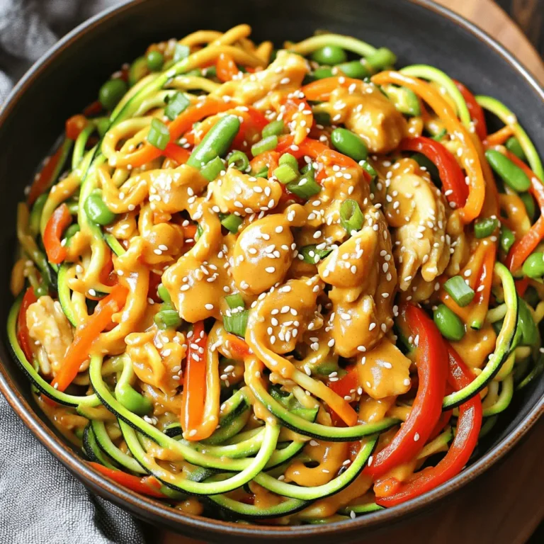 Für die Spicy Peanut Zoodle Stir Fry brauchen Sie: - 4 mittelgroße Zucchini - 1 Tasse rote Paprika, in Streifen - 1 Tasse Zuckerschoten - 1 Tasse Karotten, in feine Juliennestreifen - 1/2 Tasse Frühlingszwiebeln, gehackt - 1 Tasse gekochte Hähnchenbrust oder Tofu Um die leckere Sauce herzustellen, benötigen Sie: - 3 Esslöffel Erdnussbutter - 2 Esslöffel Sojasauce - 1 Esslöffel Honig oder Agavendicksaft - 1 Esslöffel Sriracha, je nach Geschmack - 1 Esslöffel Sesamöl - 1 Teelöffel Knoblauch, gehackt - 1 Teelöffel Ingwer, gehackt - 1 Esslöffel Sesamsamen, für die Garnierung Falls Sie einige Zutaten nicht haben, hier sind Alternativen: - Verwenden Sie andere Gemüse wie Brokkoli oder Paprika. - Statt Hähnchen können Sie Tofu oder Tempeh nehmen. - Erdnussbutter kann durch Mandel- oder Cashewbutter ersetzt werden. - Für eine glutenfreie Option nutzen Sie Tamari statt Sojasauce. - Sriracha kann durch Chili-Paste ersetzt werden, wenn Sie weniger Schärfe wollen. Mit diesen Zutaten und Alternativen können Sie ein schnelles und gesundes Gericht zaubern. Um Zucchini-Nudeln zu machen, benutze einen Spiralschneider. Schneide die Zucchini in lange, dünne Streifen. Diese nennt man Zoodles. Die Zoodles sind leicht und gesund. Lege sie beiseite, während du das Gericht zubereitest. Für die Erdnusssauce nimm eine kleine Schüssel. Vermische 3 Esslöffel Erdnussbutter, 2 Esslöffel Sojasauce, 1 Esslöffel Honig und 1 Esslöffel Sriracha. Füge 1 Teelöffel gehackten Knoblauch und 1 Teelöffel gehackten Ingwer hinzu. Rühre alles gut um, bis die Sauce glatt ist. Wenn die Sauce dick ist, gebe einen Spritzer Wasser dazu. Erhitze 1 Esslöffel Sesamöl in einer großen Pfanne bei mittlerer Hitze. Füge 1 Tasse rote Paprika, 1 Tasse Zuckerschoten und 1 Tasse Karotten hinzu. Brate das Gemüse 3-5 Minuten an. Es sollte zart, aber knackig bleiben. Wenn du Hähnchen verwendest, füge die gekochte Hähnchenbrust hinzu. Danach kommen die Zoodles in die Pfanne. Brate alles 2-3 Minuten, bis die Zoodles leicht zart sind. Gieße die scharfe Erdnusssauce über das Gemüse und Hühnchen. Vermenge alles gut, bis die Zutaten gleichmäßig mit der Sauce bedeckt sind. Koche eine weitere Minute, um alles gut durchzuwärmen. Nimm die Pfanne vom Herd. Mische die gehackten Frühlingszwiebeln unter. Serviere das Gericht in einer großen Schüssel. Garniere es mit Sesamsamen für einen schönen Look. Um die Zoodles perfekt zu machen, benutze einen Spiralschneider. Wähle frische Zucchini, da sie mehr Geschmack bieten. Schneide die Zucchini in gleichmäßige Streifen, um ein gleichmäßiges Garen zu gewährleisten. Achte darauf, sie nicht zu lange zu garen. Zoodles sollten noch knackig sein und nicht matschig werden. Überlege, sie kurz in einem Sieb abtropfen zu lassen, um überschüssige Feuchtigkeit zu entfernen. Die scharfe Erdnusssauce ist vielseitig. Du kannst die Sriracha anpassen, um mehr oder weniger Schärfe zu erreichen. Für eine nussige Note füge etwas Sesamöl hinzu. Um die Sauce cremiger zu machen, verwende mehr Erdnussbutter. Möchtest du es süßer? Ersetze den Honig durch Ahornsirup. Experimentiere mit Limettensaft für eine frische Note. Du kannst auch Kokosmilch hinzufügen, um die Sauce reichhaltiger zu machen. Ein häufiger Fehler ist, die Zoodles zu lange zu garen. Das führt zu einer matschigen Textur. Achte darauf, sie nur 2-3 Minuten zu braten. Ein weiterer Fehler ist das Überladen der Pfanne. Dies kann das Garen ungleichmäßig machen. Brate das Gemüse in kleinen Portionen. Zudem solltest du die Sauce nicht zu früh hinzufügen. Warte, bis das Gemüse fast fertig ist, um die Aromen zu bewahren. {{image_4}} Für eine vegetarische oder vegane Variante kannst du Tofu anstelle von Hähnchen verwenden. Tofu liefert viel Protein und hat eine tolle Textur. Wenn du es noch gesünder machen möchtest, ersetze die Erdnussbutter mit Mandelbutter. Das gibt dem Gericht einen neuen Geschmack. Achte darauf, dass du auch die Sojasauce in einer glutenfreien Version wählst, wenn nötig. Wenn du es wirklich scharf magst, kannst du mehr Sriracha hinzufügen. Probiere auch frische Chilis oder Chili-Pulver aus. Diese Zutaten geben deinem Gericht mehr Biss. Eine andere Möglichkeit ist, die Erdnussbutter mit einer scharfen Erdnusssoße zu mischen. So bekommst du eine sehr würzige Note. Fühl dich frei, mit verschiedenen Gemüsearten zu experimentieren. Brokkoli, grüne Bohnen oder Spinat passen gut in diese Pfanne. Du kannst auch Karotten durch Zucchini ersetzen, um noch mehr Zoodles zu bekommen. Die Farben und Texturen machen das Gericht lebendiger und gesünder. Um Reste der Spicy Peanut Zoodle Stir Fry richtig zu lagern, folge diesen Schritten: - Lass das Gericht zuerst abkühlen. - Fülle die Reste in einen luftdichten Behälter. - Stelle sicher, dass der Behälter sauber und trocken ist. Reste bleiben frisch, wenn du sie innerhalb von 3-4 Tagen isst. Für beste Ergebnisse lagere sie im Kühlschrank. Das Aufwärmen kann dein Gericht wieder köstlich machen. Hier sind einige einfache Tipps: - Verwende eine Mikrowelle oder Pfanne. - Füge einen Spritzer Wasser hinzu, um die Zoodles feucht zu halten. - Erwärme bei mittlerer Hitze, damit nichts anbrennt. Rühre das Gericht während des Erwärmens um, um eine gleichmäßige Temperatur zu erreichen. Im Kühlschrank bleibt die Spicy Peanut Zoodle Stir Fry 3-4 Tage frisch. Wenn du die Reste länger aufbewahren willst, friere sie ein. - Fülle das Gericht in einen gefriergeeigneten Behälter. - Achte darauf, die Luft herauszudrücken, bevor du den Behälter schließt. Im Gefrierfach hält das Gericht bis zu 2 Monate. Achte darauf, es gut zu beschriften! Wenn Sie keinen Spiralschneider haben, können Sie einen einfachen Gemüseschäler verwenden. Schälen Sie die Zucchini in lange Streifen. Dann schneiden Sie die langen Streifen in dünne Nudeln. Eine andere Möglichkeit ist, die Zucchini mit einem Messer in feine Streifen zu schneiden. Es dauert etwas länger, aber es funktioniert gut. Ja, Sie können Erdnussbutter durch Mandelbutter oder Cashewbutter ersetzen. Diese Nussbutter geben dem Gericht einen anderen Geschmack. Achten Sie darauf, dass die Konsistenz ähnlich ist. Wenn die Nussbutter zu dick ist, fügen Sie etwas Wasser hinzu. So bleibt die Sauce schön cremig. Ja, dieses Gericht kann glutenfrei sein. Verwenden Sie glutenfreie Sojasauce oder Tamari, um die Sauce zu machen. Achten Sie darauf, dass alle anderen Zutaten auch glutenfrei sind. So bleibt das Gericht für alle geeignet. Um das Gericht weniger scharf zu machen, reduzieren Sie die Menge an Sriracha. Sie können auch die Sriracha ganz weglassen. Fügen Sie stattdessen etwas mehr Honig hinzu, um die Süße zu erhöhen. Das mildert die Schärfe und macht das Gericht schmackhaft. In diesem Artikel haben wir die Zutaten und Schritte für Zucchini-Nudeln besprochen. Du hast gelernt, wie du die Erdnusssauce zubereitest und dein Gericht anpasst. Auch Tipps zur perfekten Zubereitung und Lagerung wurden gegeben. Denke daran, Variationen auszuprobieren, um es spannend zu halten. Mit diesen Informationen kannst du jetzt dein eigenes köstliches Gericht zaubern. Es ist einfach, gesund und macht Spaß!