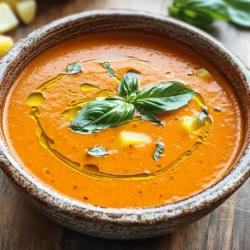 Für diese leckere Suppe brauchen wir einige frische Zutaten. Hier sind die Hauptzutaten: - 4 große rote Paprika, geröstet und geschält - 1 mittelgroße Zwiebel, fein gehackt - 3 Knoblauchzehen, gehackt - 2 mittelgroße Kartoffeln, geschält und gewürfelt - 4 Tassen Gemüsebrühe - 1 Tasse Sahne (oder Kokoscreme für eine milchfreie Variante) - 2 Esslöffel Olivenöl - Salz und Pfeffer nach Geschmack Diese Zutaten sorgen für einen tollen Geschmack und eine cremige Textur. Die Gewürze machen die Suppe besonders. Hier sind die wichtigen Extras: - 1 Teelöffel geräuchertes Paprikapulver - Frisches Basilikum zum Garnieren Das geräucherte Paprikapulver gibt der Suppe ein tiefes Aroma. Das frische Basilikum sorgt für eine schöne Garnitur. Frische Zutaten sind der Schlüssel zu einem tollen Geschmack. Hier sind meine Tipps: - Wählen Sie reife, glänzende Paprika. Sie sind süßer und aromatischer. - Verwenden Sie frische Kräuter. Sie bringen Farbe und Geschmack. - Achten Sie darauf, dass die Zwiebel und der Knoblauch frisch sind. So wird die Suppe noch besser. Frische Zutaten machen Ihre cremige geröstete Paprikasuppe zum Hit in Ihrer Küche! Heize den Ofen auf 200°C vor. Das Rösten der Paprika gibt der Suppe einen tollen Geschmack. Lege vier große rote Paprika auf ein Backblech. Röste sie für 25-30 Minuten. Achte darauf, dass die Schalen schwarz und blasig werden. Wenn sie fertig sind, nimm sie aus dem Ofen. Decke sie mit Alufolie ab und lasse sie 10 Minuten dampfen. So lässt sich die Haut später leicht entfernen. Entferne dann die Haut und die Kerne. Jetzt sind die Paprika bereit für die Suppe. In einem großen Topf erhitze zwei Esslöffel Olivenöl bei mittlerer Hitze. Füge die fein gehackte Zwiebel hinzu. Brate sie etwa fünf Minuten an, bis sie durchsichtig ist. Das gibt der Suppe eine schöne Basis. Jetzt kommt der gehackte Knoblauch dazu. Rühre auch die gewürfelten Kartoffeln unter. Koche alles zusammen für weitere fünf Minuten. So wird die Mischung noch schmackhafter. Gib die gerösteten Paprika und vier Tassen Gemüsebrühe in den Topf. Bringe die Mischung zum Kochen. Reduziere dann die Hitze und lasse alles bei schwacher Hitze für 20 Minuten köcheln. Die Kartoffeln sollten weich sein. Nimm den Topf vom Herd. Püriere die Suppe mit einem Stabmixer, bis sie schön glatt ist. Alternativ kannst du die Suppe in einem Mixer pürieren. Gib die pürierte Suppe zurück in den Topf. Rühre eine Tasse Sahne oder Kokoscreme sowie einen Teelöffel geräuchertes Paprikapulver ein. Erhitze die Suppe vorsichtig, ohne sie zum Kochen zu bringen. Würze mit Salz und Pfeffer nach Geschmack. Jetzt ist die Suppe bereit zum Servieren! Um die perfekte Konsistenz für Ihre cremige geröstete Paprikasuppe zu erzielen, pürieren Sie die Suppe gut. Nutzen Sie einen Stabmixer oder einen starken Standmixer. Achten Sie darauf, die Kartoffeln richtig zu kochen. Diese geben der Suppe die nötige Cremigkeit. Für eine noch samtigere Textur können Sie die Sahne oder Kokoscreme am Ende einrühren. Diese Zutaten machen die Suppe reichhaltig und angenehm. Jeder hat einen anderen Geschmack. Experimentieren Sie mit verschiedenen Gewürzen, um Ihre perfekte Mischung zu finden. Fügen Sie mehr geräuchertes Paprikapulver für einen rauchigen Geschmack hinzu. Wenn Sie es scharf mögen, probieren Sie etwas Cayennepfeffer oder frische Chili. Für eine frische Note können Sie etwas Zitronensaft oder -schale hinzufügen. Frisches Basilikum ist auch eine tolle Ergänzung, die den Geschmack hebt. Haben Sie Reste von der Suppe? Das ist klasse! Sie können die Suppe einfach im Kühlschrank aufbewahren. Nutzen Sie sie innerhalb von drei bis vier Tagen. Um die Suppe aufzuwärmen, geben Sie sie in einen Topf und erhitzen Sie sie langsam bei mittlerer Hitze. Fügen Sie nach Bedarf etwas Gemüsebrühe hinzu, um die Konsistenz zu verbessern. Reste können auch als Basis für andere Gerichte dienen. Verwenden Sie die Suppe als Sauce für Pasta oder als Grundlage für ein Risotto. So reduzieren Sie Abfall und genießen gleichzeitig neue Gerichte! {{image_4}} Wenn Sie eine milchfreie Option möchten, verwenden Sie Kokoscreme. Sie gibt der Suppe eine tolle Cremigkeit. Der Geschmack wird leicht süßlich, bleibt aber lecker. Mandelmilch oder Hafermilch sind auch gute Alternativen. Diese Optionen passen gut zur Paprika. Sie können die Suppe mit anderen Gemüsesorten aufpeppen. Zum Beispiel ist Karotte eine gute Wahl. Sie bringt Farbe und Süße. Auch Sellerie oder Zucchini passen gut. Diese Gemüse geben der Suppe mehr Geschmack und Nährstoffe. Um der Suppe eine besondere Note zu verleihen, fügen Sie Gewürze hinzu. Geräuchertes Paprikapulver ist ein Muss. Es gibt einen tollen Geschmack. Auch Kreuzkümmel oder Chili können gut passen. Diese Gewürze bringen eine leichte Schärfe und Tiefe in den Geschmack. Um die cremige geröstete Paprikasuppe richtig zu lagern, lassen Sie sie zuerst abkühlen. Gießen Sie die Suppe in einen luftdichten Behälter. Stellen Sie sicher, dass der Behälter sauber ist. Lagern Sie ihn im Kühlschrank. Die Suppe hält sich dort bis zu fünf Tage. Wenn Sie die Suppe länger aufbewahren möchten, sollten Sie sie einfrieren. Das Einfrieren ist eine tolle Option! Geben Sie die abgekühlte Suppe in einen gefriergeeigneten Behälter. Lassen Sie dabei etwas Platz, da die Suppe beim Einfrieren etwas expandiert. Beschriften Sie den Behälter mit dem Datum und dem Inhalt. So wissen Sie immer, was drin ist. Die Suppe kann bis zu drei Monate im Gefrierfach bleiben. Zum Aufwärmen nehmen Sie die Suppe aus dem Kühlschrank oder Gefrierfach. Wenn sie gefroren ist, lassen Sie die Suppe zuerst im Kühlschrank über Nacht auftauen. Erhitzen Sie die Suppe dann in einem Topf bei mittlerer Hitze. Rühren Sie gut um, damit sie gleichmäßig warm wird. Fügen Sie bei Bedarf etwas Wasser oder Brühe hinzu, um die Konsistenz anzupassen. Servieren Sie die Suppe heiß mit frischem Basilikum obendrauf. Das sorgt für eine schöne Garnitur und zusätzlichen Geschmack. Die cremige geröstete Paprikasuppe ist im Kühlschrank bis zu fünf Tage haltbar. Achte darauf, die Suppe in einem luftdichten Behälter zu lagern. So bleibt sie frisch und lecker. Wenn du die Suppe länger aufbewahren möchtest, friere sie ein. So hält sie sich bis zu drei Monate. Ja, du kannst die Suppe im Voraus zubereiten. Sie schmeckt sogar besser, wenn die Aromen Zeit haben, sich zu verbinden. Koche die Suppe einfach und lasse sie dann abkühlen. Fülle sie in einen luftdichten Behälter und bewahre sie im Kühlschrank auf. Wenn du bereit bist zu essen, erwärme sie einfach auf dem Herd. Die Suppe schmeckt hervorragend mit verschiedenen Beilagen. Hier sind einige Ideen: - Frisches Brot oder Baguette - Knoblauchbrot - Ein einfacher grüner Salat - Gegrilltes Gemüse Diese Beilagen ergänzen die Aromen der Suppe perfekt. Probiere verschiedene Kombinationen aus, um deine Lieblingsbeilage zu finden! Diese geröstete Paprikasuppe bietet einfach einfache Zutaten und klare Schritte. Wir haben auch Tipps für die beste Konsistenz und leckere Variationen besprochen. Achten Sie darauf, Reste richtig zu lagern und aufzubewahren. Mit dieser Suppe können Sie kreativ sein und nach Ihrem Geschmack anpassen. Genießen Sie die köstliche Vielfalt, die Sie selbst machen können. Diese Suppe wird eine tolle Bereicherung für Ihre Küche sein.