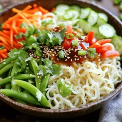 Für die Sesam-Ingwer-Nudelschalen benötigst du: - 200g Reisnudeln - 1 Gurke, in feine Streifen geschnitten (julienne) - 1 Karotte, in feine Streifen geschnitten (julienne) - 1 rote Paprika, dünn geschnitten - 4 Frühlingszwiebeln, gehackt - 1 Tasse Zuckerschoten, geputzt - 2 Esslöffel Sesamöl - 2 Esslöffel Sojasauce (oder Tamari für glutenfrei) - 1 Esslöffel frischer Ingwer, gerieben - 2 Knoblauchzehen, gehackt - 1 Esslöffel Reisessig - 1 Esslöffel Honig oder Ahornsirup - Geröstete Sesamsamen zum Garnieren - Frischer Koriander zur Garnierung (optional) Die Nährwerte variieren je nach Portion. Im Durchschnitt enthält eine Portion: - Kalorien: etwa 350 kcal - Eiweiß: 10g - Kohlenhydrate: 55g - Fett: 12g - Ballaststoffe: 4g Diese Nudelgerichte sind leicht und frisch. Sie bieten eine gute Menge an Vitaminen und Mineralstoffen durch das Gemüse. Um die Schalen noch leckerer zu machen, kannst du folgende Garnierungen verwenden: - Frischer Koriander - Gehackte Erdnüsse - Limettenspalten - Chili-Flocken für etwas Schärfe Diese Extras bringen mehr Geschmack und Farbe auf den Tisch. Die Wahl der Garnierungen kann dein Gericht wirklich aufpeppen! Bring einen großen Topf mit Wasser zum Kochen. Füge die Reisnudeln hinzu. Koche sie für 4-6 Minuten. Gieße die Nudeln ab und spüle sie mit kaltem Wasser. Dies stoppt den Kochprozess. Stelle die Nudeln beiseite. Nimm eine kleine Schüssel. Gib das Sesamöl, die Sojasauce, den geriebenen Ingwer und den gehackten Knoblauch hinein. Füge den Reisessig und den Honig oder Ahornsirup hinzu. Verquirle alles gut, bis es gut vermischt ist. Erhitze etwas Sesamöl in einer großen Pfanne bei mittlerer Hitze. Füge die Zuckerschoten, Paprika, Gurke und Karotte hinzu. Brate das Gemüse für 3-4 Minuten an. Es sollte zart, aber knackig bleiben. Gib die gekochten Nudeln in die Pfanne mit dem Gemüse. Gieße die vorbereitete Sauce darüber. Mische alles gut durch. Erhitze es für 2-3 Minuten, bis alles warm ist. Teile die Nudel-Mischung in Schalen auf. Garniere jede Schale mit gehackten Frühlingszwiebeln. Streue geröstete Sesamsamen darüber. Füge frischen Koriander hinzu, wenn du magst. Um die besten Reisnudeln zu kochen, bringe zuerst einen großen Topf mit Wasser zum Kochen. Füge die Nudeln hinzu und koche sie für 4 bis 6 Minuten. Achte auf die Verpackungsanweisungen, da die Zeit variieren kann. Nach dem Kochen, gieße die Nudeln ab. Spüle sie mit kaltem Wasser, um das Kochen zu stoppen. So bleiben sie schön bissfest und kleben nicht. Du kannst deinen Sesam-Ingwer-Nudelschalen verschiedene Geschmäcker verleihen. Füge zum Beispiel einen Schuss Limettensaft hinzu, um die Frische zu betonen. Für etwas Schärfe, verwende rote Chili oder Sriracha. Auch Erdnüsse passen gut zu diesem Gericht und geben einen schönen Crunch. Experimentiere mit anderen Gemüsesorten wie Brokkoli oder Zucchini für neue Texturen. Diese Nudelschalen sind schon sehr lecker, aber du kannst sie mit Beilagen erweitern. Serviere sie mit einer Misosuppe oder einem frischen Salat. Eine kleine Schale mit eingelegtem Gemüse bringt zusätzlichen Geschmack. Auch Frühlingsrollen sind eine tolle Ergänzung und machen das Essen noch bunter und spannender. {{image_4}} Für eine vegetarische Version der Sesam-Ingwer-Nudelschalen kannst du Tofu oder Tempeh hinzufügen. Einfach den Tofu in Würfel schneiden und in der Pfanne anbraten. Ersetze die Sojasauce durch eine vegane Variante, wenn nötig. Das Gemüse bleibt gleich, um die frischen Aromen zu bewahren. Um das Rezept glutenfrei zu machen, verwende Tamari anstelle von Sojasauce. Achte darauf, dass die Reisnudeln glutenfrei sind. Viele Marken bieten glutenfreie Reisnudeln an. Diese Nudeln sind eine tolle Wahl für alle, die Gluten meiden wollen. Wenn du mehr Protein brauchst, füge Hähnchen, Garnelen oder Edamame hinzu. Koche das Fleisch vorher und mische es mit den Nudeln. Garnelen können in der Pfanne kurz gebraten werden. Edamame sind eine großartige vegane Option, die schnell zubereitet werden kann. So erhöhst du den Nährwert der Schalen und machst sie noch sättigender. Wenn du Reste von den Sesam-Ingwer-Nudelschalen hast, bewahre sie in einem luftdichten Behälter auf. Kühl sie zuerst auf Raumtemperatur ab, bevor du sie in den Kühlschrank stellst. Die Reste bleiben frisch für etwa 2 bis 3 Tage. Achte darauf, die Reste nicht länger als nötig stehen zu lassen, um die Qualität zu erhalten. Um die Nudeln wieder aufzuwärmen, kannst du sie in einer Pfanne verwenden. Gib etwas Sesamöl oder Wasser hinzu, um sie nicht kleben zu lassen. Erhitze sie bei mittlerer Hitze und rühre häufig um. Du kannst auch die Mikrowelle benutzen. Stelle die Nudeln in eine mikrowellengeeignete Schüssel und decke sie ab. Erhitze sie in 30-Sekunden-Intervallen, bis sie warm sind. Die Haltbarkeit der Sesam-Ingwer-Nudelschalen hängt von der Lagerung ab. Im Kühlschrank sollten sie 2 bis 3 Tage gut bleiben. Wenn du sie länger aufbewahren möchtest, kannst du die Nudeln auch einfrieren. In einem gefrierfesten Behälter halten sie bis zu 2 Monate. Achte darauf, vor dem Verzehr die Nudeln gründlich aufzutauen und wieder zu erhitzen. Das hilft, die Sicherheit und den Geschmack zu bewahren. Die Sesam-Ingwer-Nudelschalen halten sich gut im Kühlschrank. Du kannst sie dort bis zu 3 Tage aufbewahren. Am besten bewahrst du sie in einem luftdichten Behälter auf. Dadurch bleiben die Nudeln frisch und das Gemüse knackig. Wenn du die Schalen länger aufbewahren willst, friere sie ein. So halten sie sich bis zu 2 Monate. Ja, du kannst viele verschiedene Gemüsesorten verwenden. Brokkoli, Zucchini oder Spinat passen gut dazu. Achte darauf, das Gemüse in feine Streifen zu schneiden. So garen sie gleichmäßig und bleiben knackig. Experimentiere mit deinem Lieblingsgemüse, um neue Geschmäcker zu entdecken. Auf jeden Fall! Dieses Rezept eignet sich hervorragend für Meal Prep. Du kannst die Nudeln und das Gemüse im Voraus zubereiten. Teile die Portionen in Behälter auf und lagere sie im Kühlschrank. So hast du jederzeit eine gesunde Mahlzeit zur Hand. Einfach aufwärmen und genießen. In diesem Blogbeitrag haben wir wichtige Zutaten, Zubereitungsschritte und Tipps für dein Rezept aufgedeckt. Du hast gelernt, wie man perfekte Nudeln kocht und sie mit köstlichen Saucen kombiniert. Zudem haben wir verschiedene Variationen und Lagerungshinweise diskutiert. Beachte, dass frisches Gemüse und kreative Beilagen dein Gericht aufwerten. Diese Tipps helfen dir, dein Rezept stetig zu verbessern. Probiere neue Ideen aus und genieße dein Essen!