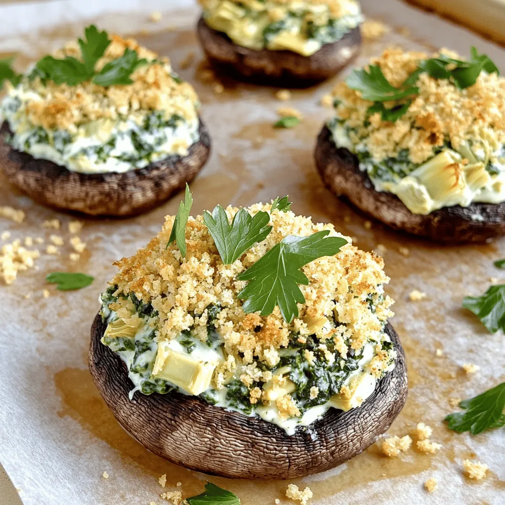 - Portobello-Champignons: Du brauchst 12 große Portobello-Champignons. Entferne die Stiele, um Platz für die Füllung zu schaffen. Diese Pilze sind groß und perfekt für das Füllen. - Spinat und Artischocken: Verwende 1 Tasse frischen Spinat, grob gehackt, und 1 Tasse Artischockenherzen. Du kannst die Artischocken aus der Dose oder gefroren nehmen. Diese Zutaten geben einen tollen Geschmack. - Käse und Füllungen: Mische 1/2 Tasse Frischkäse, 1/2 Tasse griechischen Joghurt und 1/2 Tasse geriebenen Parmesan-Käse. Diese Käse machen die Füllung cremig und lecker. - Knoblauch: Nimm 2 Knoblauchzehen, fein gehackt. Der Knoblauch gibt der Füllung viel Aroma und Tiefe. - Olivenöl: Ein Esslöffel Olivenöl ist nötig, um den Knoblauch anzubraten. Es hilft, die Aromen gut zu mischen. - Salz und Pfeffer: Füge Salz und Pfeffer nach Geschmack hinzu. Diese Gewürze sind wichtig, um die Füllung abzuschmecken. - Semmelbrösel: 1/4 Tasse Semmelbrösel sorgt für eine knusprige Oberfläche. Sie verleihen den gefüllten Champignons eine tolle Textur. - Frische Petersilie: Zum Garnieren brauchst du frische Petersilie. Sie bringt Farbe und Frische auf den Teller. - Ofen vorheizen: Heize deinen Ofen auf 190°C (375°F) vor. Dies sorgt für eine gleichmäßige Hitze beim Backen. - Pilze vorbereiten: Nimm 12 große Portobello-Champignons. Entferne die Stiele vorsichtig, um Platz für die Füllung zu schaffen. - Knoblauch anbraten: In einer Pfanne erhitze 1 Esslöffel Olivenöl bei mittlerer Hitze. Füge 2 fein gehackte Knoblauchzehen hinzu und brate sie etwa 1 Minute. Der Knoblauch sollte duften, aber nicht braun werden. - Spinat und Artischocken hinzufügen: Gib 1 Tasse grob gehackten frischen Spinat und 1 Tasse gehackte Artischockenherzen in die Pfanne. Koche diese Mischung für 3-4 Minuten, bis der Spinat verwelkt ist. - Käse und Joghurt einrühren: In einer großen Schüssel vermische die Spinat-Artischocken-Mischung mit 1/2 Tasse Frischkäse, 1/2 Tasse griechischem Joghurt und 1/2 Tasse geriebenem Parmesan. Rühre alles gut, bis die Füllung glatt ist. Schmecke sie mit Salz und Pfeffer ab. - Füllen der Pilze: Fülle die vorbereiteten Portobello-Champignons großzügig mit der Mischung. Achte darauf, dass die Füllung gut über die Kappen quillt. - Semmelbrösel hinzufügen: Bestreue jede gefüllte Pilzkappe mit 1/4 Tasse Semmelbrösel. Dies gibt den Pilzen eine schöne, knusprige Textur. - Backzeit und Temperatur: Lege die gefüllten Champignons auf ein Backblech mit Backpapier. Backe sie 20-25 Minuten, bis sie zart und goldbraun sind. Lass sie kurz abkühlen, bevor du sie servierst. - Füllung gleichmäßig verteilen: Achte darauf, die Füllung gleichmäßig auf die Champignons zu verteilen. So schmeckt jeder Biss gleich gut. Nutze einen Löffel oder eine kleine Spachtel, um sicherzustellen, dass die Füllung schön hoch ist. - Alternative Käseoptionen: Du kannst auch andere Käsesorten verwenden. Mozzarella bringt eine tolle Schmelzfähigkeit. Feta verleiht einen würzigen Kick. Probiere auch veganen Käse, wenn du eine pflanzliche Option suchst. - Anrichten der gefüllten Champignons: Lege die gefüllten Champignons auf einen bunten Servierteller. So wirken sie einladend. Dekoriere mit frischer Petersilie für einen frischen Farbklecks. - Serviertipps für besondere Anlässe: Für Feiern kannst du die Champignons auf einem Buffet aufstellen. Biete verschiedene Dips an, wie eine Knoblauchsoße oder eine pikante Salsa. Das bringt Abwechslung. - Vermeidung von wässrigen Füllungen: Achte darauf, dass die Spinat-Artischocken-Mischung nicht zu feucht ist. Lasse überschüssige Flüssigkeit abtropfen. So bleibt die Füllung stabil und lässt sich gut füllen. - Knusprigkeit der Oberfläche: Um eine knusprige Oberfläche zu erreichen, bestreue die gefüllten Champignons mit Semmelbröseln. Backe sie bis sie goldbraun sind. Das gibt einen wunderbaren Kontrast zur cremigen Füllung. {{image_4}} Du kannst die Füllung leicht ändern. Probiere, andere Gemüse wie Paprika oder Zucchini zu verwenden. Diese bieten einen frischen Geschmack. Auch Brokkoli oder Blumenkohl passen gut. Sie geben der Füllung eine neue Textur und Farbe. Die Möglichkeiten sind fast endlos. Experimentiere mit dem, was du magst. Um den Geschmack zu variieren, füge Gewürze hinzu. Paprika gibt eine süßliche Note, während Chili Wärme bringt. Du kannst auch Kräuter wie Oregano oder Thymian benutzen. Diese Gewürze machen die Füllung interessanter. Sie geben dir die Freiheit, die Aromen nach deinem Geschmack anzupassen. Wenn du eine Low-Carb-Option möchtest, nutze Zucchini oder Auberginen. Diese Gemüsesorten sind leicht und lecker. Sie bieten eine tolle Basis für die Füllung. Schneide sie in dicke Scheiben und fülle sie wie die Pilze. So hast du eine gesunde und schmackhafte Alternative. Um deine gefüllten Champignons frisch zu halten, lege sie in den Kühlschrank. Sie bleiben dort etwa 3-4 Tage gut. Verwende einen luftdichten Behälter, um sie vor Gerüchen zu schützen. Für längere Lagerung kannst du die gefüllten Pilze einfrieren. Achte darauf, sie vorher in Frischhaltefolie und dann in einen Gefrierbeutel zu wickeln. So bleiben sie bis zu 2 Monate haltbar. Du kannst die Füllung und die Champignons im Voraus zubereiten. Lagere die Füllung in einem separaten Behälter im Kühlschrank. So bleibt sie frisch und schmackhaft. Die Pilze kannst du ebenfalls im Kühlschrank aufbewahren. Fülle die Champignons erst kurz vor dem Backen, um die beste Textur zu erreichen. Um die gefüllten Champignons wieder zu erwärmen, heize deinen Ofen auf 180°C vor. Lege die gefüllten Pilze auf ein Backblech und decke sie mit Aluminiumfolie ab. So bleiben sie saftig. Backe sie etwa 15 Minuten, bis sie warm sind. Du kannst sie auch in der Mikrowelle erwärmen, aber die Textur wird weniger knusprig. Die gefüllten Champignons bleiben im Kühlschrank etwa 3 bis 5 Tage frisch. Stelle sicher, dass du sie in einem luftdichten Behälter aufbewahrst. So bleibt die Füllung saftig und lecker. Achte darauf, sie gut abzudecken, um Gerüche von anderen Lebensmitteln zu vermeiden. Ja, du kannst die Füllung im Voraus zubereiten. Mache die Füllung bis zu zwei Tage vor dem Kochen. Lagere sie in einem luftdichten Behälter im Kühlschrank. Wenn du bereit bist, die Champignons zu füllen, kannst du die Füllung einfach wieder aufwärmen. So sparst du Zeit und kannst schneller genießen. Zu den gefüllten Champignons passen viele Beilagen. Hier sind einige Vorschläge: - Frischer Salat mit leichtem Dressing - Knuspriges Brot oder Baguette - Gegrilltes Gemüse - Eine einfache Pasta mit Olivenöl und Knoblauch Diese Optionen ergänzen die Aromen der Champignons wunderbar. Ja, die gefüllten Champignons können vegan sein! Verwende einfach pflanzliche Alternativen. Hier ist, wie du eine vegane Füllung machst: - Ersetze den Frischkäse durch veganen Frischkäse. - Nutze pflanzlichen Joghurt anstelle von griechischem Joghurt. - Verwende Hefeflocken, um den Käsegeschmack zu erzielen. Mit diesen Änderungen bleibt der Geschmack großartig und die Pilze sind vegan! Die gefüllten Portobello-Champignons sind ein einfaches und leckeres Gericht. Mit frischem Spinat, cremigem Käse und köstlichen Gewürzen zaubern Sie schnell einen echten Genuss. Füllen Sie die Champignons kreativ und variieren Sie die Zutaten nach Ihrem Geschmack. Achten Sie auf die richtige Konsistenz für maximale Knusprigkeit. Mit diesen Tipps und Tricks gelingt Ihnen dieses Gericht sicher. Also, ran an die Zutaten und genießen Sie das Kochen!