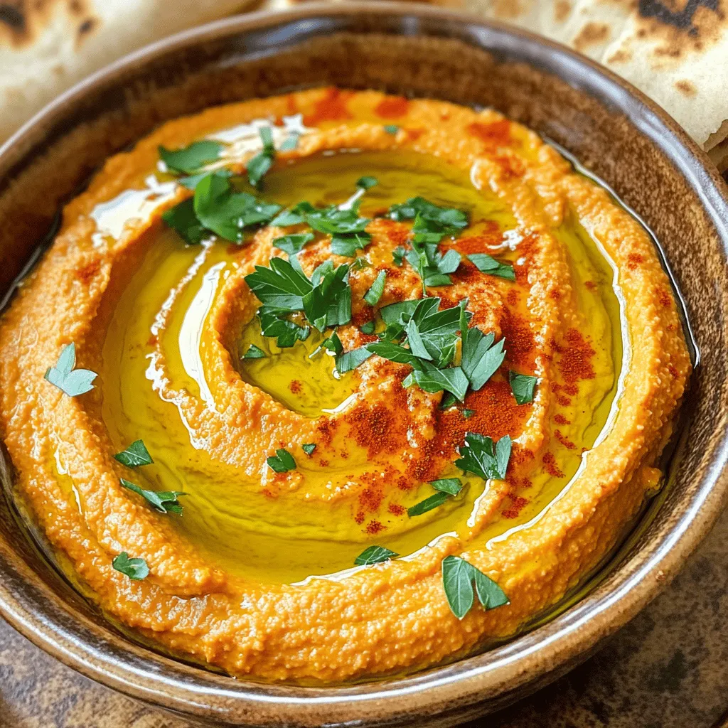 Für diesen leckeren Hummus brauchst du folgende Zutaten: - 1 Tasse Kichererbsen aus der Dose, gut abgetropft und abgespült - 1 große geröstete rote Paprika (im Glas oder selbstgemacht) - 3 Esslöffel Tahini - 2 Esslöffel Olivenöl - 2 Esslöffel Zitronensaft - 1 Knoblauchzehe, fein gehackt - 1 Teelöffel gemahlener Kreuzkümmel - Salz und Pfeffer nach Geschmack - Wasser nach Bedarf für die gewünschte Konsistenz - Paprika und frische Petersilie zum Garnieren Diese Zutaten geben dem Hummus seinen tollen Geschmack. Die Kichererbsen machen ihn cremig und nahrhaft. Du kannst die rote Paprika kaufen oder selbst rösten. Wenn du sie selbst machen möchtest, lege sie einfach unter den Grill. Warte, bis die Haut schwarz wird, und lege sie dann in eine Tüte. Nach ein paar Minuten kannst du die Haut abziehen. Das gibt dir frische und rauchige Aromen. Falls du etwas nicht hast, gibt es Alternativen: - Anstelle von Tahini kannst du Erdnussbutter verwenden. - Zitronensaft kann durch Limettensaft ersetzt werden. - Wenn du keinen Kreuzkümmel magst, lasse ihn weg oder nutze Paprika. Probiere verschiedene Zutaten aus, um deinen perfekten Hummus zu finden! Zuerst nimmst du eine Tasse Kichererbsen. Diese sollten gut abgetropft und abgespült sein. Die Kichererbsen geben dem Hummus eine tolle Basis. Jetzt kommt die geröstete rote Paprika dazu. Du kannst sie im Glas kaufen oder selbst rösten. Wenn du sie selbst machst, einfach die Paprika im Ofen rösten, bis die Haut schwarz wird. Lass sie abkühlen und entferne die Haut. Jetzt kommt der spannende Teil! Gib die Kichererbsen und die Paprika in eine Küchenmaschine. Püriere sie, bis sie grob vermischt sind. Füge dann Tahini, Olivenöl, Zitronensaft, Knoblauch und Kreuzkümmel hinzu. Mixe alles gut durch, bis die Masse schön cremig ist. Wenn sie zu dick ist, gib einen Esslöffel kaltes Wasser hinzu. Püriere weiter, bis die Konsistenz perfekt ist. Jetzt musst du den Hummus abschmecken. Füge Salz und Pfeffer nach Geschmack hinzu. Mixe alles noch einmal kurz, damit die Gewürze gut verteilt sind. Wenn du magst, kannst du mehr Zitronensaft für einen frischen Geschmack hinzufügen. Wenn der Hummus fertig ist, gib ihn in eine Schüssel. Garniere ihn mit Olivenöl, Paprika und frischer Petersilie. So sieht er nicht nur gut aus, sondern schmeckt auch köstlich! Um den besten Hummus zu machen, benutze frische Zutaten. Wähle hochwertige Kichererbsen und gute rote Paprika. Du kannst die Paprika selbst rösten oder im Glas kaufen. Röste sie einfach bis sie weich sind. Das macht den Geschmack intensiver. Stelle sicher, dass du genug Tahini hinzufügst. Es gibt dem Hummus eine cremige Textur. Füge nach und nach Wasser hinzu, um die richtige Konsistenz zu finden. Ein wenig Zitronensaft bringt Frische. Schmecke den Hummus gut ab. So wird er perfekt! Bewahre den Hummus in einem luftdichten Behälter im Kühlschrank auf. So bleibt er frisch und lecker. Er hält sich etwa 4 bis 5 Tage. Achte darauf, ihn nicht zu lange offen zu lassen. Wenn du Hummus länger aufbewahren möchtest, friere ihn einfach ein. Portioniere ihn in kleine Behälter. So kannst du nach Bedarf auftauen. Gefrorener Hummus bleibt bis zu 3 Monate gut. Hummus ist vielseitig! Du kannst ihn mit frischem Gemüse servieren. Karotten, Gurken und Paprika passen gut dazu. Auch Fladenbrot oder Pita sind lecker. Du kannst Hummus auch als Aufstrich nutzen. Probiere ihn auf Sandwiches oder Wraps. Für einen besonderen Kick, füge etwas Chiliöl hinzu. Ein Spritzer Balsamico oder Olivenöl macht ihn noch besser. Lass deiner Kreativität freien Lauf! {{image_4}} Um deinen gerösteten Paprika Hummus zu verfeinern, kannst du verschiedene Aromen hinzufügen. Zum Beispiel: - Feta-Käse: Ein paar Stücke Feta geben einen salzigen Kick. - Oliven: Schwarze oder grüne Oliven sorgen für eine herzhafte Note. - Chili-Flocken: Wenn du es schärfer magst, füge Chili-Flocken hinzu. - Frische Kräuter: Petersilie, Koriander oder Minze bringen Frische. Diese Zutaten machen deinen Hummus noch geschmackvoller und interessant. Dieses Rezept ist bereits vegan und glutenfrei. Verwende immer frische Zutaten, um die besten Ergebnisse zu erzielen. Wenn du auf Gluten achtest, achte darauf, dass deine Tahini und Olivenöl glutenfrei sind. So kannst du sicher sein, dass dein Hummus für alle geeignet ist. Du kannst deinen Hummus an lokale Geschmäcker anpassen. Zum Beispiel: - Mediterraner Hummus: Füge getrocknete Tomaten und Basilikum hinzu. - Mexikanischer Hummus: Mische Avocado und Limettensaft für eine frische Note. - Indischer Hummus: Verwende Garam Masala und frischen Ingwer für einen neuen Geschmack. Diese regionalen Varianten machen dein Hummus einzigartig und spannend. Experimentiere mit verschiedenen Zutaten und finde deinen Favoriten! Du kannst deinen gerösteten Paprika Hummus einfach aufbewahren. Ich empfehle, ihn in einem luftdichten Behälter zu lagern. Stelle sicher, dass der Behälter gut verschlossen ist. So bleibt der Hummus frisch und lecker. Lagere ihn im Kühlschrank. Dort hält er sich bis zu einer Woche. Vor dem Servieren kannst du ihn kurz umrühren, um die Konsistenz zu verbessern. Wenn du mehr Hummus gemacht hast, kannst du ihn einfrieren. Fülle den Hummus in einen gefrierfesten Behälter. Lasse etwas Platz, denn der Hummus dehnt sich beim Einfrieren aus. So bleibt er in bester Qualität. Im Gefrierfach hält er sich bis zu drei Monate. Zum Auftauen lege ihn einfach über Nacht in den Kühlschrank. Rühre ihn vor dem Servieren gut durch. Wenn du Reste hast, gibt es viele Möglichkeiten, sie zu nutzen. Du kannst den Hummus als Dip für Gemüse oder Cracker verwenden. Er schmeckt auch gut auf Sandwiches oder in Wraps. Du kannst ihn sogar in Salaten verwenden, um ihnen mehr Geschmack zu verleihen. Sei kreativ und probiere neue Kombinationen aus! Gerösteter Paprika Hummus ist ein leckerer Dip. Er besteht aus Kichererbsen, gerösteter roter Paprika und Tahini. Diese Mischung ergibt einen cremigen und geschmackvollen Hummus. Der geröstete Paprika gibt dem Hummus eine süße und rauchige Note. Man kann ihn als Snack oder auf Brot genießen. Hummus bleibt im Kühlschrank etwa fünf bis sieben Tage frisch. Achten Sie darauf, ihn in einem luftdichten Behälter zu lagern. Wenn Sie Schimmel oder einen seltsamen Geruch bemerken, werfen Sie ihn weg. Hummus kann auch im Gefrierfach aufbewahrt werden. Dort hält er bis zu drei Monate. Ja, Sie können Kichererbsen selbst kochen. Beginnen Sie mit getrockneten Kichererbsen. Lassen Sie sie über Nacht in Wasser einweichen. Am nächsten Tag kochen Sie sie in frischem Wasser. Die Kochzeit beträgt etwa eine bis zwei Stunden. Prüfen Sie, ob sie weich sind, bevor Sie sie verwenden. Frisch gekochte Kichererbsen sind eine tolle Grundlage für Hummus. Gerösteter Paprika Hummus ist einfach zuzubereiten und sehr lecker. Wir haben die wichtigen Zutaten, die Zubereitung und Tipps behandelt. Achte auf die Lagerung und Haltbarkeit, damit du immer frischen Hummus hast. Variationen bringen neuen Geschmack und Freude. Probiere die verschiedenen Optionen aus und finde deine Lieblingsversion. Das Ergebnis wird großartig sein. Mit den richtigen Zutaten und etwas Kreativität wirst du wahren Genuss erleben. Viel Spaß beim Zubereiten und Genießen!