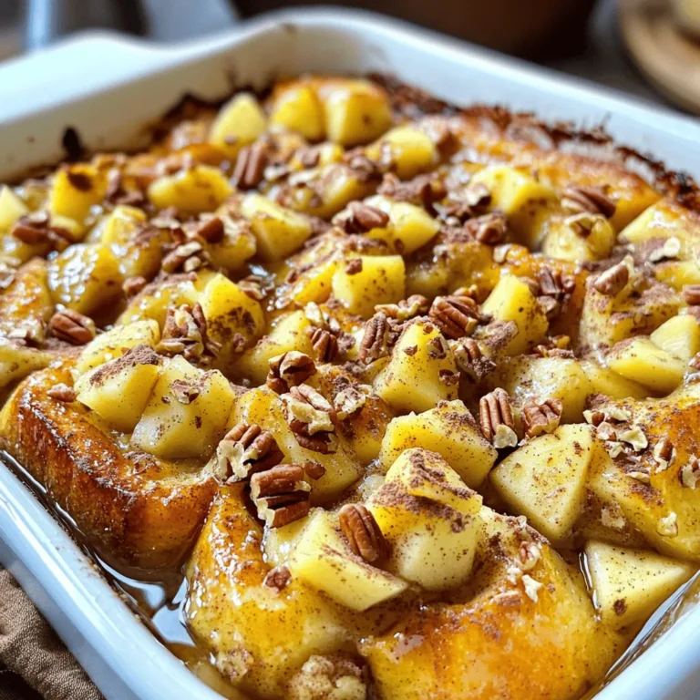 Für den Zimt-Apfel Französischen Toast Auflauf benötigst du diese Hauptzutaten: - 6 Scheiben altbackenes Brot (am besten Challah oder Brioche) - 2 große Äpfel, geschält, entkernt und gewürfelt (Granny Smith oder Honeycrisp) - 4 große Eier - 2 Tassen Vollmilch - 1/2 Tasse brauner Zucker - 1 Esslöffel Vanilleextrakt - 1 Esslöffel gemahlener Zimt - 1/4 Teelöffel Muskatnuss Diese Zutaten bilden die Basis für deinen Auflauf. Das altbackene Brot nimmt die Flüssigkeit gut auf. Äpfel bringen Frische und Süße. Um deinen Auflauf noch interessanter zu machen, kannst du folgende Zutaten hinzufügen: - 1/4 Tasse gehackte Pekannüsse oder Walnüsse (optional) Nüsse geben dem Gericht einen schönen Crunch. Sie passen gut zu den Äpfeln und dem Zimt. Die Wahl der Äpfel ist wichtig für den Geschmack. Ich empfehle: - Granny Smith: Diese Äpfel sind sauer und sorgen für einen tollen Kontrast zur Süße. - Honeycrisp: Diese Äpfel sind süß und knackig. Sie bleiben gut in Form beim Backen. Wenn du eine Mischung aus beiden Äpfeln verwendest, erhältst du ein tolles Aroma und ein spannendes Geschmackserlebnis. Um den Zimt-Apfel Französischen Toast Auflauf zuzubereiten, beginne mit dem Vorheizen des Ofens auf 175 °C. Fette eine große Auflaufform mit Butter oder Kochspray ein. In einer Schüssel verquirle die Eier, die Vollmilch, den braunen Zucker, den Vanilleextrakt, den Zimt und die Muskatnuss. Stelle sicher, dass alles gut vermischt ist. Schneide das Brot in Würfel und verteile die Hälfte gleichmäßig in der Form. In einer separaten Schüssel vermenge die gewürfelten Äpfel mit etwas Zimt und gebe sie über die Brotwürfel. Danach verteile die restlichen Brotwürfel darüber und drücke sie leicht an. Gieße die Eier-Milch-Mischung gleichmäßig über alles. Optional kannst du jetzt die gehackten Nüsse darüber streuen. Decke die Auflaufform mit Alufolie ab und lasse sie etwa 30 Minuten ruhen. So kann das Brot die Flüssigkeit aufnehmen. Du kannst es auch über Nacht im Kühlschrank lassen. Backe den Auflauf zunächst für 30 Minuten mit der Folie. Danach entferne die Folie und backe ihn weitere 15-20 Minuten. Die oberste Schicht sollte goldbraun und fest sein. Lass den Auflauf nach dem Backen einige Minuten abkühlen, bevor du ihn in Quadrate schneidest. Serviere den Zimt-Apfel Französischen Toast Auflauf warm. Gieße etwas Ahornsirup darüber. Für einen frischen Touch kannst du jedes Stück mit einem Stück frisch geschnittenem Apfel und einem Hauch Zimt garnieren. So wird das Frühstück noch leckerer und ansprechender. Ein häufiger Fehler ist, das Brot nicht richtig zu würfeln. Stellen Sie sicher, dass die Würfel gleich groß sind. So saugen sie die Flüssigkeit gleichmäßig auf. Ein weiterer Fehler ist, die Mischung nicht genug ziehen zu lassen. Lassen Sie den Auflauf mindestens 30 Minuten ruhen. Dies gibt dem Brot Zeit, die Eier-Milch-Mischung aufzusaugen. Vermeiden Sie es, den Auflauf zu früh aus dem Ofen zu nehmen. Die Oberseite sollte goldbraun sein und fest anfühlen. Um Reste frisch zu halten, lassen Sie den Auflauf auf Raumtemperatur abkühlen. Decken Sie ihn dann mit Frischhaltefolie ab oder geben Sie ihn in einen luftdichten Behälter. So bleibt der Auflauf bis zu drei Tage im Kühlschrank genießbar. Zum Aufwärmen können Sie ihn in der Mikrowelle oder im Ofen bei 175 °C für etwa 10-15 Minuten wieder aufwärmen. Achten Sie darauf, ihn abzudecken, damit er nicht austrocknet. Sie können das Rezept leicht anpassen. Wenn Sie Nüsse mögen, fügen Sie gehackte Pekannüsse oder Walnüsse hinzu. Diese geben einen schönen Crunch. Für eine fruchtige Note können Sie auch Beeren oder Bananen hinzufügen. Experimentieren Sie mit Gewürzen! Anstelle von Muskatnuss können Sie auch Ingwer oder Nelken verwenden. Wenn Sie es süßer mögen, erhöhen Sie die Menge an braunem Zucker. {{image_4}} Du kannst den Zimt-Apfel Französischen Toast Auflauf ganz einfach vegetarisch machen. Alle Zutaten sind schon pflanzlich, außer den Eiern und der Milch. Du kannst die Eier durch einen Eiersatz wie Apfelmus oder einen Chia-Pudding ersetzen. Verwende einfach 1/4 Tasse Apfelmus oder 1 Esslöffel Chia-Samen, gemischt mit 3 Esslöffeln Wasser für jedes Ei. Bei der Milch kannst du pflanzliche Alternativen nutzen, wie Mandel- oder Hafermilch. So bleibt der Auflauf lecker und für Vegetarier geeignet. Für glutenfreie Varianten wähle glutenfreies Brot. Es gibt viele leckere Sorten, die gut funktionieren. Achte darauf, dass alle anderen Zutaten auch glutenfrei sind. Die meisten Gewürze und der Zucker sind sicher. So bleibt der Auflauf für glutenempfindliche Personen genießbar. Ein glutenfreies Rezept gibt dir die gleiche Freude an diesem Frühstücksgericht. Um den Auflauf interessanter zu machen, kannst du verschiedene Nüsse und Früchte hinzufügen. Gehackte Pekannüsse oder Walnüsse geben einen schönen Crunch. Du kannst auch andere Früchte wie Birnen oder Beeren verwenden. Für mehr Geschmack füge verschiedene Gewürze hinzu. Eine Prise Muskatnuss oder sogar Ingwer kann das Aroma steigern. Experimentiere mit deinen Lieblingszutaten, um einen einzigartigen Auflauf zu kreieren, der jedem schmeckt. Um die Reste des Zimt-Apfel Französischen Toast Auflaufs frisch zu halten, lege sie in einen luftdichten Behälter. Achte darauf, dass der Auflauf vollständig abgekühlt ist, bevor du ihn verpackst. So bleibt die Textur weich und lecker. Du kannst den Auflauf auch in Portionen aufteilen. Dies macht das Aufwärmen einfacher. Wenn du den Auflauf länger aufbewahren möchtest, kannst du ihn einfrieren. Schneide ihn in Portionen und lege sie in gefriergeeignete Behälter oder Folie. So schützt du ihn vor Gefrierbrand. Um ihn aufzutauen, stelle die Portionen einfach über Nacht in den Kühlschrank. Du kannst ihn auch direkt im Ofen aufbacken. Stelle sicher, dass der Auflauf gut durchgeheizt ist. Im Kühlschrank bleibt der Zimt-Apfel Französische Toast Auflauf etwa 3 bis 4 Tage frisch. Achte darauf, dass der Behälter gut verschlossen ist. Wenn du ihn länger aufbewahren möchtest, friere ihn besser ein. Vor dem Servieren kannst du ihn aufwärmen. So schmeckt er fast wie frisch gebacken. Die Zubereitungszeit beträgt 15 Minuten. Die gesamte Zeit, bis der Auflauf fertig ist, dauert etwa eine Stunde. Dies schließt das Backen ein. Es ist schnell, besonders für ein leckeres Frühstück. Ich finde, dass es eine gute Wahl für Wochenenden ist, wenn man Zeit zum Genießen hat. Ja, du kannst diesen Auflauf im Voraus machen. Du kannst ihn sogar über Nacht im Kühlschrank lassen. Nach dem Mischen der Zutaten solltest du ihn einfach abdecken und in den Kühlschrank stellen. Am nächsten Morgen backst du ihn direkt aus dem Kühlschrank. Das spart Zeit und macht das Frühstück einfach! Zu diesem Auflauf passen viele leckere Beilagen. Hier sind einige Vorschläge: - Frisches Obst wie Bananen oder Beeren - Joghurt für ein cremiges Element - Ein Spritzer Ahornsirup für extra Süße - Eine Prise Puderzucker für einen schönen Look Diese Beilagen machen dein Frühstück noch besser und bringen Abwechslung auf den Tisch. Der Zimt-Apfel Französische Toast Auflauf ist einfach und lecker. Wir haben die Hauptzutaten, Variationen und Tipps zur Zubereitung besprochen. Denke daran, deine Äpfel sorgfältig auszuwählen. Achte auch darauf, häufige Fehler zu vermeiden, um das beste Ergebnis zu erzielen. Du kannst das Rezept an deinen Geschmack anpassen. Lagerung ist wichtig für die Haltbarkeit und Frische. Mit diesen Informationen bist du bereit, den Auflauf zu lieben und zu genießen. Mach es einfach und lecker!