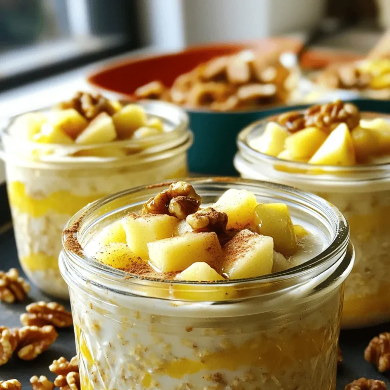 Für diese köstlichen Übernacht Haferflocken benötigen wir folgende Hauptzutaten: - 1 Tasse Haferflocken (gerollt) - 1 Tasse ungesüßte Mandelmilch (oder jede Milch nach Wahl) - 1 mittelgroßer Apfel, geschält und gewürfelt - 1 Esslöffel Ahornsirup (oder Honig) - 1/2 Teelöffel gemahlener Zimt - 1/4 Teelöffel Muskatnuss - 1/2 Teelöffel Vanilleextrakt - 1 Esslöffel Chiasamen Diese Zutaten bilden die Basis für die leckeren Apfelkuchen Übernacht Haferflocken. Die Haferflocken liefern Ballaststoffe, während der Apfel Frische und Süße bringt. Um die Haferflocken noch cremiger zu machen, empfehle ich diese optionale Zutat: - 1/4 Tasse griechischer Joghurt (für Cremigkeit, optional) Der griechische Joghurt sorgt für eine samtige Textur. Wenn Sie es besonders reichhaltig mögen, fügen Sie ihn hinzu. Die richtigen Gewürze machen den Unterschied. Verwenden Sie: - 1/2 Teelöffel gemahlener Zimt - 1/4 Teelöffel Muskatnuss Diese Gewürze bringen den Geschmack von Apfelkuchen in Ihre Frühstücksschüssel. Der Zimt sorgt für Wärme, während die Muskatnuss eine feine Note hinzufügt. Um die Haferflocken zu machen, fange mit einer mittelgroßen Schüssel an. Gib 1 Tasse Haferflocken hinein. Füge 1 Tasse ungesüßte Mandelmilch hinzu. Danach schäle und würfle 1 mittelgroßen Apfel. Gib ihn in die Schüssel. Jetzt kommt 1 Esslöffel Ahornsirup dazu. Das macht die Mischung süß. Füge 1/2 Teelöffel gemahlenen Zimt und 1/4 Teelöffel Muskatnuss hinzu. Das gibt den Haferflocken einen tollen Geschmack. Vergiss nicht 1/2 Teelöffel Vanilleextrakt und 1 Esslöffel Chiasamen. Mische alles gut, bis es gleichmäßig aussieht. Wenn du griechischen Joghurt magst, füge 1/4 Tasse hinzu. Das macht die Haferflocken cremiger. Nachdem die Mischung gut gemischt ist, teile sie auf zwei luftdichte Behälter oder Gläser auf. Achte darauf, dass jede Portion gut eingepackt ist. Verschließe die Behälter fest und stelle sie in den Kühlschrank. Lasse die Haferflocken über Nacht ziehen oder mindestens 4 Stunden. So werden die Haferflocken weich und nehmen die Aromen auf. Am Morgen nimmst du die Behälter aus dem Kühlschrank. Rühre die Haferflocken gut durch. Wenn sie zu dick sind, gib einen Schuss Mandelmilch dazu. Jetzt kannst du die Haferflocken nach Belieben garnieren. Streue gehackte Walnüsse oder Pekannüsse oben drauf. Das macht alles knuspriger. Wenn du magst, kannst du noch eine Prise Zimt hinzufügen. Serviere die Haferflocken kalt und genieße dein leckeres Frühstück! Um die perfekte Konsistenz zu erreichen, ist das Verhältnis von Haferflocken zu Milch wichtig. Verwenden Sie eine Tasse Haferflocken und eine Tasse Mandelmilch. So bleiben die Haferflocken cremig, aber nicht zu flüssig. Lassen Sie die Mischung mindestens vier Stunden im Kühlschrank. Über Nacht ziehen ist ideal, da die Haferflocken die Flüssigkeit gut aufnehmen. Jeder hat unterschiedliche Geschmäcker. Sie können die Süße anpassen, indem Sie mehr oder weniger Ahornsirup verwenden. Mögen Sie es fruchtiger? Fügen Sie mehr gewürfelte Äpfel oder andere Früchte wie Beeren hinzu. Für mehr Textur können Sie Nüsse oder Samen hinzufügen. Experimentieren Sie mit verschiedenen Gewürzen. Eine Prise Ingwer oder Kardamom kann den Geschmack verändern. Ein häufiger Fehler ist, nicht genug Flüssigkeit zu verwenden. Dies führt zu trockenen Haferflocken. Ein weiterer Fehler ist, die Mischung nicht gut genug zu verrühren. Achten Sie darauf, dass alle Zutaten gleichmäßig verteilt sind. Wenn die Haferflocken zu dick sind, können Sie einfach mehr Milch hinzufügen. Achten Sie darauf, die Haferflocken nicht länger als fünf Tage zu lagern, um die Frische zu behalten. {{image_4}} Ich liebe es, griechischen Joghurt in meine Apfelkuchen Übernacht Haferflocken zu geben. Er macht die Mischung cremiger. Außerdem steigert er den Proteingehalt. Wenn du mehr Protein willst, füge einfach mehr Joghurt hinzu. Das ist einfach und lecker! Für eine vegane Option kannst du den Joghurt weglassen. Stattdessen nimm pflanzliche Alternativen, wie Kokosjoghurt. Du kannst auch mehr Chiasamen verwenden, um die Textur zu verbessern. Achte darauf, dass du ungesüßte Mandelmilch nutzt. So bleibt alles gesund und lecker. Wenn du die Basis hast, kannst du kreativ werden. Füge saisonale Früchte hinzu. Im Frühling sind Erdbeeren großartig. Im Sommer mag ich Pfirsiche. Herbst ist die Zeit für Birnen. Jede Frucht bringt neuen Geschmack und macht dein Frühstück spannend. Um die Apfelkuchen Übernacht Haferflocken frisch zu halten, benutze luftdichte Behälter. Diese Behälter schützen vor Luft und Feuchtigkeit. So bleiben die Aromen und die Textur der Haferflocken optimal. Achte darauf, die Behälter gut zu verschließen, bevor du sie in den Kühlschrank stellst. Im Kühlschrank halten sich die Haferflocken bis zu fünf Tage. Nach dieser Zeit können die Aromen verblassen. Sie können auch eine matschige Textur bekommen. Mache am besten nur so viel, wie du innerhalb von fünf Tagen essen kannst. Das sorgt für den besten Geschmack. Wenn du die Haferflocken unterwegs genießen möchtest, fülle sie in ein Glas oder einen kleinen Behälter. Du kannst die Nüsse und zusätzliche Toppings separat aufbewahren. So bleiben sie knusprig. Vor dem Essen einfach alles vermengen. So hast du ein leckeres und nahrhaftes Frühstück für unterwegs. Übernacht Haferflocken bleiben bis zu fünf Tage frisch. Lagern Sie sie in einem luftdichten Behälter. So bleiben die Aromen gut erhalten. Ich empfehle, sie vor dem Verzehr gut durchzurühren. Wenn sie zu dick sind, fügen Sie einfach etwas Mandelmilch hinzu. Ja, Sie können die Haferflocken einfrieren. Teilen Sie die Mischung in Portionen auf. Nutzen Sie gefriergeeignete Behälter. Achten Sie darauf, die Behälter gut zu verschließen. Die Haferflocken können bis zu drei Monate im Gefrierschrank bleiben. Lassen Sie sie einfach im Kühlschrank auftauen. Passen Sie die Haferflocken nach Ihrem Geschmack an. Fügen Sie verschiedene Früchte hinzu, wie Beeren oder Bananen. Ändern Sie die Nüsse für mehr Crunch. Sie können auch den Süßstoff variieren, je nach Vorliebe. Experimentieren Sie mit verschiedenen Gewürzen, um neue Aromen zu entdecken. Apfelkuchen Übernacht Haferflocken sind einfach und lecker. Wir haben die Hauptzutaten, optionale Zusätze und Gewürze durchgegangen. Die Schritt-für-Schritt-Anleitung hilft dir, köstliche Haferflocken zuzubereiten. Tipps und Tricks zeigen dir, wie du Fehler vermeidest und deine Mischung anpasst. Es gibt viele Variationen, um jeden Geschmack zu treffen. Mit den Lagerungshinweisen bleibst du frisch und bereit. Also los, probiere es aus und genieße dein gesundes Frühstück!