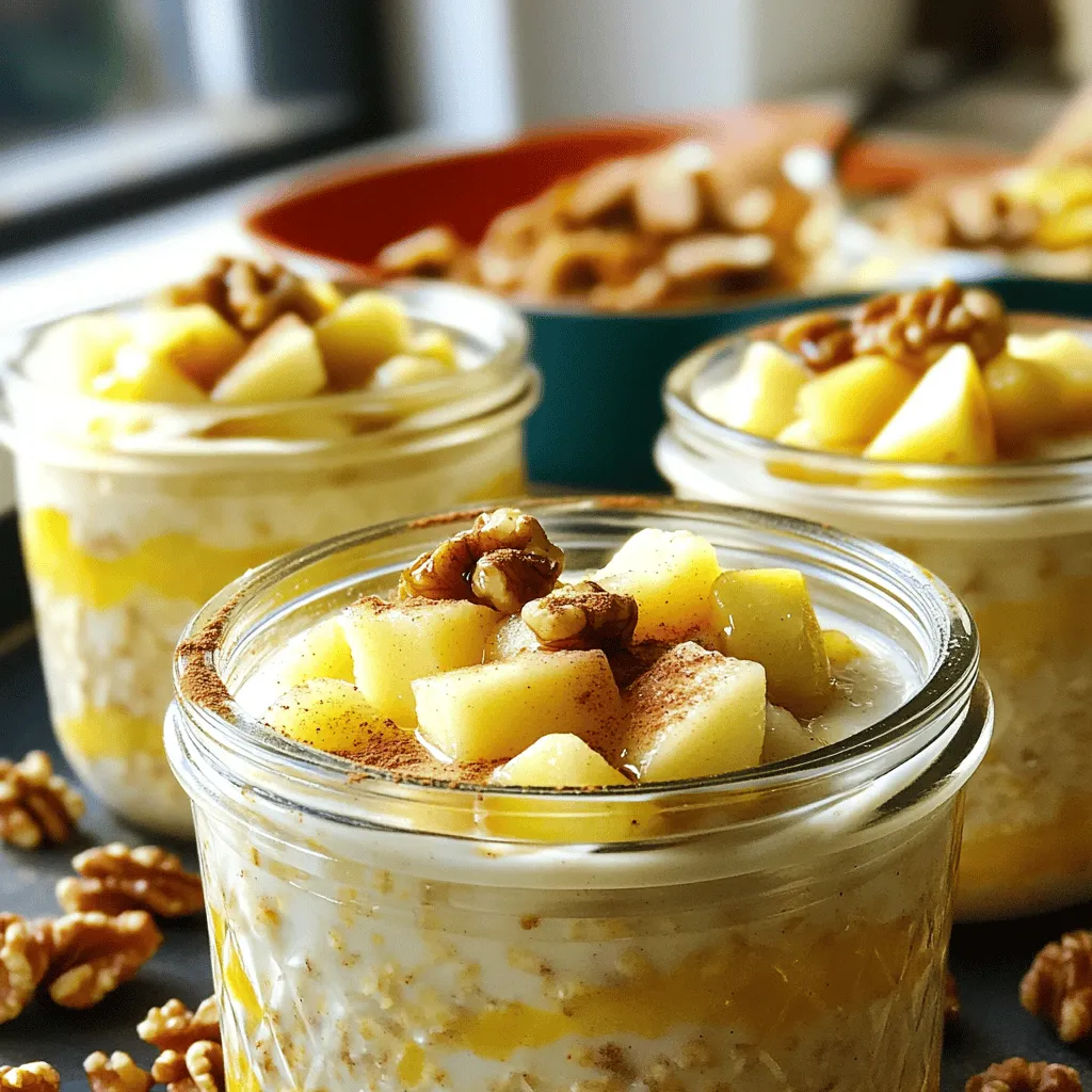 Für diese köstlichen Übernacht Haferflocken benötigen wir folgende Hauptzutaten: - 1 Tasse Haferflocken (gerollt) - 1 Tasse ungesüßte Mandelmilch (oder jede Milch nach Wahl) - 1 mittelgroßer Apfel, geschält und gewürfelt - 1 Esslöffel Ahornsirup (oder Honig) - 1/2 Teelöffel gemahlener Zimt - 1/4 Teelöffel Muskatnuss - 1/2 Teelöffel Vanilleextrakt - 1 Esslöffel Chiasamen Diese Zutaten bilden die Basis für die leckeren Apfelkuchen Übernacht Haferflocken. Die Haferflocken liefern Ballaststoffe, während der Apfel Frische und Süße bringt. Um die Haferflocken noch cremiger zu machen, empfehle ich diese optionale Zutat: - 1/4 Tasse griechischer Joghurt (für Cremigkeit, optional) Der griechische Joghurt sorgt für eine samtige Textur. Wenn Sie es besonders reichhaltig mögen, fügen Sie ihn hinzu. Die richtigen Gewürze machen den Unterschied. Verwenden Sie: - 1/2 Teelöffel gemahlener Zimt - 1/4 Teelöffel Muskatnuss Diese Gewürze bringen den Geschmack von Apfelkuchen in Ihre Frühstücksschüssel. Der Zimt sorgt für Wärme, während die Muskatnuss eine feine Note hinzufügt. Um die Haferflocken zu machen, fange mit einer mittelgroßen Schüssel an. Gib 1 Tasse Haferflocken hinein. Füge 1 Tasse ungesüßte Mandelmilch hinzu. Danach schäle und würfle 1 mittelgroßen Apfel. Gib ihn in die Schüssel. Jetzt kommt 1 Esslöffel Ahornsirup dazu. Das macht die Mischung süß. Füge 1/2 Teelöffel gemahlenen Zimt und 1/4 Teelöffel Muskatnuss hinzu. Das gibt den Haferflocken einen tollen Geschmack. Vergiss nicht 1/2 Teelöffel Vanilleextrakt und 1 Esslöffel Chiasamen. Mische alles gut, bis es gleichmäßig aussieht. Wenn du griechischen Joghurt magst, füge 1/4 Tasse hinzu. Das macht die Haferflocken cremiger. Nachdem die Mischung gut gemischt ist, teile sie auf zwei luftdichte Behälter oder Gläser auf. Achte darauf, dass jede Portion gut eingepackt ist. Verschließe die Behälter fest und stelle sie in den Kühlschrank. Lasse die Haferflocken über Nacht ziehen oder mindestens 4 Stunden. So werden die Haferflocken weich und nehmen die Aromen auf. Am Morgen nimmst du die Behälter aus dem Kühlschrank. Rühre die Haferflocken gut durch. Wenn sie zu dick sind, gib einen Schuss Mandelmilch dazu. Jetzt kannst du die Haferflocken nach Belieben garnieren. Streue gehackte Walnüsse oder Pekannüsse oben drauf. Das macht alles knuspriger. Wenn du magst, kannst du noch eine Prise Zimt hinzufügen. Serviere die Haferflocken kalt und genieße dein leckeres Frühstück! Um die perfekte Konsistenz zu erreichen, ist das Verhältnis von Haferflocken zu Milch wichtig. Verwenden Sie eine Tasse Haferflocken und eine Tasse Mandelmilch. So bleiben die Haferflocken cremig, aber nicht zu flüssig. Lassen Sie die Mischung mindestens vier Stunden im Kühlschrank. Über Nacht ziehen ist ideal, da die Haferflocken die Flüssigkeit gut aufnehmen. Jeder hat unterschiedliche Geschmäcker. Sie können die Süße anpassen, indem Sie mehr oder weniger Ahornsirup verwenden. Mögen Sie es fruchtiger? Fügen Sie mehr gewürfelte Äpfel oder andere Früchte wie Beeren hinzu. Für mehr Textur können Sie Nüsse oder Samen hinzufügen. Experimentieren Sie mit verschiedenen Gewürzen. Eine Prise Ingwer oder Kardamom kann den Geschmack verändern. Ein häufiger Fehler ist, nicht genug Flüssigkeit zu verwenden. Dies führt zu trockenen Haferflocken. Ein weiterer Fehler ist, die Mischung nicht gut genug zu verrühren. Achten Sie darauf, dass alle Zutaten gleichmäßig verteilt sind. Wenn die Haferflocken zu dick sind, können Sie einfach mehr Milch hinzufügen. Achten Sie darauf, die Haferflocken nicht länger als fünf Tage zu lagern, um die Frische zu behalten. {{image_4}} Ich liebe es, griechischen Joghurt in meine Apfelkuchen Übernacht Haferflocken zu geben. Er macht die Mischung cremiger. Außerdem steigert er den Proteingehalt. Wenn du mehr Protein willst, füge einfach mehr Joghurt hinzu. Das ist einfach und lecker! Für eine vegane Option kannst du den Joghurt weglassen. Stattdessen nimm pflanzliche Alternativen, wie Kokosjoghurt. Du kannst auch mehr Chiasamen verwenden, um die Textur zu verbessern. Achte darauf, dass du ungesüßte Mandelmilch nutzt. So bleibt alles gesund und lecker. Wenn du die Basis hast, kannst du kreativ werden. Füge saisonale Früchte hinzu. Im Frühling sind Erdbeeren großartig. Im Sommer mag ich Pfirsiche. Herbst ist die Zeit für Birnen. Jede Frucht bringt neuen Geschmack und macht dein Frühstück spannend. Um die Apfelkuchen Übernacht Haferflocken frisch zu halten, benutze luftdichte Behälter. Diese Behälter schützen vor Luft und Feuchtigkeit. So bleiben die Aromen und die Textur der Haferflocken optimal. Achte darauf, die Behälter gut zu verschließen, bevor du sie in den Kühlschrank stellst. Im Kühlschrank halten sich die Haferflocken bis zu fünf Tage. Nach dieser Zeit können die Aromen verblassen. Sie können auch eine matschige Textur bekommen. Mache am besten nur so viel, wie du innerhalb von fünf Tagen essen kannst. Das sorgt für den besten Geschmack. Wenn du die Haferflocken unterwegs genießen möchtest, fülle sie in ein Glas oder einen kleinen Behälter. Du kannst die Nüsse und zusätzliche Toppings separat aufbewahren. So bleiben sie knusprig. Vor dem Essen einfach alles vermengen. So hast du ein leckeres und nahrhaftes Frühstück für unterwegs. Übernacht Haferflocken bleiben bis zu fünf Tage frisch. Lagern Sie sie in einem luftdichten Behälter. So bleiben die Aromen gut erhalten. Ich empfehle, sie vor dem Verzehr gut durchzurühren. Wenn sie zu dick sind, fügen Sie einfach etwas Mandelmilch hinzu. Ja, Sie können die Haferflocken einfrieren. Teilen Sie die Mischung in Portionen auf. Nutzen Sie gefriergeeignete Behälter. Achten Sie darauf, die Behälter gut zu verschließen. Die Haferflocken können bis zu drei Monate im Gefrierschrank bleiben. Lassen Sie sie einfach im Kühlschrank auftauen. Passen Sie die Haferflocken nach Ihrem Geschmack an. Fügen Sie verschiedene Früchte hinzu, wie Beeren oder Bananen. Ändern Sie die Nüsse für mehr Crunch. Sie können auch den Süßstoff variieren, je nach Vorliebe. Experimentieren Sie mit verschiedenen Gewürzen, um neue Aromen zu entdecken. Apfelkuchen Übernacht Haferflocken sind einfach und lecker. Wir haben die Hauptzutaten, optionale Zusätze und Gewürze durchgegangen. Die Schritt-für-Schritt-Anleitung hilft dir, köstliche Haferflocken zuzubereiten. Tipps und Tricks zeigen dir, wie du Fehler vermeidest und deine Mischung anpasst. Es gibt viele Variationen, um jeden Geschmack zu treffen. Mit den Lagerungshinweisen bleibst du frisch und bereit. Also los, probiere es aus und genieße dein gesundes Frühstück!