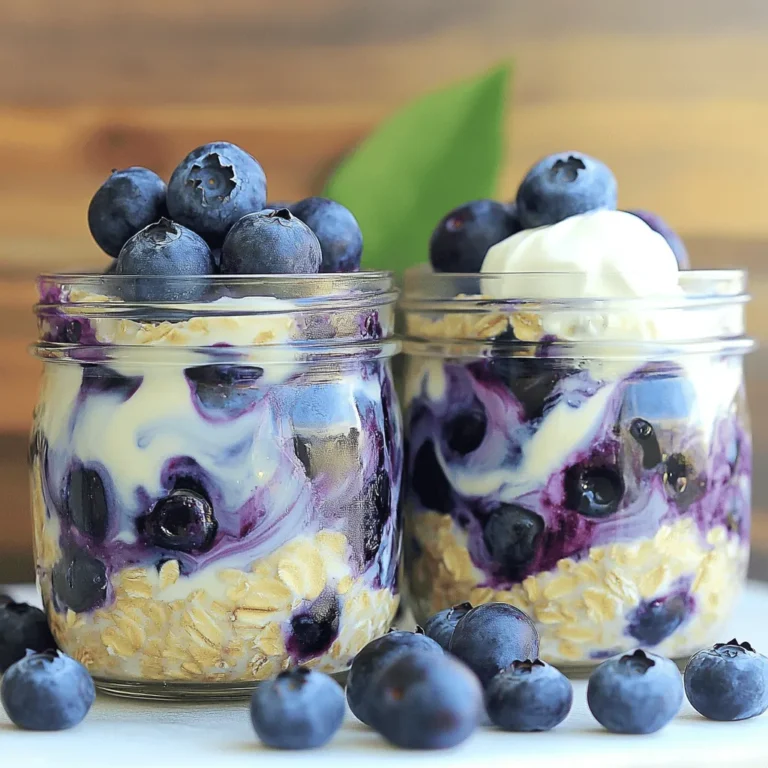 Für dieses Rezept benötigst du einfache, gesunde Zutaten. Hier ist, was du brauchst: - 1 Tasse Haferflocken (großblättrig) - 1 Tasse Milch (tierisch oder pflanzlich) - 1/2 Tasse griechischer Joghurt (natur oder Vanille) - 1/2 Tasse frische Blaubeeren (plus zusätzlich für die Dekoration) - 2 Esslöffel Frischkäse, weich - 2 Esslöffel Honig oder Ahornsirup - 1 Teelöffel Vanilleextrakt - 1/2 Teelöffel Zimt - Eine Prise Salz Diese Zutaten sorgen für einen cremigen und fruchtigen Geschmack. Die Haferflocken sind perfekt für die Basis. Sie machen den Snack nahrhaft und sättigend. Du kannst die Mischung ganz nach deinem Geschmack anpassen. Hier sind einige Ideen: - Füge Nüsse hinzu, wie Mandeln oder Walnüsse, für einen Crunch. - Verwende andere Beeren wie Himbeeren oder Erdbeeren. - Probiere verschiedene Joghurt-Sorten aus, wie Kokosnuss- oder Mandeljoghurt. Diese Variationen bringen neue Texturen und Geschmäcker in dein Frühstück. Wenn du den Honig oder Ahornsirup ersetzen möchtest, gibt es viele Optionen: - Verwende Stevia oder Erythrit, um den Zuckergehalt zu senken. - Nutze Dattelpaste für einen natürlichen Süßstoff. - Ein Spritzer Agavendicksaft kann auch eine gute Wahl sein. Diese Alternativen helfen dir, das Rezept nach deinen Vorlieben zu gestalten. Um die Haferflocken-Mischung zuzubereiten, benötigst du eine große Rührschüssel. Gib die folgenden Zutaten hinein: - 1 Tasse Haferflocken (großblättrig) - 1 Tasse Milch (tierisch oder pflanzlich) - 1/2 Tasse griechischer Joghurt (natur oder Vanille) - 2 Esslöffel Frischkäse, weich - 2 Esslöffel Honig oder Ahornsirup - 1 Teelöffel Vanilleextrakt - 1/2 Teelöffel Zimt - Eine Prise Salz Rühre die Mischung gründlich um. Achte darauf, dass alles gut vermischt ist. Die Mischung sollte cremig aussehen. Das ist wichtig, um den Käsekuchen-Geschmack zu erzielen. Jetzt kommt der spaßige Teil. Nimm die frischen Blaubeeren und hebe sie vorsichtig unter die Mischung. Du solltest ein paar Beeren für die Dekoration aufbewahren. Teile die Mischung gleichmäßig auf zwei Gläser oder Behälter auf. Schichte die Haferflocken und Blaubeeren, um einen marmorierten Effekt zu erzielen. Das sieht nicht nur gut aus, sondern schmeckt auch besser! Decke die Gläser ab und stelle sie über Nacht in den Kühlschrank. Wenn du wenig Zeit hast, lass sie mindestens 4 Stunden kühlen. Dadurch können die Haferflocken die Flüssigkeit aufnehmen und weich werden. Wenn du bereit bist, die Haferflocken zu genießen, rühre die Mischung gut um. Garniere die Portionen mit den restlichen Blaubeeren und einem Klecks griechischem Joghurt. Du kannst die Blaubeer-Käsekuchen-Übernacht-Haferflocken direkt aus dem Glas essen oder sie in eine Schüssel geben. So kannst du deinen Morgen gemütlich starten! Um die Blaubeer-Käsekuchen-Übernacht-Haferflocken frisch zu halten, verwende luftdichte Behälter. Diese verhindern, dass deine Haferflocken austrocknen. Stelle die Gläser immer in den Kühlschrank. So bleiben die Zutaten kühl und lecker. Du kannst die Haferflocken bis zu drei Tage im Kühlschrank aufbewahren. Achte darauf, sie vor dem Servieren gut umzurühren. Du kannst das Rezept leicht anpassen. Füge zum Beispiel andere Früchte hinzu, wie Erdbeeren oder Himbeeren. Wenn du es süßer magst, probiere mehr Honig oder Ahornsirup. Für einen nussigen Geschmack kannst du auch gehackte Nüsse oder Samen einstreuen. Experimentiere mit verschiedenen Joghurtgeschmäckern, um neue Aromen zu entdecken. Die Zubereitung ist schnell und einfach. In nur zehn Minuten hast du alles vermischt. Du kannst die Haferflocken auch am Sonntag vorbereiten. So hast du für die ganze Woche ein schnelles Frühstück. Das spart Zeit am Morgen und sorgt für einen leckeren Start in den Tag. {{image_4}} Um diese Blaubeer-Käsekuchen-Übernacht-Haferflocken vegan zu machen, können wir einige einfache Änderungen vornehmen. Statt Milch können Sie pflanzliche Optionen wie Mandel- oder Hafermilch verwenden. Für den Joghurt eignet sich Soja- oder Kokosjoghurt hervorragend. Verwenden Sie vegane Frischkäse-Alternativen, die heutzutage überall erhältlich sind. Diese Zutaten verleihen dem Gericht den gleichen cremigen Geschmack. Um Ihre Haferflocken noch interessanter zu machen, fügen Sie andere Früchte hinzu. Erdbeeren, Himbeeren oder Bananen passen perfekt. Diese Früchte bringen zusätzliche Süße und Farbe. Sie können auch Nüsse oder Samen als Topping verwenden. Mandeln, Walnüsse oder Chiasamen geben einen knusprigen Biss. Ein Klecks Erdnussbutter oder Mandelbutter obendrauf macht das Ganze noch reichhaltiger. Die Gewürze in diesem Rezept können leicht variiert werden. Anstelle von Zimt können Sie Muskatnuss oder Kardamom ausprobieren. Diese Gewürze verleihen dem Gericht eine ganz neue Note. Für eine schokoladige Variante können Sie Kakaopulver hinzufügen. Das bringt einen tollen Geschmack und macht die Haferflocken besonders lecker. Probieren Sie auch, etwas Kokosflocken einzumischen. So haben die Haferflocken einen tropischen Flair. Die Blaubeer-Käsekuchen-Übernacht-Haferflocken sind im Kühlschrank bis zu 5 Tage haltbar. Das macht sie perfekt für die Planung im Voraus. Achte darauf, dass sie in einem luftdichten Behälter sind. So bleiben sie frisch und lecker. Bewahre die Haferflocken in einem Glas oder einem Plastikbehälter mit Deckel auf. Das schützt sie vor anderen Gerüchen im Kühlschrank. Stelle sicher, dass der Behälter sauber ist, bevor du die Mischung hineinfüllst. So verhinderst du, dass unerwünschte Aromen eindringen. Du kannst die Haferflocken auch einfrieren. Fülle die Mischung in gefriergeeignete Behälter oder Beutel. So bleibt sie bis zu 3 Monate frisch. Denke daran, die Portionen klein zu halten. Das macht das Auftauen einfacher. Zum Auftauen lege die Behälter einfach in den Kühlschrank über Nacht. Ja, Sie können die Haferflocken ohne Joghurt machen. Verwenden Sie einfach mehr Milch. Dies macht die Mischung cremig, auch ohne Joghurt. Sie können auch pflanzliche Alternativen nutzen, wie Kokos- oder Mandeljoghurt. Um die Konsistenz zu ändern, spielen Sie mit der Menge an Flüssigkeit. Mehr Milch macht die Haferflocken flüssiger. Weniger Milch macht sie dicker. Probieren Sie es aus, bis Sie die perfekte Textur finden. Alternativen für Frischkäse sind Quark oder veganer Frischkäse. Diese Optionen sorgen für einen ähnlichen Geschmack und eine cremige Textur. Sie können auch griechischen Joghurt verwenden, um die Mischung noch proteinreicher zu machen. Am Anfang haben wir die besten Zutaten für Blaubeer-Käsekuchen-Übernacht-Haferflocken besprochen. Danach zeigten wir eine einfache Schritt-für-Schritt-Anleitung zur Zubereitung. Tipps zur Lagerung und Anpassung machens einfach, diese Leckerei anzupassen. Wir haben auch vegane Alternativen und Variationen für unterschiedliche Geschmäcker vorgestellt. Denken Sie daran, dass diese Haferflocken vielseitig sind. Experimentieren Sie mit Zutaten, die Ihnen gefallen. So wird jeder Bissen frisch und lecker.