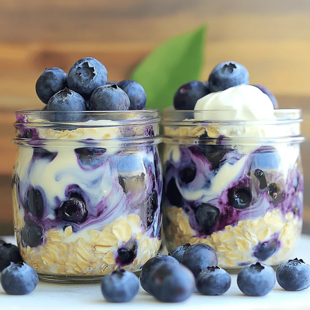 Für dieses Rezept benötigst du einfache, gesunde Zutaten. Hier ist, was du brauchst: - 1 Tasse Haferflocken (großblättrig) - 1 Tasse Milch (tierisch oder pflanzlich) - 1/2 Tasse griechischer Joghurt (natur oder Vanille) - 1/2 Tasse frische Blaubeeren (plus zusätzlich für die Dekoration) - 2 Esslöffel Frischkäse, weich - 2 Esslöffel Honig oder Ahornsirup - 1 Teelöffel Vanilleextrakt - 1/2 Teelöffel Zimt - Eine Prise Salz Diese Zutaten sorgen für einen cremigen und fruchtigen Geschmack. Die Haferflocken sind perfekt für die Basis. Sie machen den Snack nahrhaft und sättigend. Du kannst die Mischung ganz nach deinem Geschmack anpassen. Hier sind einige Ideen: - Füge Nüsse hinzu, wie Mandeln oder Walnüsse, für einen Crunch. - Verwende andere Beeren wie Himbeeren oder Erdbeeren. - Probiere verschiedene Joghurt-Sorten aus, wie Kokosnuss- oder Mandeljoghurt. Diese Variationen bringen neue Texturen und Geschmäcker in dein Frühstück. Wenn du den Honig oder Ahornsirup ersetzen möchtest, gibt es viele Optionen: - Verwende Stevia oder Erythrit, um den Zuckergehalt zu senken. - Nutze Dattelpaste für einen natürlichen Süßstoff. - Ein Spritzer Agavendicksaft kann auch eine gute Wahl sein. Diese Alternativen helfen dir, das Rezept nach deinen Vorlieben zu gestalten. Um die Haferflocken-Mischung zuzubereiten, benötigst du eine große Rührschüssel. Gib die folgenden Zutaten hinein: - 1 Tasse Haferflocken (großblättrig) - 1 Tasse Milch (tierisch oder pflanzlich) - 1/2 Tasse griechischer Joghurt (natur oder Vanille) - 2 Esslöffel Frischkäse, weich - 2 Esslöffel Honig oder Ahornsirup - 1 Teelöffel Vanilleextrakt - 1/2 Teelöffel Zimt - Eine Prise Salz Rühre die Mischung gründlich um. Achte darauf, dass alles gut vermischt ist. Die Mischung sollte cremig aussehen. Das ist wichtig, um den Käsekuchen-Geschmack zu erzielen. Jetzt kommt der spaßige Teil. Nimm die frischen Blaubeeren und hebe sie vorsichtig unter die Mischung. Du solltest ein paar Beeren für die Dekoration aufbewahren. Teile die Mischung gleichmäßig auf zwei Gläser oder Behälter auf. Schichte die Haferflocken und Blaubeeren, um einen marmorierten Effekt zu erzielen. Das sieht nicht nur gut aus, sondern schmeckt auch besser! Decke die Gläser ab und stelle sie über Nacht in den Kühlschrank. Wenn du wenig Zeit hast, lass sie mindestens 4 Stunden kühlen. Dadurch können die Haferflocken die Flüssigkeit aufnehmen und weich werden. Wenn du bereit bist, die Haferflocken zu genießen, rühre die Mischung gut um. Garniere die Portionen mit den restlichen Blaubeeren und einem Klecks griechischem Joghurt. Du kannst die Blaubeer-Käsekuchen-Übernacht-Haferflocken direkt aus dem Glas essen oder sie in eine Schüssel geben. So kannst du deinen Morgen gemütlich starten! Um die Blaubeer-Käsekuchen-Übernacht-Haferflocken frisch zu halten, verwende luftdichte Behälter. Diese verhindern, dass deine Haferflocken austrocknen. Stelle die Gläser immer in den Kühlschrank. So bleiben die Zutaten kühl und lecker. Du kannst die Haferflocken bis zu drei Tage im Kühlschrank aufbewahren. Achte darauf, sie vor dem Servieren gut umzurühren. Du kannst das Rezept leicht anpassen. Füge zum Beispiel andere Früchte hinzu, wie Erdbeeren oder Himbeeren. Wenn du es süßer magst, probiere mehr Honig oder Ahornsirup. Für einen nussigen Geschmack kannst du auch gehackte Nüsse oder Samen einstreuen. Experimentiere mit verschiedenen Joghurtgeschmäckern, um neue Aromen zu entdecken. Die Zubereitung ist schnell und einfach. In nur zehn Minuten hast du alles vermischt. Du kannst die Haferflocken auch am Sonntag vorbereiten. So hast du für die ganze Woche ein schnelles Frühstück. Das spart Zeit am Morgen und sorgt für einen leckeren Start in den Tag. {{image_4}} Um diese Blaubeer-Käsekuchen-Übernacht-Haferflocken vegan zu machen, können wir einige einfache Änderungen vornehmen. Statt Milch können Sie pflanzliche Optionen wie Mandel- oder Hafermilch verwenden. Für den Joghurt eignet sich Soja- oder Kokosjoghurt hervorragend. Verwenden Sie vegane Frischkäse-Alternativen, die heutzutage überall erhältlich sind. Diese Zutaten verleihen dem Gericht den gleichen cremigen Geschmack. Um Ihre Haferflocken noch interessanter zu machen, fügen Sie andere Früchte hinzu. Erdbeeren, Himbeeren oder Bananen passen perfekt. Diese Früchte bringen zusätzliche Süße und Farbe. Sie können auch Nüsse oder Samen als Topping verwenden. Mandeln, Walnüsse oder Chiasamen geben einen knusprigen Biss. Ein Klecks Erdnussbutter oder Mandelbutter obendrauf macht das Ganze noch reichhaltiger. Die Gewürze in diesem Rezept können leicht variiert werden. Anstelle von Zimt können Sie Muskatnuss oder Kardamom ausprobieren. Diese Gewürze verleihen dem Gericht eine ganz neue Note. Für eine schokoladige Variante können Sie Kakaopulver hinzufügen. Das bringt einen tollen Geschmack und macht die Haferflocken besonders lecker. Probieren Sie auch, etwas Kokosflocken einzumischen. So haben die Haferflocken einen tropischen Flair. Die Blaubeer-Käsekuchen-Übernacht-Haferflocken sind im Kühlschrank bis zu 5 Tage haltbar. Das macht sie perfekt für die Planung im Voraus. Achte darauf, dass sie in einem luftdichten Behälter sind. So bleiben sie frisch und lecker. Bewahre die Haferflocken in einem Glas oder einem Plastikbehälter mit Deckel auf. Das schützt sie vor anderen Gerüchen im Kühlschrank. Stelle sicher, dass der Behälter sauber ist, bevor du die Mischung hineinfüllst. So verhinderst du, dass unerwünschte Aromen eindringen. Du kannst die Haferflocken auch einfrieren. Fülle die Mischung in gefriergeeignete Behälter oder Beutel. So bleibt sie bis zu 3 Monate frisch. Denke daran, die Portionen klein zu halten. Das macht das Auftauen einfacher. Zum Auftauen lege die Behälter einfach in den Kühlschrank über Nacht. Ja, Sie können die Haferflocken ohne Joghurt machen. Verwenden Sie einfach mehr Milch. Dies macht die Mischung cremig, auch ohne Joghurt. Sie können auch pflanzliche Alternativen nutzen, wie Kokos- oder Mandeljoghurt. Um die Konsistenz zu ändern, spielen Sie mit der Menge an Flüssigkeit. Mehr Milch macht die Haferflocken flüssiger. Weniger Milch macht sie dicker. Probieren Sie es aus, bis Sie die perfekte Textur finden. Alternativen für Frischkäse sind Quark oder veganer Frischkäse. Diese Optionen sorgen für einen ähnlichen Geschmack und eine cremige Textur. Sie können auch griechischen Joghurt verwenden, um die Mischung noch proteinreicher zu machen. Am Anfang haben wir die besten Zutaten für Blaubeer-Käsekuchen-Übernacht-Haferflocken besprochen. Danach zeigten wir eine einfache Schritt-für-Schritt-Anleitung zur Zubereitung. Tipps zur Lagerung und Anpassung machens einfach, diese Leckerei anzupassen. Wir haben auch vegane Alternativen und Variationen für unterschiedliche Geschmäcker vorgestellt. Denken Sie daran, dass diese Haferflocken vielseitig sind. Experimentieren Sie mit Zutaten, die Ihnen gefallen. So wird jeder Bissen frisch und lecker.