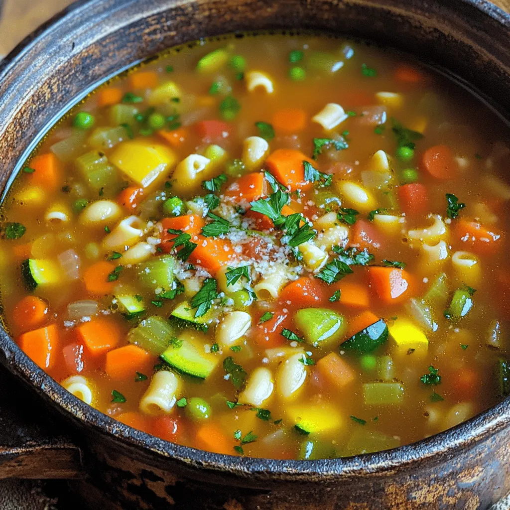 Für eine leckere und gesunde Minestrone brauchst du: - 1 Esslöffel Olivenöl - 1 mittelgroße Zwiebel, gewürfelt - 2 Knoblauchzehen, fein gehackt - 2 Karotten, gewürfelt - 2 Stangen Sellerie, gewürfelt - 1 Zucchini, klein gehackt - 1 Paprika (rot oder gelb), gewürfelt - 1 Tasse grüne Bohnen, geputzt und in mundgerechte Stücke geschnitten - 1 Dose (400g) gewürfelte Tomaten, mit Saft - 4 Tassen Gemüsebrühe - 1 Dose (425g) Cannellini-Bohnen, abgetropft und abgespült - 1 Tasse kleine Pasta (wie Ditalini oder Makkaroni) - 1 Teelöffel getrockneter Oregano - 1 Teelöffel getrocknetes Basilikum - Salz und Pfeffer nach Geschmack - Frische Petersilie, gehackt (zum Garnieren) - Geriebener Parmesan (optional, zum Servieren) Diese Zutaten machen die Suppe frisch und nahrhaft. Sie sind leicht zu finden und machen Spaß beim Kochen. Die Auswahl der Gemüse ist sehr wichtig. Du kannst viele verschiedene Sorten verwenden. Karotten und Sellerie geben eine gute Basis. Zucchini und Paprika bringen Farbe und Geschmack. Grüne Bohnen fügen eine knackige Textur hinzu. Wenn du magst, kannst du auch anderes Gemüse hinzufügen. Erbsen, Spinat oder Brokkoli passen gut. Du kannst kreativ sein und die Minestrone an deinen Geschmack anpassen. Würze macht die Suppe interessant. Oregano und Basilikum sind Klassiker. Sie geben der Minestrone einen italienischen Flair. Du kannst auch ein wenig Chili oder Paprika für Schärfe hinzufügen. Wenn du mehr Tiefe willst, füge etwas Sojasauce oder Zitronensaft hinzu. Diese Zutaten machen deinen Eintopf noch besser. Mit diesen einfachen Tipps wirst du eine leckere, veggie-packed Minestrone zaubern. Sie wird allen schmecken! Zuerst erhitze ich 1 Esslöffel Olivenöl in einem großen Topf. Dann füge ich die gewürfelte Zwiebel hinzu. Nach 3-4 Minuten wird sie weich. Jetzt gebe ich 2 fein gehackte Knoblauchzehen dazu. Ich brate alles für eine weitere Minute an. Als Nächstes kommen die 2 gewürfelten Karotten, 2 Stangen Sellerie und 1 klein gehackte Zucchini in den Topf. Auch 1 gewürfelte Paprika gebe ich hinzu. Ich brate das Gemüse für etwa 5-7 Minuten. Es soll weich werden, aber noch knackig bleiben. Dann füge ich 1 Tasse grüne Bohnen hinzu und vermische alles gut. Jetzt ist es Zeit für die Flüssigkeit. Ich gebe 1 Dose gewürfelte Tomaten und 4 Tassen Gemüsebrühe in den Topf. Ich rühre alles gut um und bringe es zum Kochen. Sobald es kocht, füge ich 1 Dose Cannellini-Bohnen und die Gewürze hinzu: 1 Teelöffel Oregano und 1 Teelöffel Basilikum. Ich schmecke mit Salz und Pfeffer ab. Dann reduziere ich die Hitze und lasse die Suppe köcheln. Jetzt kommt die kleine Pasta dazu. Ich lasse sie 8-10 Minuten kochen, bis sie al dente ist. Ich probiere die Minestrone und passe die Würze an. Schließlich fülle ich sie in Schalen und garniere sie mit frischer Petersilie. Wer möchte, kann noch geriebenen Parmesan darüber streuen. Um die perfekte Textur zu erreichen, achte auf die Größe der Gemüsestücke. Schneide sie gleichmäßig. So garen sie gleichmäßig. Brate die Zwiebeln zuerst an, bis sie weich sind. Dies ist die Basis für den Geschmack. Füge dann die Karotten und den Sellerie hinzu. Diese Gemüse brauchen länger, um weich zu werden. Zucchini und Paprika kommen später dazu, da sie schneller garen. So bleibt ihr Biss erhalten. Die grünen Bohnen fügst du zuletzt hinzu. Dadurch bleiben sie knackig und frisch. Du kannst die Minestrone ganz nach deinem Geschmack anpassen. Verwende frische Kräuter wie Thymian oder Rosmarin für mehr Aroma. Du magst es scharf? Füge etwas rote Paprikaflocken hinzu. Für eine cremigere Konsistenz püriere einen Teil der Suppe. Das gibt der Minestrone eine tolle Struktur. Möchtest du mehr Protein? Ersetze die Cannellini-Bohnen durch Kichererbsen oder Linsen. Diese passen gut zu den anderen Zutaten. Ein häufiger Fehler ist es, die Brühe zu schnell zum Kochen zu bringen. Lass die Suppe sanft köcheln, um die Aromen zu entfalten. Achte darauf, die Pasta nicht zu lange zu kochen. Sie sollte al dente sein. Wenn du zu viel Salz hinzufügst, kann es den Geschmack ruinieren. Beginne mit wenig und passe es am Ende an. Ein weiterer Fehler ist das Ignorieren der Garzeiten. Halte dich an die Zeiten, um die besten Ergebnisse zu erzielen. {{image_4}} Um die Minestrone vegan zu machen, lasse einfach den Parmesan weg. Nutze Gemüsebrühe ohne tierische Produkte. Du kannst auch mehr Bohnen oder Linsen hinzufügen. Diese sorgen für einen tollen Geschmack und viele Nährstoffe. Wenn du magst, füge etwas Spinat oder Grünkohl hinzu. Diese Blätter machen die Suppe noch gesünder und bunter. Möchtest du die Minestrone glutenfrei genießen? Verwende glutenfreie Pasta. Diese gibt es in vielen Varianten, wie Reis- oder Linsenpasta. Achte darauf, dass die Brühe ebenfalls glutenfrei ist. So bleibst du auf der sicheren Seite und kannst die Suppe ohne Sorgen essen. Für mehr Protein kannst du Kichererbsen oder Linsen hinzufügen. Diese passen gut zur Minestrone und machen die Suppe sättigender. Auch Tofu ist eine gute Wahl. Brate den Tofu vorher an, um einen schönen Geschmack zu erzielen. So machst du die Minestrone noch nahrhafter und köstlicher. Die Minestrone bleibt frisch, wenn du sie richtig lagerst. Lass die Suppe zuerst auf Raumtemperatur abkühlen. Fülle sie dann in einen luftdichten Behälter. So bleibt der Geschmack erhalten. Im Kühlschrank hält sie sich etwa 3 bis 5 Tage. Wenn du sie länger aufbewahren willst, ist das Einfrieren eine gute Option. Um die Minestrone einzufrieren, benutze gefrierfreundliche Behälter oder Beutel. Teile die Suppe in Portionen auf. So kannst du nur die Menge auftauen, die du brauchst. Die Minestrone bleibt bis zu 3 Monate im Gefrierfach gut. Achte darauf, etwas Platz für die Ausdehnung der Flüssigkeit zu lassen. Um die Minestrone aufzuwärmen, stelle sie in einen Topf. Erhitze sie bei mittlerer Hitze. Rühre die Suppe regelmäßig um, damit sie gleichmäßig warm wird. Wenn sie zu dick ist, kannst du etwas Gemüsebrühe hinzufügen. Für einen extra Kick kannst du frische Kräuter oder Parmesan darüber streuen. So wird die Suppe noch schmackhafter! Minestrone hält sich im Kühlschrank etwa 3 bis 5 Tage. Bewahre sie in einem luftdichten Behälter auf. So bleibt die Suppe frisch und lecker. Achte darauf, die Suppe abzukühlen, bevor du sie in den Kühlschrank stellst. Dadurch vermeidest du Kondenswasser und schimmelnde Reste. Ja, gefrorenes Gemüse ist eine tolle Option! Es spart Zeit und ist oft gleich frisch. Gefrorenes Gemüse behält viele Nährstoffe. Du kannst einfach die gleiche Menge gefrorenes Gemüse wie frisches verwenden. Achte jedoch darauf, die Kochzeit etwas zu verlängern. So wird das Gemüse zart und lecker. Es gibt viele Alternativen zur Pasta! Du kannst Quinoa, Reis oder sogar Linsen benutzen. Diese Optionen machen die Suppe nahrhaft und spannend. Wenn du auf Kohlenhydrate verzichten möchtest, probiere Zucchini-Nudeln oder Blumenkohlreis. Diese Varianten sind gesund und passen gut zur Minestrone. Die Minestrone ist einfach zuzubereiten und vielseitig. Wir haben die besten Zutaten und Variationen besprochen. Auch Lagerung und häufige Fehler wurden thematisiert. Mit diesen Tipps gelingt dir eine perfekte Suppe. Sei kreativ bei den Zutaten und passe sie deinem Geschmack an. Ob vegan oder glutenfrei, die Möglichkeiten sind groß. Denk daran, das Gemüse gut zu kochen und die Suppe richtig zu lagern. Genieße deine Minestrone und teile die Freude mit anderen!
