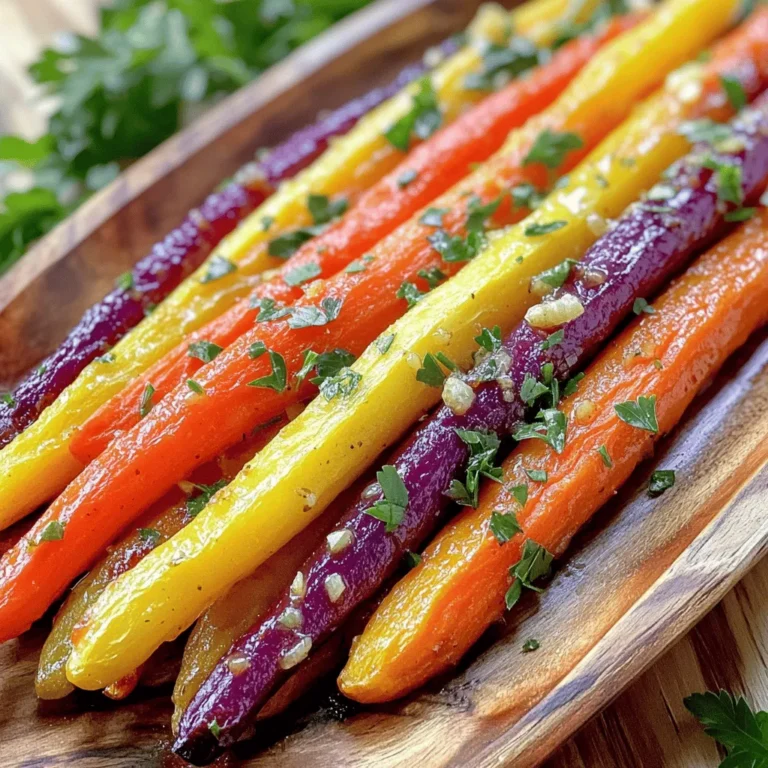 Für das Rezept brauchst du: - 450 g Regenbogenkarotten, geschält und in gleich große Sticks geschnitten - 3 Esslöffel Olivenöl - 4 Knoblauchzehen, fein gehackt - 1 Teelöffel frische Thymianblätter - 1 Teelöffel frischer Rosmarin, fein gehackt - 1 Teelöffel Honig oder Ahornsirup - Salz und Pfeffer nach Geschmack - Frische Petersilie, zum Garnieren Diese Zutaten sind einfach zu finden und bringen viel Geschmack. Die Regenbogenkarotten sind bunt und schön. Das macht das Gericht auch optisch ansprechend. Du kannst einige Zutaten nach deinen Vorlieben anpassen. Statt Honig kannst du auch Agavendicksaft verwenden. Für eine andere Geschmacksnote probiere andere Kräuter wie Oregano oder Basilikum. Wenn du keinen frischen Knoblauch magst, kannst du auch Knoblauchpulver nehmen. Achte beim Kauf auf die Farben. Sie sollten leuchtend orange, gelb und lila sein. Die Karotten sollten fest sein und keine Dellen oder Flecken haben. Du kannst auch die Blätter prüfen. Frische Blätter sind ein gutes Zeichen. Lagere die Karotten im Kühlschrank, damit sie länger frisch bleiben. Zuerst benötigst du 450 g Regenbogenkarotten. Diese Karotten sind bunt und lecker. Schäle sie und schneide sie in gleich große Sticks. So garen sie gleichmäßig. Ein gleichmäßiger Schnitt hilft beim Rösten. Wenn du sie vorbereitet hast, leg sie beiseite. Jetzt kommt der spaßige Teil. Nimm eine große Rührschüssel. Gib 3 Esslöffel Olivenöl hinein. Füge 4 fein gehackte Knoblauchzehen hinzu. Dann kommen 1 Teelöffel frische Thymianblätter und 1 Teelöffel gehackter Rosmarin. Süße die Mischung mit 1 Teelöffel Honig oder Ahornsirup. Würze alles mit Salz und Pfeffer nach Geschmack. Vermische die Zutaten gut. Die Marinade wird stark und aromatisch sein. Heize deinen Ofen auf 220 °C vor. Füge die vorbereiteten Karotten in die Schüssel mit der Marinade. Werfe sie um, bis sie gut überzogen sind. Lege ein Backblech mit Backpapier aus. Verteile die Karotten in einer einzigen Schicht darauf. Röste sie für 25-30 Minuten. Wende die Karotten nach 15 Minuten. So werden sie von allen Seiten goldbraun und zart. Nach dem Rösten lasse sie einige Minuten abkühlen. Garniere die Karotten mit frischer Petersilie. Die Röstzeit ist wichtig. Wenn Sie die Karotten zu kurz rösten, bleiben sie hart. Lassen Sie sie also 25 bis 30 Minuten im Ofen. Wenden Sie die Karotten zur Hälfte der Zeit. So werden sie gleichmäßig goldbraun. Zu viel oder zu wenig Öl kann ebenfalls ein Problem sein. Benutzen Sie die angegebene Menge Olivenöl, um ein optimales Ergebnis zu erzielen. Um die Aromen zu verstärken, verwenden Sie frische Kräuter. Thymian und Rosmarin bringen einen tollen Geschmack. Hacken Sie den Knoblauch fein, um sein volles Aroma zu entfalten. Eine Prise Honig oder Ahornsirup hebt die Süße der Karotten hervor. Lassen Sie die Karotten mindestens 10 Minuten in der Marinade ziehen. So können die Aromen richtig einziehen. Diese Karotten passen gut zu vielen Gerichten. Servieren Sie sie zu gebratenem Hühnchen oder Lamm. Sie sind auch eine tolle Beilage zu Quinoa oder Reis. Für einen zusätzlichen Farbtupfer, garnieren Sie die Karotten mit frischer Petersilie. Experimentieren Sie mit anderen Toppings wie gerösteten Nüssen oder Feta-Käse. {{image_4}} Für mehr Geschmack können Sie andere Kräuter hinzufügen. Basilikum, Oregano oder Dill sind großartige Optionen. Diese Kräuter bringen frische Aromen in das Gericht. Sie können auch einen Hauch von geräuchertem Paprika ausprobieren. Diese Gewürze verleihen den Karotten eine tiefere Geschmacksnote. Experimentieren Sie mit verschiedenen Kombinationen, um Ihre perfekte Mischung zu finden. Dieses Rezept ist bereits vegetarisch und kann leicht vegan sein. Verwenden Sie einfach Ahornsirup anstelle von Honig. Das Rezept bleibt köstlich und gesund. Für mehr Protein können Sie geröstete Kichererbsen hinzufügen. Diese machen das Gericht sättigender. Auch eine Kombination mit anderen Gemüsesorten wie Zucchini oder Paprika passt gut. Kräuter-Knoblauch-geröstete Regenbogenkarotten sind sehr vielseitig. Sie können sie als Beilage zu Fleisch oder Fisch servieren. Sie passen gut zu Lamm, Huhn oder gebratenem Fisch. Wenn Sie ein Hauptgericht machen wollen, kombinieren Sie sie mit Quinoa oder Reis. So haben Sie eine komplette Mahlzeit. Garnieren Sie die Karotten mit frischer Petersilie für einen schönen Farbkontrast. Um die gerösteten Regenbogenkarotten zu lagern, lasse sie zuerst abkühlen. Dann lege sie in einen luftdichten Behälter. Das hilft, die Frische zu bewahren. Du kannst sie bis zu drei Tage im Kühlschrank aufbewahren. Achte darauf, dass sie gut verschlossen sind. Um die Karotten wieder aufzuwärmen, benutze den Ofen oder die Pfanne. Heize den Ofen auf 180 °C vor. Lege die Karotten auf ein Backblech und erwärme sie etwa 10-15 Minuten. Wenn du eine Pfanne verwendest, erhitze etwas Olivenöl. Füge die Karotten hinzu und schwenke sie für ein paar Minuten. So bleiben sie lecker und saftig. Im Kühlschrank halten die Karotten etwa drei Tage. Wenn du sie länger aufbewahren möchtest, kannst du sie einfrieren. Lege die abgekühlten Karotten in einen gefriergeeigneten Behälter. Sie bleiben bis zu drei Monate frisch. Zum Auftauen einfach über Nacht im Kühlschrank lassen oder kurz in der Mikrowelle erwärmen. Die Karotten rösten in etwa 25 bis 30 Minuten im Ofen. Ich empfehle, sie nach 15 Minuten zu wenden. So werden sie gleichmäßig goldbraun. Achte darauf, dass sie zart sind, wenn du sie herausnimmst. Ja, du kannst andere Gemüsesorten hinzufügen. Zucchini, Paprika oder rote Zwiebeln passen gut. Schneide sie in ähnliche Größen wie die Karotten. So garen sie gleichmäßig und werden perfekt. Kräuter-Knoblauch-geröstete Regenbogenkarotten passen gut zu vielen Gerichten. Du kannst sie als Beilage zu Hähnchen oder Fisch servieren. Sie schmecken auch toll zu einem frischen Salat oder Couscous. Zusammengefasst hatten wir die besten Zutaten, um köstliche Kräuter-Knoblauch-geröstete Regenbogenkarotten zu machen. Ich habe dir Tipps gegeben, wie du frische Karotten auswählst und häufige Fehler vermeidest. Auch haben wir Variationen und Lagerhinweise besprochen. Du kannst dieses Gericht leicht anpassen oder als Beilage nutzen. Jetzt liegt es an dir, diese leckeren Karotten zuzubereiten. Glaub mir, du wirst begeistert sein. Viel Spaß beim Kochen und Genießen!