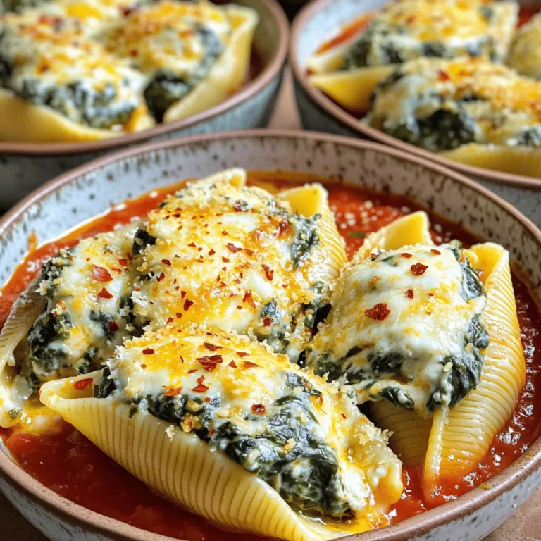 Um cremige Spinat gefüllte Muscheln zu machen, brauchst du einige Hauptzutaten. Hier sind sie: - 20 Jumbo-Pasta-Muscheln - 2 Tassen Ricotta-Käse - 1 Tasse frischer Spinat, grob gehackt - 1 Tasse Mozzarella-Käse, gerieben - 1/2 Tasse Parmesan-Käse, gerieben Diese Zutaten bilden die Basis für das leckere Gericht. Ricotta macht die Füllung schön cremig. Spinat bringt Frische und Farbe. Um den Geschmack zu verbessern, füge einige Gewürze und Extras hinzu: - 1 Teelöffel Knoblauchpulver - 1 Teelöffel Zwiebelpulver - 1/2 Teelöffel Salz - 1/4 Teelöffel schwarzer Pfeffer - 1 Esslöffel Olivenöl - 1/4 Teelöffel rote Pfefferflocken (optional für einen Kick) Diese Gewürze bringen mehr Tiefe in das Gericht. Knoblauch und Zwiebel geben einen tollen Geschmack. Die roten Pfefferflocken bringen etwas Schärfe, wenn du das magst. Die Käsewahl ist wichtig für den Geschmack. Hier sind einige empfehlenswerte Variationen: - Feta-Käse: Feta sorgt für einen salzigen, kräftigen Geschmack. - Gouda: Gouda macht die Füllung noch cremiger und gibt einen süßen Geschmack. - Vegan-Käse: Wenn du Pflanzenmilch verwendest, gibt es auch viele leckere vegane Käseoptionen. Probiere verschiedene Käsesorten aus, um deinen Favoriten zu finden. Jede Sorte bringt ihren eigenen Charakter in die gefüllten Muscheln. Um die Jumbo-Pasta-Muscheln zuzubereiten, beginne mit dem Wasserkochen. Bringe einen großen Topf Wasser zum Kochen. Füge eine Prise Salz hinzu, um den Geschmack zu verbessern. Koche die Muscheln gemäß der Packungsanweisung. Sie sollten al dente sein. Nach dem Kochen, gieße sie ab und stelle sie beiseite. Achte darauf, sie nicht zu lange zu kochen, damit sie nicht zerfallen. Jetzt geht es an die Füllung. Nimm eine große Schüssel und füge den Ricotta-Käse hinzu. Dann kommt der gehackte Spinat, der Mozzarella, der Parmesan, das Knoblauchpulver, das Zwiebelpulver, das Salz und der Pfeffer. Mische alles gut mit einem Löffel oder einem Spatel. Du willst eine cremige, glatte Mischung. Du kannst auch rote Pfefferflocken für ein wenig Schärfe hinzufügen. Heize deinen Ofen auf 190°C vor. Nimm eine große Auflaufform und gib eine Schicht Marinara-Sauce auf den Boden. Jetzt füllst du jede Muschel mit der Spinatmischung. Lege die gefüllten Muscheln mit der Öffnung nach oben in die Auflaufform. Gieße die restliche Marinara-Sauce darüber und streue den restlichen Mozzarella-Käse darauf. Beträufle alles mit etwas Olivenöl. Decke die Form mit Aluminiumfolie ab und backe die Muscheln 25 Minuten lang. Entferne die Folie und backe weitere 10 Minuten, bis der Käse goldbraun ist. Lass die Muscheln einige Minuten abkühlen, bevor du sie servierst. Beim Füllen der Muscheln kann es knifflig sein. Hier sind einige Tipps, um Fehler zu vermeiden: - Richtige Füllmenge: Füllen Sie jede Muschel gleichmäßig. Zu viel Füllung kann beim Backen herausquellen. - Spritztüte verwenden: Nutzen Sie eine Spritztüte für mehr Kontrolle. So füllen Sie die Muscheln sauber und schnell. - Weiche Muscheln: Wenn die Muscheln zu weich sind, brechen sie. Kochen Sie sie nur al dente. Die richtigen Käsesorten machen den Unterschied. Hier sind meine Lieblingskombinationen: - Ricotta: Er sorgt für eine cremige Basis und hat einen milden Geschmack. - Mozzarella: Dieser Käse schmilzt schön und gibt eine tolle Textur. - Parmesan: Mit seinem starken Geschmack gibt er der Füllung einen extra Kick. Experimentieren Sie mit diesen Käsesorten, um neue Geschmäcker zu finden. Es gibt viele Wege, dieses Gericht anzupassen: - Vegane Option: Ersetzen Sie den Ricotta mit veganem Käse oder Tofu. - Glutenfrei: Verwenden Sie glutenfreie Muscheln. Diese sind oft aus Reis oder Mais. - Wenig Kalorien: Nutzen Sie fettarmen Käse und weniger Öl. So können alle Ihre Freunde und Familie die cremigen Spinat gefüllten Muscheln genießen! {{image_4}} Um die gefüllten Muscheln noch besser zu machen, können Sie verschiedene Zutaten hinzufügen. Hier sind einige Ideen: - Frischer Knoblauch: Verwenden Sie 2-3 frische Knoblauchzehen, fein gehackt. - Frische Kräuter: Basilikum oder Petersilie bringen Frische ins Gericht. - Käsevielfalt: Fügen Sie Feta-Käse für einen salzigen Kick hinzu. - Zucchini oder Paprika: Diese Gemüse verleihen mehr Farbe und Geschmack. Für eine vegane Version der gefüllten Muscheln können Sie einige einfache Anpassungen vornehmen: - Ricotta ersetzen: Verwenden Sie pflanzlichen Ricotta aus Mandeln oder Cashewkernen. - Mozzarella ersetzen: Veganen Mozzarella aus Kokosnuss oder Soja ist eine gute Option. - Parmesan ersetzen: Nutritional Yeast kann als Parmesan-Alternativ verwendet werden. - Eierfreie Bindemittel: Verwenden Sie Leinsamen oder Chiasamen, gemischt mit Wasser. Wenn Sie auf Gluten verzichten möchten, gibt es auch hierfür Lösungen: - Glutenfreie Muscheln: Wählen Sie Pasta aus Reis oder Mais. - Glutenfreie Panade: Achten Sie darauf, dass die Marinara-Sauce glutenfrei ist. - Ersatz für Panade: Verwenden Sie gemahlene Mandeln oder glutenfreies Mehl. Diese Variationen machen das Gericht vielseitig. Experimentieren Sie mit verschiedenen Zutaten und finden Sie Ihre Lieblingskombination! Um die cremigen Spinat gefüllten Muscheln frisch zu halten, lege sie in einen luftdichten Behälter. Stelle sicher, dass der Behälter gut verschlossen ist. So bleiben die Muscheln bis zu drei Tage im Kühlschrank genießbar. Wenn du sie frisch hältst, vermeidest du, dass sie austrocknen oder ihren Geschmack verlieren. Zum Aufwärmen der Reste empfehle ich, die Muscheln im Ofen zu erhitzen. Heize den Ofen auf 180°C (350°F) vor. Lege die Muscheln in eine Auflaufform und bedecke sie mit etwas Marinara-Sauce. Das hält sie feucht. Backe sie für 15 bis 20 Minuten. Achte darauf, dass sie gut durchwärmen, aber nicht austrocknen. Wenn du die Muscheln länger aufbewahren möchtest, friere sie ein. Stelle sicher, dass sie in einem luftdichten Behälter oder einem Gefrierbeutel sind. So bleiben sie bis zu drei Monate frisch. Zum Auftauen lege die gefrorenen Muscheln einfach über Nacht in den Kühlschrank. So sind sie bereit zum Aufwärmen und Genießen. Die gefüllten Muscheln sind im Kühlschrank etwa 3 bis 5 Tage haltbar. Achte darauf, sie in einem luftdichten Behälter zu lagern. Wenn du sie länger aufbewahren möchtest, friere sie ein. Im Gefrierschrank bleiben sie bis zu 3 Monate frisch. Stelle sicher, dass sie gut verpackt sind, um Gefrierbrand zu vermeiden. Ja, du kannst die Muscheln im Voraus zubereiten. Fülle die Muscheln und lege sie in die Auflaufform. Bedecke sie mit Marinara-Sauce und Käse. Du kannst das Gericht dann für bis zu 24 Stunden im Kühlschrank aufbewahren, bevor du es backst. So sparst du Zeit am Abend des Servierens. Um die Füllung cremiger zu machen, füge etwas mehr Ricotta-Käse hinzu. Du kannst auch eine kleine Menge Sahne oder Frischkäse einrühren. Diese Zutaten geben der Füllung einen reicheren Geschmack und eine glattere Textur. Achte darauf, alles gut zu vermengen, damit die Füllung gleichmäßig wird. Um cremige Spinat gefüllte Muscheln zuzubereiten, brauchst du frische Zutaten und die richtigen Gewürze. Ich habe dir einen klaren Schritt-für-Schritt-Plan gegeben, um dir das Füllen und Backen zu erleichtern. Tipps helfen dir, Fehler zu vermeiden und perfekte Käse-Kombinationen zu finden. Es gibt viele Variationen, die du ausprobieren kannst, einschließlich veganer und glutenfreier Optionen. Denke daran, die Reste richtig zu lagern und aufzuwärmen. Mit diesen Informationen bist du gut gerüstet, um diese leckeren Muscheln zu genießen. Viel Spaß beim Kochen!