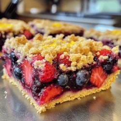 Um die leckeren Dreifach-Beeren-Crumble-Riegel zuzubereiten, benötigst du: - 1 Tasse Weizenmehl - 1 Tasse Haferflocken - 1/2 Tasse brauner Zucker - 1/2 Tasse ungesalzene Butter, geschmolzen - 1/2 Teelöffel Backnatron - 1/4 Teelöffel Salz - 1 Tasse gemischte Beeren (Erdbeeren, Blaubeeren, Himbeeren) - 2 Esslöffel Honig oder Ahornsirup - 1 Esslöffel Zitronensaft - Schale von 1 Zitrone - 1/2 Teelöffel Vanilleextrakt Die Mengenangaben sind wichtig für den Geschmack. Du kannst die Beeren nach deinem Geschmack wählen. Wenn du keine frischen Beeren findest, sind gefrorene Beeren eine gute Wahl. Du kannst auch die Butter durch Kokosöl ersetzen, wenn du es gesünder magst. Wähle frische Beeren, die fest und reif sind. Achte auf leuchtende Farben und keinen Druck. Wenn du gefrorene Beeren benutzt, lass sie vorher auftauen. So vermeidest du eine matschige Füllung. Erdbeeren solltest du klein schneiden, damit sie gleichmäßig backen. Blaubeeren und Himbeeren sind sofort bereit. Heize deinen Ofen auf 175 °C vor. Das ist wichtig, damit die Riegel gleichmäßig backen. Fette eine 23x23 cm Backform ein oder lege sie mit Backpapier aus. So bleibt der Riegel beim Backen nicht kleben. Nimm eine große Schüssel und gib 1 Tasse Weizenmehl, 1 Tasse Haferflocken, 1/2 Tasse braunen Zucker, 1/2 Teelöffel Backnatron und 1/4 Teelöffel Salz hinein. Mische alles gut. Gieße dann 1/2 Tasse geschmolzene Butter darüber. Rühre, bis die Mischung krümelig ist. Sie sollte zusammenhalten, wenn du sie drückst. Nimm 1 Tasse der Krümelmischung für das Topping. Drücke die restliche Mischung fest am Boden der Backform, um eine gleichmäßige Kruste zu formen. In einer anderen Schüssel mische 1 Tasse gemischte Beeren mit 2 Esslöffeln Honig oder Ahornsirup, 1 Esslöffel Zitronensaft, der Schale von 1 Zitrone und 1/2 Teelöffel Vanilleextrakt. Mische alles gut. Verteile die Beeremischung gleichmäßig über die Kruste in der Backform. Streue dann die reservierte Krümelmasse gleichmäßig über die Beeren. Das gibt eine schöne Deckschicht. Backe die Riegel für 25-30 Minuten, bis die Oberseite goldbraun ist und die Beeren blubbern. Lass die Riegel in der Form abkühlen, bevor du sie in Quadrate schneidest. Die richtige Backzeit ist sehr wichtig. Heizen Sie den Ofen auf 175 °C vor. Backen Sie die Riegel für 25 bis 30 Minuten. Achten Sie darauf, dass die Oberseite goldbraun ist. Die Beeren sollten leicht blubbern. Überprüfen Sie die Riegel gegen Ende der Backzeit. Jeder Ofen ist anders. Um die Kruste knusprig zu machen, drücken Sie die Mischung fest in die Form. Nutzen Sie die gesamte Krümelmischung bis auf eine Tasse. Diese Mischung kommt später oben drauf. Wenn Sie die Kruste gut andrücken, wird sie stabil. Die geschmolzene Butter hilft, die Kruste knusprig zu machen. Frische Beeren sind toll, wenn sie in Saison sind. Achten Sie darauf, reife und saftige Beeren zu wählen. Sie bringen den besten Geschmack. Gefrorene Beeren sind auch eine gute Wahl. Lassen Sie sie vorher auftauen und abtropfen. So wird die Füllung nicht zu nass. Beide Optionen ergeben leckere Riegel. {{image_4}} Wenn Sie dreifach-Beeren-Crumble-Riegel machen, können Sie die Beeren nach Ihrem Geschmack ändern. Anstelle von Erdbeeren, Blaubeeren und Himbeeren können Sie auch andere Früchte verwenden. Versuchen Sie, Brombeeren oder Kirschen hinzuzufügen. Sie können auch gefrorene Beeren verwenden, wenn frische nicht verfügbar sind. Denken Sie daran, die Menge gleich zu halten. So bleibt die Füllung lecker und saftig. Eines meiner Lieblings-Upgrades ist, Nüsse oder Schokolade hinzuzufügen. Sie können gehackte Mandeln oder Walnüsse in die Kruste mischen. Das gibt einen tollen Crunch. Für Schokoladenliebhaber empfehle ich, Schokoladenstückchen über die Beerenschicht zu streuen. Die süße Schokolade ergänzt die fruchtige Füllung perfekt. Wenn Sie eine Mischung aus beiden machen, wird es noch besser! Um die Riegel gesünder zu machen, können Sie einige Anpassungen vornehmen. Verwenden Sie Vollkornmehl anstelle von Weizenmehl. Das erhöht den Ballaststoffgehalt. Sie können auch den Zucker reduzieren, indem Sie mehr Honig oder Ahornsirup nutzen. Wenn Sie eine vegane Option möchten, ersetzen Sie die Butter durch Kokosöl. Diese kleinen Anpassungen machen die Riegel nahrhafter, ohne den Geschmack zu verlieren. Um die Dreifach-Beeren-Crumble-Riegel frisch zu halten, lege sie in einen luftdichten Behälter. Das schützt sie vor Feuchtigkeit und Gerüchen aus dem Kühlschrank. Die Riegel bleiben so bis zu einer Woche lecker. Wenn du sie länger aufbewahren möchtest, ist das Einfrieren eine gute Option. Um die Haltbarkeit der Riegel zu verlängern, kannst du folgende Tipps beachten: - Achte darauf, dass die Riegel vollständig abgekühlt sind, bevor du sie lagerst. - Verwende Papiertücher zwischen den Riegeln, um Feuchtigkeit zu absorbieren. - Vermeide es, die Riegel mit frischen Früchten zu lagern, da diese schnell verderben. Wenn du die Riegel einfrieren möchtest, schneide sie in Portionen. Wickel jede Portion in Frischhaltefolie ein. Lege die eingewickelten Riegel dann in einen Gefrierbeutel. So bleiben sie bis zu drei Monate frisch. Wenn du sie essen möchtest, lasse sie einfach im Kühlschrank auftauen oder erwärme sie kurz in der Mikrowelle. Die Dreifach-Beeren-Crumble-Riegel sind gut für etwa fünf Tage. Lagern Sie die Riegel in einem luftdichten Behälter. So bleiben sie frisch und lecker. Wenn Sie die Riegel länger aufbewahren möchten, können Sie sie einfrieren. Im Gefrierfach halten sie bis zu drei Monate. Lassen Sie sie einfach bei Raumtemperatur auftauen. Ja, Sie können die Butter durch eine pflanzliche Alternative ersetzen. Verwenden Sie Margarine oder Kokosöl. Diese Optionen geben den Riegeln einen anderen Geschmack, aber sie bleiben lecker. Achten Sie darauf, die gleiche Menge zu verwenden. Das sorgt für die richtige Konsistenz der Kruste. Um die Riegel glutenfrei zu machen, ersetzen Sie das Weizenmehl durch eine glutenfreie Mehlmischung. Auch Haferflocken sollten glutenfrei sein, um sicher zu gehen. Schauen Sie auf die Verpackung, um sicherzustellen, dass sie als glutenfrei gekennzeichnet sind. So genießen Sie die Riegel ohne Bedenken. Dieser Artikel hat die Zutaten, Zubereitung und Tipps für Dreifach-Beeren-Crumble-Riegel behandelt. Wir haben gelernt, welche Beeren am besten sind und wie man die perfekte Kruste erhält. Auch Variationen und Aufbewahrungshinweise wurden besprochen. Diese Riegel sind einfach und vielseitig. Sie können sie anpassen, um neue Geschmäcker zu entdecken. Experimentieren Sie beim Backen, um Ihre eigenen Lieblingsversionen zu finden. Genießen Sie jeden Bissen!
