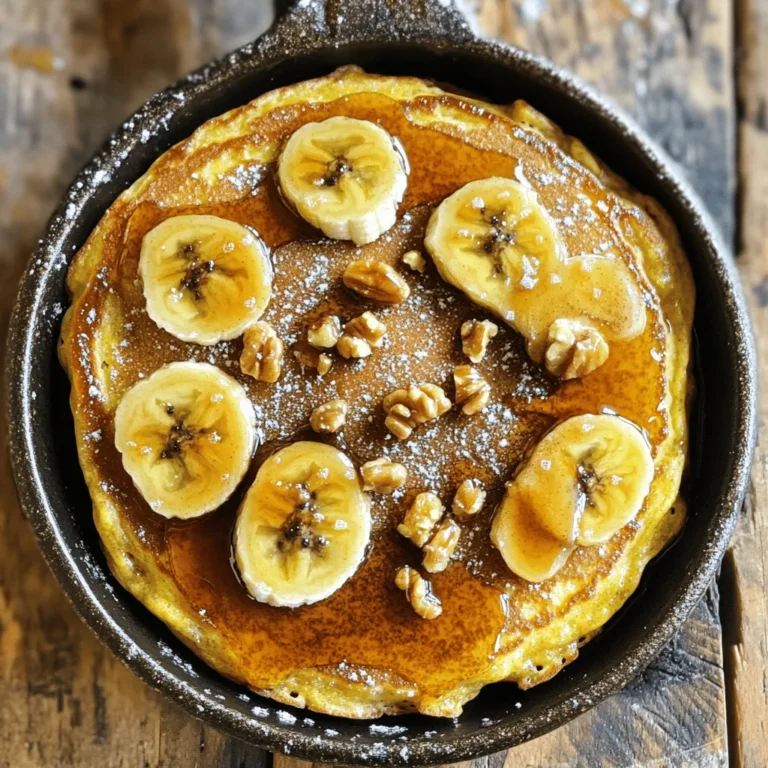 Für die Pfannkuchen brauche ich einige Grundzutaten: - 1 Tasse Allzweckmehl - 1 Esslöffel Backpulver - 1 Esslöffel Zucker - ½ Teelöffel Salz - 1 Tasse Milch - 1 großes Ei - 2 Esslöffel geschmolzene Butter (plus mehr für die Pfanne) Diese Zutaten sind wichtig. Sie geben den Pfannkuchen ihre Struktur und den richtigen Geschmack. Um die Bananen perfekt zu karamellisieren, verwende ich: - 2 reife Bananen, in Scheiben geschnitten - 3 Esslöffel brauner Zucker - 1 Teelöffel Zimt Die Kombination aus braunem Zucker und Zimt macht die Bananen süß und aromatisch. So entsteht ein köstliches Aroma. Für das Topping nutze ich gern: - Ahornsirup (zum Servieren) - Gehackte Walnüsse oder Pekannüsse (nach Belieben) Diese Garnierungen machen die Pfannkuchen noch leckerer. Sie fügen eine knackige Textur hinzu und passen gut zu den süßen Bananen. Zuerst nimm eine große Schüssel. Füge das Allzweckmehl, Backpulver, Zucker und Salz hinzu. Rühre alles gut um. Es ist wichtig, dass die trockenen Zutaten gut vermischt sind. So wird der Teig gleichmäßig. In einer anderen Schüssel kommen die Milch, das Ei, die geschmolzene Butter und der Vanilleextrakt. Vermische diese Zutaten gut. Gieße die feuchte Mischung in die Schüssel mit den trockenen Zutaten. Rühre sanft, bis alles gerade so verbunden ist. Achte darauf, nicht zu lange zu mischen. Ein paar Klumpen sind okay. Erhitze eine große Pfanne bei mittlerer Hitze. Gib etwas Butter in die Pfanne. Streue den braunen Zucker und den Zimt gleichmäßig auf die heiße Pfanne. Lege die Bananenscheiben hinein und koche sie für 2-3 Minuten. Wende die Bananen vorsichtig und koche sie bis sie goldbraun sind. Gieße den Pfannkuchenteig gleichmäßig über die karamellisierten Bananen. Lasse den Pfannkuchen 4-5 Minuten kochen, bis Blasen entstehen. Wende den Pfannkuchen mit einem großen Pfannenwender. Koche ihn für weitere 3-4 Minuten, bis die andere Seite goldbraun ist. Lass den Pfannkuchen zwei Minuten ruhen, bevor du ihn in Keile schneidest. Um Bananen perfekt zu karamellisieren, wähle reife Früchte. Sie sind süßer und weicher. Erhitze die Pfanne gut, bevor du die Bananen hinzufügst. Streue den braunen Zucker gleichmäßig über die Bananen. Achte darauf, die Temperatur nicht zu hoch zu wählen, damit der Zucker nicht verbrennt. Rühre die Bananen vorsichtig um, um eine gleichmäßige Karamellisierung zu erreichen. Das Wenden der Pfannkuchen ist der Schlüssel zu einem tollen Ergebnis. Warte, bis sich Blasen auf der Oberfläche bilden. Diese Blasen zeigen an, dass der Pfannkuchen fast gar ist. Verwende einen großen Pfannenwender und gehe vorsichtig vor. Schiebe den Wender unter den Pfannkuchen und hebe ihn schnell an. Das wird dir helfen, den Pfannkuchen nicht zu zerreißen. Für die perfekte Teigkonsistenz vermenge die trockenen und feuchten Zutaten nur kurz. Zu langes Rühren macht den Teig zäh. Der Teig sollte dick, aber gießbar sein. Füge bei Bedarf etwas mehr Milch hinzu, um die richtige Konsistenz zu erhalten. Wenn du klumpigen Teig hast, ist das in Ordnung. Klumpen tragen zur Textur bei. {{image_4}} Wenn du keine Bananen magst, probiere andere Früchte. Äpfel sind eine tolle Wahl. Schneide sie in dünne Scheiben. Du kannst auch Birnen oder Pfirsiche verwenden. Diese Früchte karamellisieren gut. Sie geben den Pfannkuchen einen süßen und fruchtigen Geschmack. Koche die Früchte wie in dem Rezept beschrieben. Das macht sie weich und lecker. Für eine glutenfreie Version nimm einfach glutenfreies Mehl. Achte darauf, dass es eine gute Mischung ist. Viele Marken bieten das an. Du kannst auch Mandelmehl oder Kokosmehl verwenden. Diese Optionen machen die Pfannkuchen gesund und lecker. Stelle sicher, dass alle anderen Zutaten glutenfrei sind. So kannst du die Pfannkuchen genießen, ohne dir Sorgen zu machen. Schokoladenstückchen sind eine süße Ergänzung. Füge sie einfach zum Teig hinzu, bevor du ihn in die Pfanne gießt. Sie schmelzen und geben einen tollen Geschmack. Du kannst auch Nüsse wie Walnüsse oder Pekannüsse verwenden. Hacke sie grob und streue sie auf die Bananen. Sie fügen einen knusprigen Biss hinzu. So wird deine Pfannkuchen-Pfanne noch besser! Wenn du Pfannkuchen übrig hast, lass sie zuerst abkühlen. Lege sie dann in einen luftdichten Behälter. Du kannst sie auch mit Frischhaltefolie abdecken. So bleiben sie frisch und lecker. Stelle den Behälter in den Kühlschrank. So bleiben die Pfannkuchen bis zu drei Tage gut. Karamellisierte Bananen-Pfannkuchen sind im Kühlschrank etwa drei Tage haltbar. Achte darauf, dass sie gut verpackt sind. Nach drei Tagen können sie an Geschmack verlieren. Ich empfehle, sie innerhalb dieser Zeit zu essen. Um die Pfannkuchen wieder warm zu machen, benutze eine Pfanne. Erhitze sie bei mittlerer Hitze. Lege die Pfannkuchen hinein und wärme sie für 2-3 Minuten auf jeder Seite. So bleiben sie weich und lecker. Du kannst auch die Mikrowelle benutzen. Stelle sie für 20-30 Sekunden aufwärmen, bis sie warm sind. Ja, du kannst den Teig im Voraus machen. Mische die trockenen und feuchten Zutaten wie im Rezept. Bewahre den Teig in einem luftdichten Behälter auf. Stelle ihn dann in den Kühlschrank. Er bleibt bis zu 24 Stunden frisch. Vor dem Kochen, rühre den Teig gut durch. Du musst vielleicht etwas Milch hinzufügen, wenn der Teig zu dick ist. Um das Anbrennen der Bananen zu vermeiden, achte auf die Hitze. Koche sie bei mittlerer Hitze, nicht zu heiß. Butter hilft ebenfalls. Wenn die Pfanne zu heiß ist, werden die Bananen schnell braun. Verwende gleichmäßig geschnittene Bananen. So garen sie gleichmäßig. Wenn du sie wendest, mache das vorsichtig. Ja, du kannst die Pfannkuchen einfrieren. Lass sie zuerst abkühlen. Lege sie dann in Schichten zwischen Backpapier. Verwende einen luftdichten Behälter oder einen Beutel. So bleiben sie frisch. Wenn du sie essen möchtest, erwärme sie in der Mikrowelle oder in der Pfanne. Sie schmecken fast wie frisch zubereitet! Dieser Artikel gab Ihnen eine klare Anleitung für leckere Pfannkuchen mit Karamellbananen. Sie lernte die Hauptzutaten und Optionen für kreative Garnierungen. Der Schritt-für-Schritt-Prozess vereinfacht das Backen. Tipps helfen Ihnen, perfekt zu karamellisieren und die richtige Teigkonsistenz zu finden. Variationen zeigen, wie Sie das Rezept anpassen können. Mit den Aufbewahrungsinformationen bleibt nichts übrig. Genießen Sie die Einfachheit und den Geschmack dieser Pfannkuchen jederzeit!