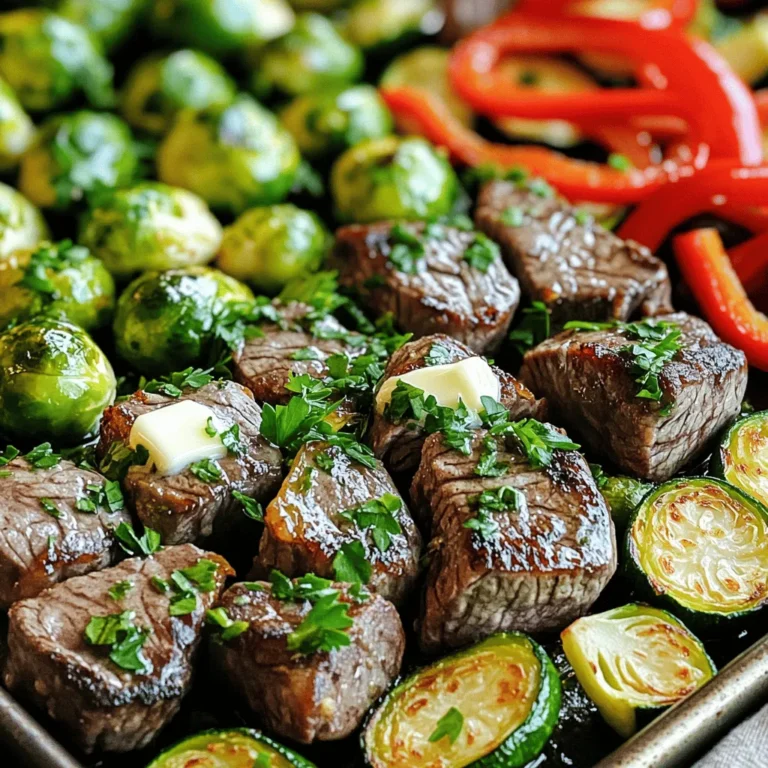 - 450 g Sirloin Steak - 500 g Rosenkohl - 1 rote Paprika - 1 Zucchini Die Hauptzutaten sind einfach und frisch. Das Sirloin Steak hat einen tollen Geschmack und eine gute Textur. Rosenkohl bringt Bitterkeit und Süße. Die rote Paprika sorgt für Knackigkeit und Farbe. Zucchini fügt sanfte Aromen hinzu und macht das Gericht bunt. - 30 g ungesalzene Butter - 4 Knoblauchzehen - 1 Teelöffel geräucherter Paprika - 1 Teelöffel getrockneter Oregano - Salz und Pfeffer Die Gewürze machen das Steak und das Gemüse lebendig. Knoblauch gibt einen starken Geschmack. Geräucherter Paprika bringt eine rauchige Note. Oregano fügt frische Kräuteraromen hinzu. Salz und Pfeffer runden alles ab. - Frische Petersilie Petersilie bringt Farbe und Frische. Sie gibt dem Gericht den letzten Schliff. Durch die Garnierung sieht das Essen einladend aus. So wird das Gericht noch leckerer. Zuerst müssen wir das Steak in Würfel schneiden. Nehmen Sie 450 g Sirloin Steak und schneiden Sie es in 2,5 cm große Würfel. Dann bereiten wir das Gemüse vor. Nehmen Sie 500 g Rosenkohl, putzen Sie ihn und halbieren Sie ihn. Schneiden Sie eine rote Paprika in Streifen. Schließlich schneiden Sie eine Zucchini in Halbmond-Scheiben. Jetzt haben wir alles bereit! Für die Knoblauchbutter nehmen wir 30 g ungesalzene Butter und schmelzen sie. In einer kleinen Schüssel vermengen wir die geschmolzene Butter mit 4 fein gehackten Knoblauchzehen. Fügen Sie 1 Teelöffel geräucherten Paprika und 1 Teelöffel getrockneten Oregano hinzu. Würzen Sie die Mischung mit Salz und Pfeffer nach Geschmack. Rühren Sie alles gut um. Jetzt kommt der spannende Teil! Nehmen Sie ein großes Blech und verteilen Sie das Gemüse gleichmäßig darauf. Beträufeln Sie das Gemüse mit 1 Esslöffel Olivenöl und würzen Sie es mit Salz und Pfeffer. Vermengen Sie alles gut, damit jedes Stück Gemüse gleichmäßig gewürzt ist. Gießen Sie die Hälfte der Knoblauchbutter über das Gemüse und mischen Sie es erneut. Ordnen Sie dann die Steakstücke gleichmäßig zwischen dem Gemüse an und träufeln Sie die restliche Knoblauchbutter darüber. Heizen Sie Ihren Ofen auf 200°C vor. Stellen Sie das Blech in den Ofen und backen Sie alles für 20-25 Minuten. Das Steak sollte nach Ihrem Geschmack gar sein, und das Gemüse sollte zart und karamellisiert sein. Wenn Sie eine leicht knusprige Oberfläche möchten, backen Sie es für 2-3 Minuten länger. Nehmen Sie das Blech aus dem Ofen und genießen Sie Ihr köstliches Gericht! Die Garstufen für Steak sind wichtig. Sie beeinflussen den Geschmack und die Textur. - Rare (blutig): 50-52°C, sehr zart und rot im Inneren. - Medium Rare (englisch): 55-57°C, rosa und saftig. - Medium (halb durch): 60-63°C, leicht rosa, zart. - Medium Well (gut durch): 65-68°C, wenig rosa, fester. - Well Done (durchgebraten): 70°C oder mehr, komplett durchgegart. Benutze ein Fleischthermometer für genaue Messungen. Lass das Steak nach dem Braten ruhen. So bleibt der Saft im Fleisch. Röste das Gemüse gleichmäßig für besten Geschmack. Achte auf diese Tipps: - Schneide das Gemüse in gleichmäßige Stücke. Das sorgt für gleichmäßige Garung. - Nutze ein großes Blech. Lass Platz zwischen den Gemüsestücken, damit die Hitze zirkulieren kann. - Verwende Olivenöl, um das Gemüse zu beschichten. So wird es schön knusprig. - Wende das Gemüse während des Garens. So bräunt es gleichmäßig und wird knusprig. Die Knoblauchbutter ist vielseitig und lecker. Probiere diese Variationen: - Füge frische Kräuter hinzu, wie Thymian oder Rosmarin. Sie geben mehr Aroma. - Experimentiere mit Gewürzen, wie Chili oder Kreuzkümmel. Das bringt neue Geschmäcker. - Nutze Zitronensaft für eine frische Note. - Ersetze die Butter durch Olivenöl für eine leichtere Option. Diese Variationen machen dein Gericht einzigartig und spannend. {{image_4}} Wenn Sie kein Steak mögen, probieren Sie Hähnchen oder Tofu. - Hähnchenbrust in Würfel schneiden. - Tofu in dicke Scheiben schneiden und gut pressen. Diese Optionen nehmen die Knoblauchbutter gut auf. Sie sind auch lecker und gesund. Fühlen Sie sich frei, andere Gemüsearten hinzuzufügen. - Karotten, Brokkoli oder Süßkartoffeln sind großartige Optionen. - Zucchini kann auch durch Auberginen ersetzt werden. Diese Variationen bringen neue Farben und Geschmäcker auf das Blech. Experimentieren Sie mit verschiedenen Gewürzen. - Asiatische Gewürze wie Ingwer oder Sojasauce passen gut. - Mediterrane Gewürze wie Thymian oder Rosmarin bringen frische Aromen. Diese Optionen machen Ihr Gericht noch spannender und aromatischer. Nach dem Kochen bleiben oft Reste übrig. Diese Reste sind einfach aufzubewahren. Legen Sie das Essen in einen luftdichten Behälter. So bleibt es frisch. Im Kühlschrank hält es sich etwa 3-4 Tage. Wenn Sie die Reste länger aufbewahren möchten, frieren Sie sie ein. In einem Gefrierbeutel oder einem gefrierfesten Behälter bleibt es bis zu 3 Monate gut. Um das Steak und Gemüse wieder aufzuwärmen, gibt es ein paar einfache Methoden. Sie können die Reste in der Mikrowelle erwärmen. Das geht schnell, dauert aber oft nur eine Minute. Stellen Sie die Mikrowelle auf mittlere Hitze. Eine andere gute Methode ist das Aufwärmen im Ofen. Heizen Sie den Ofen auf 180°C vor. Legen Sie das Essen in eine Auflaufform und decken Sie es mit Alufolie ab. So bleibt es saftig. Erwärmen Sie es etwa 10-15 Minuten, bis es heiß ist. Ein weiteres gutes Verfahren ist das Anbraten in einer Pfanne. So bleibt das Steak knusprig. Einfach etwas Öl in die Pfanne geben und das Essen bei mittlerer Hitze erhitzen. Die Reste von diesem Gericht halten sich gut im Kühlschrank. Sie können das Steak und das Gemüse bis zu drei Tage aufbewahren. Lagern Sie die Reste in einem luftdichten Behälter. Wenn Sie die Reste länger aufbewahren möchten, frieren Sie sie ein. Im Gefrierschrank bleiben sie bis zu drei Monate frisch. Achten Sie darauf, die Reste gut zu verpacken, um Gefrierbrand zu vermeiden. Ja, Sie können die Knoblauchbutter im Voraus machen. Bereiten Sie die Mischung aus Butter, Knoblauch und Gewürzen bis zu zwei Tage vorher vor. Lagern Sie die Knoblauchbutter in einem luftdichten Behälter im Kühlschrank. Vor der Verwendung sollten Sie die Butter leicht erwärmen, damit sie sich gut verteilen lässt. So sparen Sie Zeit, wenn Sie das Gericht zubereiten. Zu diesem Gericht passen viele Beilagen gut. Hier sind einige Vorschläge: - Ein frischer grüner Salat - Knuspriges Baguette oder Ciabatta - Reis oder Quinoa als Beilage - Kartoffelpüree oder Ofenkartoffeln Diese Beilagen ergänzen das Steak und die Gemüse perfekt und machen das Essen noch besser. In diesem Artikel haben wir die Zutaten und Schritte für ein schmackhaftes Gericht besprochen. Sie haben erfahren, wie Sie Sirloin Steak und Gemüse perfekt zubereiten. Tipps zur Knoblauchbutter und Variationen runden das Ganze ab. Denken Sie daran, mit verschiedenen Zutaten zu experimentieren. So bleibt das Kochen spannend und lecker. Genießen Sie Ihre Zeit in der Küche und die köstlichen Ergebnisse!