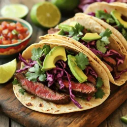 - 450 g Flankensteak - 2 Esslöffel Chipotle-Chilipulver - 1 Teelöffel Kreuzkümmel - 1 Teelöffel Knoblauchpulver - 2 Esslöffel Olivenöl - Saft von 2 Limetten - Salz und Pfeffer nach Geschmack - 8 kleine Maistortillas Das Flankensteak ist die Hauptzutat. Es hat viel Geschmack und ist zart. Chipotle-Chilipulver gibt den Tacos eine rauchige Note. Die Gewürze helfen, das Steak zu würzen. Maistortillas sind perfekt, um die Füllung zu halten. - 1 Tasse Rotkohl, in feine Streifen geschnitten - 1 reife Avocado, in Scheiben geschnitten - Frische Korianderblätter zur Garnitur - Limettenschnitze zum Servieren Rotkohl bringt Crunch und Farbe. Avocado macht die Tacos cremig. Koriander fügt einen frischen Geschmack hinzu. Limettenschnitze sind eine tolle Ergänzung, um mehr Frische zu bringen. - Grill oder Pfanne - Schüssel für Marinade - Schneidebrett und Messer Für die Zubereitung brauchst du einen Grill oder eine Pfanne. Sie helfen, das Steak gut zu garen. Eine Schüssel ist nötig, um die Marinade zu mischen. Ein Schneidebrett und ein Messer sind wichtig, um die Zutaten vorzubereiten. Zuerst bereite die Marinade vor. Nimm eine kleine Schüssel und mische folgende Zutaten: - 2 Esslöffel Chipotle-Chilipulver - 1 Teelöffel Kreuzkümmel - 1 Teelöffel Knoblauchpulver - 2 Esslöffel Olivenöl - Saft von 2 Limetten - Salz und Pfeffer nach Geschmack Rühre alles gut um, bis eine glatte Mischung entsteht. Nimm das Flankensteak und lege es in eine flache Schüssel oder in einen wiederverschließbaren Beutel. Gieße die Marinade gleichmäßig darüber. Massiere das Steak gut ein. Die Marinade hilft, das Fleisch zart und voller Geschmack zu machen. Lass das Steak mindestens 30 Minuten im Kühlschrank marinieren. Für mehr Geschmack ist eine Marinierzeit von 2 Stunden ideal. Jetzt ist es Zeit, den Grill vorzubereiten. Heize den Grill auf mittelhohe Hitze vor. Wenn der Grill heiß ist, nimm das Steak aus der Marinade. Wirf die Marinade weg, da sie nicht mehr gebraucht wird. Lege das Steak auf den Grill und grille es 4-5 Minuten auf jeder Seite. Das Steak sollte eine Innentemperatur von 54°C haben, wenn du es medium magst. Nach dem Grillen nimm das Steak vom Grill und lass es 5-10 Minuten ruhen. Das Ruhen ist wichtig, damit die Säfte im Fleisch bleiben. Nach dem Ruhen schneide das Steak in dünne Scheiben quer zur Faser. Während das Steak ruht, erwärme die Maistortillas auf dem Grill. Grille sie etwa 30 Sekunden pro Seite, bis sie weich und biegsam sind. Jetzt kannst du die Tacos zusammenstellen. Nimm eine Tortilla und lege einige Scheiben Steak darauf. Füge die folgenden frischen Zutaten hinzu: - 1 Tasse Rotkohl, in feine Streifen geschnitten - 1 reife Avocado, in Scheiben geschnitten - Frische Korianderblätter zur Garnitur Serviere die Tacos mit Limettenschnitzen an der Seite. So kann jeder nach Belieben Limettensaft über seine Tacos träufeln. Das bringt einen frischen Geschmack! Die Marinierzeit ist wichtig für den Geschmack. Die Mindestzeit beträgt 30 Minuten. Für besten Geschmack empfehle ich, das Steak zwei Stunden zu marinieren. Das gibt den Aromen Zeit, in das Fleisch einzudringen. Wenn du wirklich viel Zeit hast, kannst du das Steak auch über Nacht marinieren. So wird der Geschmack noch intensiver. Das Steak kann in verschiedenen Garstufen zubereitet werden. Für rare sollte die Innentemperatur 50°C (120°F) betragen. Medium-rare liegt bei 54°C (130°F). Für medium, ziele auf 60°C (140°F). Wenn du es gut durchgebraten magst, solltest du 70°C (160°F) oder mehr erreichen. Achte darauf, das Steak nach dem Grillen ruhen zu lassen. Dies hilft, den Saft zu behalten. Die Präsentation macht viel aus. Staple die Tacos auf einem Holzbrett. Das sieht nicht nur schön aus, sondern macht auch Appetit. Garnieren kannst du sie mit frischem Koriander und Limettenschnitzen. Ein kleiner Schüssel mit Salsa daneben sorgt für Farbe. Dies macht die Tacos noch einladender. {{image_4}} Wenn du kein Flankensteak magst, probiere Hähnchen. Hähnchenbrust nimmt die Marinade gut auf. Du kannst auch Gemüse verwenden. Gegrillte Paprika, Zucchini und Pilze sind lecker. Diese Optionen sind gut für Vegetarier und gesunde Esser. Sie bieten viel Geschmack und Textur. Die Saucen machen die Tacos besonders. Salsa bringt frische und Fruchtigkeit. Guacamole gibt Cremigkeit und einen tollen Geschmack. Du kannst auch Joghurt verwenden, um etwas Frische hinzuzufügen. Probiere scharfe Salsas für mehr Kick. Oder mache eine milde Variante für Kinder. Beilagen machen das Essen kompletter. Serviere Reis oder Bohnen als Beilage. Ein einfacher grüner Salat passt auch gut. Du kannst auch Nachos mit Käse dazu anbieten. Limettenschnitze sind super, um den Geschmack zu verstärken. Jeder kann nach Belieben nachwürzen. Um übrig gebliebene Tacos aufzubewahren, lege sie in einen luftdichten Behälter. Du kannst sie auch einzeln in Folie wickeln. So bleiben sie frisch. Kühle sie im Kühlschrank. Sie sind bis zu drei Tage haltbar. Zum Aufwärmen lege sie in die Mikrowelle oder auf den Grill. Achte darauf, dass du sie nicht zu lange erhitzt. Für den vollen Geschmack lagere das Steak gut verpackt im Kühlschrank. Verwende Frischhaltefolie oder einen luftdichten Behälter. So bleibt das Steak saftig und zart. Es hält sich etwa drei bis fünf Tage. Wenn das Steak richtig gelagert ist, bleibt der Geschmack frisch und lecker. Um Tacos für später einzufrieren, teile die Zutaten auf. Wickele das Steak in Frischhaltefolie und lege es in einen Gefrierbeutel. So bleibt es bis zu drei Monate haltbar. Du kannst auch die Tortillas und das Gemüse getrennt einfrieren. Wenn du bereit bist, sie zu benutzen, lasse alles im Kühlschrank auftauen. So sind sie schnell wieder einsatzbereit. Um die Tacos schärfer zu machen, füge mehr Chipotle-Chilipulver hinzu. Du kannst auch frische Jalapeños oder andere scharfe Chilis verwenden. Ein weiterer Tipp ist, einen Spritzer scharfer Sauce auf die Tacos zu geben. Experimentiere mit den Mengen, um deinen perfekten Schärfegrad zu finden. Ja, du kannst das Rezept ohne Grill zubereiten. Nutze eine Grillpfanne oder eine normale Pfanne. Erhitze die Pfanne auf mittelhohe Hitze und grille das Steak dort. Achte darauf, es regelmäßig zu wenden. So erhältst du ein leckeres Ergebnis, auch ohne Grill. Das Steak kann bis zu 2 Stunden marinieren. Für den besten Geschmack empfehle ich, es mindestens 30 Minuten marinieren zu lassen. Längeres Marinieren wird das Steak zarter machen. Achte darauf, das Steak nicht über Nacht zu marinieren, da es sonst zu salzig werden kann. Das Rezept zeigt, wie man köstliche Tacos mit Flankensteak zubereitet. Wir haben die Hauptzutaten, frisch und nützlich, sowie die Utensilien besprochen. Ich erklärte die Schritte zum Marinieren, Grillen und Zusammenstellen der Tacos. Tipps zur Aufbewahrung und Variationen rundeten den Beitrag ab. Denke daran, mit den Zutaten zu experimentieren. Probiere verschiedene Saucen und Beilagen aus. So machst du deine Tacos noch besser! Gutes Essen bringt Freude, also viel Spaß beim Kochen!