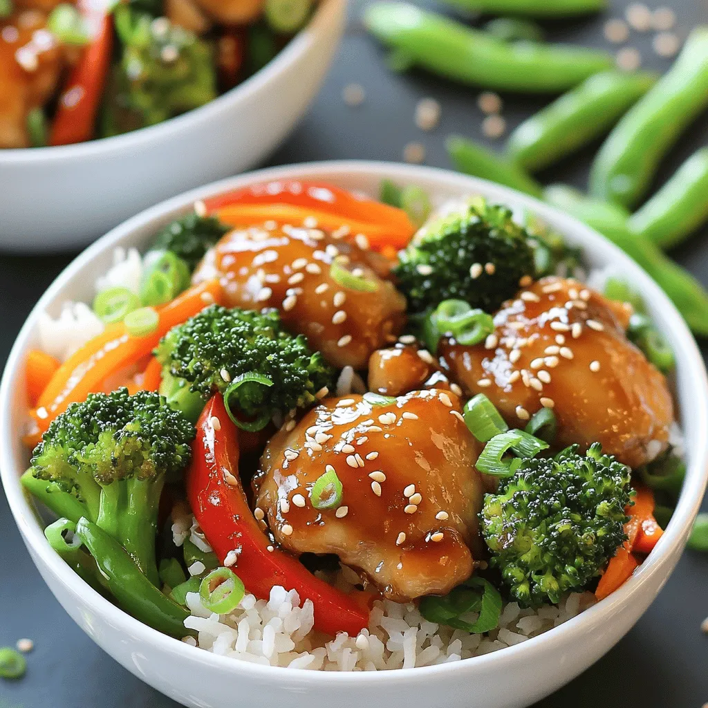 - 450 g Hähnchenschenkel, entbeint und ohne Haut, in mundgerechte Stücke geschnitten - 1 Tasse Brokkoliröschen - 1 rote Paprika, in Streifen geschnitten - 1 Karotte, in Julienne geschnitten - ½ Tasse Zuckerschoten Die Hauptzutaten sind einfach und frisch. Hähnchenschenkel machen das Gericht saftig und schmackhaft. Brokkoli, Paprika, Karotte und Zuckerschoten bringen Farbe und Crunch. Verwende frisches Gemüse für den besten Geschmack. - 2 Esslöffel Sojasauce - 1 Esslöffel Honig - 1 Esslöffel Reisessig - 3 Knoblauchzehen, fein gehackt - Ein 2,5 cm großes Stück Ingwer, gerieben Die Marinade ist entscheidend für den Geschmack. Sojasauce gibt einen salzigen Kick. Honig sorgt für Süße. Reisessig bringt Säure. Knoblauch und Ingwer machen alles würziger. Lass das Hähnchen mindestens 15 Minuten marinieren. So ziehen die Aromen gut ein. - Gekochter Jasminreis oder Quinoa - 2 Esslöffel Sesamkörner - 3 Frühlingszwiebeln, gehackt Jasminreis oder Quinoa sind perfekte Beilagen. Sie nehmen die Saucen gut auf. Sesamkörner geben einen nussigen Crunch. Frühlingszwiebeln bringen Frische. Garniere die Schalen schön, um das Gericht ansprechend zu machen. Für die Marinade mische ich Sojasauce, Honig, Reisessig, gehackten Knoblauch, geriebenen Ingwer und Maisstärke in einer Schüssel. Diese Mischung sorgt für viel Geschmack. Ich lege die Hähnchenstücke in die Marinade und lasse sie mindestens 15 Minuten ziehen. So kann das Hähnchen die Aromen gut aufnehmen. Ich erhitze 1 Esslöffel Sesamöl in einer großen Pfanne oder einem Wok. Bei mittlerer bis hoher Hitze brate ich das marinierte Hähnchen. Nach etwa 5-7 Minuten ist es goldbraun und durchgegart. Dann nehme ich das Hähnchen aus der Pfanne und stelle es beiseite. Jetzt kommt das Gemüse. In derselben Pfanne erhitze ich das restliche Sesamöl. Ich füge Brokkoli, rote Paprika, Karotte und Zuckerschoten hinzu. Ich brate das Gemüse für 3-5 Minuten. Es sollte knackig und zart sein. So bleibt die richtige Textur erhalten. Ich gebe das gebratene Hähnchen zurück in die Pfanne. Dann mische ich alles gut durch. Um das Gericht zu verfeinern, streue ich Sesamkörner darüber. Ich lasse alles für 2 Minuten zusammen kochen, damit die Aromen sich gut verbinden. Das fertige Gericht richte ich über einem Bett aus gekochtem Jasminreis oder Quinoa an. Ich garniere es mit gehackten Frühlingszwiebeln und vielleicht noch mehr Sesamkörnern. So sieht das Gericht nicht nur gut aus, sondern schmeckt auch köstlich. Um den Geschmack zu verbessern, verlängere die Marinierzeit auf mindestens 30 Minuten. So ziehen die Aromen tiefer ein. Frisch gehackte Kräuter wie Koriander oder Basilikum bringen mehr Frische ins Gericht. Sie geben dem Sesam-Hähnchen-Bowl eine tolle Note. Halte das Gemüse knackig, indem du es nur kurz brätst. Überkoche das Hähnchen nicht, da es sonst trocken wird. Achte darauf, dass es goldbraun und saftig bleibt. So bleibt die Textur perfekt und alle Zutaten harmonieren gut. Schichte die Zutaten farbenfroh in die Schalen. Beginne mit einer Schicht Reis oder Quinoa. Füge dann das Hähnchen und das Gemüse hinzu. Garniere das Gericht mit frischen Korianderblättern oder weiteren Sesamkörnern. Das sieht nicht nur toll aus, sondern schmeckt auch besser! {{image_4}} Wenn du eine vegane oder vegetarische Option suchst, probiere Tofu oder Tempeh anstelle von Hähnchen. Diese Proteine nehmen die Marinade gut auf und bieten eine tolle Textur. Du kannst auch die Gemüsevielfalt anpassen. Füge dein Lieblingsgemüse hinzu, wie Zucchini oder Spinat, um das Gericht noch bunter zu machen. Für mehr Geschmack kannst du zusätzliche Gewürze hinzufügen. Chilis bringen Schärfe, während Erdnüsse einen nussigen Crunch bieten. Experimentiere mit verschiedenen Saucen, wie Erdnuss- oder Teriyaki-Sauce. So erhältst du immer wieder neue Aromen in deinen Bowls. Du kannst das Gericht auch als Salat servieren. Mische frisches Blattgemüse mit der Hühnchen-Gemüse-Mischung. Das gibt einen tollen Biss! Alternativ kannst du Wraps oder Pfannkuchen machen. Fülle sie mit der Mischung und genieße sie als schnelles Mittagessen oder Snack. Bewahren Sie die Reste in einem luftdichten Behälter im Kühlschrank auf. Frische Reste bleiben dort bis zu drei Tage gut. Achten Sie darauf, das Gericht gut zu verschließen, damit es nicht austrocknet oder Gerüche aufnimmt. Um die Sesam-Hähnchen-Bowls wieder warm zu machen, nutzen Sie die Mikrowelle oder eine Pfanne. In der Mikrowelle erhitzen Sie das Essen in kurzen Intervallen. Rühren Sie es dabei um, um eine gleichmäßige Wärme zu erreichen. In der Pfanne können Sie etwas Wasser hinzufügen, um die Konsistenz zu bewahren. So bleibt das Gemüse knackig und das Hähnchen zart. Wenn Sie die Bowls länger aufbewahren möchten, können Sie sie einfrieren. Teilen Sie die Portionen in geeignete Behälter auf. Achten Sie darauf, die Bowls gut zu beschriften mit Datum und Inhalt. Zum Aufwärmen nach dem Auftauen, lassen Sie die Bowls im Kühlschrank über Nacht auftauen. Erhitzen Sie sie dann wie oben beschrieben. So bleibt der Geschmack frisch und lecker. Ja, du kannst das Hähnchen grillen. Grille die Stücke bei mittlerer Hitze. Achte darauf, dass die Grilltemperatur etwa 180 °C beträgt. So bleibt das Hähnchen saftig und erhält schöne Grillmarkierungen. Drehe die Stücke regelmäßig, damit sie gleichmäßig garen. Um das Rezept glutenfrei zu machen, nutze glutenfreie Sojasauce. Diese ist in vielen Läden erhältlich. Du kannst auch Tamari oder Kokosaminos verwenden. Beide sind gute Alternativen und schmecken ebenfalls lecker. Achte darauf, dass auch andere Zutaten glutenfrei sind. Wenn du keinen Honig verwenden möchtest, gibt es gute Alternativen. Agavendicksaft ist eine vegane Option. Du kannst auch Ahornsirup nehmen, um die Süße zu ersetzen. Beide Varianten geben dem Gericht einen tollen Geschmack. Ja, du kannst das Gemüse nach Belieben ändern. Nutze saisonales Gemüse, das du magst. Zum Beispiel, Zucchini, Pilze oder grüne Bohnen passen gut. So bleibt das Gericht frisch und abwechslungsreich. Ja, diese Sesam-Hähnchen-Bowl eignet sich gut für Meal Prep. Bereite mehrere Portionen vor und lagere sie im Kühlschrank. Du kannst die Bowls in luftdichten Behältern aufbewahren. Sie halten sich bis zu vier Tage frisch. Erwärme sie einfach in der Mikrowelle oder in einer Pfanne, wenn du bereit bist, zu essen. Dieses Rezept für mariniertes Hähnchen mit Gemüse ist vielseitig und einfach. Wir haben Marinade, Zubereitungsschritte und Tipps behandelt. Du kannst mit Aromen spielen und das Gericht anpassen. Denke daran, Gemüse knackig zu halten und Hähnchen nicht zu überkochen. Mit diesen Tipps bereitest du ein leckeres Gericht vor. Ob für dich, deine Familie oder Freunde – diese Optionen sind einfach köstlich. Genieße dein Essen und die gemeinsamen Momente damit!