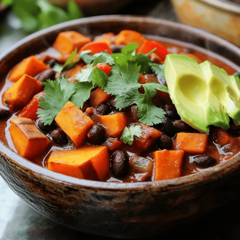 - 2 mittelgroße Süßkartoffeln, geschält und gewürfelt - 1 Dose (425 g) schwarze Bohnen, abgetropft und gespült - 1 Dose (425 g) gewürfelte Tomaten, mit Saft In diesem Rezept spielen die Süßkartoffeln eine große Rolle. Sie sind süß und cremig. Die schwarzen Bohnen sorgen für Protein und Ballaststoffe. Die gewürfelten Tomaten bringen Frische und eine schöne Farbe ins Gericht. - 2 Esslöffel Olivenöl - 2 Teelöffel Chilipulver - 1 Teelöffel Kreuzkümmel - 1 Teelöffel geräuchertes Paprikapulver - ½ Teelöffel Cayenne-Pfeffer (nach Geschmack anpassen) Die Gewürze sind wichtig für den Geschmack. Olivenöl hilft, die Zutaten gut zu vermischen. Chilipulver gibt dem Chili eine schöne Schärfe. Kreuzkümmel und geräuchertes Paprikapulver fügen Tiefe und Wärme hinzu. Cayenne-Pfeffer kann nach Geschmack angepasst werden. - Frischer Koriander zum Garnieren - Avocadoscheiben zum Servieren - Saure Sahne oder Käse für eine cremige Note Diese Zutaten sind nicht nötig, aber sie machen das Chili noch besser. Frischer Koriander gibt einen frischen Geschmack. Avocadoscheiben fügen eine cremige Textur hinzu. Ein Klecks saure Sahne oder ein bisschen Käse kann das Gericht abrunden. - Zwiebel und Knoblauch würfeln: Nimm eine Zwiebel und schneide sie in kleine Stücke. Hacke zwei Knoblauchzehen fein. - Süßkartoffeln schälen und würfeln: Schäle zwei mittelgroße Süßkartoffeln. Schneide sie in kleine Würfel. - Paprika vorbereiten: Nimm eine rote und eine grüne Paprika. Schneide beide in kleine Stücke. - Zwiebel und Paprika anbraten: Erhitze zwei Esslöffel Olivenöl in einem großen Topf. Füge die Zwiebel hinzu und brate sie fünf Minuten an. Gib dann die gewürfelte Paprika dazu und koche alles weitere vier bis fünf Minuten. - Süßkartoffeln und Gewürze hinzufügen: Jetzt kommen die Süßkartoffeln in den Topf. Rühre gut um und lasse alles drei bis vier Minuten kochen. Streue zwei Teelöffel Chilipulver, einen Teelöffel Kreuzkümmel, einen Teelöffel geräuchertes Paprikapulver und einen halben Teelöffel Cayenne-Pfeffer hinein. - Tomaten und Brühe einrühren: Gieße eine Dose gewürfelte Tomaten mit ihrem Saft und 500 ml Gemüsebrühe hinzu. Bringe alles zum Kochen, dann reduziere die Hitze. Lass das Chili 25 bis 30 Minuten köcheln, bis die Süßkartoffeln zart sind. - Schwarze Bohnen hinzufügen: Nach dem Köcheln füge eine Dose schwarze Bohnen hinzu. Lass das Chili weitere fünf bis zehn Minuten köcheln, damit alles gut durchwärmt ist. - Abgeschmecken und Servieren: Schmecke das Chili mit Salz und Pfeffer ab. Lass es ein paar Minuten ruhen, bevor du es servierst. - Präsentationstipps: Serviere das Chili in Schalen. Garniere es mit frisch gehacktem Koriander und Avocadoscheiben für eine cremige Note. Um die perfekte Konsistenz für dein Süßkartoffel Schwarze Bohnen Chili zu erzielen, kannst du die Brühe anpassen. Wenn du das Chili dicker magst, verwende weniger Brühe. Möchtest du es dünner, füge mehr Brühe hinzu. Die Kochzeit ist ebenfalls wichtig. Längeres Kochen macht die Süßkartoffeln weicher. Achte darauf, dass sie nicht zerfallen. Die Gewürze sind der Schlüssel zum Geschmack. Du kannst mit verschiedenen Gewürzen experimentieren. Zum Beispiel passen Oregano oder Lorbeerblätter gut dazu. Wenn du es schärfer magst, erhöhe den Cayenne-Pfeffer. Du kannst auch frische Chilis hinzufügen, um mehr Geschmack zu bekommen. Probiere einfach aus, was dir gefällt. Beim Servieren gibt es viele kreative Optionen. Beliebte Beilagen sind frischer Koriander und Avocadoscheiben. Ein Klecks saure Sahne oder etwas Käse macht das Gericht noch leckerer. Du kannst das Chili auch in großen Schalen anrichten und die Beilagen separat anbieten. So kann jeder nach seinem Geschmack garnieren. {{image_4}} Für eine vegane Version des Chili können Sie einige Zutaten leicht anpassen. Verwenden Sie Gemüsebrühe ohne tierische Produkte. Anstelle von saurer Sahne können Sie pflanzliche Alternativen wie Cashew-Creme verwenden. Ein weiterer Tipp ist, verschiedene Bohnen zu nutzen. Kidneybohnen oder Pintobohnen passen auch gut. Diese Varianten geben dem Gericht neue Geschmäcker und Texturen. Wenn Sie mehr Protein möchten, fügen Sie Fleisch wie Rinderhack oder Hähnchen hinzu. Braten Sie das Fleisch zuerst in dem Olivenöl an, bevor Sie das Gemüse hinzufügen. Eine tolle pflanzliche Option ist Tofu. Schneiden Sie ihn in kleine Würfel und braten Sie ihn an, bis er goldbraun ist. So bekommt das Chili mehr Substanz und bleibt dennoch lecker. Nutzen Sie saisonales Gemüse, um das Chili zu bereichern. Im Frühling können Sie Zucchini oder frischen Spinat hinzufügen. Im Herbst sind Kürbis oder Karotten eine gute Wahl. Diese Zutaten bringen frische Aromen und Farben in Ihr Chili. Passen Sie je nach Jahreszeit die Gewürze an. Im Winter können Sie mehr Cayenne-Pfeffer nutzen, um das Gericht wärmer zu machen. Um dein Chili frisch zu halten, wähle einen luftdichten Aufbewahrungsbehälter. Ein Glas- oder Plastikbehälter funktioniert gut. Fülle das Chili abgekühlt in den Behälter. Im Kühlschrank bleibt es bis zu 5 Tage haltbar. Um das Chili einzufrieren, lasse es zuerst vollständig abkühlen. Fülle es dann in einen gefrierfesten Behälter oder einen Gefrierbeutel. Achte darauf, etwas Platz zu lassen, da sich das Chili beim Gefrieren ausdehnt. Du kannst es bis zu 3 Monate einfrieren. Zum Auftauen lege das Chili einfach über Nacht in den Kühlschrank. Du kannst es auch schneller im Mikrowellenofen auftauen. Danach erwärmst du es in einem Topf bei mittlerer Hitze. Rühre dabei oft um, damit es gleichmäßig warm wird. Wenn du Reste hast, kannst du damit neue Gerichte machen. Mische das Chili mit Reis oder Quinoa für eine vollständige Mahlzeit. Du kannst auch Nachos damit belegen oder in Tortillas wickeln. Wenn du es aufwärmst, füge einen Spritzer Wasser oder Brühe hinzu. So bleibt es nicht zu dick. Du kannst das Chili auch mit frischen Kräutern oder Avocadoscheiben aufpeppen. Das Chili hält sich gut im Kühlschrank. Bewahre es in einem luftdichten Behälter auf. So bleibt es frisch. Du kannst es bis zu fünf Tage genießen. Wenn du es länger aufbewahren möchtest, friere es ein. Das Chili bleibt bis zu drei Monate im Gefrierfach. Ja, du kannst das Chili im Voraus machen. Die Zubereitungszeit beträgt etwa 15 Minuten. Danach kannst du es sofort kochen. Lass es dann abkühlen und lagere es im Kühlschrank. So kannst du es an einem anderen Tag genießen. Zu diesem Chili passen viele Beilagen. Einige beliebte Optionen sind: - Reis - Tortillas - Brot - Guacamole - Frischer Salat Diese Beilagen ergänzen das Chili und machen das Essen noch besser. Ja, das Rezept ist sehr anpassbar. Du kannst die Gemüsearten ändern. Füge Zucchini oder Karotten hinzu. Auch die Bohnen kannst du variieren. Verwende Kidneybohnen oder weiße Bohnen. So kannst du das Chili an deine Diät oder Vorlieben anpassen. Die Schärfe hängt von deinem Geschmack ab. Du kannst den Cayenne-Pfeffer anpassen. Wenn du es milder magst, verwende weniger. Möchtest du mehr Schärfe? Dann füge mehr Chilipulver hinzu. So passt du das Chili ganz nach deinem Geschmack an. Das Chili-Rezept bietet dir einen klaren Überblick. Du hast gelernt, welche Zutaten wichtig sind, wie du sie zubereitest und welche Varianten möglich sind. Du kannst das Chili nach deinem Geschmack anpassen und kreativ genießen. Die Aufbewahrung und Nutzung von Resten sorgt dafür, dass wenig verschwendet wird. Experimentiere mit den gewählten Zutaten und find heraus, was dir am besten gefällt. Viel Spaß beim Kochen und Genießen deines Chilis!