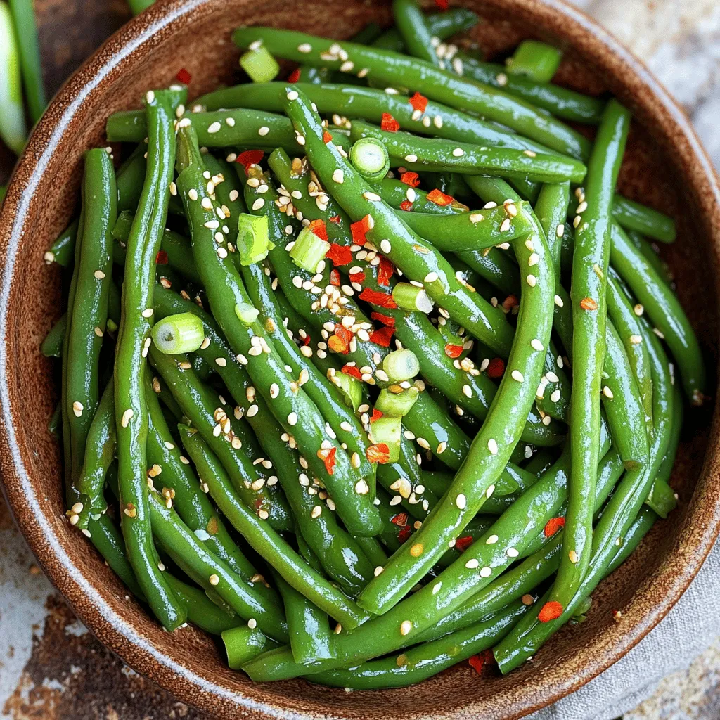 - 450 g frische grüne Bohnen, geputzt - 4 Knoblauchzehen, fein gehackt - 2 Esslöffel Olivenöl Die frischen grünen Bohnen sind der Star dieses Gerichts. Sie bringen eine knackige Textur und einen süßen Geschmack. Knoblauch ist wichtig. Er sorgt für einen intensiven, aromatischen Kick. Olivenöl hilft, die Aromen zu verbinden und gibt einen schönen Glanz. - 1 Esslöffel Sojasauce - 1 Teelöffel rote Pfefferflocken - 1 Teelöffel Sesamöl Die Sojasauce sorgt für eine salzige Tiefe. Sie ergänzt die Süße der Bohnen perfekt. Rote Pfefferflocken geben den gewünschten Schärfegrad. Du kannst die Menge nach deinem Geschmack anpassen. Sesamöl bringt einen nussigen Geschmack, der das Gericht abrundet. - 1 Esslöffel Honig oder Ahornsirup - Salz und schwarzer Pfeffer nach Geschmack - 2 Esslöffel geröstete Sesamsamen und Frühlingszwiebeln zur Garnitur Honig oder Ahornsirup fügt eine angenehme Süße hinzu. Diese Balance ist wichtig, um die Schärfe der Pfefferflocken auszugleichen. Salz und schwarzer Pfeffer bringen den Geschmack auf den Punkt. Geröstete Sesamsamen und gehackte Frühlingszwiebeln verleihen Farbe und zusätzlichen Crunch. Zuerst bringe ich einen großen Topf mit gesalzenem Wasser zum Kochen. Die Bohnen müssen frisch und geputzt sein. Ich gebe die grünen Bohnen ins kochende Wasser und blanchiere sie für etwa drei Minuten. Sie sollten leuchtend grün und leicht zart sein. Nach der Zeit nehme ich die Bohnen aus dem Wasser. Sofort danach kommen die Bohnen in ein Eiswasserbad. Das Schockieren stoppt den Garprozess. Es hilft, die Farbe und den Crunch zu bewahren. Ich lasse die Bohnen im Eiswasser, bis sie abgekühlt sind. Danach seie ich sie ab und stelle sie beiseite. Jetzt mache ich die Soße. In einer kleinen Schüssel mische ich Sojasauce, rote Pfefferflocken, Sesamöl und Honig gut zusammen. Das stelle ich beiseite. In einer großen Pfanne erhitze ich Olivenöl bei mittlerer Hitze. Ich füge den fein gehackten Knoblauch hinzu und brate ihn für ein bis zwei Minuten. Der Knoblauch sollte duften, aber nicht braun sein. Dann gebe ich die blanchierten Bohnen in die Pfanne. Ich schwenke die Bohnen im Knoblauchöl und brate sie etwa fünf bis sieben Minuten, bis sie durchgewärmt sind. Nun gieße ich die vorbereitete Soße über die Bohnen. Ich vermenge alles gut und lasse es für zwei bis drei Minuten kochen. Die Soße sollte heiß und leicht eingedickt sein. Zum Schluss schmecke ich die Bohnen mit Salz und schwarzem Pfeffer ab. Jetzt sind sie fertig zum Servieren! - Tipps zur Garzeit: Blanchiere die grünen Bohnen nur drei Minuten. Sie sollen leuchtend grün und leicht zart sein. - Vermeidung von Überkochen: Achte darauf, die Bohnen sofort ins Eiswasser zu geben. So stoppt der Garprozess. - Temperaturkontrolle: Erhitze das Olivenöl auf mittlerer Hitze. Zu hohe Hitze kann den Knoblauch verbrennen. - Vermeidung des Verbrennens: Brate den Knoblauch nur ein bis zwei Minuten. Er soll duften, nicht braun werden. - Variieren der Schärfe: Füge rote Pfefferflocken nach Geschmack hinzu. Du kannst die Schärfe leicht anpassen. - Alternative Süßungsmittel: Nutze Honig oder Ahornsirup. Beide geben der Soße eine süße Note. {{image_4}} Wenn du einen Ersatz für Honig suchst, nutze Ahornsirup. Dieser gibt eine süße Note ohne tierische Produkte. Du kannst auch Agavendicksaft verwenden. Beide Optionen passen gut zu den scharfen Aromen der Bohnen. Erdnüsse oder Cashews bringen eine knusprige Textur ins Gericht. Füge sie am Ende des Kochens hinzu. So bleiben sie schön knackig. Du kannst die Nüsse auch leicht rösten, um den Geschmack zu intensivieren. Das gibt den Bohnen einen extra Kick. Mische die grünen Bohnen mit anderen Gemüsearten. Paprika, Zucchini oder Karotten sind gute Optionen. Diese Gemüsesorten bringen Farben und zusätzliche Nährstoffe. Sie schmecken auch lecker, wenn sie mit der Knoblauchsoße kombiniert werden. Experimentiere mit verschiedenen Kombinationen für neue Geschmackserlebnisse. Scharfe Knoblauchgrüne Bohnen bleiben frisch, wenn du sie richtig lagerst. Du kannst die Bohnen in einem luftdichten Behälter im Kühlschrank aufbewahren. Sie halten sich dort bis zu drei Tage. Achte darauf, dass sie vollständig abgekühlt sind, bevor du sie in den Kühlschrank stellst. So vermeidest du, dass sie matschig werden. Wenn du mehr Bohnen hast, kannst du sie einfrieren. Zuerst blanchierst du die Bohnen wie im Rezept angegeben. Dann legst du die Bohnen auf ein Backblech und frierst sie etwa eine Stunde lang ein. So kleben sie nicht zusammen. Nach dem Einfrieren kannst du sie in einen Gefrierbeutel umfüllen. Sie halten sich bis zu drei Monate im Gefrierfach. Um die Bohnen aufzuwärmen, empfehle ich, sie in einer Pfanne bei mittlerer Hitze zu erhitzen. Füge einen Spritzer Wasser oder etwas Olivenöl hinzu. So bleiben sie knusprig und lecker. Du kannst sie auch in der Mikrowelle erwärmen. Stelle die Bohnen in eine mikrowellengeeignete Schüssel und decke sie ab. Erhitze sie in kurzen Intervallen, bis sie warm sind. Scharfe Knoblauchgrüne Bohnen sind im Kühlschrank etwa 3-4 Tage haltbar. Bewahre sie in einem luftdichten Behälter auf. Wenn du sie einfrierst, bleiben sie bis zu 3 Monate frisch. Achte darauf, sie gut zu verpacken, um Gefrierbrand zu vermeiden. Ja, du kannst die Bohnen im Voraus zubereiten. Blanchiere die Bohnen und schockiere sie in Eiswasser. Nach dem Abkühlen kannst du sie in einem Behälter im Kühlschrank aufbewahren. So sparst du Zeit, wenn du sie später anbraten möchtest. Du kannst auch die Soße im Voraus zubereiten und im Kühlschrank lagern. Scharfe Knoblauchgrüne Bohnen passen gut zu vielen Gerichten. Hier sind einige Vorschläge: - Gegrilltes Hähnchen oder Tofu - Reis oder Quinoa - Gebratene Nudeln - Süßkartoffeln oder Kartoffelbrei Diese Kombinationen bringen Abwechslung auf den Teller und ergänzen den scharfen Geschmack der Bohnen. Scharfe Knoblauchgrüne Bohnen sind ein einfaches und leckeres Gericht. Du hast gelernt, welche Zutaten du brauchst und wie du die Bohnen zubereitest. Die Anleitung hilft dir, perfekte, knackige Bohnen zu kochen. Mit Tipps zur Sauce und Variationen kannst du kreativ werden. Vergiss nicht die Lagerung für Reste. Diese Bohnen passen gut zu vielen Gerichten. Probiere sie aus und genieße dein köstliches Ergebnis!