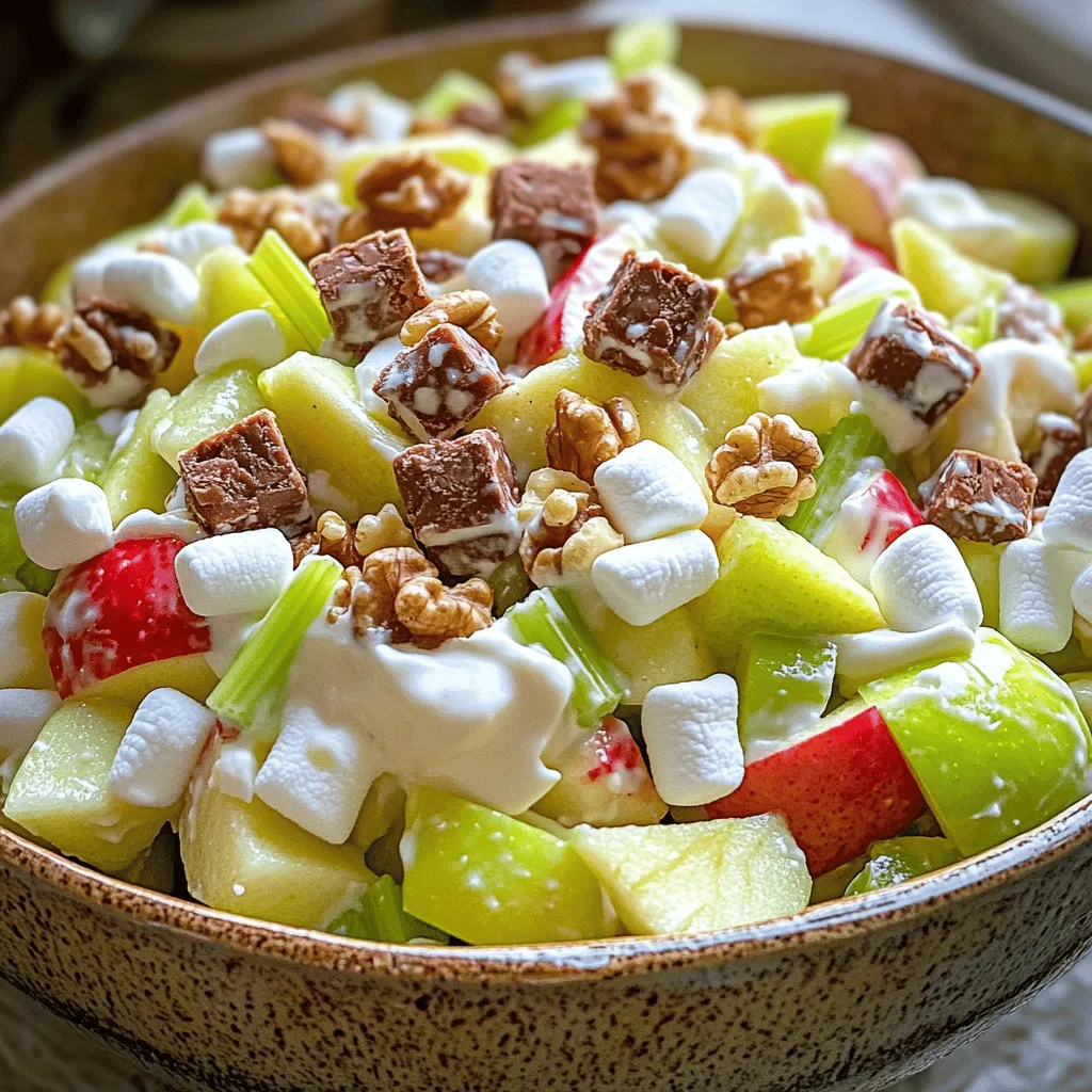 Für den Snickers Apfel-Salat benötigen Sie: - 4 mittelgroße Äpfel (Granny Smith oder Honeycrisp), gewürfelt - 1 Tasse Snickers-Riegel, gehackt (ca. 4-5 Riegel) - 1 Tasse gehackter Sellerie - 1 Tasse Mini-Marshmallows - 1 Tasse Schlagsahne (wie Cool Whip) - ½ Tasse griechischer Joghurt (in Vanille für zusätzliche Süße) - ¼ Tasse gehackte Walnüsse oder Pekannüsse (optional) - 2 Esslöffel Zitronensaft Wählen Sie frische Äpfel für den besten Geschmack. Granny Smith bietet eine tolle Säure. Honeycrisp hat eine süße Note. Diese Kombination macht den Salat spannend. Achten Sie auch auf die Snickers-Riegel. Sie sollten weich und frisch sein. Dies sorgt für eine gute Textur. Verwenden Sie frischen Sellerie. Er gibt einen tollen Crunch. Mini-Marshmallows bringen Süße und eine weiche Textur. Wenn Sie Nüsse hinzufügen, wählen Sie geröstete für mehr Geschmack. Diese kleinen Details machen einen großen Unterschied. Der Snickers Apfel-Salat hat einige nützliche Nährstoffe. Äpfel sind eine gute Quelle für Ballaststoffe. Sie helfen der Verdauung und halten Sie satt. Snickers-Riegel fügen Zucker und Energie hinzu. Achten Sie auf die Portionsgröße. Schlagsahne und griechischer Joghurt bieten Proteine. Joghurt bringt auch Probiotika, die gut für den Magen sind. Insgesamt ist dieser Salat ein leckerer Genuss. Genießen Sie ihn als Dessert oder Snack. Zuerst nimmst du die Äpfel. Ich empfehle Granny Smith oder Honeycrisp. Diese Äpfel sind knackig und süß. Schneide die Äpfel in kleine Würfel. Das macht den Salat einfach zu essen. Gib die gewürfelten Äpfel in eine große Schüssel. Drücke dann etwas Zitronensaft darüber. Das hilft, die Äpfel frisch zu halten. Der Zitronensaft verhindert, dass die Äpfel braun werden. Jetzt füge die anderen Zutaten hinzu. Gib die gehackten Snickers-Riegel dazu. Diese geben dem Salat einen süßen und schokoladigen Geschmack. Füge auch den gehackten Sellerie hinzu. Der Sellerie gibt einen schönen Crunch. Dann kommen die Mini-Marshmallows ins Spiel. Sie machen den Salat fluffig und süß. Wenn du Nüsse magst, füge die gehackten Walnüsse oder Pekannüsse hinzu. Mische alles vorsichtig, damit die Zutaten gut verteilt sind. In einer anderen Schüssel nimm die Schlagsahne und den griechischen Joghurt. Ich benutze Vanillejoghurt für mehr Süße. Rühre die beiden gut zusammen, bis die Mischung gleichmäßig ist. Diese Mischung macht den Salat cremig und lecker. Jetzt ist es Zeit, die Joghurt-Schlagsahne-Mischung unter die Apfel- und Snickers-Mischung zu heben. Mach das vorsichtig, damit alles gleichmäßig bedeckt ist. Wenn alles gut vermischt ist, lass den Salat für mindestens 30 Minuten im Kühlschrank. So können sich die Aromen perfekt verbinden. Frische Zutaten machen den Salat lebendig. Ich empfehle, knackige Äpfel wie Granny Smith oder Honeycrisp zu verwenden. Sie geben einen tollen Geschmack. Eingelegte Zutaten können den Salat weich machen. Das wollen wir vermeiden. Wenn du frische Zutaten nimmst, bleibt der Salat lange frisch und lecker. Lass den Salat mindestens 30 Minuten im Kühlschrank. Das hilft den Aromen, sich gut zu vermischen. Wenn du ihn länger kühlst, wird er noch besser. Serviere den Salat in kleinen Schalen oder einer großen Schüssel. Garniere ihn mit extra Snickers oder Nüssen obenauf. Das sieht toll aus und macht Spaß! Ein häufiger Fehler ist, die Äpfel nicht mit Zitronensaft zu behandeln. Der Zitronensaft verhindert, dass die Äpfel braun werden. Achte darauf, die Joghurt-Schlagsahne-Mischung vorsichtig unterzuheben. Wenn du zu fest rührst, wird der Salat matschig. Verwende frische Zutaten für den besten Geschmack. {{image_4}} Du kannst die Äpfel nach deinem Geschmack wählen. Granny Smith gibt einen tollen Frischekick. Honeycrisp sind süßer und saftiger. Du kannst auch Birnen verwenden, wenn du etwas anderes möchtest. Statt Sellerie kannst du auch Karotten benutzen. Das bringt eine süße Note und Knackigkeit. Wenn du keine Snickers magst, probiere andere Schokoriegel. Mars oder Twix sind ebenfalls köstlich. Du kannst auch Kekse zerkleinern. Oreo-Stücke sorgen für einen tollen Crunch. Wenn du es fruchtiger magst, füge getrocknete Früchte wie Cranberries oder Aprikosen hinzu. Im Herbst kannst du Zimt oder Muskatnuss hinzufügen. Das gibt dem Salat eine warme Note. Im Sommer sind frische Beeren eine leckere Ergänzung. Erdbeeren oder Himbeeren passen wunderbar zu den Äpfeln. Im Winter kannst du geröstete Nüsse für mehr Geschmack und Textur verwenden. Um den Snickers Apfel-Salat frisch zu halten, lagere ihn im Kühlschrank. Du solltest ihn in einem luftdichten Behälter aufbewahren. So bleibt der Salat knackig und die Aromen frisch. Vermeide es, ihn in einer offenen Schüssel zu lassen. Die Luft macht die Zutaten schnell matschig. Der Salat bleibt im Kühlschrank etwa drei Tage frisch. Nach dieser Zeit können die Äpfel weich werden. Die anderen Zutaten verlieren auch ihren Geschmack. Wenn du ihn länger aufbewahren möchtest, ist es besser, frische Zutaten zu verwenden und erst kurz vor dem Servieren zu mischen. Einfrieren ist keine gute Idee für diesen Salat. Die Äpfel und die Sahne verändern ihre Textur beim Auftauen. Der Salat könnte dann wässrig und matschig werden. Am besten machst du ihn frisch und genießt ihn gleich. So hast du den besten Geschmack und die beste Textur. Snickers Apfel-Salat ist ein leckerer und süßer Salat. Er vereint Äpfel, Snickers-Riegel und Sahne. Der Salat ist einfach zuzubereiten und macht Spaß. Man kann ihn als Dessert oder Snack servieren. Die Kombination aus knackigen Äpfeln und süßen Snickers ist unwiderstehlich. Ja, du kannst den Salat im Voraus machen. Das ist eine gute Idee, besonders für Feste. Bereite den Salat bis zu einem Tag vorher zu. Stelle sicher, dass du ihn im Kühlschrank lagerst. Die Aromen können so besser durchziehen. Lass den Salat vor dem Servieren etwas abkühlen. Zusätzliche Toppings machen den Salat noch besser. Du kannst mehr gehackte Snickers oben drauf geben. Walnüsse oder Pekannüsse bringen Crunch. Ein Spritzer Karamellsauce macht ihn süßer. Auch ein Hauch von Zimt kann gut passen. Sei kreativ und probiere verschiedene Toppings aus! Dieser Blogbeitrag bietet eine umfassende Anleitung für Snickers Apfel-Salat. Wir haben die wichtigen Zutaten, Zubereitungsschritte und es war wichtig, nützliche Tipps zu behandeln. Besonders spannend sind die Variationen und Lagerhinweise, die dir helfen, den Salat frisch zu halten. Insgesamt ist dieser Salat eine leckere und kreative Speise für viele Anlässe. Nutze die Tipps, um dein Rezept anzupassen und zu perfektionieren. So wird jeder Biss ein Genuss. Du kannst sicher sein, dass auch deine Familie und Freunde begeistert sein werden!